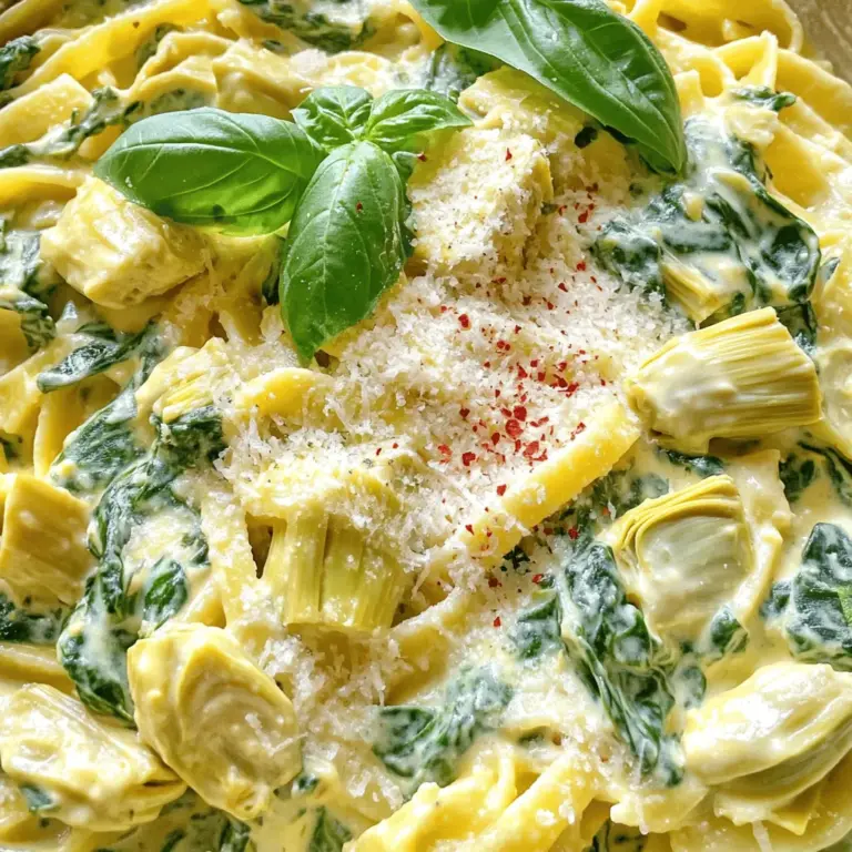 - 225 g Pasta nach Wahl - 1 Tasse frischer Spinat - 1 Tasse Artischockenherzen - 1 Tasse Frischkäse - 120 ml Sahne Die Hauptzutaten sind einfach zu finden. Du kannst jede Pasta verwenden, die du magst. Fettuccine oder Penne sind besonders gut. Frischer Spinat ist wichtig, weil er den Geschmack hebt. Artischockenherzen sorgen für eine tolle Textur. Frischkäse macht die Sauce cremig und reichhaltig. Sahne bringt die perfekte Konsistenz. - 1 Esslöffel Olivenöl - Zerstoßene rote Chiliflocken (optional) - Salz und Pfeffer nach Geschmack Die Gewürze bringen das Gericht zum Leben. Olivenöl gibt einen feinen Geschmack. Wenn du es scharf magst, sind Chiliflocken eine gute Wahl. Salz und Pfeffer sind essenziell, um die Aromen zu betonen. - Frische Basilikumblätter Basilikum ist das Tüpfelchen auf dem i. Es bringt Frische und Farbe auf den Teller. Das Auge isst mit, und grüne Blätter machen das Gericht einladend. Für die vollständige Anleitung schau dir das Rezept „Cremige Spinat-Artischocken-Pasta“ an. Um die Pasta perfekt zu kochen, bringe einen großen Topf mit Wasser zum Kochen. Füge eine Prise Salz hinzu. Gib die Pasta hinein und koche sie nach Anleitung auf der Verpackung. Ich empfehle, sie al dente zu kochen. Das bedeutet, sie sollte noch etwas Biss haben. Vor dem Abgießen, bewahre 120 ml des Pasta-Wassers auf. Lass die Pasta dann abtropfen und stelle sie beiseite. Erhitze in einer großen Pfanne 1 Esslöffel Olivenöl bei mittlerer Hitze. Füge 3 fein gehackte Knoblauchzehen hinzu und brate sie etwa 1 Minute lang, bis sie aromatisch sind. Achte darauf, dass der Knoblauch nicht anbrennt! Danach gib 1 Tasse grob gehackten frischen Spinat und 1 Tasse abgetropfte Artischockenherzen in die Pfanne. Koche die Mischung etwa 2-3 Minuten, bis der Spinat zusammenfällt. Reduziere die Hitze und füge 1 Tasse weichen Frischkäse und 120 ml Sahne in die Pfanne. Rühre alles gut um, bis eine cremige Mischung entsteht. Danach füge nach und nach 1 Tasse geriebenen Parmesan hinzu. Rühre weiter, bis der Käse schmilzt und die Sauce glatt ist. Sollte die Sauce zu dick sein, gebe nach und nach das aufbewahrte Pasta-Wasser hinzu, bis die gewünschte Konsistenz erreicht ist. Nun kannst du die gekochte Pasta in die Pfanne geben und alles gut vermengen. Schmecke mit zerstoßenen Chiliflocken, Salz und Pfeffer ab. Du wirst die Cremigkeit und den Geschmack lieben! Für mehr Details, schau dir das Full Recipe an. Um die perfekte Pasta zu kochen, gibt es ein paar einfache Regeln. Zuerst, benutze viel Wasser. Ein großer Topf hilft, die Pasta gleichmäßig zu garen. Fülle den Topf mit Wasser und bringe es zum Kochen. Dann füge Salz hinzu, etwa 1 Esslöffel pro Liter Wasser. Das gibt Geschmack. Koche die Pasta nach den Anweisungen auf der Verpackung. Al dente bedeutet, dass die Pasta leicht fest bleibt. Probiere sie ein paar Minuten vor dem Ende der Kochzeit. Wenn sie gut schmeckt, gieße das Wasser ab. Bewahre etwas Pasta-Wasser auf. Es hilft später, die Sauce zu verdünnen. Du kannst die Sauce für die cremige Spinach und Artichoke Pasta nach deinem Geschmack anpassen. Zum Beispiel, füge etwas Zitronensaft hinzu. Dieser bringt Frische und einen tollen Kontrast zur Cremigkeit. Eine weitere Idee ist, verschiedene Käsesorten zu verwenden. Feta oder Gouda können der Sauce einen neuen Geschmack geben. Auch frische Kräuter wie Petersilie oder Thymian sind lecker. Sie bringen Farbe und Frische in das Gericht. Für die perfekte Mahlzeit serviere die Pasta mit Beilagen, die gut passen. Ein frischer grüner Salat ist eine gute Wahl. Er bietet einen knackigen Kontrast zur cremigen Pasta. Ein gutes Brot, wie Baguette oder Focaccia, eignet sich auch gut. Es kann helfen, die Sauce aufzutunken. Was den Wein betrifft, so passt ein trockener Weißwein gut. Chardonnay oder Sauvignon Blanc ergänzen die Aromen der Pasta perfekt. Für die vollständige Rezeptanleitung schau dir das [Full Recipe] an. {{image_4}} Sie können das Rezept für cremige Spinat-Artischocken-Pasta leicht anpassen. Fügen Sie einfach weitere Gemüsesorten hinzu. Zucchini, Pilze oder Paprika passen gut. Diese bringen noch mehr Farbe und Geschmack. Schneiden Sie das Gemüse klein und braten Sie es mit dem Knoblauch an. Es wird köstlich! Möchten Sie mehr Protein? Fügen Sie Hähnchen oder Garnelen hinzu. Kochen Sie das Hähnchen zuerst in der Pfanne, bis es goldbraun ist. Dann nehmen Sie es heraus und lassen es ruhen. Fügen Sie die Garnelen in die Pfanne hinzu, bis sie rosa werden. Mischen Sie das Fleisch dann mit der Pasta. So wird Ihre Mahlzeit noch sättigender. Für eine glutenfreie Version wählen Sie glutenfreie Pasta. Diese gibt es in vielen Sorten, wie Reis- oder Linsenpasta. Kochen Sie sie nach Anleitung auf der Verpackung. Achten Sie darauf, die Sauce gut abzuschmecken. Glutenfreie Pasta kann manchmal einen anderen Geschmack haben. Sie können auch die gleiche cremige Sauce verwenden. So bleibt das Gericht lecker! Für das vollständige Rezept besuchen Sie bitte den Abschnitt [Full Recipe]. Um die cremige Spinach und Artichoke Pasta frisch zu halten, bewahre sie in einem luftdichten Behälter auf. Lass die Pasta zuerst auf Raumtemperatur abkühlen. So vermeidest du, dass sich Feuchtigkeit bildet. Du kannst die Pasta bis zu drei Tage im Kühlschrank lagern. Achte darauf, sie nicht zu lange stehen zu lassen. Frisch zubereitete Pasta schmeckt am besten. Wenn du die Pasta wieder aufwärmst, achte darauf, die Textur zu bewahren. Erhitze sie in einer Pfanne bei niedriger Hitze. Füge einen Schuss Sahne oder etwas Pasta-Wasser hinzu. Das hilft, die Sauce cremig zu halten. Rühre gut um, damit alles gleichmäßig warm wird. So bleibt der Geschmack frisch und lecker. Die Haltbarkeit dieser Pasta beträgt etwa drei Tage im Kühlschrank. Nach dieser Zeit kann die Qualität abnehmen. Überprüfe immer den Geruch und das Aussehen, bevor du sie isst. Wenn du die Pasta länger aufbewahren möchtest, friere sie ein. In einem gefrierfesten Behälter bleibt sie bis zu drei Monate frisch. So hast du immer eine leckere Mahlzeit parat. Um die Sauce reichhaltiger zu gestalten, füge ich oft mehr Käse hinzu. Du kannst auch etwas Mascarpone verwenden. Ein Spritzer Zitronensaft bringt Frische und hebt die Aromen. Auch geräucherter Paprika passt gut dazu. Ja, frische Zutaten sind immer eine tolle Wahl! Verwende frischen Spinat statt dem gefrorenen. Bei Artischocken greife auf frische oder eingelegte zurück. Diese Optionen bringen mehr Geschmack. Achte darauf, frische Artischocken gut zu reinigen und zu kochen, damit sie zart sind. Fettuccine und Penne sind die besten Optionen für dieses Gericht. Fettuccine hält die Sauce gut fest. Penne bietet eine schöne Textur, die sich perfekt mit der cremigen Sauce verbindet. Du kannst auch andere Pastaformen ausprobieren, die dir gefallen. Für das vollständige Rezept besuche die Seite mit dem [Full Recipe]. Zusammengefasst haben wir leckere Pasta mit Spinat und Artischocken zubereitet. Wir haben die Hauptzutaten, die Zubereitung und wertvolle Tipps für den perfekten Geschmack betrachtet. Denk daran, dass du mit Variationen und Garnierungen kreativer werden kannst. Lade Freunde ein, um die köstlichen Aromen zu teilen. Probiere es aus und genieße dein selbstgemachtes Gericht!