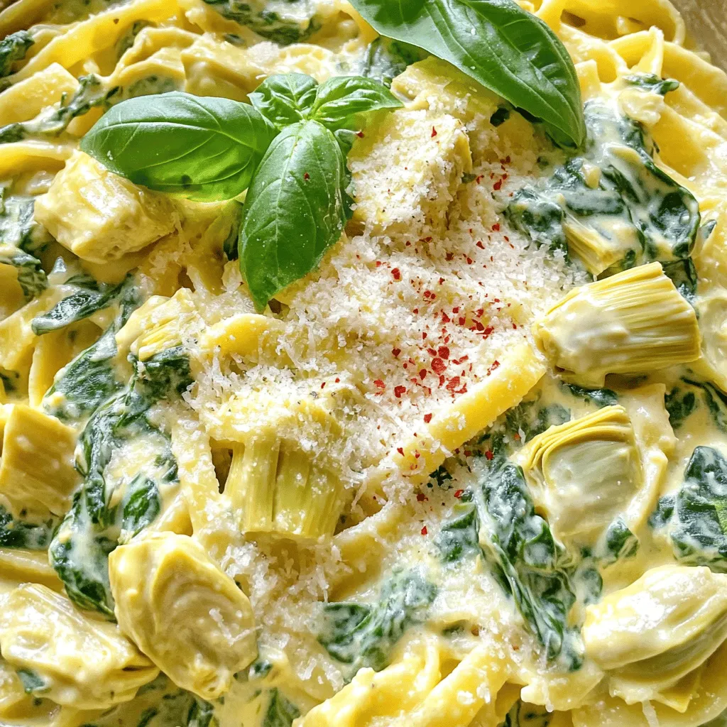 - 225 g Pasta nach Wahl - 1 Tasse frischer Spinat - 1 Tasse Artischockenherzen - 1 Tasse Frischkäse - 120 ml Sahne Die Hauptzutaten sind einfach zu finden. Du kannst jede Pasta verwenden, die du magst. Fettuccine oder Penne sind besonders gut. Frischer Spinat ist wichtig, weil er den Geschmack hebt. Artischockenherzen sorgen für eine tolle Textur. Frischkäse macht die Sauce cremig und reichhaltig. Sahne bringt die perfekte Konsistenz. - 1 Esslöffel Olivenöl - Zerstoßene rote Chiliflocken (optional) - Salz und Pfeffer nach Geschmack Die Gewürze bringen das Gericht zum Leben. Olivenöl gibt einen feinen Geschmack. Wenn du es scharf magst, sind Chiliflocken eine gute Wahl. Salz und Pfeffer sind essenziell, um die Aromen zu betonen. - Frische Basilikumblätter Basilikum ist das Tüpfelchen auf dem i. Es bringt Frische und Farbe auf den Teller. Das Auge isst mit, und grüne Blätter machen das Gericht einladend. Für die vollständige Anleitung schau dir das Rezept „Cremige Spinat-Artischocken-Pasta“ an. Um die Pasta perfekt zu kochen, bringe einen großen Topf mit Wasser zum Kochen. Füge eine Prise Salz hinzu. Gib die Pasta hinein und koche sie nach Anleitung auf der Verpackung. Ich empfehle, sie al dente zu kochen. Das bedeutet, sie sollte noch etwas Biss haben. Vor dem Abgießen, bewahre 120 ml des Pasta-Wassers auf. Lass die Pasta dann abtropfen und stelle sie beiseite. Erhitze in einer großen Pfanne 1 Esslöffel Olivenöl bei mittlerer Hitze. Füge 3 fein gehackte Knoblauchzehen hinzu und brate sie etwa 1 Minute lang, bis sie aromatisch sind. Achte darauf, dass der Knoblauch nicht anbrennt! Danach gib 1 Tasse grob gehackten frischen Spinat und 1 Tasse abgetropfte Artischockenherzen in die Pfanne. Koche die Mischung etwa 2-3 Minuten, bis der Spinat zusammenfällt. Reduziere die Hitze und füge 1 Tasse weichen Frischkäse und 120 ml Sahne in die Pfanne. Rühre alles gut um, bis eine cremige Mischung entsteht. Danach füge nach und nach 1 Tasse geriebenen Parmesan hinzu. Rühre weiter, bis der Käse schmilzt und die Sauce glatt ist. Sollte die Sauce zu dick sein, gebe nach und nach das aufbewahrte Pasta-Wasser hinzu, bis die gewünschte Konsistenz erreicht ist. Nun kannst du die gekochte Pasta in die Pfanne geben und alles gut vermengen. Schmecke mit zerstoßenen Chiliflocken, Salz und Pfeffer ab. Du wirst die Cremigkeit und den Geschmack lieben! Für mehr Details, schau dir das Full Recipe an. Um die perfekte Pasta zu kochen, gibt es ein paar einfache Regeln. Zuerst, benutze viel Wasser. Ein großer Topf hilft, die Pasta gleichmäßig zu garen. Fülle den Topf mit Wasser und bringe es zum Kochen. Dann füge Salz hinzu, etwa 1 Esslöffel pro Liter Wasser. Das gibt Geschmack. Koche die Pasta nach den Anweisungen auf der Verpackung. Al dente bedeutet, dass die Pasta leicht fest bleibt. Probiere sie ein paar Minuten vor dem Ende der Kochzeit. Wenn sie gut schmeckt, gieße das Wasser ab. Bewahre etwas Pasta-Wasser auf. Es hilft später, die Sauce zu verdünnen. Du kannst die Sauce für die cremige Spinach und Artichoke Pasta nach deinem Geschmack anpassen. Zum Beispiel, füge etwas Zitronensaft hinzu. Dieser bringt Frische und einen tollen Kontrast zur Cremigkeit. Eine weitere Idee ist, verschiedene Käsesorten zu verwenden. Feta oder Gouda können der Sauce einen neuen Geschmack geben. Auch frische Kräuter wie Petersilie oder Thymian sind lecker. Sie bringen Farbe und Frische in das Gericht. Für die perfekte Mahlzeit serviere die Pasta mit Beilagen, die gut passen. Ein frischer grüner Salat ist eine gute Wahl. Er bietet einen knackigen Kontrast zur cremigen Pasta. Ein gutes Brot, wie Baguette oder Focaccia, eignet sich auch gut. Es kann helfen, die Sauce aufzutunken. Was den Wein betrifft, so passt ein trockener Weißwein gut. Chardonnay oder Sauvignon Blanc ergänzen die Aromen der Pasta perfekt. Für die vollständige Rezeptanleitung schau dir das [Full Recipe] an. {{image_4}} Sie können das Rezept für cremige Spinat-Artischocken-Pasta leicht anpassen. Fügen Sie einfach weitere Gemüsesorten hinzu. Zucchini, Pilze oder Paprika passen gut. Diese bringen noch mehr Farbe und Geschmack. Schneiden Sie das Gemüse klein und braten Sie es mit dem Knoblauch an. Es wird köstlich! Möchten Sie mehr Protein? Fügen Sie Hähnchen oder Garnelen hinzu. Kochen Sie das Hähnchen zuerst in der Pfanne, bis es goldbraun ist. Dann nehmen Sie es heraus und lassen es ruhen. Fügen Sie die Garnelen in die Pfanne hinzu, bis sie rosa werden. Mischen Sie das Fleisch dann mit der Pasta. So wird Ihre Mahlzeit noch sättigender. Für eine glutenfreie Version wählen Sie glutenfreie Pasta. Diese gibt es in vielen Sorten, wie Reis- oder Linsenpasta. Kochen Sie sie nach Anleitung auf der Verpackung. Achten Sie darauf, die Sauce gut abzuschmecken. Glutenfreie Pasta kann manchmal einen anderen Geschmack haben. Sie können auch die gleiche cremige Sauce verwenden. So bleibt das Gericht lecker! Für das vollständige Rezept besuchen Sie bitte den Abschnitt [Full Recipe]. Um die cremige Spinach und Artichoke Pasta frisch zu halten, bewahre sie in einem luftdichten Behälter auf. Lass die Pasta zuerst auf Raumtemperatur abkühlen. So vermeidest du, dass sich Feuchtigkeit bildet. Du kannst die Pasta bis zu drei Tage im Kühlschrank lagern. Achte darauf, sie nicht zu lange stehen zu lassen. Frisch zubereitete Pasta schmeckt am besten. Wenn du die Pasta wieder aufwärmst, achte darauf, die Textur zu bewahren. Erhitze sie in einer Pfanne bei niedriger Hitze. Füge einen Schuss Sahne oder etwas Pasta-Wasser hinzu. Das hilft, die Sauce cremig zu halten. Rühre gut um, damit alles gleichmäßig warm wird. So bleibt der Geschmack frisch und lecker. Die Haltbarkeit dieser Pasta beträgt etwa drei Tage im Kühlschrank. Nach dieser Zeit kann die Qualität abnehmen. Überprüfe immer den Geruch und das Aussehen, bevor du sie isst. Wenn du die Pasta länger aufbewahren möchtest, friere sie ein. In einem gefrierfesten Behälter bleibt sie bis zu drei Monate frisch. So hast du immer eine leckere Mahlzeit parat. Um die Sauce reichhaltiger zu gestalten, füge ich oft mehr Käse hinzu. Du kannst auch etwas Mascarpone verwenden. Ein Spritzer Zitronensaft bringt Frische und hebt die Aromen. Auch geräucherter Paprika passt gut dazu. Ja, frische Zutaten sind immer eine tolle Wahl! Verwende frischen Spinat statt dem gefrorenen. Bei Artischocken greife auf frische oder eingelegte zurück. Diese Optionen bringen mehr Geschmack. Achte darauf, frische Artischocken gut zu reinigen und zu kochen, damit sie zart sind. Fettuccine und Penne sind die besten Optionen für dieses Gericht. Fettuccine hält die Sauce gut fest. Penne bietet eine schöne Textur, die sich perfekt mit der cremigen Sauce verbindet. Du kannst auch andere Pastaformen ausprobieren, die dir gefallen. Für das vollständige Rezept besuche die Seite mit dem [Full Recipe]. Zusammengefasst haben wir leckere Pasta mit Spinat und Artischocken zubereitet. Wir haben die Hauptzutaten, die Zubereitung und wertvolle Tipps für den perfekten Geschmack betrachtet. Denk daran, dass du mit Variationen und Garnierungen kreativer werden kannst. Lade Freunde ein, um die köstlichen Aromen zu teilen. Probiere es aus und genieße dein selbstgemachtes Gericht!