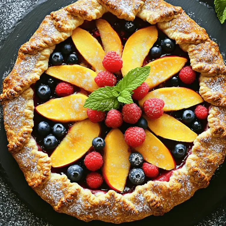 Für die Pfirsich- und Beeren-Galette benötigst du einige wichtige Zutaten. Diese sorgen dafür, dass dein Dessert lecker und frisch schmeckt. Hier sind die Hauptzutaten: - 2 reife Pfirsiche, in Scheiben geschnitten - 1 Tasse gemischte Beeren (Erdbeeren, Heidelbeeren, Himbeeren) - 2 Esslöffel Zucker (geteilt) - 1 Esslöffel Maisstärke - 1 Teelöffel Vanilleextrakt - 1 Teelöffel Zitronensaft - 1 fertiger Pizzateig (gekauft oder selbstgemacht) - 1 Ei, verquirlt (für den Eierwasch) - Prise Salz Diese Zutaten sind einfach zu finden und bringen die Frische der Früchte zur Geltung. Für eine hübsche Garnierung kannst du ein paar zusätzliche Zutaten verwenden. Sie machen die Galette noch ansprechender. Hier sind einige Optionen: - Frische Minzblätter zum Garnieren - Eine Kugel Vanilleeis für extra Genuss - Ein Hauch von Puderzucker für Süße Diese Optionen machen dein Dessert schön und lecker. Die Auswahl der Früchte ist sehr wichtig. Frische und reife Früchte schmecken besser. Ich empfehle, Pfirsiche und Beeren in der Saison zu kaufen. Achte darauf, dass: - Die Pfirsiche weich und süß sind, aber nicht überreif. - Die Beeren frisch und prall sind, ohne Druckstellen. Frische Früchte machen den größten Unterschied. Wenn du die besten Früchte auswählst, wirst du eine köstliche Galette bekommen. Du kannst die komplette Anleitung für die Zubereitung und das Backen in der [Full Recipe] finden. Heizen Sie Ihren Ofen auf 200 °C vor. Dies ist wichtig, um eine schöne, knusprige Kruste zu erzielen. Während der Ofen aufheizt, schneiden Sie die Pfirsiche in dünne Scheiben. Geben Sie die Pfirsiche und die gemischten Beeren in eine große Schüssel. Fügen Sie 1 Esslöffel Zucker, Maisstärke, Vanilleextrakt und Zitronensaft hinzu. Mischen Sie alles gut. Lassen Sie die Mischung etwa 10 bis 15 Minuten ruhen. In dieser Zeit ziehen die Aromen in die Früchte ein. Nehmen Sie den fertigen Pizzateig. Rollen Sie ihn auf einer leicht bemehlten Fläche aus. Machen Sie einen groben Kreis von etwa 30 cm Durchmesser. Achten Sie darauf, dass der Teig nicht zu dick ist. Übertragen Sie den Teig auf ein mit Backpapier ausgelegtes Backblech. Löffeln Sie die Fruchtmischung in die Mitte des Teiges. Lassen Sie dabei einen Rand von etwa 5 cm. Falten Sie die Ränder des Teigs über die Fruchtfüllung. Dies gibt der Galette ein rustikales Aussehen. Drücken Sie die Ränder leicht an, um sie zu versiegeln. Bestreichen Sie den freiliegenden Teig mit dem verquirlten Ei. Das sorgt für eine goldene Farbe. Streuen Sie den restlichen Esslöffel Zucker über die Ränder. Backen Sie die Galette dann 30 bis 35 Minuten lang. Achten Sie darauf, dass die Kruste goldbraun und die Früchte sprudelnd sind. Lassen Sie die Galette nach dem Backen etwa 10 Minuten abkühlen. So kann sie sich setzen und schneiden lässt sie sich besser. Die richtige Backzeit ist wichtig für die Galette. Ich empfehle eine Temperatur von 200 °C. Backen Sie die Galette 30 bis 35 Minuten lang. Achten Sie darauf, dass die Kruste goldbraun ist. Die Früchte sollten sprudelnd sein. Wenn die Kruste zu schnell bräunt, decken Sie sie mit Alufolie ab. Um die perfekte Kruste zu erzielen, verwenden Sie kalte Zutaten. Kalte Butter und kaltes Wasser helfen, die Kruste knusprig zu machen. Rollen Sie den Teig nicht zu dünn aus. Ein dickerer Teig hält die Füllung besser. Lassen Sie den Teig nach dem Ausrollen 15 Minuten ruhen. So bleibt er formstabil und lässt sich leichter handhaben. Servieren Sie die Galette warm oder bei Zimmertemperatur. Eine Kugel Vanilleeis passt perfekt dazu. Frische Minzblätter verleihen einen schönen Kontrast. Sie können auch einen Spritzer Zitronensaft über die Galette geben. Das hebt die Aromen der Früchte hervor. Ein Schuss Sahne macht das Dessert noch reichhaltiger. {{image_4}} Eine Galette ist sehr flexibel. Du kannst jede Frucht verwenden, die dir gefällt. Im Sommer bieten sich frische Pfirsiche und Beeren an. Im Herbst kann man Äpfel und Birnen verwenden. Im Winter sind Zitrusfrüchte wie Orangen oder Grapefruits toll. Im Frühling kannst du Rhabarber und Erdbeeren kombinieren. Experimentiere mit verschiedenen Früchten und finde deine Lieblingskombination! Wenn du eine vegane Galette machen möchtest, gibt es einfache Alternativen. Statt Ei kannst du Pflanzenmilch verwenden. Soja-, Mandel- oder Hafermilch eignen sich gut. Du kannst auch etwas Ahornsirup oder Pflanzensahne für Glanz und Farbe nutzen. Diese Optionen geben der Galette ein schönes Aussehen, ohne tierische Produkte zu verwenden. Für eine glutenfreie Galette kannst du spezielle glutenfreie Mehle nutzen. Reismehl, Mandelmehl oder eine glutenfreie Mehlmischung funktionieren gut. Achte darauf, die Mengen anzupassen, da glutenfreies Mehl anders reagiert. Du kannst auch fertige glutenfreie Teigoptionen kaufen. So kannst du die Galette auch ohne Gluten genießen. Die Rezepte und Ideen sind so vielfältig wie die Früchte selbst! Schau dir die vollständige Anleitung in der [Full Recipe] an und kreiere deine eigene leckere Galette. Um die Reste der Galette gut zu lagern, lasse sie abkühlen. Wickele sie dann in Frischhaltefolie oder lege sie in einen luftdichten Behälter. So bleiben die Aromen frisch und die Kruste knusprig. Du kannst die Galette auch in Stücke schneiden, um die Portionen zu erleichtern. Um die Galette wieder aufzuwärmen, heize den Ofen auf 180 °C. Lege die Stücke auf ein Backblech und backe sie für etwa 10-15 Minuten. Dies hilft, die Kruste wieder knusprig zu machen. Du kannst auch die Mikrowelle benutzen, aber die Kruste wird dabei weich. Die Galette hält sich im Kühlschrank etwa 3 bis 4 Tage. Achte darauf, sie gut zu verpacken, um das Austrocknen zu vermeiden. Wenn du sie länger aufbewahren möchtest, kannst du die Galette auch einfrieren. In einem luftdichten Behälter gefroren, bleibt sie bis zu 3 Monate gut. Um sie zu genießen, taue sie einfach im Kühlschrank auf und wärme sie wie oben beschrieben auf. Die Pfirsich- und Beeren-Galette bleibt im Kühlschrank etwa 3 bis 4 Tage frisch. Lagern Sie sie in einem luftdichten Behälter. So bleibt die Kruste knusprig und die Früchte saftig. Ich empfehle, sie bei Zimmertemperatur zu genießen. So schmeckt sie am besten. Ja, gefrorene Früchte sind eine tolle Option! Sie sind oft reif und süß, wenn sie gefroren werden. Achten Sie darauf, die Früchte vorher leicht abzutauen und das überschüssige Wasser abzugießen. Dies hilft, die Galette knusprig zu halten. Experimentieren Sie mit verschiedenen gefrorenen Beeren! Absolut! Der Teig der Galette ist sehr vielseitig. Sie können ihn mit Äpfeln, Birnen oder sogar herzhaften Füllungen wie Spinat und Feta füllen. Die Möglichkeiten sind endlos. Seien Sie kreativ und verwenden Sie, was Ihnen schmeckt. Der Teig bleibt immer lecker und einfach zu handhaben. Für das vollständige Rezept, schauen Sie sich die Anleitung zur Pfirsich- und Beeren-Galette an. Die Pfirsich- und Beeren-Galette ist einfach zuzubereiten und köstlich. Wir haben die wichtigen Zutaten, die besten Früchte und nützliche Tipps besprochen. Jeder Schritt, von der Vorbereitung bis zum perfekten Backen, spielt eine Rolle. Variationen und Aufbewahrungshinweise helfen dabei, die Galette noch besser zu machen. Mit diesen Tipps hast du alles, was du brauchst, um deine eigene Galette zu kreieren. Jetzt liegt es an dir, diese Leckerei auszuprobieren und deine Familie zu beeindrucken. Viel Spaß beim Backen!