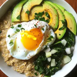 Hier ist die Liste der benötigten Zutaten für dein herzhaftes Frühstück: - 1 Tasse zarte Haferflocken - 2 Tassen Gemüsebrühe (oder Wasser) - 1 kleine Zwiebel, fein gehackt - 2 Knoblauchzehen, gehackt - 1 Tasse frischer Spinat, grob gehackt - 1 großes Ei - 1 Avocado, in Scheiben geschnitten - 1 Esslöffel Olivenöl - Salz und Pfeffer nach Geschmack - Rote Pfefferflocken (optional für etwas Schärfe) - Frische Kräuter zur Garnitur (wie Petersilie oder Schnittlauch) Jede Zutat bringt ihren eigenen Geschmack und Nährstoffe in das Gericht. Die Haferflocken sind die Basis und liefern Ballaststoffe. Gemüsebrühe gibt dem Haferbrei einen herzhaften Geschmack. Zwiebel und Knoblauch fügen Aroma hinzu, während Spinat eine gesunde grüne Note bringt. Das Ei sorgt für Protein und macht das Gericht sättigend. Avocado sorgt für Cremigkeit und gesunde Fette. Mit frischen Kräutern garnieren wir das Gericht, um es noch ansprechender zu machen. Wenn du mehr über die Zubereitung erfahren möchtest, schau dir das [Full Recipe] an. - Bringe Gemüsebrühe in einem mittelgroßen Topf zum Köcheln. - Gib die Haferflocken hinzu und koche sie für 5-7 Minuten. Rühre gelegentlich um, bis sie cremig sind. - Erhitze das Olivenöl in einer kleinen Pfanne bei mittlerer Hitze. - Füge die gehackte Zwiebel hinzu und brate sie 3-4 Minuten, bis sie glasig ist. - Gib den Knoblauch dazu und brate ihn 1 weitere Minute an. - Füge den Spinat hinzu und gare ihn 2-3 Minuten, bis er zusammenfällt. Würze mit Salz, Pfeffer und roten Pfefferflocken nach Geschmack. - Pochiere oder brate das Ei nach Wunsch. Ein Spiegelei sieht besonders gut aus. - Wenn die Haferflocken fertig sind, mische die angebratenen Gemüse unter. - Richte den herzhaften Haferbrei in Schalen an. Lege das Ei und die Avocadoscheiben darauf. Garniere mit frischen Kräutern. Für die vollständige Anleitung, siehe [Full Recipe]. Um eine cremige Textur zu erreichen, koche die Haferflocken in Gemüsebrühe. Die Brühe gibt mehr Geschmack als Wasser. Rühre die Haferflocken während des Kochens regelmäßig um. Das sorgt für eine gleichmäßige Konsistenz. Wenn du es noch cremiger magst, füge etwas mehr Brühe hinzu. Würze den Haferbrei mit Salz und Pfeffer. Du kannst auch rote Pfefferflocken verwenden, um etwas Schärfe hinzuzufügen. Frische Kräuter wie Petersilie oder Schnittlauch bringen Farbe und einen tollen Geschmack. Du kannst dein Ei auf verschiedene Arten zubereiten. Pochierte Eier sind sehr zart und passen gut zum Haferbrei. Sie sind einfach, wenn du sie richtig machst. Bring dazu Wasser in einem Topf zum Köcheln. Füge einen Schuss Essig hinzu. Schlage das Ei in eine Tasse und lasse es vorsichtig ins Wasser gleiten. Lass es 3-4 Minuten garen. Alternativ kannst du das Ei braten. Ein Spiegelei sieht toll aus und hat einen knusprigen Rand. Erhitze etwas Öl in einer Pfanne und brate das Ei, bis das Eigelb fest ist. Das gibt dir eine schöne Präsentation. Serviere den Haferbrei heiß in tiefen Schalen. Du kannst Avocadoscheiben darauflegen. Für einen frischen Kick, füge einen Spritzer Zitronensaft hinzu. Das sorgt für mehr Geschmack und einen schönen Farbkontrast. Überlege, zusätzlich etwas Feta oder geröstete Nüsse hinzuzufügen. Das gibt dem Gericht mehr Textur und einen neuen Geschmack. Frische Kräuter sind immer eine tolle Wahl, um das Gericht zu verfeinern. Wenn du mehr Ideen brauchst, schau dir das [Full Recipe] an. {{image_4}} Wenn du Eier vermeiden möchtest, gibt es tolle Optionen. Du kannst die Eier mit pflanzlichen Alternativen ersetzen. Tofu ist eine großartige Wahl. Er hat eine ähnliche Konsistenz und nimmt gut die Aromen auf. Du kannst ihn einfach anbraten und in den Haferbrei geben. Kichererbsen sind auch eine gute Wahl. Sie sind nahrhaft und geben dir einen schönen Biss. Zerdrücke sie etwas und mische sie unter den Haferbrei. So hast du ein leckeres, herzhaftes Gericht. Um den Geschmack zu intensivieren, kannst du Feta oder Käse hinzufügen. Beides schmilzt gut und macht den Haferbrei cremig. Du kannst auch verschiedene Gemüsesorten ausprobieren. Brokkoli bringt eine schöne Farbe und ist gesund. Paprika sorgt für Süße und Crunch. Zucchini ist leicht und gibt eine frische Note. Füge das Gemüse einfach in die Pfanne, während du die Zwiebeln und den Knoblauch anbrätst. Die Gewürze machen dein Gericht besonders. Du kannst asiatische oder mexikanische Geschmäcker hinzufügen. Sriracha bringt eine scharfe Note und passt gut zum Ei. Sojasauce gibt einen salzigen, umami Geschmack. Experimentiere mit diesen Aromen, um deinen Haferbrei zu verfeinern. Sei kreativ und finde heraus, was dir am besten schmeckt. Für das vollständige Rezept, schau dir [Full Recipe] an. Um Reste von herzhaftem Haferbrei mit Ei richtig zu lagern, solltest du ein paar einfache Tipps beachten. Verwende immer luftdichte Behälter. Diese helfen, die Frische zu bewahren. Stelle sicher, dass die Reste gut abgekühlt sind, bevor du sie verpackst. So vermeidest du Kondensation und eine matschige Konsistenz. Wie lange ist der Haferbrei haltbar? Im Kühlschrank bleibt er etwa 3-4 Tage frisch. Achte darauf, die Reste schnell zu kühlen. Wenn du ihn wieder aufwärmst, mache das sanft. Erhitze ihn in der Mikrowelle oder auf dem Herd. Füge etwas Brühe oder Wasser hinzu, um die Cremigkeit zu erhalten. Kann man Haferbrei einfrieren? Ja, das ist möglich! Fülle die Portionen in luftdichte Behälter oder Gefrierbeutel. Achte darauf, etwas Platz für die Ausdehnung zu lassen. Um ihn wieder aufzutauen, lege den gefrorenen Haferbrei in den Kühlschrank über Nacht. Für das Erwärmen kannst du die Mikrowelle oder den Herd verwenden. Füge nach Bedarf Flüssigkeit hinzu, um die beste Textur zu erzielen. Um herzhaften Haferbrei mit Ei zu machen, folge diesen Schritten: 1. Bringe 2 Tassen Gemüsebrühe in einem Topf zum Köcheln. 2. Füge 1 Tasse zarte Haferflocken hinzu und koche sie 5-7 Minuten. Rühre gelegentlich um. 3. Erhitze 1 Esslöffel Olivenöl in einer Pfanne. 4. Brate 1 kleine Zwiebel für 3-4 Minuten, bis sie glasig ist. 5. Füge 2 gehackte Knoblauchzehen hinzu und brate sie eine Minute lang. 6. Gib 1 Tasse grob gehackten Spinat in die Pfanne. Brate ihn 2-3 Minuten, bis er zusammenfällt. 7. Würze das Gemüse mit Salz, Pfeffer und optional roten Pfefferflocken. 8. Pochiere oder brate ein großes Ei in einer separaten Pfanne. 9. Mische das Gemüse unter die Haferflocken, wenn sie cremig sind. 10. Richte den Haferbrei in Schalen an. Toppe ihn mit dem Ei und 1 Avocado, die in Scheiben geschnitten ist. Für Beilagen und Toppings empfehle ich: - Frische Kräuter wie Petersilie oder Schnittlauch. - Feta oder geriebenen Käse für mehr Geschmack. - Ein Spritzer frischer Zitronensaft. - Rote Pfefferflocken für zusätzliche Schärfe. - Geröstete Nüsse oder Samen für einen Crunch. Ja, Haferbrei ist sehr gesund. Hier sind einige Vorteile: - Hafer enthält viele Ballaststoffe. Sie helfen der Verdauung. - Er hat viel Protein, was gut für den Körper ist. - Hafer hat geringe Kalorien und viel Energie. - Er kann den Blutzuckerspiegel stabil halten. - Spinat liefert Vitamine und Mineralstoffe. - Eier geben gesunde Fette und Proteine hinzu. Herzhaftes Haferbrei mit Ei ist ein einfaches und nahrhaftes Gericht, das viele Vorteile bietet. Du kannst das Rezept hier finden: [Full Recipe]. Zusammenfassend haben wir die Zutaten, die Zubereitung und hilfreiche Tipps für deinen herzhaften Haferbrei behandelt. Das Gericht ist einfach, gesund und anpassbar. Du kannst mit verschiedenen Aromen und Einlagen spielen. Egal, ob du vegetarisch oder vegan kochen möchtest, die Möglichkeiten sind vielfältig. Experimentiere mit frischen Kräutern oder Gewürzen, um deinen perfekten Haferbrei zu finden. Denke daran, übrig gebliebenen Haferbrei richtig zu lagern, um ihn länger genießen zu können. Du wirst die Abwechslung lieben!