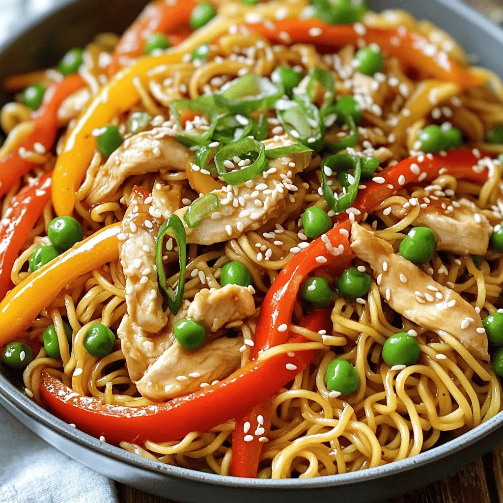 Für meine 15-Minute Chicken Stir Fry Noodles brauchst du folgende Zutaten: - 200g Eiernudeln - 300g Hähnchenbrust, dünn geschnitten - 1 Tasse bunte Paprika, in Streifen geschnitten - 1 Tasse Zuckerschoten, geputzt - 2 Frühlingszwiebeln, gehackt - 2 Knoblauchzehen, fein gehackt - 1 Esslöffel Ingwer, gerieben - 3 Esslöffel Sojasoße - 1 Esslöffel Austernsoße - 1 Esslöffel Sesamöl - 1 Esslöffel Pflanzenöl - Salz und Pfeffer nach Geschmack - Sesam zum Garnieren Frische Zutaten sind wichtig für den besten Geschmack. Wähle knackige Paprika und frische Zuckerschoten. Achte darauf, dass das Hähnchen rosa und weich ist. Verwende frische Knoblauchzehen und Ingwer. Sie bringen ein tolles Aroma. Du kannst auch die Frühlingszwiebeln frisch hacken. Das macht dein Gericht noch leckerer. Falls du Allergien hast, gibt es viele Ersatzstoffe. Für Eiernudeln kannst du glutenfreie Nudeln verwenden. Statt Sojasoße gibt es Tamari, die glutenfrei ist. Für Austernsoße gibt es pflanzliche Alternativen. Achte darauf, dass die Ersatzstoffe für deinen Diätplan passen. Du kannst auch mehr Gemüse wie Karotten oder Brokkoli hinzufügen. So bleibt das Gericht gesund und lecker. Um die Nudeln perfekt zu kochen, bringe einen großen Topf mit Wasser zum Kochen. Füge die Eiernudeln hinzu. Koche sie für etwa 4-5 Minuten. Überprüfe die Verpackung für die genaue Zeit. Wenn fertig, gieße sie ab und gib einen kleinen Schuss Sesamöl dazu. So bleiben die Nudeln nicht klebrig. Nutze die Zeit, um die anderen Zutaten vorzubereiten. So sparst du Zeit später. Für das Hähnchen erhitze Pflanzenöl in einer großen Pfanne. Warte, bis das Öl heiß ist. Füge die dünn geschnittene Hähnchenbrust hinzu. Würze leicht mit Salz und Pfeffer. Brate das Hähnchen 3-4 Minuten lang an. Achte darauf, dass es komplett durchgegart ist. Es sollte keine rosa Farbe mehr sichtbar sein. Wenn fertig, nimm das Hähnchen aus der Pfanne und stelle es beiseite. In die gleiche Pfanne, füge etwas mehr Öl hinzu, falls nötig. Dann kommen der gehackte Knoblauch und der geriebene Ingwer. Brate sie 30 Sekunden an, bis sie duften. Füge die geschnittene Paprika hinzu und brate alles 2 Minuten. Danach kommen die Zuckerschoten dazu. Koche das Gemüse noch eine Minute, bis es leuchtend aussieht. Jetzt ist es Zeit, das Hähnchen zurück in die Pfanne zu geben. Gieße die Sojasoße und die Austernsoße darüber. Vermische alles gut. Schließlich füge die gekochten Nudeln hinzu und hebe sie vorsichtig unter. So sind die Nudeln gut mit der Soße ummantelt. Um die beste Konsistenz für die Eiernudeln zu erreichen, koche sie nur kurz. Achte darauf, sie al dente zu lassen. Dann sind die Nudeln schön bissfest. Nach dem Kochen gieße das Wasser ab. Ein Schuss Sesamöl hilft, dass sie nicht kleben. Du kannst die Nudeln auch etwas in kaltem Wasser abspülen. So stoppt die Garung und sie bleiben frisch. Um den Geschmack der Hähnchen-Pfannennudeln zu verbessern, kannst du verschiedene Gewürze hinzufügen. Probiere etwas Chilipulver für eine würzige Note. Auch ein wenig Honig kann die Aromen süß und herzhaft balancieren. Frischer Koriander oder Basilikum geben dem Gericht einen tollen Duft. Experimentiere mit deinen Lieblingsgewürzen. So machst du das Gericht ganz persönlich. Eine schöne Garnierung macht die Pfannennudeln noch ansprechender. Verwende gehackte Frühlingszwiebeln für Frische und Farbe. Geröstete Sesamkörner bringen Crunch und ein tolles Aroma. Du kannst auch Limettenscheiben dazulegen. Ein Spritzer Limettensaft gibt dem Gericht einen frischen Kick. Mit diesen Garnierungen wird dein Essen zum Hingucker auf jedem Tisch. {{image_4}} Wenn du eine vegetarische Option suchst, ist Tofu perfekt. Du kannst festen Tofu verwenden. Schneide ihn in kleine Würfel und brate ihn goldbraun an. Das gibt ihm eine schöne Textur. Du kannst auch mehr Gemüse hinzufügen. Brokkoli, Karotten oder Zucchini sind tolle Optionen. Diese Zutaten bringen Farbe und Geschmack. Möchtest du mehr Protein? Garnelen sind eine schnelle Wahl. Sie brauchen nur 2-3 Minuten zum Garziehen. Rindfleisch ist ebenfalls eine gute Wahl. Verwende dünne Scheiben und brate sie scharf an. Beide Optionen passen gut zu den Nudeln. Sie bringen eine zusätzliche Tiefe in das Gericht. Du kannst das Rezept leicht anpassen. Für asiatische Einflüsse, füge Erdnüsse und frische Kräuter wie Koriander hinzu. Das gibt ein weiteres Aroma. Für mediterrane Einflüsse, verwende Feta und Oliven. Diese Zutaten verleihen dem Gericht einen neuen Twist. So bleibt das Gericht spannend und abwechslungsreich. Um übrig gebliebene Hähnchen-Pfannennudeln zu lagern, lassen Sie sie zuerst abkühlen. Füllen Sie die Nudeln in einen luftdichten Behälter. Stellen Sie sicher, dass der Behälter gut verschlossen ist. Bewahren Sie die Nudeln dann im Kühlschrank auf. Sie bleiben dort etwa 2-3 Tage frisch. Wenn Sie die Nudeln länger aufbewahren möchten, können Sie sie einfrieren. Teilen Sie die Portionen in kleinere Behälter auf. Achten Sie darauf, die Nudeln vollständig abzukühlen, bevor Sie sie einfrieren. So vermeiden Sie Eisbildung. Die gefrorenen Nudeln halten bis zu 2 Monate. Um die Nudeln aufzuwärmen, geben Sie sie in eine Pfanne oder Mikrowelle. Fügen Sie etwas Wasser oder Brühe hinzu, um sie feucht zu halten. Erhitzen Sie die Nudeln langsam, damit sie nicht austrocknen. Rühren Sie die Nudeln gut um, bis sie gleichmäßig warm sind. So bleibt der Geschmack frisch und lecker. Für das vollständige Rezept, schauen Sie sich die [Full Recipe] an. Um die Nudeln glutenfrei zu machen, verwende Reisnudeln oder Buchweizennudeln. Diese Alternativen schmecken gut und sind leicht zu finden. Achte darauf, die Kochzeit auf die Verpackungsanweisungen abzustimmen. Das sorgt für die perfekte Konsistenz. Du kannst auch glutenfreie Sojasoße nutzen, um den Geschmack zu erhalten. Die beste Sojasoße für dieses Rezept ist eine hochwertige, dunkle Sojasoße. Sie gibt dem Gericht mehr Tiefe und Geschmack. Achte darauf, eine Marke ohne Zusatzstoffe zu wählen. Wenn du eine mildere Sojasoße bevorzugst, wähle eine helle Variante. Diese hat einen sanfteren Geschmack und kann die anderen Aromen nicht überdecken. Die Reste der Hähnchen-Pfannennudeln halten sich bis zu drei Tage im Kühlschrank. Stelle sicher, dass du sie in einem luftdichten Behälter aufbewahrst. So bleibt der Geschmack frisch. Wenn du die Nudeln aufwärmst, füge etwas Wasser hinzu, um sie nicht trocken werden zu lassen. So wird das Gericht wieder lecker. Dieses Blogpost gibt Ihnen eine klare Anleitung zum perfekten Nudelgericht. Sie haben die besten Zutaten und Tipps zum Kochen gelernt. Wichtig sind frische Zutaten und geeignete Alternativen für Allergiker. Nutzen Sie einfache Tricks für tollen Geschmack und schöne Anrichtung. Variationen mit Tofu, Garnelen oder regionalen Einflüssen machen Ihr Gericht spannend. Lagern Sie Reste richtig, um Geschmack und Qualität zu bewahren. Mit diesen Tipps können Sie schnell und lecker kochen. Nutzen Sie Ihr Wissen und experimentieren Sie. Viel Spaß beim Kochen!