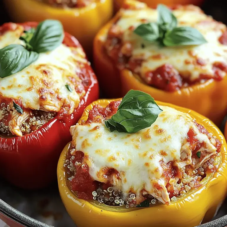 Für die Hühnchen Parmesan gefüllten Paprika brauchen Sie: - 4 große Paprika (rot, grün oder gelb) - 2 Tassen gekochtes Hühnchen, zerrupft (besonders gut eignet sich Brathühnchen) - 1 Tasse Marinara-Sauce - 1 Tasse gekochte Quinoa oder Reis - 1 Tasse geriebener Mozzarella-Käse - 1/2 Tasse geriebener Parmesan-Käse - 1 Teelöffel italienische Gewürzmischung - 1/2 Teelöffel Knoblauchpulver - Salz und Pfeffer nach Geschmack - Frische Basilikumblätter zur Garnierung (optional) Wählen Sie große, feste Paprika aus. Achten Sie darauf, dass sie keine Flecken haben. Rote, grüne und gelbe Paprika sind alle lecker. Jede Farbe hat ihren eigenen Geschmack. Rote Paprika sind süßer, während grüne Paprika etwas herber sind. Die Wahl hängt von Ihrem persönlichen Geschmack ab. Diese gefüllten Paprika sind schon sehr sättigend. Ein frischer grüner Salat passt gut dazu. Ein einfacher Rucola-Salat bringt Frische. Auch ein Stück gutes Brot kann dazu serviert werden. Für eine vollwertige Mahlzeit empfehle ich eine Beilage aus gedämpftem Gemüse. Das gibt Farbe und macht das Essen noch gesünder. Weitere Ideen finden Sie in der Full Recipe. Heize deinen Ofen auf 190°C vor. Nimm die großen Paprika und schneide die Oberseiten ab. Entferne die Samen und Rippen. Stelle die Paprika aufrecht in eine Auflaufform. Diese Form hilft, die Paprika stabil zu halten. In einer großen Schüssel mische das zerrupfte Hühnchen mit der Marinara-Sauce. Füge die gekochte Quinoa oder den Reis hinzu. Gib die Hälfte des Mozzarella-Käses, den Parmesan-Käse, die italienische Gewürzmischung und das Knoblauchpulver dazu. Würze mit Salz und Pfeffer. Rühre alles gut um, bis die Mischung gleichmäßig ist. Diese Mischung macht die Füllung saftig und aromatisch. Fülle jede Paprika gleichmäßig mit der Hühnchenmischung. Drücke die Mischung fest hinein. Bestreue die gefüllten Paprika mit dem restlichen Mozzarella-Käse. Decke die Auflaufform mit Aluminiumfolie ab und backe die Paprika im Ofen für 25 Minuten. Nach 25 Minuten entferne die Folie. Backe die Paprika für weitere 10 bis 15 Minuten. Achte darauf, dass der Käse blubbert und goldbraun wird. Nach dem Backen lasse die Paprika ein paar Minuten abkühlen, bevor du servierst. Für das vollständige Rezept, schau dir die [Full Recipe] an. Ein häufiger Fehler ist, die Paprika nicht richtig vorzubereiten. Entfernen Sie alle Samen und Rippen. So bleibt mehr Platz für die Füllung. Wenn Sie die Paprika nicht gut füllen, können sie beim Backen zusammenfallen. Drücken Sie die Mischung fest hinein. Zu viel Flüssigkeit in der Füllung kann das Gericht matschig machen. Achten Sie darauf, die Marinara-Sauce nicht zu übertreiben. Zu viel Salz kann den Geschmack verderben. Probieren Sie die Mischung vor dem Füllen. Eine goldene Käsekruste macht das Gericht besonders gut. Verwenden Sie frischen Mozzarella für besten Geschmack. Mischen Sie ihn mit Parmesan für mehr Tiefe. Streuen Sie den Käse kurz vor dem Backen auf die Paprika. Decken Sie die Form zuerst mit Folie ab. So schmilzt der Käse gleichmäßig. Entfernen Sie die Folie in den letzten Minuten. So erhält der Käse eine schöne Bräune. Ein Spritzer Olivenöl kann die Kruste noch knuspriger machen. Fügen Sie frische Kräuter zur Füllung hinzu. Basilikum oder Oregano passen sehr gut. Für einen scharfen Kick können Sie rote Pfefferflocken verwenden. Experimentieren Sie mit anderen Gemüsesorten, wie Zucchini oder Spinat. Sie können auch verschiedene Käsesorten ausprobieren, wie Cheddar oder Gouda. Für eine proteinreiche Option fügen Sie schwarze Bohnen hinzu. Diese Variationen machen das Gericht spannend und lecker. Besuchen Sie die Full Recipe für detailliertere Anweisungen. {{image_4}} Wenn Sie eine vegetarische Version der Hühnchen Parmesan gefüllte Paprika zubereiten möchten, gibt es viele leckere Möglichkeiten. Statt Hühnchen können Sie schwarze Bohnen, Kichererbsen oder Linsen verwenden. Diese Hülsenfrüchte bieten eine gute Proteinquelle und machen die Füllung herzhaft. Kombinieren Sie sie mit einer leckeren Marinara-Sauce und Quinoa oder Reis. So bleibt das Gericht nahrhaft und sättigend. Sie können die Füllung nach Ihrem Geschmack anpassen. Fügen Sie zum Beispiel gewürfelte Zucchini oder Spinat hinzu. Diese Gemüse bringen Farbe und zusätzliche Nährstoffe. Auch Feta-Käse oder Ricotta können eine interessante Note geben. Wenn Sie es scharf mögen, probieren Sie etwas frische Jalapeños oder rote Pfefferflocken. Diese Variationen machen das Gericht noch spannender. Der Käse ist wichtig für das Aroma der gefüllten Paprika. Neben Mozzarella können Sie auch andere Käsesorten verwenden. Gouda, Cheddar oder sogar Ziegenkäse bringen eigene Geschmäcker mit. Mischen Sie verschiedene Käsesorten für mehr Tiefe. Eine Kombination aus Parmesan und Mozzarella sorgt für eine tolle Kruste und Geschmack. Experimentieren Sie mit Käse, um Ihre perfekte Mischung zu finden. Für das Rezept und weitere Details, schauen Sie sich das [Full Recipe] an. Um Hühnchen Parmesan gefüllte Paprika frisch zu halten, lassen Sie sie zuerst abkühlen. Wickeln Sie die Paprika dann in Frischhaltefolie oder legen Sie sie in einen luftdichten Behälter. So bleibt der Geschmack und die Feuchtigkeit erhalten. Lagern Sie die gefüllten Paprika im Kühlschrank. Um die gefüllten Paprika wieder aufzuwärmen, nutzen Sie den Ofen. Heizen Sie ihn auf 175°C (350°F) vor. Legen Sie die Paprika in eine Auflaufform und decken Sie sie mit Aluminiumfolie ab. Backen Sie sie für etwa 20 Minuten. So bleibt der Käse schön cremig und der Geschmack intensiv. Im Kühlschrank sind die gefüllten Paprika bis zu drei Tage haltbar. Wenn Sie sie länger aufbewahren möchten, können Sie sie auch einfrieren. Wickeln Sie die Paprika gut ein und legen Sie sie in den Gefrierschrank. Dort halten sie bis zu drei Monate. Zum Auftauen lassen Sie sie einfach über Nacht im Kühlschrank. Für die vollständige Zubereitung, schauen Sie sich das [Full Recipe] an. Das Backen von gefüllten Paprika dauert insgesamt etwa 35 bis 40 Minuten. Zuerst backen Sie sie mit Folie für 25 Minuten. Dann entfernen Sie die Folie und backen sie weitere 10 bis 15 Minuten. So wird der Käse schön blubbert und goldbraun. Ja, Sie können frisches Hühnchen verwenden. Es ist wichtig, das Hühnchen vorher zu kochen. So stellen Sie sicher, dass es gut durchgegart ist. Gekochtes Hühnchen ist einfacher zu verarbeiten. Es hat auch die richtige Konsistenz für die Füllung. Zu diesen gefüllten Paprika passen viele Beilagen. Ein frischer grüner Salat ist eine tolle Wahl. Auch ein schönes Stück knuspriges Brot ergänzt das Gericht gut. Wenn Sie etwas Herzhaftes mögen, probieren Sie Reis oder Quinoa. Diese Beilagen runden das Essen perfekt ab. Zusammenfassend haben wir die wichtigsten Punkte für köstliche gefüllte Paprika besprochen. Wir schauten uns die Zutaten an, von der Paprika-Auswahl bis hin zu empfohlenen Beilagen. Die Schritt-für-Schritt-Anleitung machte das Kochen einfach. Tipps und Tricks halfen, häufige Fehler zu vermeiden und den Käse perfekt zu schmelzen. Variationen boten viel Raum für Kreativität. Denke immer daran, die gefüllten Paprika richtig zu lagern, damit du sie länger genießen kannst. Mit diesen Tipps kannst du leckere Gerichte zaubern und deine Freunde beeindrucken!
