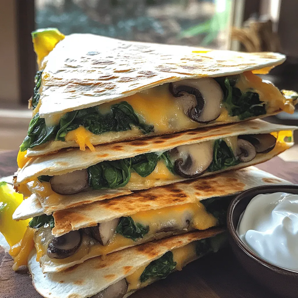 Für die Pilz- und Spinat-Quesadillas benötigst du: - 2 Tassen frischer Spinat, grob gehackt - 1 Tasse Pilze, in Scheiben geschnitten (z. B. Champignons oder Kräuterseitlinge) - 1 mittlere Zwiebel, gewürfelt - 2 Knoblauchzehen, fein gehackt - 1 Tasse geriebener Käse (z. B. Mozzarella oder Monterey Jack) - 4 große Weizentortillas - 2 Esslöffel Olivenöl - 1 Teelöffel gemahlener Kreuzkümmel - Salz und Pfeffer nach Geschmack - Optional: Sauerrahm oder Guacamole zum Servieren Frischer Spinat gibt einen tollen Geschmack. Er ist nährstoffreich und gesund. Achte darauf, dass die Pilze frisch sind. Champignons sind mild, während Kräuterseitlinge einen erdigeren Geschmack haben. Zwiebeln und Knoblauch verleihen Tiefe und Aroma. Olivenöl ist gut für das Braten. Verwende hochwertige Käsesorten für den besten Schmelz und Geschmack. Du kannst auch andere Gemüse hinzufügen, wie Paprika oder Zucchini. Der Käse spielt eine große Rolle in Quesadillas. Ich empfehle: - Mozzarella: Schmilzt gut und hat einen milden Geschmack. - Monterey Jack: Cremig und leicht würzig, perfekt für Quesadillas. - Cheddar: Gibt einen starken Geschmack, besonders wenn du ihn reif wählst. Experimentiere mit verschiedenen Käsesorten, um deinen Favoriten zu finden. Beginne mit der Füllung. Erhitze einen Esslöffel Olivenöl in einer großen Pfanne bei mittlerer Hitze. Füge dann die gewürfelte Zwiebel hinzu. Brate sie etwa 3 bis 4 Minuten, bis sie weich und durchscheinend ist. Jetzt kommt der fein gehackte Knoblauch. Rühre ihn für eine Minute unter. Dann sind die Pilze an der Reihe. Füge die geschnittenen Pilze hinzu und würze sie mit Salz, Pfeffer und Kreuzkümmel. Brate sie 5 bis 7 Minuten lang, bis sie weich sind. Die Pilze geben viel Geschmack ab. Danach füge den Spinat hinzu. Koche ihn 2 bis 3 Minuten, bis er zusammenfällt. Nimm die Mischung von der Hitze und stelle sie beiseite. Jetzt kommen die Quesadillas. Erhitze einen weiteren Esslöffel Olivenöl in einer sauberen Pfanne. Lege eine Tortilla hinein und streue ein Viertel des Käses auf eine Hälfte. Dann löffel ein Viertel der Pilz- und Spinatmischung darauf. Streue gleich noch ein Viertel Käse über die Füllung. Falte die Tortilla in der Mitte und drücke sie leicht an. Brate die Quesadilla 3 bis 4 Minuten auf einer Seite, bis sie goldbraun ist. Drehe sie vorsichtig um und brate die andere Seite ebenfalls 3 bis 4 Minuten. Nimm die Quesadilla aus der Pfanne und halte sie warm. Wiederhole dies mit den restlichen Zutaten, um insgesamt vier Quesadillas zuzubereiten. Schneide jede Quesadilla in Keile. Für die perfekte Bräunung achte darauf, die Hitze nicht zu hoch einzustellen. Zu hohe Hitze kann die Tortilla außen verbrennen, während der Käse innen nicht schmilzt. Benutze frische Tortillas für den besten Geschmack. Achte darauf, die Quesadillas nicht zu überfüllen; das sorgt für eine bessere Bräunung. Eine gute Kombination von Käsesorten kann die Quesadillas noch leckerer machen. Du kannst auch eine Grillplatte verwenden, um ein gleichmäßigeres Ergebnis zu erzielen. Wenn du diese Tipps befolgst, wirst du köstliche, goldbraune Quesadillas haben. Um leckere Pilz- und Spinat-Quesadillas zu machen, gibt es einige häufige Fehler. - Überfüllung der Tortillas: Füllen Sie die Tortillas nicht zu voll. Dadurch wird das Falten schwer. - Zu hohe Hitze: Kochen Sie die Quesadillas bei mittlerer Hitze. Zu hohe Hitze verbrennt die Außenseite schnell. - Unzureichendes Wenden: Wenden Sie die Quesadillas vorsichtig. Ein zu schnelles Wenden kann die Füllung herausdrücken. Diese Tipps helfen Ihnen, perfekte Quesadillas zu machen. Die richtigen Utensilien machen das Kochen einfacher. Hier sind meine Empfehlungen: - Antihaft-Pfanne: Eine gute Antihaft-Pfanne verhindert das Ankleben. - Spatel: Ein breiter Spatel hilft beim Wenden der Quesadillas. - Schneidebrett: Ein stabiles Schneidebrett erleichtert das Schneiden der Zutaten. Diese Utensilien machen das Kochen viel angenehmer. Wenn Sie wenig Zeit haben, probieren Sie diese schnellen Methoden: - Vorbereitete Zutaten: Kaufen Sie bereits geschnittene Pilze und gewaschenen Spinat. So sparen Sie Zeit. - Ein-Pfannen-Methode: Kochen Sie die Füllung in einer großen Pfanne. So sparen Sie Geschirr. - Mikrowelle: Sie können Tortillas kurz in der Mikrowelle erwärmen. So lassen sie sich leichter füllen. Diese Tipps helfen, die Zubereitung zu beschleunigen und die Quesadillas schnell auf den Tisch zu bringen. {{image_4}} Für vegane Quesadillas nutzen Sie pflanzlichen Käse. Es gibt viele Marken, die gut schmelzen. Statt Käse können Sie auch Cashew-Creme verwenden. Diese ist nussig und sehr cremig. Verwenden Sie auch Gemüsebrühe zum Anbraten. So vermeiden Sie Öl und fügen mehr Geschmack hinzu. Fügen Sie Avocado oder Paprika hinzu, um die Quesadillas bunter zu machen. Auch schwarze Bohnen sind eine gute Wahl. Sie erhöhen die Nährstoffe und machen das Gericht sättigender. Für einen scharfen Kick können Sie Jalapeños oder Chili hinzufügen. Diese sorgen für ein wenig Hitze und bringen mehr Geschmack. In Mexiko finden Sie Quesadillas oft mit verschiedenen Füllungen. Beliebt sind auch Käse, Hähnchen oder Rindfleisch. In einigen Regionen verwenden die Leute auch frische Kräuter wie Koriander oder Oregano. Dies gibt den Quesadillas eine besondere Note. Probieren Sie auch verschiedene Käsesorten aus verschiedenen Ländern. Cheddar oder Feta können neue Geschmäcker bringen. Entdecken Sie die vielen Möglichkeiten mit meiner Full Recipe! Wenn du Reste von deinen Quesadillas hast, warte, bis sie abgekühlt sind. Dadurch bleibt die Frische erhalten. Du kannst sie in einem luftdichten Behälter aufbewahren. So verhinderst du, dass sie trocken werden. Es ist wichtig, die Reste innerhalb von drei Tagen zu essen. Bewahre die Quesadillas im Kühlschrank auf. Lege zwischen jede Schicht Backpapier, damit sie nicht aneinander kleben. Dies hilft auch, die Füllung frisch zu halten. Stelle sicher, dass der Kühlschrank bei etwa 4 Grad Celsius oder kälter ist. So bleiben die Quesadillas länger gut. Um die Quesadillas wieder aufzuwärmen, benutze eine Pfanne. Erhitze sie bei mittlerer Hitze für etwa 3-4 Minuten pro Seite. So werden sie knusprig und lecker. Du kannst sie auch im Ofen auf 180 Grad Celsius backen. Das dauert etwa 10 Minuten. Das bringt den Käse wieder zum Schmelzen. Für mehr Details zu diesem Rezept, schau dir das Full Recipe an. Die Quesadillas sind frisch am besten. Sie halten sich jedoch im Kühlschrank etwa 3 Tage. Bewahren Sie sie in einem luftdichten Behälter auf, um die Frische zu erhalten. Wenn Sie sie länger aufbewahren möchten, können Sie sie auch einfrieren. In diesem Fall sind sie bis zu 2 Monate haltbar. Achten Sie darauf, sie gut einzupacken, um Gefrierbrand zu vermeiden. Ja, Sie können gefrorene Spinat- und Pilzprodukte verwenden. Achten Sie darauf, sie vorher gut abzutropfen. Gefrorenes Gemüse hat oft mehr Wasser, was die Quesadillas matschig machen kann. Daher ist es wichtig, die Flüssigkeit zu entfernen, bevor Sie die Füllung zubereiten. Es ist eine praktische Option, besonders außerhalb der Saison für frisches Gemüse. Zu diesen Quesadillas passen viele Beilagen gut. Hier sind einige Vorschläge: - Sauerrahm für einen cremigen Geschmack - Guacamole für eine frische Note - Salsa für etwas Schärfe - Ein einfacher grüner Salat für etwas Crunch - Reis als sättigende Beilage Probieren Sie verschiedene Kombinationen aus, um Ihre perfekte Mahlzeit zu finden! Für die vollständige Rezeptanleitung schauen Sie sich das Full Recipe an. In diesem Artikel haben wir die Zutaten und Zubereitung von Quesadillas behandelt. Diese köstlichen Speisen sind einfach und flexibel. Du lernst, wie man die Füllung zubereitet und die Quesadillas perfekt bräunt. Außerdem haben wir hilfreiche Tipps, Variationen und Lagerungshinweise gegeben. Denke daran, deinen kreativen Spielraum zu nutzen. Koche mit Freude und probiere verschiedene Zutaten aus. Es gibt keine falsche Wege, um Quesadillas zu genießen. Lass deiner Fantasie freien Lauf und schaffe dein ganz persönliches Gericht!