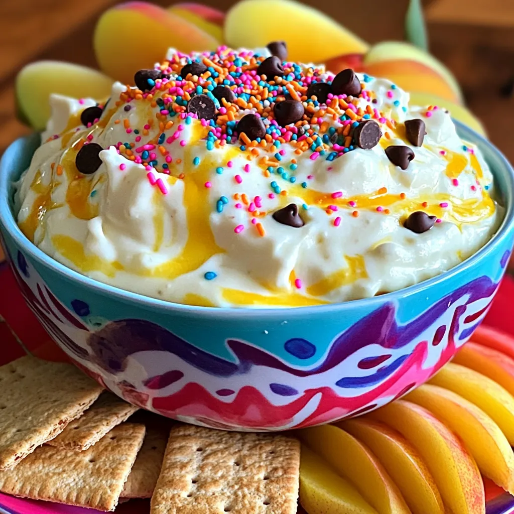 - 1 Tasse Vanillejoghurt - 1/2 Tasse Frischkäse, weich - 1/4 Tasse Puderzucker Die Hauptzutaten sind einfach und lecker. Vanillejoghurt gibt dem Dip seine Basis und sorgt für einen cremigen Geschmack. Der Frischkäse macht ihn schön dick und reichhaltig. Der Puderzucker bringt die Süße, die man für einen perfekten Dip braucht. - 1 Teelöffel Vanilleextrakt - 1/4 Teelöffel Mandelextrakt (optional) - 1/2 Tasse Streusel (Funfetti oder bunte) - 1 Esslöffel Schokoladenstückchen (zum Garnieren) - Graham Crackers, frische Früchte oder Kekse zum Dippen Zusätzlich zu den Hauptzutaten können Sie den Geschmack anpassen. Vanille- und Mandelextrakt bringen noch mehr Aroma. Streusel machen den Dip bunt und einladend. Schokoladenstückchen sind die süße Überraschung obendrauf. Und für das Dippen haben Sie viele Optionen. Graham Crackers, frisches Obst oder Kekse passen perfekt. Wenn Sie mehr über die Zubereitung erfahren möchten, schauen Sie sich das [Full Recipe] an. Zuerst nehme ich eine große Rührschüssel. Ich vermenge 1/2 Tasse weichen Frischkäse und 1/4 Tasse Puderzucker. Ich benutze einen elektrischen Mixer. Nach etwa 2 Minuten ist die Mischung glatt und cremig. Dann füge ich 1 Tasse Vanillejoghurt, 1 Teelöffel Vanilleextrakt und optional 1/4 Teelöffel Mandelextrakt hinzu. Ich mische alles bei niedriger Geschwindigkeit. Nach 1 Minute ist die Mischung gut vermengt. Jetzt kommt der spaßige Teil! Ich falte vorsichtig 1/2 Tasse Streusel in die Mischung. Dabei achte ich darauf, die Streusel nicht zu zerbrechen. Dann übertrage ich die Mischung in eine Servierschüssel. Um es noch schöner zu machen, streue ich einige Streusel und 1 Esslöffel Schokoladenstückchen obenauf. Ich lasse den Dip für mindestens 30 Minuten im Kühlschrank ruhen. Das hilft den Aromen, sich gut zu verbinden. Danach serviere ich den Dip. Mein Favorit ist, ihn mit Graham Crackers, frischen Früchten oder Keksen zu genießen. Der Dip ist einfach und macht viel Spaß! Um den perfekten Dunkaroo Dip zu machen, achte auf die genaue Temperatur. Verwende Raumtemperatur Zutaten. So vermischen sich die Zutaten besser und schneller. Ich empfehle, den Frischkäse vorher etwas stehen zu lassen. Das macht die Mischung cremiger. Die richtige Mischtechnik ist ebenfalls wichtig. Mixe die Zutaten zuerst auf niedriger Stufe. Wenn alles gut vermischt ist, kannst du die Geschwindigkeit erhöhen. So bleibt die Mischung luftig und leicht. Ein häufiger Fehler ist die falsche Konsistenz. Wenn der Dip zu flüssig ist, füge mehr Frischkäse hinzu. Ist er zu fest, kannst du etwas mehr Joghurt verwenden. Achte darauf, die Mischung gut zu testen, bevor du sie kaltstellst. Ein weiterer Fehler ist das zu starke Mischen der Streusel. Füge sie zuletzt hinzu und falte sie vorsichtig unter. So bleiben die Streusel schön bunt und knusprig. Es gibt viele Möglichkeiten, den Dunkaroo Dip anzupassen. Für eine gesunde Variante kannst du griechischen Joghurt nutzen. Er hat weniger Zucker und mehr Protein. Wenn du eine vegane Version machen möchtest, ersetze den Frischkäse durch vegane Alternativen. Nutze pflanzlichen Joghurt und achte darauf, dass alle anderen Zutaten vegan sind. So kannst du alle mit deinem Dip erfreuen! {{image_4}} Der Dunkaroo Dip kann viele Geschmäcker haben. Eine beliebte Variante ist der Schokoladendunkaroo Dip. Dafür nutzen Sie einfach Schokoladenjoghurt statt Vanillejoghurt. Dies gibt dem Dip eine reiche Schokoladennote. Fügen Sie Schokoladenstückchen und Schokoladenstreusel hinzu. Das macht den Dip noch schokoladiger und leckerer. Fruchtige Varianten sind ebenfalls großartig. Sie können pürierte Früchte wie Erdbeeren oder Himbeeren verwenden. Diese geben dem Dip eine frische, fruchtige Note. Mischen Sie die pürierten Früchte nach dem Hinzufügen der anderen Zutaten unter. So bleibt die Konsistenz schön cremig. Für Allergiker gibt es tolle Alternativen. Verwenden Sie glutenfreien Joghurt und glutenfreie Kekse für einen glutenfreien Dunkaroo Dip. Es gibt viele Marken, die glutenfreie Produkte anbieten. Achten Sie beim Kauf auf die Etiketten. Wenn Nüsse ein Problem sind, können Sie eine nussfreie Version machen. Lassen Sie den Mandelextrakt einfach weg. Der Dip schmeckt auch ohne ihn toll. So können alle mitessen und den leckeren Dip genießen. Um den Dunkaroo Dip frisch zu halten, lege ihn in den Kühlschrank. Der Dip mag kühle Temperaturen. Verwende einen luftdichten Behälter. So bleibt der Geschmack länger erhalten. Die Haltbarkeit im Kühlschrank beträgt etwa 3 bis 5 Tage. Überprüfe den Dip vor dem Servieren auf Geruch oder Farbe. Wenn etwas nicht stimmt, entsorge ihn. Hast du Reste? Nutze sie kreativ! Du kannst den Dip als Aufstrich für Toast oder Pfannkuchen verwenden. Er schmeckt auch gut auf einer Schüssel Joghurt oder Müsli. Wenn der Dip etwas fest geworden ist, mische ihn einfach mit etwas zusätzlichem Joghurt. Du kannst auch mehr Streusel hinzufügen, um die Textur aufzufrischen. So wird er wieder lecker! Der Dunkaroo Dip bleibt im Kühlschrank etwa 3 bis 5 Tage frisch. Achte darauf, ihn in einem luftdichten Behälter zu lagern. So bleibt er lange lecker. Vor dem Servieren, prüfe immer den Geruch und die Farbe. Wenn etwas nicht gut aussieht, entsorge es besser. Ja, du kannst viele Zutaten hinzufügen! Beliebte Optionen sind: - Pürierte Früchte wie Erdbeeren oder Bananen - Verschiedene Streuselarten - Nüsse oder Schokoladensplitter Diese Anpassungen geben dem Dip neuen Geschmack und Textur. Experimentiere ruhig, um deine Lieblingskombination zu finden! Ja, der Dunkaroo Dip ist sehr kinderfreundlich! Die Zutaten sind einfach und sicher. Verwende frische Früchte oder Kekse als Dip. So ist es für Kinder noch spannender. Achte darauf, keine allergenen Zutaten zu verwenden, wenn du Gäste hast. So können alle mitessen! Dunkaroo Dip ist einfach zuzubereiten und macht Spaß. Du brauchst nur wenige Zutaten wie Vanillejoghurt, Frischkäse und Puderzucker. Die Anleitung hilft dir, die perfekte Mischung zu erstellen. Achte auf die Tipps, um häufige Fehler zu vermeiden. Variationen mit verschiedenen Aromen oder gesunden Alternativen bieten Vielfalt. Kümmere dich um die Lagerung, damit dein Dip frisch bleibt. Jetzt kannst du dein kulinarisches Wissen nutzen, um Freunde und Familie zu beeindrucken.