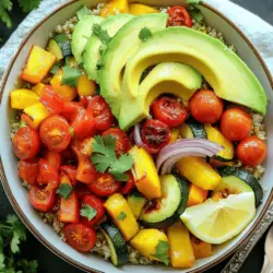 - 1 Tasse Quinoa - 2 Tassen Gemüsebrühe oder Wasser - Gemüsemischung: rote Paprika, Zucchini, Kirschtomaten, rote Zwiebel Die Basis für die Quinoa-Bowl ist Quinoa. Quinoa ist ein kleines, nussiges Korn. Es enthält viel Eiweiß und Ballaststoffe. Ich verwende immer Gemüsebrühe für mehr Geschmack. Das Gemüse bringt Farbe und viele Nährstoffe. Rote Paprika, Zucchini und Kirschtomaten sind meine Favoriten. Sie geben der Bowl Frische und Süße. - Olivenöl, getrockneter Oregano, Knoblauchpulver - Salz und Pfeffer nach Geschmack Für das Aroma verwende ich Olivenöl. Es macht das Gemüse zart und geschmackvoll. Getrockneter Oregano und Knoblauchpulver bringen den perfekten Geschmack. Salz und Pfeffer sind wichtig, um die Aromen zu heben. Du kannst die Gewürze nach deinem Geschmack anpassen. - Avocado, frische Koriander- oder Petersilienblätter - Zitronenspalten zum Servieren Avocado ist mein Lieblings-Topping. Sie macht die Bowl cremig. Frische Kräuter wie Koriander oder Petersilie bringen Frische. Zitronenspalten geben einen spritzigen Kick. Diese Zutaten machen die Bowl noch besser. Probiere sie aus, um deine eigene Mischung zu finden. Für das vollständige Rezept, schaue dir die Full Recipe an. Zuerst spülst du die Quinoa gründlich ab. Das entfernt Bitterstoffe und sorgt für einen besseren Geschmack. Danach kochst du die Quinoa in Gemüsebrühe. Das gibt ihr zusätzlichen Geschmack. Bringe die Brühe zum Kochen und reduziere die Hitze. Decke den Topf ab und lasse die Quinoa 15 Minuten köcheln. Wenn die Quinoa die gesamte Flüssigkeit aufgenommen hat, lockere sie mit einer Gabel auf. So wird sie fluffig und leicht. Jetzt ist es Zeit für das Gemüse. Nimm eine rote Paprika und schneide sie in kleine Würfel. Schneide dann eine Zucchini und eine gelbe Zucchini in dünne Scheiben. Halbiere die Kirschtomaten und schneide die rote Zwiebel in Spalten. Gib das ganze Gemüse in eine große Schüssel. Füge Olivenöl und die Gewürze hinzu. Verwende getrockneten Oregano, Knoblauchpulver, Salz und Pfeffer. Mische alles gut, damit jedes Stück Gemüse gleichmäßig gewürzt ist. Heize deinen Ofen auf 200°C vor. Verteile das gewürzte Gemüse gleichmäßig auf einem Backblech. Röste das Gemüse im Ofen für 25 bis 30 Minuten. Es sollte zart und leicht karamellisiert sein. Vergiss nicht, das Gemüse zwischendurch einmal umzurühren. So wird es gleichmäßig gar. Sobald das Gemüse fertig ist, kannst du die Bowl zusammenstellen. Beginne mit der Quinoa als Basis und füge das geröstete Gemüse hinzu. Für eine cremige Note kannst du Avocadoscheiben on top legen. Garniere die Bowl mit frischem Koriander oder Petersilie. Ein Spritzer frischer Zitrone rundet das Gericht ab. Du findest die vollständigen Details in der [Full Recipe]. Um leckeres Gemüse zu rösten, nutze 200°C. Diese Temperatur sorgt für zarte, karamellisierte Stücke. Röste das Gemüse 25-30 Minuten. Wende das Gemüse nach 15 Minuten. Das Wenden sorgt für gleichmäßige Röstung und verhindert das Anbrennen. Häufige Fehler beim Quinoa kochen sind das Nicht-Abspülen und zu viel Wasser. Spüle die Quinoa immer gut ab. Das entfernt Bitterstoffe. Verwende das Verhältnis von 1 Tasse Quinoa zu 2 Tassen Gemüsebrühe oder Wasser. Für mehr Geschmack, koche die Quinoa in Gemüsebrühe. Probiere verschiedene Quinoa-Variationen. Rote oder schwarze Quinoa bringen Farbe und Textur. Diese Varianten sind nahrhaft und bieten neuen Geschmack. Präsentiere die Bowl ansprechend. Nutze bunte Schalen, um den Blick zu fangen. Lege die Zutaten kunstvoll an. Beginne mit Quinoa als Basis. Toppe dann mit dem gerösteten Gemüse. Avocadoscheiben ergänzen die Bowl und machen sie cremig. Für zusätzliche Toppings bieten sich Kichererbsen oder Nüsse an. Frische Kräuter wie Koriander oder Petersilie bringen Frische. Zitronenspalten dazugeben, um einen spritzigen Kick zu verleihen. Mehr dazu findest du in der Full Recipe. {{image_4}} Du kannst saisonales Gemüse verwenden, um deine Bowl frisch und bunt zu gestalten. Im Frühling sind Spargel und Erbsen großartig. Im Sommer mag ich Zucchini und Auberginen. Im Herbst sind Kürbis und Karotten perfekt. Im Winter verwende ich Wurzelgemüse wie Rüben oder Pastinaken. Alternative Farbsorten bringen mehr Vielfalt. Eine lila Karotte oder gelbe Paprika machen deine Bowl spannend. Du kannst auch verschiedene Gemüsearten mischen. So bleibt dein Gericht interessant und lecker. Kichererbsen sind eine tolle Ergänzung. Sie fügen Protein und Textur hinzu. Du kannst sie einfach unter das Gemüse mischen. Hähnchen ist eine weitere Option. Gegrilltes oder gebratenes Hähnchen passt gut zu Quinoa. Für vegane Proteinquellen probiere Tofu oder Tempeh. Diese sind nahrhaft und nehmen die Aromen gut auf. Du kannst sie marinieren und dann rösten. So wird deine Bowl noch nahrhafter. Kreative Gewürzmischungen bringen neuen Geschmack. Probiere geräucherten Paprika für eine rauchige Note. Curry-Pulver kann deine Bowl exotisch machen. Auch Kreuzkümmel sorgt für einen warmen Geschmack. Einsatz von frischen Kräutern macht einen großen Unterschied. Frischer Koriander oder Petersilie geben deinem Gericht Lebendigkeit. Du kannst sie auch kurz vor dem Servieren hinzufügen. So bleiben sie frisch und aromatisch. Für das vollständige Rezept, schau dir die [Full Recipe] an. Bewahre deine Quinoa-Bowl in einem luftdichten Behälter auf. So bleibt sie frisch und lecker. Die Bowl hält bis zu vier Tage im Kühlschrank. Achte darauf, die Reste schnell zu kühlen. Je schneller du sie lagerst, desto besser. Du solltest die Bowl innerhalb von zwei Tagen essen, um den besten Geschmack zu genießen. Um die Quinoa-Bowl zu gefrieren, teile sie in Portionen auf. Fülle die Portionen in gefrierfreundliche Behälter oder Beutel. Achte darauf, die Luft gut herauszudrücken. So bleibt die Bowl bis zu drei Monate frisch. Zum Auftauen lege sie einfach über Nacht in den Kühlschrank. Du kannst sie auch in der Mikrowelle auftauen. Erhitze sie in kurzen Intervallen, um die Qualität zu bewahren. Erwärme die Reste bei mittlerer Hitze auf dem Herd. Du kannst auch die Mikrowelle nutzen. Stelle sicher, dass die Bowl gleichmäßig erhitzt wird. Eine Temperatur von 75 Grad Celsius ist ideal. Für kreative Verwendung der Reste kannst du sie in Wraps oder Salate einfügen. So schaffst du neue Gerichte aus deinen Resten. Die Röstgemüse-Quinoa-Bowl hält sich gut im Kühlschrank. Sie bleibt frisch für etwa 3 bis 5 Tage. Achte darauf, die Bowl in einem luftdichten Behälter zu lagern. Wenn du sie länger aufbewahren möchtest, kannst du sie auch einfrieren. Im Gefrierfach bleibt sie bis zu 3 Monate genießbar. Zum Auftauen lege die Bowl über Nacht in den Kühlschrank. Ja, die Quinoa-Bowl ist von Natur aus vegan. Verwende einfach die angegebenen Zutaten. Du kannst auch zusätzliche vegane Proteine hinzufügen, wie Kichererbsen oder Tofu. Diese Optionen machen die Bowl noch nahrhafter. Achte darauf, dass alle Gewürze und Öle vegan sind. Das gibt dir Flexibilität beim Kochen. Um die Schärfe zu erhöhen, füge frische Chilis oder Cayennepfeffer hinzu. Diese Zutaten geben der Bowl einen tollen Kick. Du kannst auch scharfe Saucen verwenden, um die Schärfe anzupassen. Probiere verschiedene Varianten, um deinen perfekten Geschmack zu finden. Experimentiere mit der Menge, bis es dir gefällt. Ja, Quinoa ist glutenfrei. Das macht es zu einer großartigen Wahl für Menschen mit Glutenunverträglichkeit. Quinoa enthält auch viele Nährstoffe. Es ist reich an Proteinen und Ballaststoffen. Das macht es zu einer gesunden Basis für deine Bowl. Du kannst Quinoa in vielen Rezepten als glutenfreie Alternative verwenden. Quinoa stammt aus den Anden in Südamerika. Es ist eine alte Kulturpflanze mit vielen Vorteilen. Quinoa ist vollgepackt mit Nährstoffen. Es enthält Proteine, Vitamine und Mineralien. Diese machen es zu einer gesunden Wahl. Es hat auch Antioxidantien, die gut für den Körper sind. In der Regenbogen Röstgemüse-Quinoa-Bowl kommt all das zusammen. Diese Quinoa-Bowl ist vielseitig und einfach zuzubereiten. Du kannst sie mit frischem Gemüse und Gewürzen ganz nach deinem Geschmack anpassen. Von der Rösttechnik bis zum idealen Topping - die Tipps helfen dir, das Beste herauszuholen. Denke auch an die Lagerung und Variationen für mehr Auswahl. Vielleicht probierst du neue Gemüse- oder Proteinquellen aus. Mit diesen Ideen wird deine Quinoa-Bowl immer ein Genuss sein!