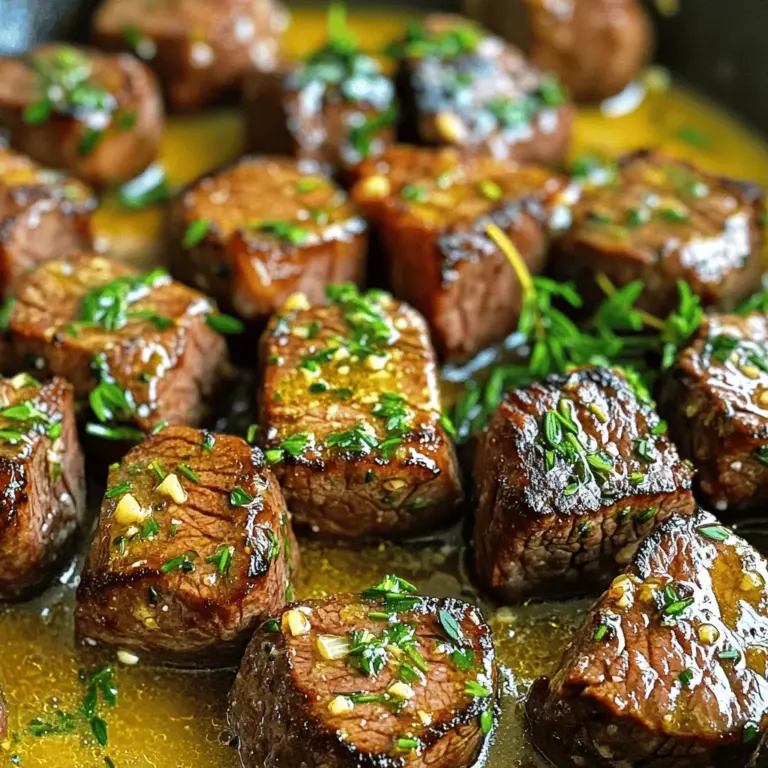 Um leckere Knoblauchbutter Steak Bites zu machen, benötigen Sie folgende Zutaten: - 450 g Rinderfilet, in 2,5 cm große Würfel geschnitten - 4 Esslöffel ungesalzene Butter - 4 Knoblauchzehen, fein gehackt - 1 Teelöffel frischer Rosmarin, gehackt - 1 Teelöffel frischer Thymian, gehackt - Salz und Pfeffer nach Geschmack - 1 Esslöffel Pflanzenöl - Frische Petersilie, gehackt (zum Garnieren) Wählen Sie ein gutes Stück Rinderfilet. Achten Sie auf die Farbe. Es sollte tiefrot aussehen. Vermeiden Sie Fleisch mit braunen Stellen. Die Marmorierung ist wichtig. Sie sorgt für Geschmack und Saftigkeit. Fragen Sie den Metzger nach dem besten Stück. Frisches Fleisch ist der Schlüssel zu einem köstlichen Gericht. Verwenden Sie frischen Knoblauch für den besten Geschmack. Drücken Sie die Zehen leicht, um die Schale zu lösen. Hacken Sie den Knoblauch fein, damit er gut in der Butter schmilzt. Für die Kräuter, nehmen Sie frischen Rosmarin und Thymian. Hacken Sie sie grob, damit sie mehr Aroma abgeben. Diese frischen Zutaten machen den Unterschied in diesem Gericht. Für die vollständige Zubereitung, schauen Sie sich das [Full Recipe] an. Beginne mit dem Steak. Tupfe die Steakwürfel mit Papiertüchern trocken. So bleibt das Fleisch saftig. Würze die Würfel von allen Seiten mit Salz und Pfeffer. Das gibt viel Geschmack. Lass das Steak ein wenig ruhen, damit die Gewürze einziehen. Nehme eine große Pfanne und stelle sie auf den Herd. Gieße einen Esslöffel Pflanzenöl hinein. Erhitze das Öl bei mittelhoher Hitze. Warte, bis es schimmert und heiß ist. Das ist der perfekte Moment, um das Steak anzubraten. Füge die Steakwürfel in die heiße Pfanne hinzu. Brate sie in Chargen an, damit die Pfanne nicht überfüllt ist. Brate die Würfel etwa 2-3 Minuten pro Seite. Sie sollten schön braun sein. Nimm die Würfel aus der Pfanne und lege sie auf einen Teller. Jetzt kommt die Knoblauchbutter. Reduziere die Hitze auf mittel. Gib die Butter, den gehackten Knoblauch, Rosmarin und Thymian in die Pfanne. Koche alles für 1-2 Minuten. Rühre oft um, bis der Knoblauch duftet und goldbraun ist. Pass auf, dass er nicht verbrennt! Kombiniere die Steakwürfel mit der Knoblauchbutter. Schwenke sie gut in der Mischung. Lass sie eine weitere Minute in der Pfanne, um sie richtig durchzuwärmen. Übertrage die Knoblauchbutter Steakwürfel auf eine Servierplatte. Garniere sie mit frisch gehackter Petersilie. Jetzt sind sie bereit, serviert zu werden! Wenn du mehr Details zur Zubereitung benötigst, schau dir die [Full Recipe] an. Der Gargrad ist wichtig für den Geschmack. Für saftige Steakbisse will ich die perfekte Temperatur erreichen. Medium-rare ist mein Favorit. Das Steak sollte innen rosa sein. Um dies zu überprüfen, nutze ich ein Fleischthermometer. Bei 54-57 Grad Celsius ist es perfekt. Lass es nach dem Braten ruhen. So verteilt sich der Saft gleichmäßig. Ein häufiger Fehler ist, das Steak zu früh zu wenden. Warte, bis sich eine Kruste bildet. Überfülle die Pfanne nicht. Das Steak braucht Platz zum Braten. Ein weiterer Fehler ist, die Hitze zu niedrig zu halten. Die Pfanne sollte richtig heiß sein. So bekommst du eine schöne Bräunung. Achte darauf, den Knoblauch nicht zu verbrennen. Er sollte nur leicht goldbraun sein. Kräuter und Gewürze machen dein Gericht besonders. Rosmarin und Thymian sind großartige Begleiter für Steak. Frisch gehackt entfalten sie ihr Aroma besser. Du kannst auch andere Kräuter ausprobieren. Oregano oder Basilikum passen gut dazu. Vergiss nicht, das Steak vor dem Braten gut zu würzen. Salz und Pfeffer sind wichtig für den Geschmack. Für das volle Rezept, schau dir die [Full Recipe] an. {{image_4}} Eine tolle Variation sind Knoblauchbutter Steak Bites mit Pfefferkörnern. Diese Variante bringt mehr Geschmack und ein leichtes Schärfegefühl. Um sie zuzubereiten, fügen Sie einfach einige frische Pfefferkörner in die Pfanne, während Sie die Steakwürfel anbraten. Der Geschmack des Pfeffers ergänzt die Knoblauchbutter perfekt. Sie können auch verschiedene Pfeffersorten ausprobieren, wie rosa oder grün, um das Gericht aufzupeppen. Wenn Sie eine vegane Option suchen, probieren Sie Portobello-Pilze. Diese Pilze sind fleischig und voll von Geschmack. Schneiden Sie die Portobello-Pilze in dicke Scheiben und braten Sie sie genau wie die Steakwürfel an. Verwenden Sie vegane Butter oder Olivenöl für die Knoblauchbutter. Das Ergebnis ist ein herzhaftes Gericht, das alle begeistert. Die richtigen Beilagen machen das Essen noch besser. Zu Knoblauchbutter Steak Bites passen viele Beilagen gut. Hier sind einige Vorschläge: - Kartoffelpüree: Cremig und perfekt zum Eintunken. - Gegrilltes Gemüse: Bunte, gesunde Ergänzung. - Salat: Frisch und leicht, um das Gericht auszugleichen. Für Saucen empfehle ich eine einfache Chimichurri oder eine würzige BBQ-Sauce. Diese Saucen bringen zusätzlichen Geschmack und machen das Essen noch interessanter. Für die vollständige Zubereitung der Knoblauchbutter Steakwürfel, schauen Sie sich das [Full Recipe] an. Wenn Sie nach dem Kochen Knoblauchbutter Steak Bites übrig haben, bewahren Sie sie sicher auf. Lassen Sie die Steakwürfel zuerst auf Raumtemperatur abkühlen. Nehmen Sie dann einen luftdichten Behälter und legen Sie die Reste hinein. Achten Sie darauf, dass die Steaks nicht zu eng gepackt sind. So bleibt die Textur besser erhalten. Stellen Sie den Behälter in den Kühlschrank. Die Reste sind dort bis zu drei Tage haltbar. Um die Knoblauchbutter Steak Bites einzufrieren, lassen Sie sie ebenfalls zuerst abkühlen. Legen Sie die Steakwürfel in einen gefrierfesten Beutel oder Behälter. Drücken Sie die Luft heraus, um Verbrennungen zu vermeiden. Beschriften Sie den Behälter mit dem Datum. Die Steakwürfel lassen sich bis zu drei Monate im Gefrierfach lagern. Wenn Sie sie verwenden möchten, tauen Sie sie über Nacht im Kühlschrank auf. Es gibt viele kreative Wege, um Reste von Knoblauchbutter Steak Bites zu nutzen. Sie können sie in Salaten oder Wraps verwenden. Schneiden Sie die Steakwürfel klein und fügen Sie sie zu einem Rührei hinzu. Das gibt einen tollen Geschmack. Eine weitere Idee ist, die Steakwürfel in einer Pasta oder einer herzhaften Suppe zu verwenden. So bleibt Ihr Essen spannend, und Sie verschwenden nichts. Die Zubereitung dauert etwa 10 Minuten. Das Kochen braucht weitere 10 Minuten. So sind Sie in 20 Minuten fertig. Diese Zeit ist perfekt für ein schnelles Abendessen. Sie können die Steakwürfel auch im Voraus vorbereiten. So sparen Sie noch mehr Zeit. Ja, gefrorenes Steak ist möglich. Achten Sie darauf, es richtig aufzutauen. Lassen Sie es über Nacht im Kühlschrank auftauen. So bleibt das Fleisch saftig. Verwenden Sie es sofort nach dem Auftauen. Zu Knoblauchbutter Steakwürfeln passen viele Beilagen. Hier sind einige Vorschläge: - Knusprige Pommes Frites - Cremiges Kartoffelpüree - Frischer grüner Salat - Gebratenes Gemüse - Knoblauchbrot Diese Beilagen ergänzen den Geschmack perfekt und machen das Essen noch besser. Um ein köstliches Knoblauchbutter-Steak zuzubereiten, haben wir die wichtigsten Zutaten und eine Schritt-für-Schritt-Anleitung behandelt. Wir haben Tipps gegeben, wie du den perfekten Gargrad erreichst und häufige Fehler vermeidest. Auch Variationen wie vegane Alternativen und interessante Beilagen wurden besprochen. Denke daran, Reste richtig zu lagern und sie kreativ wiederzuverwenden. Mit diesen Ideen kannst du das Beste aus deinem Steak herausholen und deine Kochfähigkeiten erweitern. Schaffe köstliche Mahlzeiten, die alle begeistern werden!
