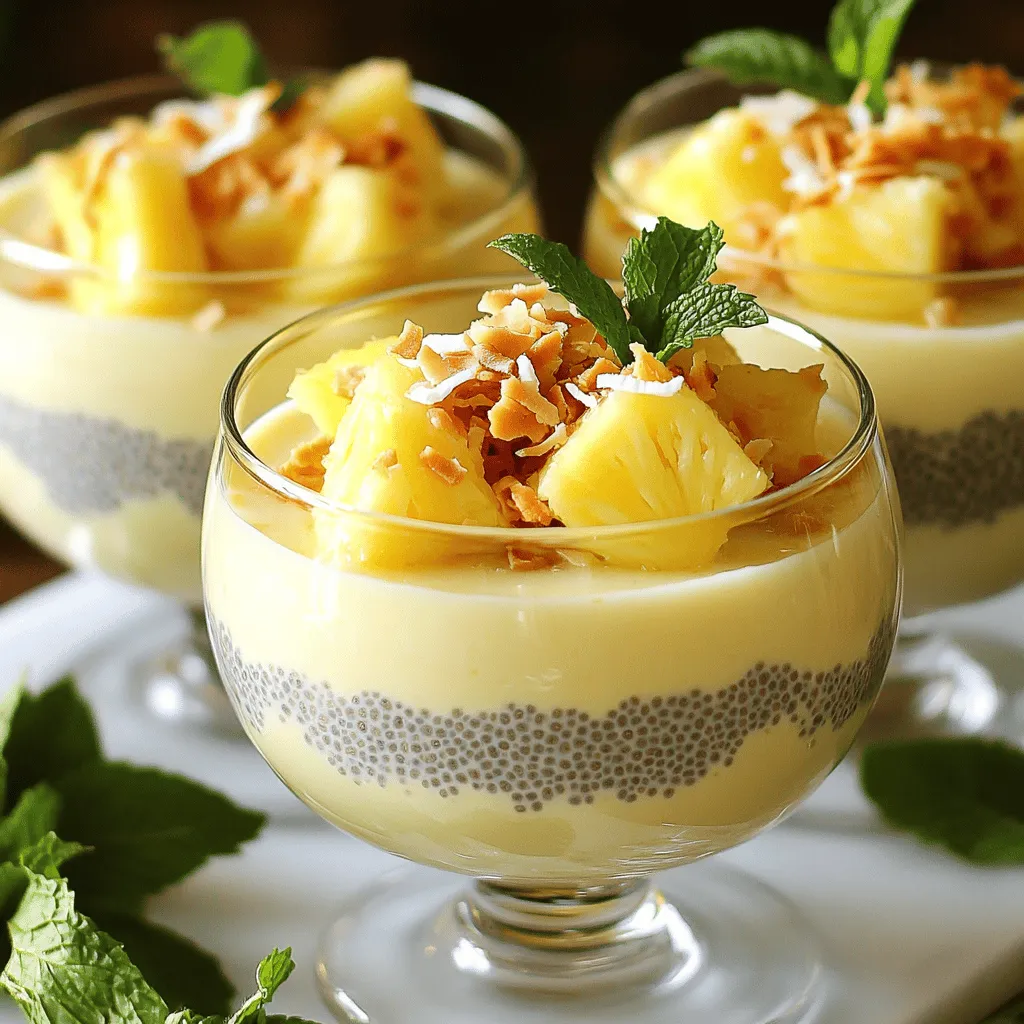 Für den perfekten Ananas-Kokos-Chia-Pudding brauchst du einige einfache, aber leckere Zutaten. Sie sind leicht zu finden und machen deinen Pudding frisch und köstlich. Hier sind die Hauptzutaten: - 1 Tasse Kokosmilch (aus der Dose oder als Getränk) - 1/2 Tasse Ananassaft (frisch oder aus der Dose) - 1/4 Tasse Chiasamen - 2 Esslöffel Ahornsirup (oder Honig) - 1/2 Teelöffel Vanilleextrakt - 1 Tasse frische Ananasstücke (zum Belegen) - Geröstete Kokosflocken (zur Dekoration) - Frische Minzblätter (zur Dekoration) Diese Zutaten sorgen für den tollen Geschmack und die schöne Textur. Es gibt viele Wege, diesen Pudding zu variieren. Du kannst andere Flüssigkeiten verwenden, um den Geschmack zu ändern. Probiere zum Beispiel: - Mandelmilch oder Sojamilch statt Kokosmilch - Mango- oder Orangensaft statt Ananassaft - Agavendicksaft statt Ahornsirup für eine andere Süße Diese Alternativen können deinem Pudding eine neue Note geben. Wenn du die Zutaten kaufst, achte auf Qualität. Frische ist wichtig. Wähle reife Ananas, die fest und süß riecht. Achte darauf: - Die Kokosmilch sollte cremig sein und keine Zusatzstoffe enthalten. - Chiasamen sollten frisch und trocken sein. - Verwende bestenfalls Bio-Zutaten für mehr Geschmack und weniger Chemikalien. Mit diesen Tipps machst du deinen Ananas-Kokos-Chia-Pudding noch besser. Für das gesamte Rezept, schau dir den [Full Recipe] an. Um den Ananas-Kokos-Chia-Pudding zu machen, beginne ich mit einer Schüssel. Ich gebe die Kokosmilch, den Ananassaft, die Chiasamen, den Ahornsirup und den Vanilleextrakt hinein. Dann rühre ich alles gut um, um Klumpen zu vermeiden. Nach fünf Minuten lasse ich die Mischung ruhen. Das ist wichtig, damit die Chiasamen Quellkraft zeigen. Danach rühre ich erneut um. So verteile ich die Samen gleichmäßig. Um einen perfekten Pudding zu machen, achte ich auf die Menge der Chiasamen. Zu viele Samen machen die Mischung zu dick. Zu wenig, und sie wird nicht fest. Ich decke die Schüssel nach dem Mischen ab. Das hilft, die Feuchtigkeit zu halten. Wenn ich die Mischung kühl stelle, warte ich mindestens zwei Stunden. Über Nacht ist am besten. So wird die Konsistenz cremig und lecker. Die Zubereitung dauert nur zehn Minuten. Die Gesamtzeit sind vier Stunden, wenn man das Kühlen einrechnet. Ich mache es oft am Abend und genieße es am Morgen. Nach dem Kühlen rühre ich den Pudding gut um. Dann schöpfe ich ihn in Gläser. Das macht das Servieren schön. Vor dem Servieren belege ich den Pudding mit Ananasstücken und Kokosflocken. So sieht er toll aus und schmeckt frisch. Für mehr Details empfehle ich die [Full Recipe]. Um die perfekte Konsistenz zu erreichen, ist Timing wichtig. Nach dem Mischen müssen die Chiasamen quellen. Lassen Sie die Mischung mindestens fünf Minuten ruhen. Rühren Sie dann erneut um. Dies hilft, Klumpen zu vermeiden. Verwenden Sie eine Rührschüssel, die groß genug ist. So haben die Samen Platz, um sich auszudehnen. Kühlen Sie den Pudding für mindestens zwei bis vier Stunden. Besser ist es, ihn über Nacht im Kühlschrank zu lassen. So wird die Textur noch besser. Für den besten Geschmack nutzen Sie frische Zutaten. Wählen Sie reife Ananas und gute Kokosmilch. Achten Sie darauf, dass der Ananassaft 100% rein ist. Das macht einen großen Unterschied. Fügen Sie bei Bedarf mehr Ahornsirup hinzu. So können Sie die Süße anpassen. Vanilleextrakt bringt zusätzliche Tiefe. Die Kombination von Kokos und Ananas ist wie ein Urlaub auf einem Teller. Um die Vorbereitungszeit zu optimieren, messen Sie die Zutaten vorher ab. So geht es schneller. Bereiten Sie den Pudding am Abend vorher zu. Dann ist er am nächsten Tag bereit. Das Servieren macht mehr Spaß, wenn Sie den Pudding in Gläsern präsentieren. Dekorieren Sie jede Portion mit frischen Ananasstücken und gerösteten Kokosflocken. Frische Minzblätter bringen Farbe und Aroma. Sie können das Rezept ganz einfach anpassen. Für die vollständige Anleitung schauen Sie sich das [Full Recipe] an. {{image_4}} Um den Ananas-Kokos-Chia-Pudding noch fruchtiger zu machen, probiere verschiedene Früchte aus. Mango passt sehr gut. Du kannst auch Beeren wie Erdbeeren oder Himbeeren verwenden. Diese Früchte bringen eine schöne Süße und frische Säure. Ein Spritzer Limettensaft hebt den Geschmack zusätzlich an. So wird dein Pudding noch leckerer und bunter. Der Ananas-Kokos-Chia-Pudding ist von Natur aus vegan und glutenfrei. Wenn du jedoch die Süße variieren möchtest, kannst du Agavendicksaft anstelle von Ahornsirup verwenden. Achte darauf, dass deine Kokosmilch keine Zusatzstoffe hat. So bleibst du im veganen und glutenfreien Bereich. Diese Alternativen machen deinen Pudding gesund und lecker. Die Toppings machen den Pudding besonders. Du kannst frische Ananasstücke verwenden, um ihn zu dekorieren. Geröstete Kokosflocken geben einen tollen Crunch. Frische Minzblätter sorgen für eine schöne Farbe und Frische. Du kannst auch Nüsse oder Samen hinzufügen. Sie bringen einen zusätzlichen Biss und gesunde Fette. Wenn du magst, serviere den Pudding mit einem Klecks Joghurt. Das gibt eine feine Cremigkeit. Für das vollständige Rezept schau dir die Full Recipe an. Um Ihren Ananas-Kokos-Chia-Pudding frisch zu halten, bewahren Sie ihn in einem luftdichten Behälter auf. Dadurch bleibt der Pudding länger lecker. Achten Sie darauf, dass der Behälter gut verschlossen ist, um Gerüche aus dem Kühlschrank zu vermeiden. Wenn Sie Toppings verwenden, fügen Sie diese erst kurz vor dem Servieren hinzu. So bleibt alles knusprig und frisch. Im Kühlschrank bleibt der Chia-Pudding bis zu fünf Tage haltbar. Nach dieser Zeit kann die Konsistenz weich werden und der Geschmack kann sich verändern. Überprüfen Sie immer den Pudding auf Anzeichen von Verderb, wie einen unangenehmen Geruch oder eine veränderte Farbe. Wenn er frisch aussieht und riecht, ist er sicher zu essen. Wenn Sie Reste haben, können Sie diese einfrieren. Füllen Sie den Pudding in einen gefrierfesten Behälter. Lassen Sie etwas Platz, da die Mischung beim Gefrieren expandiert. Der Pudding hält sich im Gefrierschrank bis zu drei Monate. Zum Auftauen stellen Sie den Behälter einfach in den Kühlschrank. Lassen Sie ihn dort über Nacht, um ihn gleichmäßig aufzutauen. Vor dem Servieren gut umrühren. Probieren Sie die Vollständigkeit des Geschmacks nach dem Auftauen. Die Zubereitung dauert nur 10 Minuten. Danach muss der Pudding mindestens 2-4 Stunden kühlen. Ich empfehle, ihn über Nacht im Kühlschrank zu lassen. So wird die Konsistenz perfekt. Ja, Sie können Chiasamen im Voraus zubereiten. Mischen Sie sie einfach mit der Kokosmilch und dem Ananassaft. Lassen Sie die Mischung dann im Kühlschrank stehen. So sparen Sie Zeit an einem geschäftigen Morgen. Chiasamen sind sehr nahrhaft. Sie enthalten viel Ballaststoffe, die gut für die Verdauung sind. Außerdem sind sie reich an Omega-3-Fettsäuren. Diese Fettsäuren unterstützen die Herzgesundheit. Chiasamen bieten auch Proteine und viele Mineralien. Ja, dieser Pudding ist vegan. Ich verwende Kokosmilch und Ahornsirup. Diese Zutaten sind pflanzenbasiert und lecker. Sie können den Pudding also genießen, ohne sich um tierische Produkte zu sorgen. Die besten Zutaten finden Sie in lokalen Supermärkten oder Bioläden. Suchen Sie nach frischer Ananas und hochwertiger Kokosmilch. Online-Shops bieten auch viele Optionen. Vergessen Sie nicht, die Zutaten für die beste Qualität zu wählen. Wenn Sie möchten, schauen Sie sich das vollständige Rezept an. Zusammengefasst ist der Ananas-Kokos-Chia-Pudding einfach zu machen und gesund. Wir haben die Hauptzutaten und Alternativen betrachtet, ebenso wie wichtige Zubereitungsschritte. Ich habe Tipps gegeben, um die perfekte Konsistenz und den besten Geschmack zu erzielen. Variationen sorgen dafür, dass dein Pudding nie langweilig wird. Denke auch an die optimalen Lagerungshinweise. Mit all diesen Infos bist du bereit, deinen eigenen Pudding zu zaubern und zu genießen!