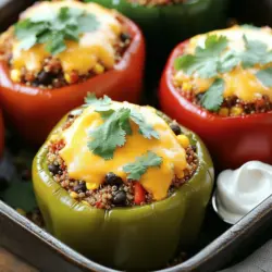 Für Taco gefüllte Paprikaschoten benötigen Sie einige wichtige Zutaten. Diese Zutaten sind einfach zu finden und machen das Gericht lecker. - 4 große Paprikaschoten (jede Farbe nach Wahl) - 450 g gemahlenes Truthahn- oder Rindfleisch - 240 ml gekochte Quinoa oder brauner Reis - 1 Dose (425 g) schwarze Bohnen, abgetropft und abgespült - 240 ml Mais (gefroren oder aus der Dose) - 1 Päckchen Taco-Gewürz - 240 ml gewürfelte Tomaten (frisch oder aus der Dose) - 120 g geriebener Cheddar-Käse - 60 g frischer Koriander, gehackt - Salz und Pfeffer nach Geschmack - Sauerrahm oder griechischer Joghurt zum Servieren (optional) Diese Zutaten ergeben eine schmackhafte und nahrhafte Füllung. Die Paprikaschoten sind die perfekte Hülle, um all diese Aromen zu vereinen. Die Gewürze spielen eine große Rolle in diesem Rezept. Taco-Gewürz bringt Geschmack und Tiefe. Es enthält typischerweise Kreuzkümmel, Paprika und Chili. Diese Gewürze machen die Füllung würzig und aromatisch. Ein Spritzer Wasser hilft, die Mischung zu binden. So bleibt alles saftig und gut zusammen. Salz und Pfeffer sind wichtig, um den Geschmack zu heben. Sie können die Menge nach Ihrem Geschmack anpassen. Toppings machen das Gericht noch besser. Sie können Sauerrahm oder griechischen Joghurt verwenden. Diese geben eine cremige Note. Frischer Koriander ist ein tolles Topping, das Frische bringt. Sie können auch Avocado oder Guacamole hinzufügen. Diese passen gut zu den Aromen. Weitere Ideen sind Salsa oder Jalapeños für einen extra Kick. Entdecken Sie die vielen Möglichkeiten, Taco gefüllte Paprikaschoten zu genießen! Für das vollständige Rezept schauen Sie sich die [Full Recipe] an. Zuerst heizen Sie Ihren Ofen auf 190°C vor. Nehmen Sie vier große Paprikaschoten, jede Farbe ist erlaubt. Schneiden Sie die Oberteile ab und entfernen Sie die Samen und die Innenteile. Das gibt Platz für die leckere Füllung. Bestreichen Sie die Außenseite der Paprikaschoten leicht mit Olivenöl. Stellen Sie sie in eine Auflaufform, bereit für die Füllung. Erhitzen Sie eine große Pfanne bei mittlerer Hitze. Geben Sie 450 g gemahlenes Truthahn- oder Rindfleisch hinein. Braten Sie das Fleisch an, bis es ganz durchgegart ist. Zerkleinern Sie es dabei in kleine Stücke. Gießen Sie überschüssiges Fett ab, falls nötig. Fügen Sie dann 240 ml gekochte Quinoa oder braunen Reis, 1 Dose schwarze Bohnen, 240 ml Mais und 240 ml gewürfelte Tomaten hinzu. Streuen Sie ein Päckchen Taco-Gewürz hinein. Rühren Sie alles gut um und lassen Sie es 5 Minuten köcheln. Schmecken Sie die Mischung mit Salz und Pfeffer ab. Füllen Sie jede Paprikaschote mit der Taco-Mischung. Drücken Sie die Füllung fest hinein, damit sie gut passt. Stellen Sie die gefüllten Paprikaschoten in den vorgeheizten Ofen. Backen Sie sie für 25 bis 30 Minuten. Die Paprika sollten zart sein. In den letzten fünf Minuten streuen Sie 120 g geriebenen Cheddar-Käse auf jede Schote. Lassen Sie sie zurück im Ofen, bis der Käse schmilzt. Nach dem Backen lassen Sie sie ein paar Minuten abkühlen. Garnieren Sie die Schoten mit 60 g gehacktem Koriander. Servieren Sie sie mit einem Klecks Sauerrahm oder griechischem Joghurt, wenn Sie möchten. Wählen Sie frische Paprikaschoten aus. Achten Sie auf eine glatte Haut. Die Farbe ist wichtig. Rote, gelbe und grüne Paprikaschoten haben unterschiedliche Geschmäcker. Größere Schoten bieten mehr Platz für die Füllung. Drücken Sie leicht auf die Paprika. Sie sollte fest sein. Vermeiden Sie Paprika mit Flecken oder weichen Stellen. Diese sind oft nicht mehr frisch. Kaufen Sie die Paprika am besten in der Saison. Das verbessert den Geschmack und die Qualität. Es gibt viele Wege, Taco gefüllte Paprikaschoten anzupassen. Für Vegetarier ersetzen Sie das Fleisch mit Linsen oder Pilzen. Diese Optionen sind nahrhaft und lecker. Vegane Varianten können mit pflanzlichem Käse zubereitet werden. Glutenfreie Optionen sind einfach, da die meisten Zutaten glutenfrei sind. Wenn Sie weniger Kohlenhydrate essen, verwenden Sie Blumenkohlreis anstelle von Quinoa oder Reis. Diese Anpassungen machen das Gericht für alle geeignet. Ein häufiger Fehler ist, die Paprikaschoten nicht gründlich zu entkernen. Dadurch bleibt die Füllung nicht gut haften. Ein weiterer Fehler ist, die Füllung zu locker zu machen. Drücken Sie die Füllung fest in die Paprikaschoten. Achten Sie darauf, die Schoten nicht zu überfüllen. Dies kann dazu führen, dass sie beim Backen aufplatzen. Backen Sie die Paprikaschoten nicht zu lange. Sie sollten zart, aber noch bissfest sein. Diese Tipps helfen Ihnen, perfekte Taco gefüllte Paprikaschoten zu machen. Für das vollständige Rezept schauen Sie sich das Rezept an! {{image_4}} Für eine vegetarische Version können Sie das Fleisch durch verschiedene Zutaten ersetzen. Nutzen Sie zum Beispiel schwarze Bohnen oder Linsen. Diese bieten einen tollen Geschmack und viel Protein. Sie können auch eine Mischung aus Quinoa und Pilzen verwenden. Pilze bringen eine herzhafte Note in die Füllung. Fügen Sie zusätzlich Paprika, Zucchini oder Mais hinzu. Diese Gemüsesorten geben der Mischung Farbe und Textur. Wenn Sie sich keto-freundlich ernähren, können Sie die Quinoa oder den Reis weglassen. Stattdessen verwenden Sie Blumenkohlreis. Dieser hat wenige Kohlenhydrate und passt perfekt in die Füllung. Mischen Sie auch etwas Käse in die Füllung, um den Geschmack zu verstärken. Verwenden Sie mehr Fleisch, um die Füllung gehaltvoller zu machen. Achten Sie darauf, dass Sie das Taco-Gewürz ohne Zucker verwenden. Es gibt viele Möglichkeiten, die Füllung zu variieren. Fügen Sie frische Kräuter wie Oregano oder Thymian hinzu. Diese verleihen einen frischen Geschmack. Für einen scharfen Kick können Sie frische Jalapeños oder Chilis in die Mischung geben. Experimentieren Sie auch mit verschiedenen Käsesorten. Feta oder Pepper Jack bieten neue Geschmäcker. Sie können auch Salsa oder Guacamole als Füllung verwenden. Diese geben eine extra Portion Geschmack und Frische. Für die vollständige Zubereitung besuchen Sie das [Full Recipe]. Ich empfehle, die Taco gefüllten Paprikaschoten im Voraus zu machen. Bereiten Sie die Paprikaschoten und die Füllung wie im Rezept beschrieben zu. Füllen Sie die Paprikaschoten, aber backen Sie sie nicht sofort. Wickeln Sie jede gefüllte Schote gut in Frischhaltefolie ein. Legen Sie sie dann in einen gefrierfesten Behälter. So bleiben sie bis zu drei Monate frisch. Wenn Sie bereit sind, sie zu essen, tauen Sie sie über Nacht im Kühlschrank auf. Falls Sie Reste haben, lagern Sie die gefüllten Paprikaschoten in einem luftdichten Behälter. Sie bleiben im Kühlschrank 3 bis 4 Tage gut. Achten Sie darauf, die Schoten nicht zu lange stehen zu lassen. So bleibt der Geschmack frisch. Um die Reste aufzuwärmen, stellen Sie den Ofen auf 175 °C (350 °F) ein. Legen Sie die gefüllten Paprikaschoten in eine Auflaufform. Decken Sie sie mit Alufolie ab, damit sie nicht austrocknen. Backen Sie sie für etwa 20 Minuten oder bis sie heiß sind. Alternativ können Sie sie in der Mikrowelle aufwärmen. Legen Sie sie auf einen mikrowellengeeigneten Teller und erhitzen Sie sie für 2 bis 3 Minuten. So bleiben die Aromen erhalten. Für die Zubereitung von Taco gefüllten Paprikaschoten benötigen Sie etwa 45 Minuten. Die Vorbereitungszeit dauert 15 Minuten. Dann backen Sie die gefüllten Paprikaschoten für 25-30 Minuten. Ja, Sie können die Paprikaschoten im Voraus füllen. Bereiten Sie die Füllung und die Paprikaschoten einen Tag vorher vor. Lagern Sie sie im Kühlschrank. Backen Sie sie einfach vor dem Servieren. Für die perfekten Beilagen probieren Sie diese Optionen: - Reis oder Quinoa - Guacamole - Salsa - Nachos - Frischer Salat - Sauerrahm oder griechischer Joghurt Diese Beilagen ergänzen die Aromen der gefüllten Paprikaschoten perfekt und bieten eine tolle Auswahl. Taco gefüllte Paprikaschoten sind einfach zuzubereiten und köstlich. Wir haben die wichtigsten Zutaten, die Zubereitung und Tipps behandelt. Variationen für jeden Geschmack sind einfach möglich. Die richtigen Lagerungshinweise helfen dir, Reste zu nutzen. Denke daran, die Paprikaschoten frisch zu wählen und Spaß beim Kochen zu haben. Jetzt kannst du deiner Kreativität freien Lauf lassen und deine eigenen Variationen ausprobieren. Guten Appetit!
