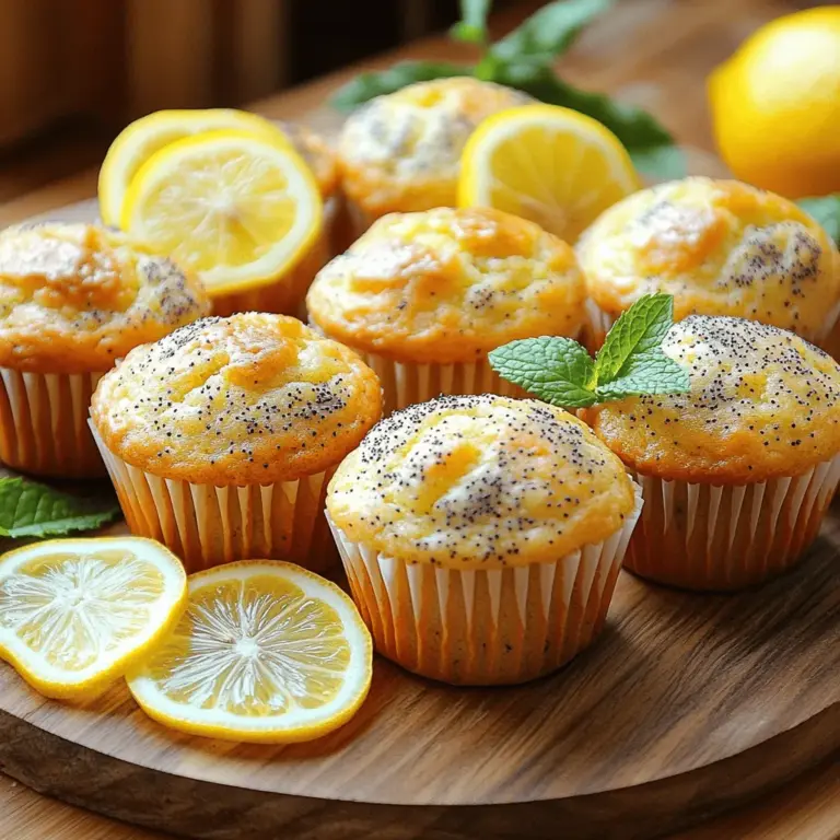 Die Hauptzutaten für unsere Zitronen-Mohn-Muffins sind einfach und leicht zu finden. Hier ist die Liste: - 1 ½ Tassen Weizenmehl - 1 Teelöffel Backpulver - ½ Teelöffel Natron - ¼ Teelöffel Salz - ¼ Tasse Mohnsamen - ½ Tasse Zucker - 2 große Eier - ½ Tasse Naturjoghurt - ⅓ Tasse Pflanzenöl - 1 Esslöffel Zitronenschale (von etwa 1 Zitrone) - 2 Esslöffel frischer Zitronensaft - 1 Teelöffel Vanilleextrakt Diese Zutaten ergeben eine perfekte Balance aus Süße und der frischen Zitronennote. Mohnsamen bringen einen tollen Crunch und einen nussigen Geschmack. Wenn Sie spezielle diätetische Anforderungen haben, können Sie einige Alternativen verwenden. Hier sind einige Optionen: - Glutenfreies Mehl: Verwenden Sie eine glutenfreie Mehlmischung. - Zuckerersatz: Ersetzen Sie Zucker durch Honig oder Stevia. - Eiersatz: Verwenden Sie einen Eiersatz wie Apfelmus oder Leinsamen. - Pflanzenjoghurt: Nutzen Sie pflanzlichen Joghurt für eine vegane Option. Diese Alternativen helfen, die Muffins an Ihre Bedürfnisse anzupassen, ohne den Geschmack zu verlieren. Die Nährwerte der Zutaten können variieren, aber hier sind einige allgemeine Informationen: - Weizenmehl: Eine gute Quelle für Kohlenhydrate und Ballaststoffe. - Eier: Reich an Proteinen und wichtigen Nährstoffen. - Zucker: Liefert Energie, jedoch in Maßen genießen. - Mohnsamen: Eine hervorragende Quelle für gesunde Fette und Mineralien. Diese Zutaten bieten eine Mischung aus Nährstoffen, die eine gesunde Ernährung unterstützen. Ich empfehle, die Muffins in Maßen zu genießen, um den besten Geschmack und die besten Nährstoffe zu erhalten. Für das vollständige Rezept schauen Sie sich bitte das [Full Recipe] an. Zuerst müssen wir den Ofen auf 175 °C (350 °F) vorheizen. Das hilft, die Muffins gleichmäßig zu backen. Nehmen Sie ein Muffinblech und legen Sie Papierförmchen hinein oder fetten Sie es leicht ein. Das sorgt dafür, dass die Muffins nicht kleben bleiben. Jetzt sind wir bereit, die Zutaten zusammenzustellen. In einer mittelgroßen Schüssel vermischen Sie die trockenen Zutaten. Dazu gehören: - 1 ½ Tassen Weizenmehl - 1 Teelöffel Backpulver - ½ Teelöffel Natron - ¼ Teelöffel Salz - ¼ Tasse Mohnsamen Verwenden Sie einen Schneebesen, um alles gut zu vermengen. In einer separaten großen Schüssel schlagen Sie den Zucker und die Eier mit einem elektrischen Mixer. Mixen Sie das Ganze 2-3 Minuten lang, bis es hell und schaumig ist. Fügen Sie dann hinzu: - ½ Tasse Naturjoghurt - ⅓ Tasse Pflanzenöl - 1 Esslöffel Zitronenschale - 2 Esslöffel frischer Zitronensaft - 1 Teelöffel Vanilleextrakt Rühren Sie alles gut zusammen, bis die Mischung glatt ist. Geben Sie nun die trockenen Zutaten nach und nach zur feuchten Mischung. Rühren Sie vorsichtig mit einem Spatel, bis alles verbunden ist. Es ist okay, wenn ein paar Klümpchen bleiben! Verteilen Sie den Teig gleichmäßig auf die Muffinförmchen. Füllen Sie jedes Förmchen etwa zu ⅔. Jetzt kommen die Muffins in den Ofen. Backen Sie sie 15-20 Minuten lang. Prüfen Sie mit einem Zahnstocher, ob sie fertig sind. Wenn der Zahnstocher sauber herauskommt, sind die Muffins perfekt. Lassen Sie die Muffins 5 Minuten in der Form abkühlen. Danach setzen Sie sie auf ein Kuchengitter, um vollständig auszukühlen. Zum Servieren können Sie die Muffins auf einem schönen Teller präsentieren. Garnieren Sie sie mit Zitronenscheiben und frischen Minzblättern. So sehen sie noch ansprechender aus! Für das vollständige Rezept schauen Sie bitte in den Abschnitt "Vollständiges Rezept". Beim Muffinbacken gibt es einige häufige Fehler, die den Genuss mindern können. Ein großer Fehler ist, den Teig zu stark zu rühren. Dadurch werden die Muffins zäh. Rühren Sie nur so lange, bis die Zutaten gerade verbunden sind. Ein weiterer Fehler ist die falsche Ofentemperatur. Stellen Sie sicher, dass Ihr Ofen vorgeheizt ist. Sonst bekommen Sie nicht die ideale Textur. Auch das Überfüllen der Förmchen kann zu einem Missgeschick führen. Füllen Sie die Förmchen nur bis zu zwei Dritteln. Um luftige Muffins zu erhalten, verwenden Sie frische Zutaten. Alte Backpulver und Natron verlieren ihre Wirkung. Zudem sollten Sie die Eier gut schlagen, damit Luft in die Mischung kommt. Verwenden Sie auch Joghurt oder Buttermilch. Diese Zutaten machen die Muffins feucht und fluffig. Achten Sie darauf, die Muffins nicht zu lange zu backen. Ein Zahnstocher sollte sauber herauskommen, aber die Muffins sind noch leicht weich. Frische Zitronen geben den besten Geschmack. Die Schale enthält viele Aromen. Sie können auch getrocknete Zitronenschalen verwenden. Diese sind jedoch weniger intensiv. Wenn Sie frische Zitronen verwenden, waschen Sie sie gründlich. Reiben Sie die Schale vorsichtig ab, ohne das weiße Innere. Der Saft ist ebenfalls wichtig. Er bringt die Säure und Frische. In der Regel sind zwei Esslöffel frischer Saft perfekt für dieses Rezept. Wenn Sie getrocknete Zitronen verwenden, passen Sie die Menge an, denn sie sind konzentrierter. Für das vollständige Rezept besuchen Sie die Seite mit dem Full Recipe. {{image_4}} Möchten Sie glutenfreie Muffins? Kein Problem! Verwenden Sie einfach glutenfreies Mehl. Ich empfehle eine Mischung aus Reismehl und Mandelmehl. Diese Mehle geben den Muffins eine tolle Textur. Halten Sie sich an das gleiche Rezept. Achten Sie darauf, dass die anderen Zutaten auch glutenfrei sind. Für eine vegane Version ersetzen Sie die Eier. Verwenden Sie Apfelmus oder Leinsamen. Mischen Sie einen Esslöffel Leinsamen mit drei Esslöffeln Wasser. Lassen Sie es kurz quellen. Die restlichen Zutaten bleiben gleich. Verwenden Sie pflanzlichen Joghurt, um die Feuchtigkeit zu erhalten. Sie werden die frischen Aromen lieben! Experimentieren Sie mit weiteren Zutaten! Fügen Sie Blaubeeren oder Himbeeren hinzu. Diese Früchte passen gut zu Zitrone. Auch Kokosraspeln sind eine leckere Ergänzung. Für einen besonderen Kick verwenden Sie Ingwer oder Kardamom. Diese Gewürze verleihen den Muffins eine spannende Note. Probieren Sie auch verschiedene Zuckersorten. Brauner Zucker bringt einen reichen Geschmack. Für das volle Rezept besuchen Sie den Abschnitt "Full Recipe". Um deine Zitronen-Mohn-Muffins frisch zu halten, lege sie in einen luftdichten Behälter. Du kannst auch ein Papiertuch hinzufügen, um Feuchtigkeit zu kontrollieren. Lagere sie bei Raumtemperatur. So bleiben sie für drei bis vier Tage lecker. Wenn du die Muffins länger aufbewahren möchtest, kannst du sie einfrieren. Lasse die Muffins zuerst vollständig abkühlen. Wickele jede Muffin einzeln in Frischhaltefolie. Leg sie dann in einen gefrierfesten Beutel. So bleiben sie bis zu drei Monate frisch. Wenn du sie essen möchtest, lasse sie einfach über Nacht im Kühlschrank auftauen. Hast du Muffins übrig? Du kannst sie in anderen Rezepten verwenden. Zerbrösele sie für einen Kuchenboden oder füge sie zu einem Frühstücksauflauf hinzu. Auch als Topping für Joghurt sind sie lecker. So vermeidest du Lebensmittelverschwendung und genießt neue Geschmackskombinationen. Zitronen-Mohn-Muffins halten sich bei Raumtemperatur etwa 2 bis 3 Tage. Sie bleiben frisch, wenn du sie in einem luftdichten Behälter aufbewahrst. Für längere Haltbarkeit empfehle ich, sie im Kühlschrank zu lagern. Dort können sie bis zu einer Woche frisch bleiben. Wenn du die Muffins einfrierst, halten sie bis zu 3 Monate. Achte darauf, sie gut einzuwickeln, um Gefrierbrand zu vermeiden. Ja, du kannst die Muffins im Voraus zubereiten. Du kannst den Teig bis zu 24 Stunden im Kühlschrank aufbewahren. Achte darauf, ihn gut abzudecken. So bleiben die Aromen frisch. Eine andere Methode ist, die Muffins vor dem Backen einzufrieren. Fülle die Muffinförmchen und friere sie ein. Backe sie dann direkt aus dem Gefrierfach. Du musst die Backzeit um einige Minuten verlängern. Der beste Weg, um Zitronen-Mohn-Muffins aufzuwärmen, ist, sie kurz im Ofen zu erhitzen. Stelle den Ofen auf 150 °C ein. Lege die Muffins auf ein Blech und backe sie für etwa 5 bis 10 Minuten. So bleiben sie saftig und warm. Alternativ kannst du auch die Mikrowelle verwenden. Erwärme sie für 15 bis 20 Sekunden. Pass auf, dass sie nicht zu heiß werden. - Weitere hilfreiche Tipps zur perfekten Zubereitung: - Verwende frische Zitronen für den besten Geschmack. - Mische die trockenen und feuchten Zutaten separat, um Klumpen zu vermeiden. - Überfülle die Muffinförmchen nicht; fülle sie nur bis zu ⅔ voll. - Lass die Muffins nach dem Backen 5 Minuten in der Form abkühlen, bevor du sie herausnimmst. Für die vollständige Anleitung und alle Zutaten schau dir das [Full Recipe] an. Zitronen-Mohn-Muffins sind lecker und einfach zu machen. Ich habe die Hauptzutaten, Alternativen für Diäten und Nährwerte besprochen. Die Schritt-für-Schritt-Anleitung macht das Backen leicht. Beachte die Tipps, um Fehler zu vermeiden und Muffins besonders luftig zu machen. Du hast auch viele Variationen, wie glutenfrei oder vegan. Halte sie frisch oder friere sie für später ein. Mit diesen Informationen wird dein Muffin-Backen ein Erfolg. Vertraue dir, und genieße die Zeit in der Küche!