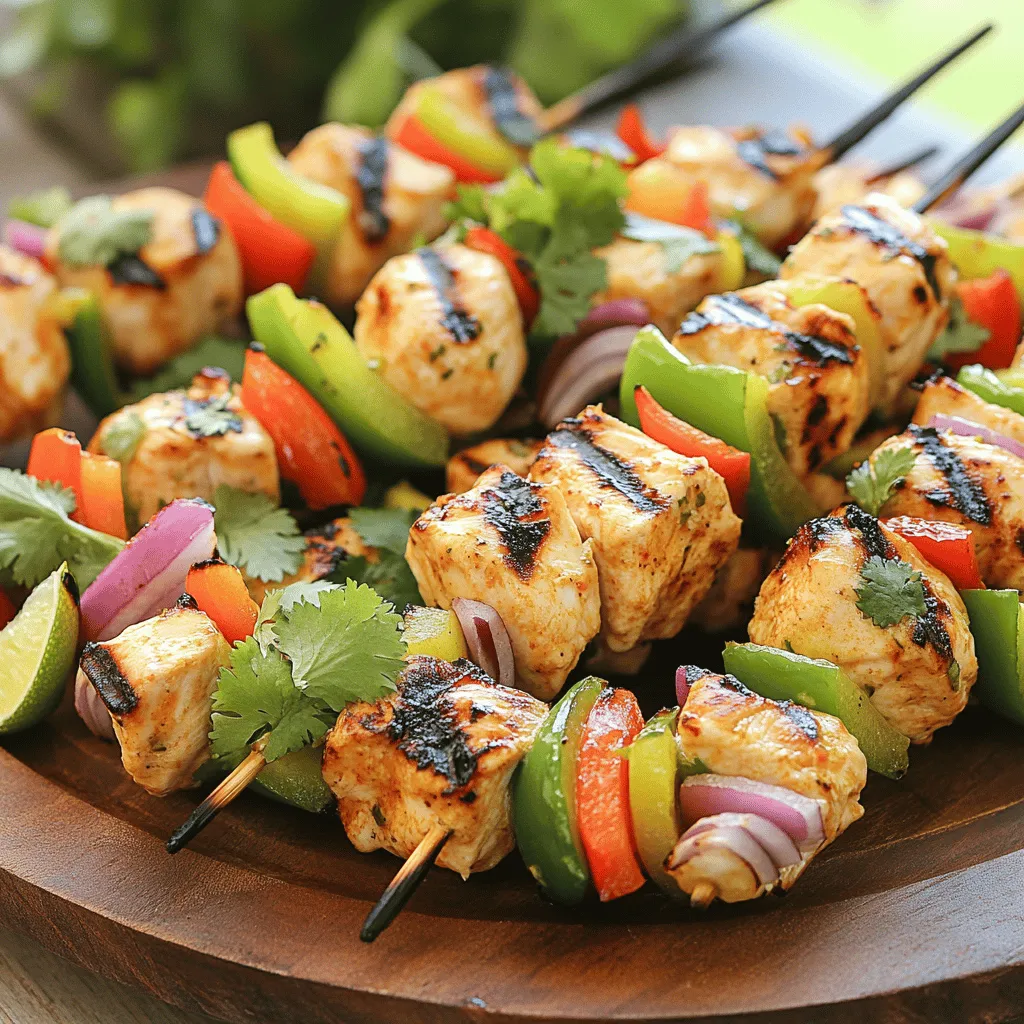 Um die Zesty Lime Chicken Skewers zuzubereiten, benötigen Sie einige einfache, frische Zutaten. Diese Zutaten sorgen für einen köstlichen Geschmack und eine tolle Textur. - 450 g Hähnchenbrustfilets, entbeint und ohne Haut, in 2,5 cm große Würfel geschnitten - 60 ml frischer Limettensaft - 30 ml Olivenöl - 2 Knoblauchzehen, fein gehackt - 1 Teelöffel gemahlener Kreuzkümmel - 1 Teelöffel geräuchertes Paprikapulver - 1 Teelöffel Honig - Salz und Pfeffer nach Geschmack - 1/4 Teelöffel rote Pfefferflocken (optional, für zusätzlichen Schwung) Diese Zutaten bilden die Basis für den köstlichen Geschmack der Spieße. Die Marinade macht die Spieße besonders saftig und aromatisch. Sie ist einfach zu machen und benötigt nur ein paar Schritte. - Vermischen Sie frischen Limettensaft, Olivenöl, gehackten Knoblauch und die Gewürze. - Fügen Sie Honig hinzu für eine leichte Süße. - Schmecken Sie mit Salz und Pfeffer ab. Lassen Sie das Hähnchen mindestens 30 Minuten marinieren. So ziehen die Aromen gut ein. Gemüse bringt Farbe und Geschmack in die Skewers. Ich empfehle, zusätzliches Gemüse zu verwenden. - 1 rote Paprika, in 2,5 cm große Stücke geschnitten - 1 grüne Paprika, in 2,5 cm große Stücke geschnitten - 1 kleine rote Zwiebel, in Spalten geschnitten Diese Gemüsestücke passen perfekt zu den Hähnchenspießen. Sie geben zusätzliche Vitamine und machen das Gericht bunter. Servieren Sie die Spieße mit frischem Koriander zur Dekoration. Für die Beilagen können Sie Reis oder einen frischen Salat wählen. Das bringt Abwechslung und macht das Essen noch leckerer. Für das vollständige Rezept schauen Sie sich den [Full Recipe] an. Um die Hähnchenwürfel perfekt zu marinieren, beginnen wir mit einer großen Schüssel. Gib den frischen Limettensaft, das Olivenöl, den gehackten Knoblauch, den Kreuzkümmel, das Paprikapulver und den Honig hinein. Mische alles gut. Achte darauf, dass die Marinade gut vermischt ist. Jetzt kommen die Hähnchenwürfel dazu. Gib sie in die Schüssel und rühre sie gut um. Jedes Stück sollte die Marinade gut aufnehmen. Decke die Schüssel ab und stelle sie für mindestens 30 Minuten in den Kühlschrank. Du kannst sie auch bis zu 2 Stunden marinieren. So wird das Hähnchen noch zarter und geschmackvoller. Während das Hähnchen mariniert, bereite den Grill vor. Heize ihn auf mittlere bis hohe Hitze vor. Wenn du Holzspieße verwendest, lege sie für 30 Minuten in Wasser. So verhinderst du, dass sie beim Grillen anbrennen. Sobald der Grill heiß ist, solltest du auch dein Gemüse bereit haben. Schneide die Paprika und die Zwiebel in Stücke. So kannst du sie später abwechselnd mit dem Hähnchen auf die Spieße stecken. Jetzt wird es spannend! Stecke abwechselnd die marinierten Hähnchenwürfel, die roten und grünen Paprika und die Zwiebeln auf die Spieße. Lege die Spieße vorsichtig auf den Grill. Grill sie für 12 bis 15 Minuten. Wende sie dabei gelegentlich. Das Hähnchen ist fertig, wenn die Säfte klar austreten. Nimm die Spieße vom Grill und lass sie ein paar Minuten ruhen. Das macht das Hähnchen noch saftiger. Präsentiere die Spieße auf einem großen Teller. Du kannst sie mit zusätzlichen Limettenscheiben und frischem Koriander garnieren. So sehen sie toll aus und du kannst gleich loslegen! Für das vollständige Rezept kannst du [Full Recipe] besuchen. Die Marinierzeit ist wichtig für den Geschmack. Marinieren Sie das Hähnchen mindestens 30 Minuten. Für einen intensiveren Geschmack lassen Sie es bis zu 2 Stunden ziehen. So nimmt das Fleisch die Aromen besser auf. Vermeiden Sie es, länger als 2 Stunden zu marinieren. Das Hähnchen kann sonst zäh werden. Wenn Sie keinen Grill haben, können Sie die Spieße auch in einer Grillpfanne zubereiten. Eine Grillpfanne gibt Ihnen schöne Grillstreifen. Sie können die Spieße auch im Ofen garen. Stellen Sie den Ofen auf 200 Grad Celsius ein. Legen Sie die Spieße auf ein Backblech und grillen Sie sie 15 bis 20 Minuten. Drehen Sie sie einmal während des Garens. Die Präsentation macht viel aus. Servieren Sie die Spieße auf einer großen Platte. Fügen Sie frische Limettenscheiben und Korianderblätter hinzu. Diese Farben machen das Gericht lebendig. Sie können auch einen Dip wie Joghurt oder Salsa anbieten. Das sorgt für zusätzlichen Geschmack und macht die Mahlzeit noch schöner. Schauen Sie sich auch das Full Recipe an, um alle Details zu erfahren. {{image_4}} Du kannst die Zesty Lime Spieße leicht vegetarisch machen. Ersetze das Hähnchen einfach durch Gemüse. Verwende feste Zutaten wie Zucchini, Champignons und Auberginen. Diese halten gut auf dem Grill. Du kannst auch Tofu verwenden. Marinier ihn genauso wie das Hähnchen. Das gibt ihm viel Geschmack. Für eine andere Proteinquelle kannst du Rindfleisch oder Fisch nutzen. Rinderfilet passt gut zu den Limettenaromen. Schneide es in gleich große Stücke wie das Hähnchen. Für Fisch eignen sich Lachs oder Garnelen. Die Marinade bleibt gleich. Denke daran, die Grillzeit anzupassen. Fisch braucht weniger Zeit als Hähnchen. Du kannst die Gewürze nach deinem Geschmack anpassen. Wenn du es schärfer magst, füge mehr rote Pfefferflocken hinzu. Für eine süßere Note kannst du mehr Honig verwenden. Experimentiere mit Kräutern wie Thymian oder Rosmarin. Diese geben den Spießen einen ganz neuen Geschmack. Variationen machen das Essen spannender und persönlicher. Du findest die komplette Zubereitung in der [Full Recipe]. Wenn Sie Reste von den Zesty Lime Chicken Skewers haben, bewahren Sie sie richtig auf. Lassen Sie die Spieße zuerst abkühlen. Legen Sie sie dann in einen luftdichten Behälter. Sie können die Reste bis zu drei Tage im Kühlschrank aufbewahren. Achten Sie darauf, die Spieße gut zu verschließen, um Austrocknen zu vermeiden. Für eine längere Lagerung können Sie die Spieße auch einfrieren. Wickeln Sie die abgekühlten Spieße in Frischhaltefolie. Danach legen Sie sie in einen gefrierfesten Beutel. So halten sie sich bis zu drei Monate. Beschriften Sie den Beutel mit dem Datum, damit Sie wissen, wie lange sie schon eingefroren sind. Um die Spieße wieder aufzuwärmen, gibt es verschiedene Methoden. Sie können sie im Ofen bei 180°C für etwa 10 Minuten aufwärmen. Alternativ können Sie auch eine Pfanne verwenden. Erhitzen Sie die Spieße bei mittlerer Hitze, bis sie durchgewärmt sind. Achten Sie darauf, sie nicht zu lange zu erhitzen, damit das Fleisch zart bleibt. Genießen Sie die Zesty Lime Chicken Skewers ganz frisch! Für das gesamte Rezept, sehen Sie sich die [Full Recipe] an. Die Hähnchenspieße sollten mindestens 30 Minuten marinieren. Dies gibt dem Hähnchen Zeit, den Limettengeschmack aufzunehmen. Für ein intensiveres Aroma empfehle ich, sie bis zu 2 Stunden im Kühlschrank zu lassen. So wird das Fleisch zart und voller Geschmack. Ja, Sie können die Spieße auch im Ofen zubereiten. Heizen Sie den Ofen auf 200 Grad Celsius vor. Legen Sie die Spieße auf ein Backblech und grillen Sie sie etwa 15-20 Minuten. Wenden Sie sie nach der Hälfte der Zeit, damit sie gleichmäßig garen. Zu Zesty Lime Chicken Skewers passen viele Beilagen. Hier sind einige Ideen: - Frischer Salat mit Avocado - Reis oder Quinoa - Gegrilltes Gemüse - Tortillas für Wraps - Guacamole oder Salsa als Dip Für die vollständigen Rezeptdetails schauen Sie sich bitte das [Full Recipe] an. Zesty Lime Chicken Skewers bieten einen tollen Geschmack und sind einfach zuzubereiten. Wir haben die wichtigsten Zutaten, Schritte und Tipps für dich durchgegangen. Denke daran, die Marinade nicht zu kurz zu halten und die richtigen Beilagen zu wählen. Variiere je nach Geschmack und entdecke neue Möglichkeiten. Mit den richtigen Lagerungshinweisen bleiben deine Reste frisch und lecker. Ich hoffe, du probierst dieses Rezept aus und genießt jeden Bissen. Viel Spaß beim Grillen!