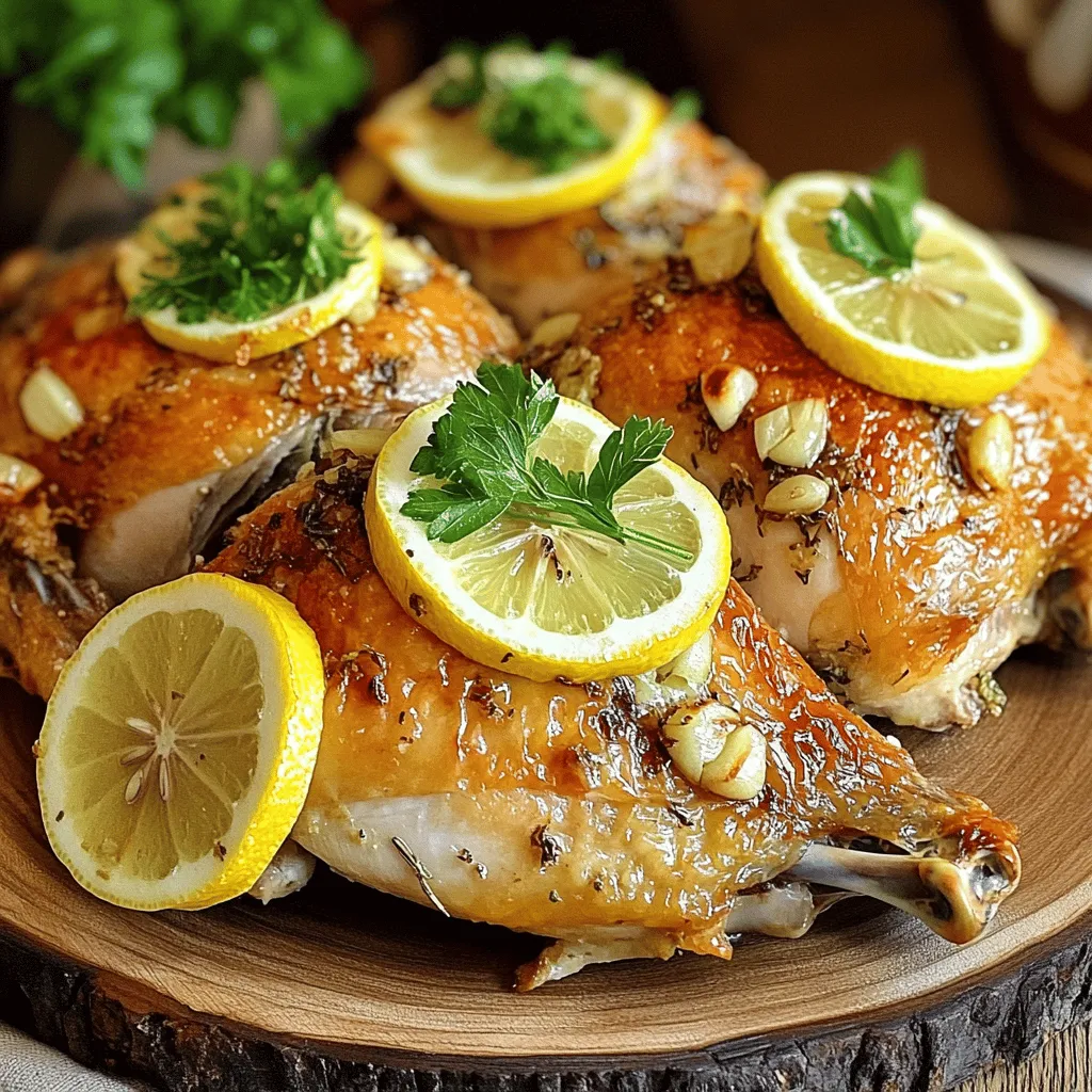 - 1 ganzes Hähnchen (ca. 1,8-2,3 kg) - 4 Knoblauchzehen, fein gehackt - 2 Zitronen (1 ausgepresst, 1 in Scheiben geschnitten) Die Hauptzutaten sind einfach zu finden. Ein ganzes Hähnchen gibt dir viel Fleisch. Achte darauf, dass es frisch ist. Frischer Knoblauch bringt einen tollen Geschmack. Zitronen fügen eine schöne Säure hinzu. Die Kombination macht das Gericht besonders lecker. - 60 ml Olivenöl - 2 Teelöffel getrockneter Thymian - 2 Teelöffel getrockneter Rosmarin Olivenöl sorgt für Saftigkeit und Geschmack. Thymian und Rosmarin sind klassische Kräuter für Hähnchen. Sie geben dem Gericht eine aromatische Note. Du kannst auch frische Kräuter verwenden, wenn du magst. Diese Gewürze sind wichtig für das volle Aroma. - Salz und Pfeffer nach Geschmack - Frische Petersilie zur Garnitur Salz und Pfeffer bringen die Aromen zur Geltung. Nutze sie nach deinem Geschmack. Frische Petersilie sieht toll aus und gibt einen frischen Kick. Sie ist perfekt zum Garnieren. Für das vollständige Rezept, schau dir die [Full Recipe] an. - Heize deinen Ofen auf 220°C (425°F) vor. - Mische in einer kleinen Schüssel 4 gehackte Knoblauchzehen, den Saft von 1 Zitrone, 60 ml Olivenöl, 2 Teelöffel Thymian und 2 Teelöffel Rosmarin. Füge Salz und Pfeffer hinzu, um eine schmackhafte Marinade zu erhalten. - Tupfe das Hähnchen mit Papiertüchern trocken. Reibe die Marinade großzügig am Hähnchen ein. Vergiss nicht, auch unter die Haut zu reiben. - Lege die Zitronenscheiben in die Bauchhöhle des Hähnchens. Das gibt zusätzlichen Geschmack und Saftigkeit. - Platziere das Hähnchen in einer Bratpfanne mit der Brustseite nach oben. Binde die Beine zusammen und stecke die Flügel unter den Körper, um sie vor dem Verbrennen zu schützen. - Röste das Hähnchen im vorgeheizten Ofen für 1 Stunde und 15 Minuten. Die Innentemperatur sollte 75°C (165°F) erreichen. - Nimm das Hähnchen aus dem Ofen und lasse es 10-15 Minuten ruhen. Dies hilft, das Fleisch saftig zu halten. - Schneide das Hähnchen auf und serviere es mit frischer Petersilie und den restlichen Zitronenscheiben. So sieht es toll aus und schmeckt noch besser. Für mehr Details schaue dir das Full Recipe an. Um den Geschmack zu intensivieren, marinier das Hähnchen mindestens 4 Stunden. Wenn du Zeit hast, lasse es über Nacht im Kühlschrank. So zieht die Marinade tiefer ein. Das Hähnchen wird zarter und voller Geschmack. Diese einfache Methode macht einen großen Unterschied. Die richtige Innentemperatur ist entscheidend. Verwende ein Fleischthermometer, um 75°C zu erreichen. Steche in den dicksten Teil des Oberschenkels. Die Säfte sollten klar sein, nicht rosa. Diese Temperatur garantiert, dass das Hähnchen saftig bleibt und sicher zu essen ist. Für die perfekte Konsistenz, lasse das Hähnchen nach dem Rösten ruhen. 10 bis 15 Minuten sind ideal. So verteilen sich die Säfte und das Fleisch bleibt zart. Es lohnt sich, diesen Schritt nicht zu überspringen. Zu Zitronen-Knoblauch-Rösthähnchen passen viele Beilagen. Ein frischer Salat bringt eine schöne Balance. Geröstetes Gemüse ist auch eine gute Wahl. Es ergänzt die Aromen perfekt. Du kannst zusätzlich Kartoffeln oder Reis servieren, um das Gericht abzurunden. Für eine ansprechende Präsentation, serviere das Hähnchen auf einer großen Platte. Garniere es mit frischen Kräutern und Zitronenscheiben. So wird dein Gericht nicht nur lecker, sondern sieht auch toll aus. {{image_4}} Für ein neues Geschmackserlebnis kannst du frische Kräuter verwenden. Frischer Thymian oder Rosmarin geben mehr Aroma. Du kannst auch mit Chili oder Paprika experimentieren. Diese Zutaten fügen eine angenehme Schärfe hinzu. Probiere auch andere Kräuter wie Oregano oder Basilikum. Sie bringen frische Aromen, die das Hähnchen noch besser machen. Wenn du keinen Zitronen-Geschmack magst, gibt es Alternativen. Limetten sind eine tolle Wahl. Ihr Geschmack ist ähnlich, aber etwas süßer. Auch Essig kann eine gute Option sein. Weißweinessig bringt einen leichten, fruchtigen Geschmack. Experimentiere mit verschiedenen Zitrusfrüchten wie Orangen oder Grapefruits. So kannst du neue Geschmäcker finden, die dir gefallen. Die Beilagen machen das Essen komplett. Saisonale Gemüse sind perfekt für deinen Tisch. Röste Karotten, Zucchini oder Spargel. Diese passen gut zum Hähnchen. Kartoffeln sind immer eine gute Wahl. Du kannst sie rösten oder pürieren. Auch ein frischer Salat bringt Farbe und Frische. Denke daran, verschiedene Beilagen auszuprobieren, um dein Gericht zu variieren. So bleibt das Essen spannend und lecker. Sieh dir die [Full Recipe] für mehr Ideen an. Bewahre übrig gebliebenes Hähnchen im Kühlschrank auf. Stelle sicher, dass es in einem luftdichten Behälter ist. So bleibt das Hähnchen frisch. Du kannst es bis zu drei Tage lang genießen. Achte darauf, die Reste schnell zu kühlen, um die beste Qualität zu erhalten. Wenn du das Hähnchen länger aufbewahren willst, friere es ein. Wickle es gut in Frischhaltefolie und dann in Alufolie. So schütze ich das Hähnchen vor Frostbrand. Du kannst es bis zu drei Monate im Gefrierfach lassen. Zum Auftauen, lege es über Nacht in den Kühlschrank. So bleibt das Fleisch saftig. Es gibt viele leckere Wege, um Reste zu verwenden. Du kannst das Hähnchen in Salaten, Sandwiches oder Tacos einsetzen. Eine einfache Hähnchensuppe ist auch toll. Füge Gemüse und Brühe hinzu. Das bringt neuen Geschmack. Du kannst auch das Hähnchen in Pasta-Gerichten oder auf Pizzen verwenden. Der Fantasie sind keine Grenzen gesetzt! Für das vollständige Rezept, schau dir die Full Recipe an. Die Garzeit hängt von der Größe des Hähnchens ab. Für ein Hähnchen von 1,8 bis 2,3 kg röste es etwa 1 Stunde und 15 Minuten. Die Innentemperatur sollte 75°C erreichen. Verwende ein Fleischthermometer, um sicher zu sein. Die Säfte sollten klar sein, wenn du in den Oberschenkel stichst. So bleibt das Hähnchen saftig und zart. Ja, du kannst das Hähnchen bis zu 24 Stunden im Voraus marinieren. So zieht der Geschmack besser ein. Achte darauf, es gut abzudecken. Die Marinade aus Knoblauch und Zitrone gibt dem Fleisch viel Aroma. Marinieren im Kühlschrank ist wichtig, um die Frische zu bewahren. Plane genug Zeit ein, damit das Hähnchen schön durchziehen kann. Beliebte Beilagen sind geröstetes Gemüse, Kartoffeln oder ein frischer Salat. Diese passen gut zu dem zarten Hähnchen. Überlege, saisonale Zutaten zu verwenden. Ein knackiger grüner Salat bringt Farbe auf den Tisch. Auch Reis oder Couscous sind tolle Ergänzungen. Sie nehmen die köstlichen Säfte gut auf. Für mehr Ideen, sieh dir den Full Recipe an! In diesem Blogbeitrag haben wir ein einfaches Rezept für Zitronen-Knoblauch-Rösthähnchen besprochen. Die Kombination aus frischem Hähnchen, duftendem Knoblauch und Zitronensaft macht das Gericht besonders. Du hast gelernt, wie du das Hähnchen marinierst und perfekt röstest. Denk daran, auch Variationen auszuprobieren, um den Geschmack zu deinem zu machen. Du kannst die Reste kreativ nutzen oder sie einfrieren. Jetzt bist du bereit, dieses köstliche Gericht zuzubereiten und zu genießen!
