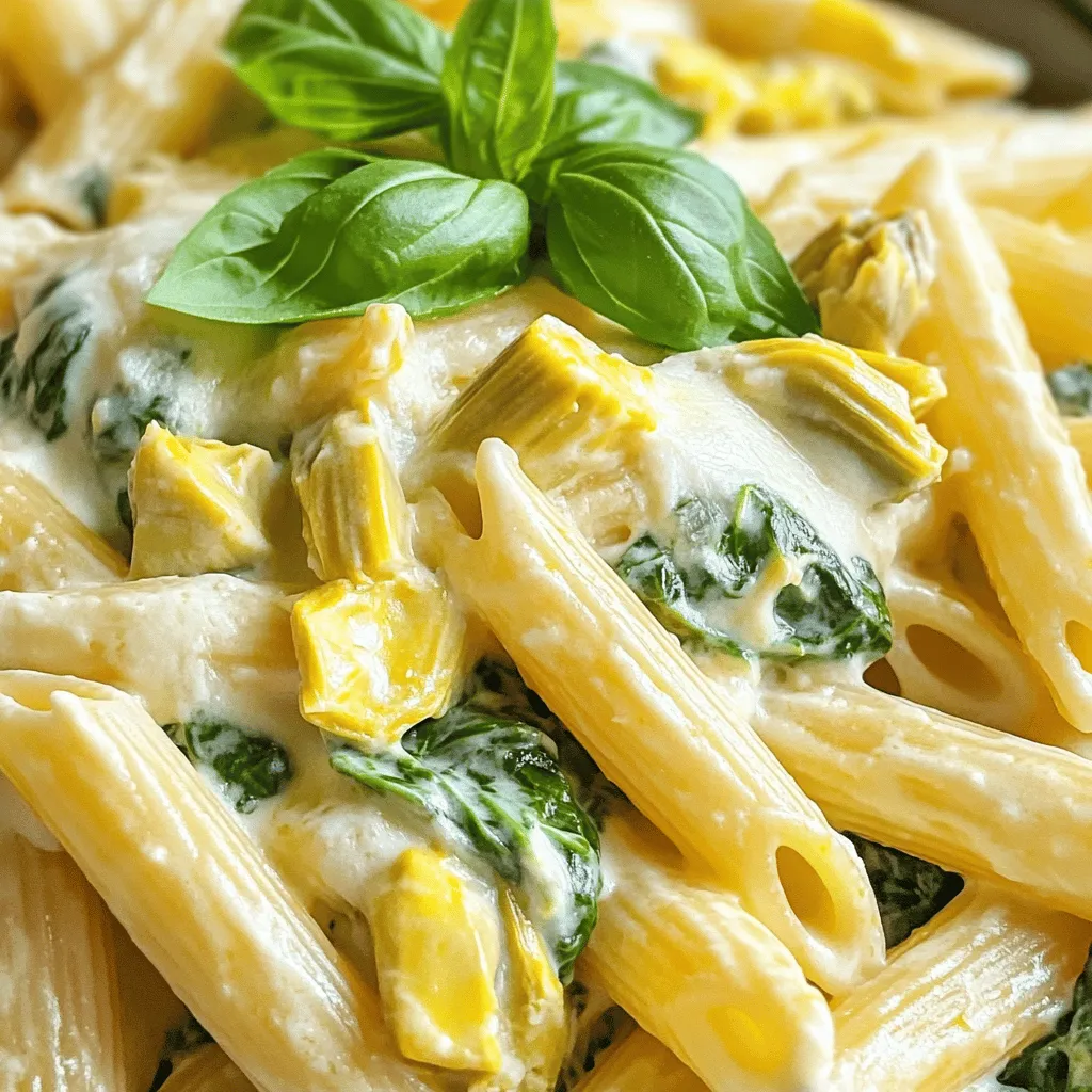 Für dieses Rezept benötigst du einfach frische, leckere Zutaten. Hier ist eine Liste der Hauptzutaten: - 225 g Penne-Nudeln - 2 Tassen frischer Spinat, grob gehackt - 1 Tasse Artischockenherzen aus der Dose, abgetropft und grob gehackt - 250 g Frischkäse, weich - 100 g geriebener Mozzarella-Käse - 50 g geriebener Parmesan-Käse - 120 ml Milch - 2 Knoblauchzehen, fein gehackt - 1 Teelöffel Zwiebelpulver - 1/2 Teelöffel rote Pfefferflocken (optional) - Salz und Pfeffer nach Geschmack - Frisches Basilikum, zur Garnitur Diese Zutaten bringen alle Aromen zusammen. Der Spinat und die Artischocken geben Frische und Textur. Der Frischkäse und die Käsesorten sorgen für eine cremige Soße. Um den Geschmack zu steigern, kannst du einige zusätzliche Aromen hinzufügen. Zwiebelpulver bringt eine milde Süße. Rote Pfefferflocken geben einen kleinen Kick, wenn du es schärfer magst. Salz und Pfeffer runden alles ab. Wenn du mehr Geschmack möchtest, probiere Knoblauchpulver oder italienische Kräuter. Diese verstärken die Aromen und machen das Gericht noch besser. Penne-Nudeln sind perfekt für diese Käse-Spinat-Artischocken-Pasta. Sie fangen die cremige Soße gut ein. Du kannst auch Fusilli oder Rigatoni verwenden, wenn du magst. Achte darauf, die Nudeln al dente zu kochen. So bleiben sie bissfest und passen gut zur cremigen Soße. Verwende die Nudeln, die dir am besten gefallen. Für die vollständige Anleitung schau dir das [Full Recipe] an. Um den perfekten Biss zu erreichen, koche die Penne-Nudeln in einem großen Topf. Fülle den Topf mit gesalzenem Wasser. Bring das Wasser zum Kochen. Füge dann die Nudeln hinzu und koche sie gemäß den Anweisungen auf der Verpackung al dente. Das bedeutet, sie sollten weich, aber noch bissfest sein. Nach dem Kochen gieße die Nudeln ab. Vergiss nicht, etwa 240 ml des Nudelwassers aufzuheben. Dieses Wasser hilft später, die Soße cremiger zu machen. Jetzt kommt der spannende Teil! Erhitze eine große Pfanne bei mittlerer Hitze und füge den gehackten Knoblauch hinzu. Brate den Knoblauch für etwa 1 Minute an. Er sollte aromatisch, aber nicht braun sein. Reduziere danach die Hitze. Gib den weichen Frischkäse in die Pfanne und rühre ihn um. Warte, bis er anfängt zu schmelzen. Füge nun nach und nach die Milch hinzu. Rühre die Mischung, bis sie glatt und cremig wird. Das ist der Schlüssel zu einer tollen Soße! Mische dann den geriebenen Mozzarella und Parmesan unter, bis alles gut vermischt und geschmolzen ist. Jetzt ist es Zeit für die Hauptzutaten! Füge die gehackten Artischocken und den Spinat in die Pfanne. Rühre alles gut um, bis der Spinat verwelkt. Dann kommen die gekochten Penne-Nudeln dazu. Mische die Nudeln vorsichtig mit der Käsesoße. Nutze das aufbewahrte Nudelwasser, um die Soße nach Wunsch zu verdünnen. Es sollte schön cremig sein. Würze die Mischung mit Zwiebelpulver, roten Pfefferflocken, Salz und Pfeffer. Rühre alles gut um. Jetzt ist deine köstliche Käse-Spinat-Artischocken-Pasta bereit! Serviere sie warm und garniere sie mit frischen Basilikumblättern. Wenn du das Rezept noch nicht hast, findest du die vollständige Anleitung hier: [Full Recipe]. Um die perfekte Cremigkeit zu erreichen, arbeite mit Frischkäse und Milch. Füge die Milch langsam hinzu, während du rührst. So entsteht eine glatte Mischung. Achte darauf, etwas Nudelwasser aufzuheben. Dieses Wasser hilft, die Soße zu verdünnen und macht sie cremiger. Wenn die Soße zu dick ist, kannst du nach Bedarf mehr Nudelwasser hinzufügen. Für mehr Geschmack kannst du verschiedene Käsesorten ausprobieren. Probiere Cheddar oder Gouda für einen anderen Geschmack. Füge Feta-Käse hinzu, um eine salzige Note zu bekommen. Du kannst auch einen kräftigen Blauschimmelkäse verwenden. Misch die Käsesorten, um die perfekte Kombination zu finden, die dir gefällt. Ein häufiger Fehler ist, die Pasta zu lange zu kochen. Sie sollte al dente sein, damit sie nicht matschig wird. Ein weiterer Fehler ist, die Soße zu lange auf dem Herd zu lassen. Das kann die Cremigkeit beeinträchtigen. Stelle sicher, dass du die Hitze reduzierst, wenn du den Frischkäse hinzufügst. Zu hohe Hitze kann die Soße brennen lassen. Halte die Zutaten bereit, um den Kochprozess reibungslos zu gestalten. Diese Tipps helfen dir, die beste Käse-Spinat-Artischocken-Pasta zuzubereiten. Schau dir auch das Full Recipe an, um alle Schritte zu sehen. {{image_4}} Wenn du die Käse-Spinat-Artischocken-Pasta noch vegetarischer machen möchtest, gibt es viele Optionen. Du kannst zum Beispiel die Artischocken durch Zucchini oder Paprika ersetzen. Beides bringt Frische und Farbe in das Gericht. Auch eine Mischung aus verschiedenen Käsesorten macht das Rezept spannend. Probiere Feta oder Ziegenkäse für einen neuen Geschmack. Gemüse macht die Pasta nicht nur gesünder, sondern auch bunter. Du kannst Erbsen, Brokkoli oder sogar Karotten in die Mischung geben. Diese Gemüse sind reich an Vitaminen und geben der Pasta mehr Textur. Einfach das Gemüse leicht anbraten, bevor du es mit dem Spinat und den Artischocken vermischst. So bleibt alles knackig und lecker. Wenn du mehr Protein möchtest, sind Hühnchen oder Garnelen tolle Optionen. Du kannst sie einfach anbraten und dann zur Soße hinzufügen. Wenn du es vegetarisch halten möchtest, füge Kichererbsen oder weiße Bohnen hinzu. Diese Alternativen machen die Mahlzeit nahrhafter und sättigender. Sie passen gut zu den cremigen Aromen der Pasta. Für das vollständige Rezept, schau dir die [Full Recipe] an. Wenn du Reste von deiner Käse-Spinat-Artischocken-Pasta hast, ist die richtige Lagerung wichtig. Lass die Pasta zuerst auf Raumtemperatur abkühlen. Fülle sie dann in einen luftdichten Behälter. So bleibt sie frisch. Du kannst die Reste bis zu drei Tage im Kühlschrank aufbewahren. Zum Aufwärmen der Pasta empfehle ich, sie in einer Pfanne zu erhitzen. Füge einen Spritzer Milch hinzu. Das hält die Pasta cremig. Rühre sie bei mittlerer Hitze um, bis sie warm ist. Du kannst auch die Mikrowelle nutzen. Stelle die Pasta in eine mikrowellengeeignete Schüssel und decke sie ab. Erwärme sie in kurzen Abständen, um ein Überhitzen zu vermeiden. Im Kühlschrank bleibt deine Pasta bis zu drei Tage frisch. Wenn du die Pasta länger aufbewahren möchtest, kannst du sie einfrieren. Fülle sie in einen gefrierfesten Behälter. So bleibt sie bis zu drei Monate haltbar. Beim Auftauen solltest du die Pasta langsam im Kühlschrank auftauen, bevor du sie aufwärmst. So bleibt die Textur gut. Du kannst die vollständige Anleitung für das Rezept in der [Full Recipe] finden. Um die Pasta glutenfrei zu machen, wähle glutenfreie Penne. Diese Nudeln sind aus Reis, Mais oder Linsen. Achte darauf, die Kochzeit auf der Verpackung zu folgen. Diese Nudeln variieren in der Kochzeit. Du wirst den gleichen cremigen Geschmack genießen, ohne Gluten. Ja, du kannst frischen Spinat verwenden! Er hat einen tollen Geschmack und eine schöne Textur. Verwende etwa zwei Tassen frischen Spinat. Wasche ihn gut und schneide ihn grob. Füge ihn in die Pfanne, wenn der Frischkäse schmilzt. Der Spinat wird schnell welken und wird köstlich. Es gibt viele leckere Käsesorten, die du verwenden kannst. Probiere Cheddar für einen kräftigen Geschmack. Gouda oder Fontina geben eine schöne Cremigkeit. Auch Feta oder Ricotta sind gute Optionen. Mische verschiedene Käsesorten für mehr Tiefe. Experimentiere und finde deinen Favoriten! Du kannst die Käsevariationen in der [Full Recipe] aufgreifen. Die Zutaten für Käse-Spinat-Artischocken-Pasta waren der Ausgangspunkt für dieses leckere Gericht. Wir haben die besten Nudeln, die perfekten Aromen und die Zubereitungsschritte durchgearbeitet. Tipps helfen, die Cremigkeit zu erreichen und häufige Fehler zu vermeiden. Variationen bieten Flexibilität, und Lagerinformationen sichern die Haltbarkeit. Du kannst jetzt diese einfache und schmackhafte Pasta genießen. Sei kreativ und passe das Rezept an deinen Geschmack an!