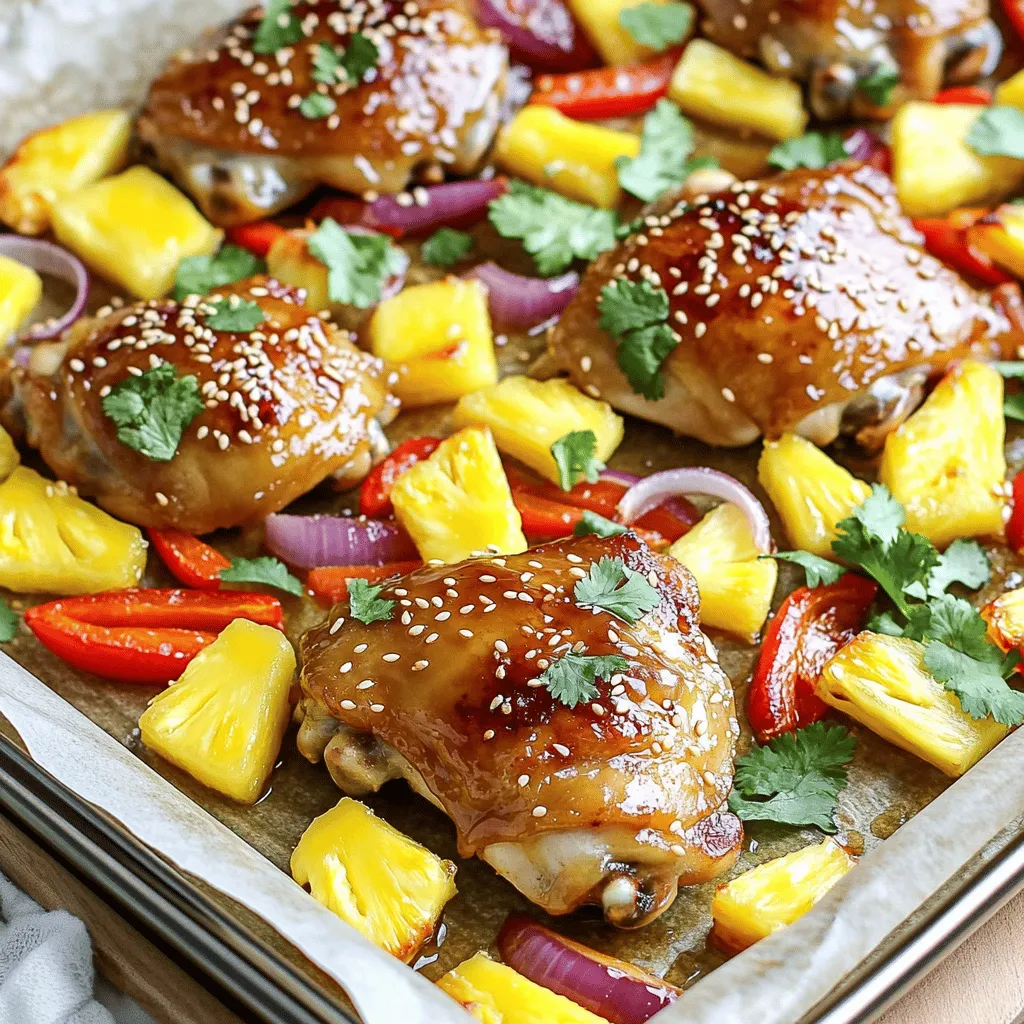 Für das leckere Sheet Pan Hawaiian Chicken benötigst du: - 4 Hähnchenoberschenkel, ohne Knochen und Haut - 1 Tasse frische Ananas, gewürfelt - 1 rote Paprika, in Scheiben geschnitten - 1 gelbe Paprika, in Scheiben geschnitten - 1 rote Zwiebel, in Spalten geschnitten - 3 Esslöffel Sojasauce (natriumarm bevorzugt) - 2 Esslöffel Honig - 1 Esslöffel Sesamöl - 2 Knoblauchzehen, fein gehackt - 1 Teelöffel frischer Ingwer, gerieben - Salz und Pfeffer nach Geschmack - 1 Esslöffel Sesamsamen zur Garnierung - Frischer Koriander zur Garnierung Jede Zutat bringt ihren eigenen Geschmack. Die Kombination von Hähnchen und Ananas macht das Gericht besonders. Frisches Gemüse sorgt für Farbe und Crunch. Dieses Rezept ergibt 4 Portionen. Pro Portion erhältst du ungefähr: - Kalorien: 350 - Eiweiß: 25g - Fett: 15g - Kohlenhydrate: 30g Die Nährwerte können leicht variieren. Sie hängen von den genauen Zutaten ab. Ein gutes Gleichgewicht aus Eiweiß und Gemüse macht dieses Gericht nahrhaft und sättigend. - Heizen Sie Ihren Ofen auf 200°C vor. - Legen Sie ein großes Backblech mit Backpapier aus. Dies macht die Reinigung leicht. - Vermengen Sie in einer Rührschüssel die Sojasauce, den Honig und das Sesamöl. - Fügen Sie den gehackten Knoblauch und den geriebenen Ingwer hinzu. - Schmecken Sie die Marinade mit Salz und Pfeffer ab. - Stellen Sie die Marinade beiseite, um sie später zu verwenden. - Legen Sie die Hähnchenoberschenkel auf das Backblech. - Gießen Sie die Hälfte der Marinade über das Hähnchen. - Fügen Sie die gewürfelte Ananas, die Paprika und die Zwiebel hinzu. - Träufeln Sie die restliche Marinade über das Gemüse und das Hähnchen. - Rösten Sie das Gericht im Ofen für 25 bis 30 Minuten. - Achten Sie darauf, dass das Hähnchen eine Kerntemperatur von 75°C erreicht. - Überprüfen Sie, ob das Gemüse zart ist. Jetzt sind Sie bereit, das köstliche Blechpfannen-Hawaiianische Hähnchen zu genießen! Weitere Details finden Sie im Full Recipe. Um den besten Geschmack zu bekommen, marinieren Sie das Hähnchen mindestens 30 Minuten. Wenn Sie mehr Zeit haben, lassen Sie es über Nacht. Dies macht das Fleisch zart und saftig. Passen Sie die Garzeit an, wenn Sie kleinere Stücke verwenden. Das Hähnchen sollte eine Kerntemperatur von 75°C erreichen. Verwenden Sie ein Fleischthermometer, um sicherzugehen. So vermeiden Sie trockenes Hähnchen. Servieren Sie das Hähnchen auf einer großen Platte. Das sieht sofort einladend aus. Garnieren Sie mit frischem Koriander und Sesamsamen für Farbe und Textur. Für einen zusätzlichen Effekt, verwenden Sie verschiedene Gemüsesorten. Bunte Paprika oder knackiger Brokkoli passen gut und sehen toll aus. Eine häufige Panne ist, das Hähnchen nicht vollständig zu marinieren. Das führt zu weniger Geschmack. Achten Sie darauf, dass das Hähnchen gut mit der Marinade bedeckt ist. Vermeiden Sie, den Ofen zu heiß einzustellen. Zu hohe Temperaturen können das Hähnchen außen verbrennen, während es innen roh bleibt. Halten Sie sich an 200°C für gleichmäßiges Garen. {{image_4}} Du kannst die Gemüsesorten leicht anpassen. Versuche Zucchini, Brokkoli oder Karotten. Diese geben dem Gericht neue Farben und Aromen. Für das Fleisch kannst du auch Hähnchenbrust oder Schweinefleisch verwenden. Diese Optionen bringen einen anderen Geschmack und eine andere Textur ins Spiel. Wenn du vegan oder vegetarisch kochen möchtest, ersetze das Hähnchen durch Tofu oder Gemüse. Tofu nimmt die Marinade gut auf und wird schön knusprig. Du kannst auch Kichererbsen oder Süßkartoffeln hinzufügen. Diese Optionen machen dein Gericht nahrhaft und lecker. Die Marinade ist der Schlüssel zu diesem Gericht. Du kannst die Gewürze nach deinem Geschmack anpassen. Wenn du es scharf magst, füge etwas Chili oder Sriracha hinzu. Für eine fruchtige Note kannst du Ananassaft oder Kokosmilch verwenden. Experimentiere mit verschiedenen Kräutern wie Basilikum oder Petersilie. So machst du das Rezept ganz nach deinem Geschmack. Wenn Sie Reste haben, können Sie diese einfach aufbewahren. Kühlen Sie die Reste in einem luftdichten Behälter. So bleibt das Hähnchen frisch. Alternativ können Sie das Gericht auch einfrieren. Verwenden Sie dafür einen gefrierfesten Behälter. Achten Sie darauf, die Luft herauszudrücken, um Gefrierbrand zu vermeiden. Im Kühlschrank bleibt das Hähnchen etwa drei bis vier Tage frisch. Überprüfen Sie die Reste auf Geruch oder Farbe. Wenn alles gut aussieht, können Sie es genießen. Im Tiefkühler können die Reste bis zu drei Monate halten. Denken Sie daran, das Gericht vor dem Einfrieren gut zu verpacken. So bleibt der Geschmack erhalten. Um das Hähnchen aufzuwärmen, benutze einen Ofen oder eine Mikrowelle. Im Ofen bei 180°C für etwa 15 Minuten aufwärmen. Achten Sie darauf, dass das Hähnchen heiß wird. In der Mikrowelle einfach in kurzen Intervallen erwärmen. Rühre zwischendurch um, damit es gleichmäßig warm wird. Die Zubereitung dauert insgesamt etwa 45 Minuten. - Vorbereitungszeit: 15 Minuten - Kochzeit: 25-30 Minuten Die Vorbereitung umfasst das Schneiden des Gemüses und das Mischen der Marinade. Diese Schritte sind einfach und schnell. Ja, du kannst das Rezept im Voraus zubereiten. - Marinade und Hähnchen können bis zu 24 Stunden im Kühlschrank marinieren. - Bereite das Gemüse und die Marinade am Vortag vor. So sparst du Zeit am Kochtag. Du kannst viele Gemüsesorten verwenden. - Paprika, Zwiebeln und Ananas sind perfekt. - Brokkoli, Karotten oder Zucchini sind ebenfalls großartig. Diese Gemüsesorten bringen Farbe und Geschmack. Ja, dieses Rezept eignet sich gut für Meal Prep. - Portioniere das Hähnchen und Gemüse in luftdichte Behälter. - Du kannst die Portionen einfach aufwärmen. Das macht das Essen unter der Woche viel einfacher. Das Rezept für Blechpfannen-Hawaiianisches Hähnchen ist einfach und lecker. Wir haben frische Zutaten wie Hähnchen, Ananas und Gemüse kombiniert. Die Schritt-für-Schritt-Anleitung hilft dir, alles richtig zu machen. Tipps und Tricks zeigen, wie du perfekt anrichtest und häufige Fehler vermeidest. Variationen geben dir die Freiheit, kreativ zu sein. Bewahre Reste gut auf, um auch später zu genießen. Mit diesen Infos bist du bereit, dein Gericht zu kochen und Familie oder Freunde zu beeindrucken. Viel Spaß beim Nachkochen!