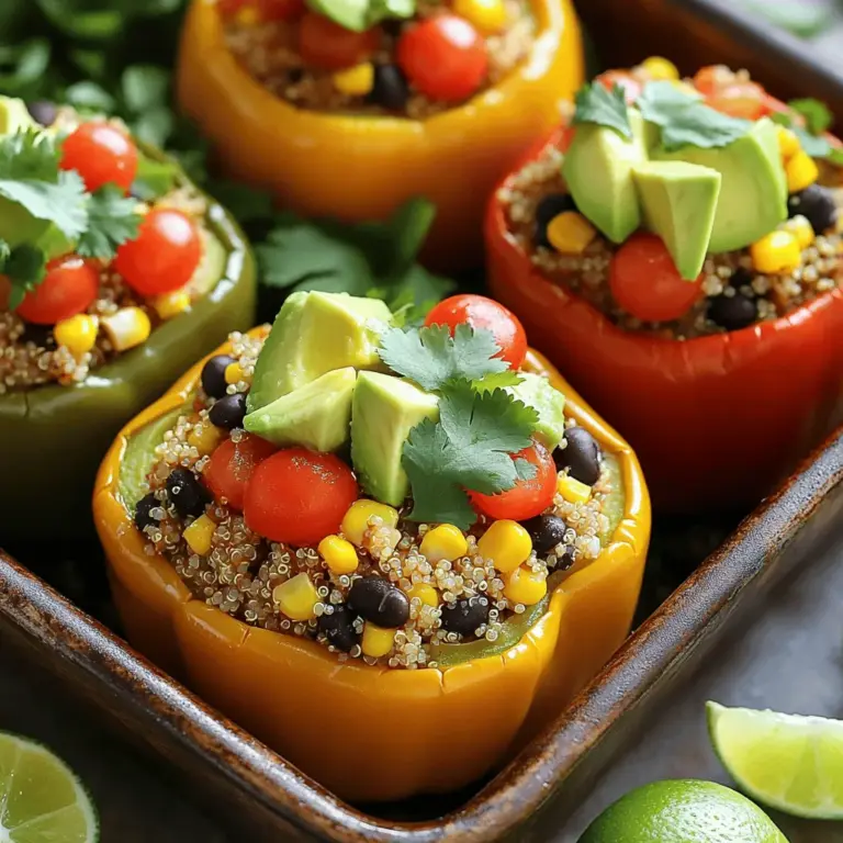 Für gefüllte Paprika benötigst du diese frischen Zutaten: - 4 große Paprika (jede Farbe ist gut) - 1 Tasse Quinoa, gut abgespült - 2 Tassen Gemüsebrühe - 1 Dose (425 g) schwarze Bohnen, abgespült und abgetropft - 1 Tasse Maiskörner (frisch oder gefroren) - 1 Tasse Kirschtomaten, halbiert Diese Zutaten bilden die Basis für ein schmackhaftes Gericht. Quinoa ist gesund und gibt dir Energie. Paprika bringt Farbe und viele Vitamine. Um den Geschmack zu intensivieren, füge folgende Gewürze hinzu: - 1 Teelöffel Kreuzkümmel - 1 Teelöffel Paprika - Salz und Pfeffer nach Geschmack - 1 Esslöffel Olivenöl - 1/2 Tasse frischer Koriander, gehackt Kreuzkümmel und Paprika geben ein warmes Aroma. Koriander bringt Frische und einen besonderen Kick. Für eine tolle Präsentation und zusätzlichen Geschmack, empfehle ich: - 1 Avocado, gewürfelt (zum Garnieren) - 1 Limette, in Spalten geschnitten (zum Servieren) Die Avocado macht das Gericht cremig und lecker. Limette bringt eine spritzige Note, die alles aufpeppt. Diese Zutaten helfen, deine gefüllten Paprika noch besser zu machen. Für das komplette Rezept, schau dir die [Full Recipe] an. Bevor wir beginnen, stelle sicher, dass du alle Zutaten hast. Du brauchst: - 4 große Paprika - 1 Tasse Quinoa - 2 Tassen Gemüsebrühe - 1 Dose schwarze Bohnen - 1 Tasse Maiskörner - 1 Tasse Kirschtomaten - 1 Teelöffel Kreuzkümmel - 1 Teelöffel Paprika - Salz und Pfeffer - 1 Esslöffel Olivenöl - 1/2 Tasse frischer Koriander - 1 Avocado - 1 Limette Heize den Ofen auf 190°C vor. Schneide die Oberseite der Paprika ab und entferne die Samen. Bestreiche die Außenseite der Paprika leicht mit Olivenöl. So wird die Haut schön knusprig. Jetzt kochen wir die Quinoa. Kombiniere die Quinoa mit der Gemüsebrühe in einem Topf. Bringe alles zum Kochen. Reduziere die Hitze und decke den Topf ab. Lasse die Quinoa etwa 15 Minuten köcheln. Sie sollte fluffig und die Flüssigkeit aufgesogen sein. In einer großen Schüssel vermenge die gekochte Quinoa, schwarze Bohnen, Mais und Kirschtomaten. Füge Kreuzkümmel, Paprika, Salz und Pfeffer hinzu. Mische alles gut. Die Mischung wird lecker und bunt. Fülle jede Paprika mit der Quinoa-Mischung. Drücke die Füllung sanft hinein. So passt mehr hinein. Stelle die gefüllten Paprika aufrecht in eine Auflaufform. Gieße optional etwas Gemüsebrühe in die Form. Dies hilft beim Dämpfen. Decke die Form mit Aluminiumfolie ab und backe die Paprika 25 Minuten. Entferne dann die Folie und backe sie weitere 10-15 Minuten. Die Paprika sollten zart und leicht angebräunt sein. Jetzt sind deine gefüllten Paprika fertig! Serviere sie warm, garniert mit Avocado und Koriander. Du kannst auch Limettenspalten dazu reichen. Für die vollständige Anleitung schau dir das Rezept an. Einer der häufigsten Fehler ist, die Paprika nicht richtig vorzubereiten. Schneiden Sie die Oberseite der Paprika ab und entfernen Sie die Innenteile. Dies sorgt dafür, dass die Füllung gut passt. Ein weiterer Fehler ist, die Quinoa nicht richtig zu kochen. Achten Sie darauf, die Quinoa in Gemüsebrühe zu kochen. So bekommt sie mehr Geschmack. Für perfekte gefüllte Paprika sollten Sie die Paprika leicht mit Olivenöl bestreichen. Dadurch wird die Haut zart und die Farbe bleibt schön. Platzieren Sie die gefüllten Paprika in einer Auflaufform, damit sie aufrecht stehen. Wenn Sie etwas Gemüsebrühe auf den Boden der Form geben, bleibt die Füllung saftig. Jeder hat einen anderen Geschmack. Fühlen Sie sich frei, die Gewürze zu ändern. Mögen Sie es scharf? Fügen Sie etwas Chili oder Cayennepfeffer hinzu. Wenn Sie mehr Frische wollen, nehmen Sie mehr Koriander. Experimentieren Sie mit verschiedenen Kräutern und Gewürzen. So machen Sie das Gericht zu Ihrem eigenen. Für die vollständige Zubereitung schauen Sie sich das [Full Recipe] an. {{image_4}} Wenn du ein Vegetarier oder Veganer bist, ist dieses Rezept perfekt. Du kannst die schwarze Bohnen und Quinoa als Füllung nutzen. Sie bieten viele Nährstoffe und sind sehr sättigend. Anstelle von Käse kannst du pflanzliche Alternativen verwenden, wie zum Beispiel Cashew-Creme oder Hefeflocken. Diese machen die Füllung cremig und lecker, ohne tierische Produkte. Falls du mehr Protein brauchst, kannst du Hähnchen oder Tofu hinzufügen. Kochen und zerkleinern Sie das Hähnchen oder Tofu vorher. Mische es dann mit der Quinoa-Mischung. Dies gibt dir eine herzhaftere Füllung. Du kannst auch Rindfleisch oder Pute verwenden, wenn du magst. Achte darauf, die Gewürze anzupassen, um den Geschmack zu verbessern. Nutze frische, saisonale Zutaten aus deiner Region. Du kannst zum Beispiel Zucchini, Spinat oder Pilze hinzufügen. Diese Zutaten bringen neue Aromen und Texturen. Sie machen das Gericht auch bunter und gesünder. Wenn du frische Kräuter hast, wie Basilikum oder Petersilie, verwende sie für mehr Geschmack. So bleibt dein Gericht immer spannend und lecker. Wenn du gefüllte Paprika mit Quinoa machst, kannst du sie einfach aufbewahren. Lass die Paprika zuerst ganz abkühlen. Danach lege sie in einen luftdichten Behälter. Im Kühlschrank halten sie sich bis zu 4 Tage. Achte darauf, dass die Paprika nicht zu lange stehen bleiben. Um die gefüllten Paprika einzufrieren, bereite sie wie gewohnt vor. Lass sie ebenfalls abkühlen. Wickel jede Paprika in Frischhaltefolie. Dann lege sie in einen gefrierfesten Behälter oder einen Gefrierbeutel. So bleiben sie bis zu 3 Monate frisch. Beschrifte den Behälter mit dem Datum. So weißt du, wie lange sie schon im Gefrierfach sind. Um die gefüllten Paprika aufzuwärmen, nimm sie aus dem Kühlschrank oder Gefrierfach. Bei Kühlschrank-Paprika kannst du sie einfach in der Mikrowelle heiß machen. Stelle die Mikrowelle auf mittlere Hitze und erwärme sie für etwa 2-3 Minuten. Wenn sie gefroren sind, lass sie zuerst im Kühlschrank auftauen. Danach kannst du sie wie gewohnt in der Mikrowelle oder im Ofen aufwärmen. Stelle den Ofen auf 180°C und backe sie für 15-20 Minuten. So bleiben sie saftig und lecker. Die gefüllten Paprika sind in etwa 50 Minuten fertig. Die Vorbereitung dauert etwa 15 Minuten. Das Backen nimmt dann 25 bis 30 Minuten in Anspruch. Wenn Sie alles gut planen, können Sie die Zeit leicht einhalten. Ja, Sie können andere Gemüse verwenden. Zucchini, Auberginen oder Spinat sind tolle Optionen. Diese Gemüsesorten passen gut zu Quinoa. Sie können auch Karotten oder Pilze hinzufügen, um noch mehr Geschmack zu kreieren. Seien Sie kreativ und nutzen Sie, was Sie mögen. Quinoa ist von Natur aus glutenfrei. Wenn Sie jedoch eine Alternative suchen, probieren Sie Buchweizen oder Reis. Beide Optionen sind ebenso nahrhaft und lecker. Sie können sie einfach anstelle von Quinoa verwenden. Achten Sie darauf, die Kochzeiten anzupassen. Gefüllte Paprika sind ein vielseitiges Gericht, perfekt für viele Gelegenheiten. Wir haben die Hauptzutaten und Gewürze betrachtet, die die Füllung schmackhaft machen. Die Schritt-für-Schritt-Anleitung hilft dir, Fehler zu vermeiden und die Paprika perfekt zuzubereiten. Variationen bieten dir viele Geschmäcker, von veganen Optionen bis zu proteinreichen Ergänzungen. Denke an die Aufbewahrung, um Reste frisch zu halten. Mit diesen Tipps bist du bereit, die köstlichsten gefüllten Paprika zu zaubern!