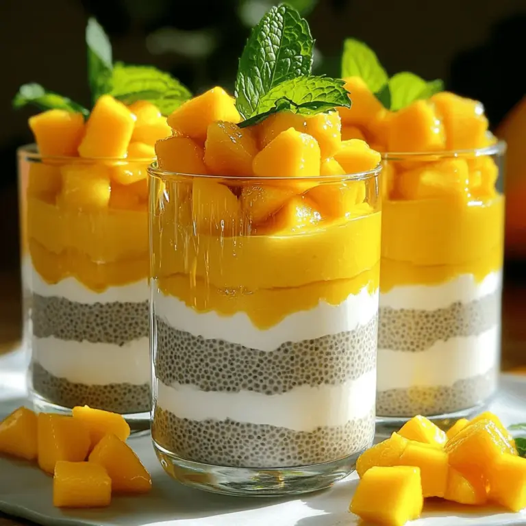 Für diesen leckeren Mango Kokos Chia Pudding benötigst du: - 1 Tasse Kokosmilch - 1/4 Tasse Chiasamen - 2 Esslöffel Ahornsirup oder Honig - 1 reife Mango, gewürfelt - 1/2 Teelöffel Vanilleextrakt - Eine Prise Salz - Frische Minzblätter zur Garnierung (optional) Jede Zutat spielt eine wichtige Rolle. Die Kokosmilch gibt dem Pudding eine cremige Textur. Die Chiasamen nehmen die Flüssigkeit auf und machen den Pudding dick. Die Mango bringt Süße und Farbe. Vanille und Salz heben die Aromen hervor. Wenn du keine Kokosmilch hast, probiere Mandel- oder Hafermilch. Sie sind auch lecker. Du kannst den Ahornsirup durch Honig ersetzen, wenn du magst. Gehe sparsam mit Süßungsmitteln um. Die Mango ist wichtig, aber du kannst auch Pfirsich oder Ananas verwenden. Chiasamen sind reich an Ballaststoffen und Omega-3-Fettsäuren. Sie unterstützen die Verdauung und fördern die Herzgesundheit. Kokosmilch enthält gesunde Fette, die dir Energie geben. Mango ist voll mit Vitaminen und Antioxidantien. Sie stärkt dein Immunsystem. Diese Zutaten machen den Pudding zu einer gesunden Wahl. Du kannst die vollständige Rezeptur in der [Full Recipe] finden. Um den Mango Kokos Chia Pudding zu machen, beginne mit der Kokosmilch. Nimm eine Rührschüssel und gieße 1 Tasse Kokosmilch hinein. Füge 2 Esslöffel Ahornsirup und 1/2 Teelöffel Vanilleextrakt hinzu. Eine Prise Salz macht den Geschmack besser. Verquirle alles gut, bis die Mischung glatt ist. Jetzt kommen die Chiasamen. Nimm 1/4 Tasse Chiasamen und rühre sie langsam in die Kokosmilch-Mischung ein. Rühre ständig, damit sich keine Klumpen bilden. Die Chiasamen saugen die Flüssigkeit auf. Dies wird den Pudding dick machen. Decke die Schüssel ab und stelle sie in den Kühlschrank. Lass die Mischung mindestens 4 Stunden oder über Nacht ruhen. Die Chiasamen nehmen die Flüssigkeit auf und der Pudding wird fest. Nach der Kühlzeit rühre den Pudding gut um. So löst du eventuell entstandene Klumpen. Jetzt ist der Pudding bereit, um serviert zu werden. Du kannst ihn in ein Glas füllen und mit gewürfelter Mango oben drauf anrichten. Für das vollständige Rezept siehe Full Recipe. Ein häufiger Fehler ist, die Chiasamen zu schnell in die Flüssigkeit zu geben. Mischen Sie die Samen langsam, während Sie rühren. So vermeiden Sie Klumpen. Ein anderer Fehler ist, die Mischung nicht genug ruhen zu lassen. Lassen Sie den Pudding mindestens vier Stunden im Kühlschrank. So wird er schön fest. Der Pudding bleibt am besten im Kühlschrank. Verwenden Sie ein luftdichtes Glas oder einen Behälter. So bleibt der Pudding frisch und vermeidet Gerüche. Wenn Sie ihn länger aufbewahren wollen, können Sie ihn einfrieren. Teilen Sie ihn in Portionen auf, damit Sie immer einen kleinen Snack haben. Um die perfekte Konsistenz zu erreichen, achten Sie auf das Mischverhältnis. Die Chiasamen nehmen Flüssigkeit auf. Ein gutes Verhältnis ist 1:4, also eine Tasse Kokosmilch zu 1/4 Tasse Chiasamen. Wenn der Pudding zu flüssig ist, lassen Sie ihn länger ruhen. Wenn er zu fest ist, fügen Sie etwas Kokosmilch hinzu. Probieren Sie die Mischung einfach aus, um die ideale Textur zu finden. {{image_4}} Der Mango Kokos Chia Pudding ist sehr vielseitig. Du kannst andere Früchte verwenden, um neue Geschmäcker zu entdecken. Probiere Ananas, Erdbeeren oder Himbeeren. Diese Früchte bringen frische Aromen und Farben. Du kannst sie pürieren oder in Stücke schneiden. Füge sie einfach zu den Schichten hinzu. So wird dein Pudding immer anders und spannend. Wenn du eine vegane Option suchst, ist der Pudding einfach anzupassen. Statt Honig kannst du Agavendicksaft oder Dattelsirup nehmen. Diese Süßstoffe sind pflanzlich und lecker. Du solltest auch darauf achten, die Kokosmilch ohne tierische Produkte zu wählen. So bleibt dein Dessert rein vegan und trotzdem süß und cremig. Anstelle von Kokosmilch kannst du Nussmilch verwenden. Mandelmilch, Cashew- oder Hafermilch sind gute Alternativen. Jede Nussmilch hat ihren eigenen Geschmack. Sie geben dem Pudding eine neue Note. Achte darauf, ungesüßte Varianten zu wählen. So kannst du die Süße besser kontrollieren. Experimentiere mit verschiedenen Nussmilchsorten für dein perfektes Ergebnis. Wenn du mehr Ideen brauchst, schau dir das [Full Recipe] an. Um den Mango Kokos Chia Pudding frisch zu halten, lege ihn in einen luftdichten Behälter. So bleibt der Pudding kühl und lecker. Stelle sicher, dass der Deckel fest sitzt. Der Kühlschrank hilft dabei, die Cremigkeit zu bewahren. Im Kühlschrank hält der Pudding bis zu fünf Tage. Achte darauf, ihn vor dem Essen gut umzurühren. Wenn du einen leicht anderen Geschmack bemerkst, ist es Zeit, ihn wegzuwerfen. Die frischen Zutaten sorgen für den besten Geschmack. Ja, du kannst den Chia-Pudding einfrieren! Fülle ihn in einen gefrierfesten Behälter. Achte darauf, etwas Platz zu lassen, da der Pudding beim Einfrieren expandiert. Wenn du ihn genießen möchtest, lasse ihn über Nacht im Kühlschrank auftauen. So bleibt die Textur fast gleich. Für die besten Ergebnisse, friere ihn nicht länger als einen Monat ein. Für das vollständige Rezept, schaue dir die Full Recipe an. Ja, Mango Kokos Chia Pudding ist gesund! Chiasamen sind reich an Ballaststoffen und Omega-3-Fettsäuren. Sie helfen, den Körper zu hydratisieren und das Sättigungsgefühl zu steigern. Kokosmilch hat gesunde Fette, die gut für das Herz sind. Mango liefert viele Vitamine, vor allem Vitamin C. Diese Kombination macht den Pudding zu einer nahrhaften Wahl. Ja, du kannst andere Süßungsmittel verwenden. Honig ist eine gute Option. Auch Agavendicksaft funktioniert gut. Wenn du den Zuckergehalt reduzieren möchtest, probiere Stevia oder Erythrit. Diese Alternativen geben dir die Flexibilität, den Geschmack anzupassen, ohne auf die Süße zu verzichten. Lass den Pudding mindestens 4 Stunden im Kühlschrank. Am besten lässt du ihn über Nacht stehen. So können die Chiasamen die Flüssigkeit gut aufnehmen. Das gibt dem Pudding die perfekte, cremige Konsistenz. Wenn du mehr Zeit hast, ist das sogar noch besser! Für das vollständige Rezept schaue dir die Anleitung für Mango-Kokos-Chia-Pudding an. Mango Kokos Chia Pudding ist einfach zu machen und gesund. Wir haben die Zutaten, Schritte und Tipps durchgesehen. Gesundheitsvorteile sind beeindruckend. Der Pudding schmeckt toll mit vielen Variationen. Bewahre ihn richtig auf für besten Genuss. Denke daran, Fehler zu vermeiden und die Konsistenz zu prüfen. Mit ein paar Tricks gelingt dir der perfekte Chia-Pudding. Probiere verschiedene Früchte und Nussmilchsorten aus. So entdeckst du immer neue Geschmackserlebnisse. Erfreue dich an deinem Pudding und teile ihn mit anderen!