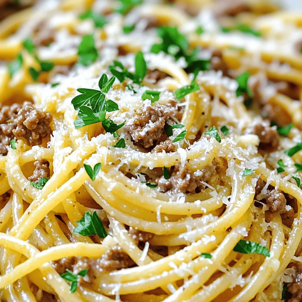 - Spaghetti oder andere Pasta - Rinderhackfleisch - Knoblauch und Butter Die Basis für dieses Gericht sind einfache, aber leckere Zutaten. Du kannst Spaghetti oder deine Lieblingspasta verwenden. Rinderhackfleisch gibt dem Gericht einen herzhaften Geschmack. Knoblauch und Butter bringen das Aroma, das wir lieben. - Italienische Gewürzmischung - Salz und Pfeffer - Parmesan Um den Geschmack zu verbessern, benötigen wir einige Gewürze. Die italienische Gewürzmischung bringt das Gericht zum Leben. Salz und Pfeffer sind wichtig, um die Aromen auszubalancieren. Der Parmesan gibt der Sauce eine schöne, cremige Note. - Frische Petersilie Die frische Petersilie ist der letzte Schliff. Sie fügt Farbe und Frische hinzu. Ein wenig davon macht das Gericht nicht nur schön, sondern auch noch schmackhafter. Für das komplette Rezept schau dir die [Full Recipe] an. Zuerst bringst du einen großen Topf mit Wasser zum Kochen. Füge einen Teelöffel Salz hinzu. Wenn das Wasser sprudelt, gib die Spaghetti hinein. Koche sie nach Packungsanweisung al dente. Das bedeutet, dass sie noch einen leichten Biss haben sollten. Bevor du die Pasta abgießt, hebe etwas Nudelwasser auf. Etwa 120 ml sind genug. Dann gieße die Spaghetti ab und stelle sie beiseite. In einer großen Pfanne erhitzt du etwas Öl bei mittlerer Hitze. Füge das Rinderhackfleisch hinzu. Brate es gut an, bis es braun ist. Dies dauert etwa 5 bis 7 Minuten. Würze das Fleisch mit Salz, Pfeffer und italienischer Gewürzmischung. Rühre das Fleisch dabei gut um. So wird es gleichmäßig gewürzt und lecker. Sobald das Fleisch fertig ist, füge die fein gehackten Knoblauchzehen hinzu. Lasse sie für etwa 1 bis 2 Minuten braten. Achte darauf, dass der Knoblauch nicht verbrennt. Er soll nur duften. Dann gieße die Rinderbrühe und die Butter in die Pfanne. Rühre alles gut durch, bis die Butter schmilzt. Lass die Sauce für 2 bis 3 Minuten köcheln, bis sie leicht eindickt. Jetzt ist es Zeit, die Spaghetti zur Sauce zu geben. Gib die abgetropften Spaghetti in die Pfanne. Mische alles gut, damit die Pasta die Sauce aufnimmt. Wenn das Gericht zu trocken wirkt, füge nach und nach etwas vom aufbewahrten Nudelwasser hinzu. So erreichst du die gewünschte Konsistenz. Zum Schluss rührst du den geriebenen Parmesan unter die Pasta. Er sorgt für eine cremige Textur und einen tollen Geschmack. Probiere das Gericht und schmecke es ab. Vielleicht brauchst du noch etwas mehr Salz oder Pfeffer. Serviere die Pasta sofort und garniere sie mit frisch gehackter Petersilie. Sie gibt dem Gericht nicht nur Farbe, sondern auch frische Aromen. Dies ist die Schritt-für-Schritt-Anleitung für die 30-Minuten Rinder- und Knoblauchbutter-Pasta. Du findest das gesamte Rezept im Abschnitt "Full Recipe". Um die richtige Garzeit zu finden, folge den Anweisungen auf der Packung. Normalerweise dauert es etwa 8 bis 10 Minuten. Probiere die Pasta kurz vor Ende der Zeit. Sie sollte weich, aber noch bissfest sein. Das nennt man al dente. - Tipps zum perfekten Al Dente: - Nutze viel Wasser zum Kochen. - Füge Salz hinzu, bevor du die Pasta hinzufügst. - Rühre die Pasta während des Kochens um, damit sie nicht klebt. Die Temperatur ist wichtig. Erhitze die Pfanne bei mittlerer Hitze. Füge dann das Rinderhackfleisch hinzu. Brate es etwa 5 bis 7 Minuten. Es sollte eine schöne braune Farbe haben. - Vermeidung von trockenem Fleisch: - Verwende frisches Rinderhackfleisch. - Rühre oft, um ein gleichmäßiges Garen zu gewährleisten. - Achte darauf, das Fleisch nicht zu lange zu braten. Nudelwasser ist ein Geheimnis für eine gute Sauce. Es enthält Stärke, die die Sauce bindet. Bewahre etwa 120 ml Nudelwasser auf, bevor du die Pasta abgießt. - Verwendung von Nudelwasser: - Füge das Nudelwasser nach Bedarf zur Sauce hinzu. - Dies macht die Sauce cremiger und hilft, die Pasta zu binden. - Anpassungen der Gewürze: - Schmecke die Sauce ab, bevor du sie servierst. - Füge mehr Salz, Pfeffer oder italienische Gewürze hinzu, wenn nötig. Für mehr Details und die vollständige Anleitung, schau dir das Rezept für die 30-Minuten Rinder- und Knoblauchbutter-Pasta an. {{image_4}} Weißwein kann eine tolle Geschmacksnote hinzufügen. Füge etwa 100 ml Weißwein in die Pfanne, nachdem du das Rinderhack angebraten hast. Lasse den Wein einige Minuten köcheln, damit der Alkohol verdampfen kann. Dies bringt eine schöne Tiefe in die Sauce. Der Wein ergänzt die Aromen und macht das Gericht noch interessanter. Für eine gemüsereiche Variante kannst du Zucchini oder Paprika hinzufügen. Schneide das Gemüse in kleine Stücke und brate es zusammen mit dem Rinderhack an. Das fügt Farbe und Nährstoffe hinzu. Die Süße von Zucchini oder Paprika passt gut zu den herzhaften Aromen der Sauce. Du kannst auch andere Gemüsesorten verwenden, je nach deinem Geschmack. Wenn du eine glutenfreie Version machen möchtest, wähle glutenfreie Pasta. Es gibt viele Optionen wie Reis- oder Linsenpasta. Koche die glutenfreie Pasta wie angegeben auf der Verpackung. Sie hat oft eine andere Konsistenz, ist aber ebenso lecker. So kannst du das Gericht genießen, ohne auf den Geschmack zu verzichten. Für die vollständige Anleitung und alle Zutaten, schau dir das [Full Recipe] an. Um deine 30-Minuten Rinder- und Knoblauchbutter-Pasta richtig zu lagern, solltest du sie in einem luftdichten Behälter aufbewahren. Lass das Gericht zuerst auf Raumtemperatur abkühlen, bevor du es in den Kühlschrank stellst. So bleibt der Geschmack frisch. - Haltbarkeit des Gerichts: Die Pasta bleibt im Kühlschrank bis zu drei Tage haltbar. Falls du Reste hast, kannst du die Pasta einfrieren. Teile die Portionen in kleine Behälter auf. Achte darauf, sie gut zu verschließen, um Gefrierbrand zu vermeiden. - Anweisungen zum Einfrieren: Lass die Pasta zuerst auf Raumtemperatur abkühlen. Danach füllst du sie in geeignete Behälter und legst sie in den Gefrierschrank. - Wiederauftauen und Aufwärmen: Zum Auftauen stellst du die Behälter über Nacht in den Kühlschrank. Um sie wieder aufzuwärmen, kannst du die Pasta in einer Pfanne mit etwas Wasser oder Brühe erhitzen. So bleibt die Sauce cremig und lecker. Die gesamte Zubereitungszeit für die 30-Minuten Rinder- und Knoblauchbutter-Pasta beträgt 30 Minuten. Die Vorbereitungszeit ist nur 10 Minuten. In dieser Zeit kannst du die Zutaten abmessen und schneiden. Die Kochzeit für die Pasta und das Rindfleisch dauert etwa 20 Minuten. So kannst du schnell ein leckeres Gericht servieren. Ja, du kannst anderes Fleisch verwenden. Hähnchenhackfleisch ist eine gute Wahl. Auch Putenhackfleisch passt gut zu diesem Rezept. Wenn du etwas anderes möchtest, kannst du sogar Rindfleischsteaks klein schneiden und anbraten. Es ist wichtig, die Garzeiten anzupassen. Achte darauf, dass das Fleisch immer gut durchgegart ist. Ja, du kannst diese Pasta vegetarisch machen. Statt Rinderhackfleisch kannst du Linsen oder Sojahack verwenden. Diese Optionen bieten einen ähnlichen Geschmack und sind nährstoffreich. Nutze Gemüsebrühe anstelle von Rinderbrühe für die Sauce. Du kannst auch mehr Gemüse wie Zucchini oder Spinat hinzufügen, um das Gericht zu bereichern. Zu dieser Pasta passen viele Beilagen. Ein frischer grüner Salat ist eine tolle Wahl. Auch knuspriges Baguette oder Focaccia sind lecker. Du kannst die Pasta auch mit geröstetem Gemüse servieren. So hast du eine ausgewogene Mahlzeit. Für einen besonderen Touch kannst du auch ein Glas Rotwein dazu genießen. In diesem Blogbeitrag haben wir die Grundzutaten für ein leckeres Pasta-Gericht besprochen. Ich habe erklärt, wie du die Pasta perfekt zubereitest und das Rindfleisch anbratest. Zudem gab es Tipps zur Herstellung einer cremigen Sauce und Variationen für jeden Geschmack. Denke daran, dass eine gute Lagerung wichtig ist. So bleiben deine Reste frisch. Experimentiere mit den vorgeschlagenen Anpassungen, um dein Gericht zu verfeinern. Kochen macht Spaß, also lass deiner Kreativität freien Lauf!