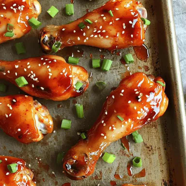 Für die süßen und würzigen Hähnchenschenkel benötigen Sie: - 8 Hähnchenschenkel - 60 ml Honig - 30 ml Sojasauce - 30 ml Sriracha-Sauce (nach Geschmack anpassen) - 15 ml Dijon-Senf - 3 Knoblauchzehen, fein gehackt - 1 Teelöffel gemahlener Ingwer - Salz und Pfeffer nach Geschmack - 15 ml Sesamöl - 15 ml Apfelessig Diese Zutaten sorgen für einen tollen Geschmack. Die Kombination aus Honig und Sriracha gibt den Hähnchenschenkeln die perfekte Balance zwischen süß und scharf. Die Marinade ist der Schlüssel zu diesen Hähnchenschenkeln. Sie sollten alle flüssigen Zutaten gründlich vermischen. Das sorgt für einen gleichmäßigen Geschmack. - Honig bringt Süße. - Sojasauce gibt Tiefe. - Sriracha fügt Schärfe hinzu. - Dijon-Senf sorgt für einen leichten Biss. - Knoblauch und Ingwer bringen frische Aromen. - Sesamöl fügt einen nussigen Geschmack hinzu. - Apfelessig bringt eine fruchtige Säure. Die Mischung wird in die Hähnchenschenkel einmassiert. So ziehen die Aromen gut ein. Lassen Sie die Schenkel mindestens 30 Minuten marinieren. Je länger, desto besser! Die Garnierungen sind das i-Tüpfelchen. Sie machen die Hähnchenschenkel nicht nur schön, sondern auch lecker. - 2 Frühlingszwiebeln, gehackt - Sesamkörner Die Frühlingszwiebeln bringen Frische. Die Sesamkörner fügen Crunch hinzu. Streuen Sie beides großzügig über die fertigen Hähnchenschenkel. So sehen sie toll aus und schmecken noch besser! Für das vollständige Rezept schauen Sie bitte auf die [Full Recipe]. Um die Marinade vorzubereiten, mische ich zuerst Honig, Sojasauce und Sriracha. Diese Zutaten geben den Hähnchenschenkeln ihren süßen und scharfen Geschmack. Ich füge dann Dijon-Senf, gehackten Knoblauch und gemahlenen Ingwer hinzu. Diese Zutaten bringen Tiefe und Aroma in die Marinade. Zum Schluss gebe ich Sesamöl, Apfelessig, Salz und Pfeffer dazu. Ich rühre alles gut um, bis die Mischung glatt ist. Ich lege die Hähnchenschenkel in einen großen Gefrierbeutel oder eine Schüssel. Dann gieße ich die Marinade über das Hähnchen. Es ist wichtig, dass jedes Stück gut bedeckt ist. Ich verschließe den Beutel oder decke die Schüssel ab. Dann stelle ich das Ganze für mindestens 30 Minuten in den Kühlschrank. Wenn ich mehr Zeit habe, lasse ich es bis zu 2 Stunden marinieren. So zieht der Geschmack richtig ein. Ich heize den Ofen auf 200°C vor. Während der Ofen vorheizt, lege ich ein Backblech mit Aluminiumfolie aus. Ich stelle einen Kühlrost darauf, damit das Fett abtropfen kann. Dann platziere ich die marinierten Hähnchenschenkel auf dem Rost. Es ist wichtig, dass sie sich nicht berühren. Ich backe sie für 35-40 Minuten, bis sie goldbraun sind. Die Innentemperatur sollte 75°C erreichen. In den letzten 10 Minuten baste ich die Hähnchenschenkel mit der restlichen Marinade. Nach dem Garen lasse ich sie 5 Minuten ruhen. Zum Schluss garniere ich sie mit Frühlingszwiebeln und Sesamkörnern. Das ist der Weg zu perfekten süßen und würzigen Hähnchenschenkeln! Für das vollständige Rezept, siehe [Full Recipe]. Die Marinierzeit ist wichtig für den Geschmack der Hähnchenschenkel. Ich empfehle, sie mindestens 30 Minuten im Kühlschrank zu lassen. Wenn Sie Zeit haben, marinieren Sie sie bis zu 2 Stunden. So ziehen die Aromen besser ein und das Fleisch wird zart. Die richtige Temperatur ist wichtig. Heizen Sie den Ofen auf 200°C vor. Die Hähnchenschenkel brauchen etwa 35 bis 40 Minuten. Verwenden Sie ein Fleischthermometer, um sicherzustellen, dass die Innentemperatur 75°C erreicht. So sind sie perfekt durchgegart und saftig. Wenn Sie einen Grill haben, probieren Sie es dort! Grillen bringt ein tolles Aroma. Marinieren Sie die Hähnchenschenkel wie gewohnt. Heizen Sie den Grill auf mittlere Hitze vor und grillen Sie die Schenkel für etwa 20 bis 25 Minuten. Wenden Sie sie regelmäßig, damit sie gleichmäßig garen. Für das vollständige Rezept schauen Sie bitte hier: [Full Recipe]. {{image_4}} Süßigkeiten bringen einen tollen Geschmack zu den Hähnchenschenkeln. Ich liebe es, Ananas oder Pfirsiche hinzuzufügen. Diese Früchte machen das Gericht fruchtig und süß. Sie können frische oder Dosenfrüchte verwenden. Schneiden Sie die Ananas oder Pfirsiche in kleine Stücke. Fügen Sie sie zur Marinade hinzu oder legen Sie sie während des Backens auf die Hähnchenschenkel. Das sorgt für eine leckere, karamellisierte Note. Die Schärfe macht das Gericht spannend. Sie können den Schärfegrad leicht anpassen. Wenn Sie es milder mögen, reduzieren Sie die Sriracha-Sauce. Fügen Sie stattdessen etwas Honig hinzu, um die Süße zu verstärken. Für mehr Schärfe können Sie frische Chilischoten oder Cayennepfeffer verwenden. Experimentieren Sie mit verschiedenen Schärfegraden, um Ihre perfekte Mischung zu finden. Wenn Sie eine vegetarische oder vegane Option möchten, gibt es tolle Alternativen. Ersetzen Sie die Hähnchenschenkel durch Tofu oder Tempeh. Marinieren Sie diese wie im Rezept beschrieben. Achten Sie darauf, den Tofu gut zu pressen, damit er die Marinade aufnimmt. Eine andere Option ist, Gemüse wie Blumenkohl oder Zucchini zu verwenden. Diese können ebenfalls gebacken werden und nehmen den süßen und würzigen Geschmack auf. Die Hähnchenschenkel sollten in einem luftdichten Behälter aufbewahrt werden. So bleiben sie frisch. Lagern Sie sie im Kühlschrank. Frisch zubereitete Hähnchenschenkel halten sich etwa drei bis vier Tage. Wenn Sie sie länger aufbewahren möchten, sollten Sie sie einfrieren. Wenn Sie die Hähnchenschenkel länger aufbewahren möchten, frieren Sie sie ein. Stellen Sie sicher, dass sie gut verpackt sind. Verwenden Sie Gefrierbeutel oder luftdichte Behälter. So vermeiden Sie Gefrierbrand. Die Schenkel können bis zu drei Monate im Gefrierfach bleiben. Zum Auftauen legen Sie sie einfach über Nacht in den Kühlschrank. Das Aufwärmen der Hähnchenschenkel ist einfach. Sie können sie im Ofen auf 180°C (350°F) aufwärmen. Legen Sie die Schenkel auf ein Backblech und decken Sie sie mit Folie ab. So bleiben sie saftig. Nach etwa 15-20 Minuten sind sie warm. Alternativ können Sie die Schenkel auch in der Mikrowelle aufwärmen. Achten Sie darauf, sie gleichmäßig zu erhitzen, um die beste Textur zu erhalten. Für besten Geschmack marinieren Sie die Hähnchenschenkel mindestens 30 Minuten. Wenn Sie mehr Zeit haben, lassen Sie sie bis zu 2 Stunden im Kühlschrank. Längeres Marinieren macht das Fleisch zarter und voller Geschmack. Die Marinade zieht besser ein und verbindet sich gut mit dem Hähnchen. Ja, die Hähnchenschenkel lassen sich wunderbar im Air Fryer zubereiten! Stellen Sie die Temperatur auf 200°C ein. Die Garzeit beträgt etwa 25 bis 30 Minuten. Wenden Sie die Schenkel nach der Hälfte der Zeit. So werden sie schön knusprig und bleiben saftig. Einige leckere Beilagen sind: - Gebratene Reisgerichte - Knusprige Pommes frites - Frischer grüner Salat - Gegrilltes Gemüse - Kartoffelpüree Diese Beilagen ergänzen die Aromen der Hähnchenschenkel perfekt! Experimentieren Sie mit verschiedenen Kombinationen für ein tolles Essen. Besuchen Sie auch das [Full Recipe] für eine detaillierte Anleitung! Zusammenfassend habe ich die wichtigsten Zutaten und Schritte zur Zubereitung von Hähnchenschenkeln vorgestellt. Ich habe auch Tipps gegeben, um sie perfekt zu marinieren und zuzubereiten. Viele Variationen sind möglich, egal ob süß oder scharf. Außerdem habe ich Lagerinformationen und häufige Fragen beantwortet. Die Hauptsache ist, Spaß beim Kochen zu haben. Experimentiere mit verschiedenen Aromen und genieße deine Mahlzeiten. Viel Erfolg in der Küche!