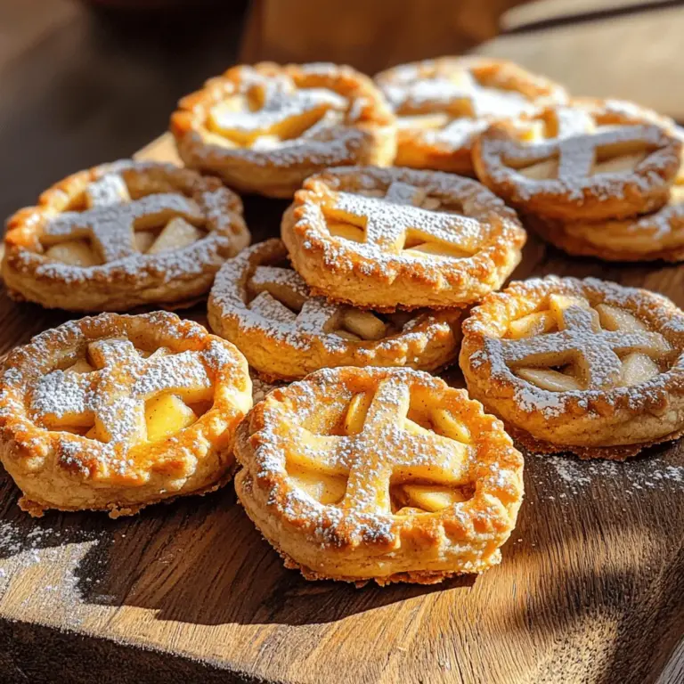 - 2 Tassen Weizenmehl - 1/2 Tasse Zucker - 1/2 Teelöffel Salz Die Hauptzutaten bilden die Basis für unsere Plätzchen. Das Weizenmehl gibt den Plätzchen Struktur. Zucker sorgt für die Süße, während das Salz den Geschmack hebt. - 1 Teelöffel Backpulver - 1 Teelöffel gemahlener Zimt - 1/2 Tasse ungesalzene Butter, kalt und gewürfelt Das Backpulver hilft den Plätzchen, schön aufzugehen. Zimt bringt den warmen, würzigen Geschmack, den wir lieben. Kalte Butter sorgt für einen zarten Teig. - 2 Tassen geschälte und gewürfelte Äpfel - 1/4 Tasse brauner Zucker - 1 Esslöffel Zitronensaft Die Füllung macht diese Plätzchen besonders. Äpfel geben Frische und Saftigkeit. Brauner Zucker fügt Tiefe und Karamellnoten hinzu, während Zitronensaft den Geschmack aufhellt. Für die vollständige Rezeptanleitung, schau dir das Rezept "Perfekte Apfelkuchen-Plätzchen" an. Zuerst mischst du in einer großen Schüssel die trockenen Zutaten. Nimm 2 Tassen Weizenmehl, 1/2 Tasse Zucker, 1/2 Teelöffel Salz, 1 Teelöffel Backpulver und 1 Teelöffel Zimt. Rühre alles gut um, bis die Mischung gleichmäßig ist. Jetzt kommt die kalte Butter ins Spiel. Du benötigst 1/2 Tasse ungesalzene Butter, die du in kleine Stücke schneidest. Gib die Butter zur Mehlmischung. Mit den Fingern oder einem Teigmischer knetest du alles, bis die Mischung grob und krümelig aussieht. Für die Füllung brauchst du 2 Tassen geschälte und gewürfelte Äpfel. Mische sie in einer anderen Schüssel mit 1/4 Tasse braunem Zucker, 1 Esslöffel Zitronensaft und 1/2 Teelöffel gemahlener Muskatnuss. Rühre alles gut durch, damit die Äpfel gleichmäßig bedeckt sind. Rolle den Teig auf einer bemehlten Fläche aus. Du solltest ihn etwa 3 mm dick machen. Steche mit einem Keksausstecher Kreise aus, die etwa 8 cm groß sind. Lege in die Mitte der Hälfte der Kreise einen Esslöffel der Apfelfüllung. Dann schließe die Plätzchen mit den anderen Kreisen. Drücke die Ränder gut zusammen und benutze eine Gabel, um die Ränder zu verzieren. Bestreiche die Oberseiten mit der Eiwasch, die aus einem verquirlten Ei und 1 Esslöffel Wasser besteht. Lege die Plätzchen auf ein Backblech und backe sie bei 190 °C für 18-20 Minuten. Sie sollten leicht goldbraun sein. Nach dem Backen lasse sie auf einem Kuchengitter abkühlen. Wenn du magst, kannst du sie mit Puderzucker bestäuben. Für das vollständige Rezept schau dir die Anleitung für die perfekten Apfelkuchen-Plätzchen an! Um den besten Teig für die Apfelkuchen-Plätzchen zu bekommen, achte auf die richtige Mischtechnik. Du solltest die kalte Butter in die Mehlmischung einarbeiten, bis sie wie grobe Brösel aussieht. Das hilft, die Plätzchen knusprig zu machen. Vermische die trockenen Zutaten zuerst. Dann füge die Butter hinzu. Verwende deine Finger oder einen Teigmischer, um die Butter einzuarbeiten. Mische nicht zu viel, sonst wird der Teig zäh. Die Auswahl der Äpfel ist entscheidend für den Geschmack deiner Plätzchen. Ich empfehle, Granny Smith-Äpfel zu verwenden. Diese Äpfel sind sauer und geben einen tollen Kontrast zum süßen Teig. Du kannst auch andere Sorten wie Honeycrisp oder Braeburn ausprobieren. Achte darauf, dass die Äpfel frisch sind und fest anfühlen. Schneide sie in kleine Würfel, damit sie gleichmäßig garen. Die Backzeit und Temperatur sind wichtig für gleichmäßiges Backen. Heize den Ofen auf 190 °C vor. Die Plätzchen sollten 18 bis 20 Minuten backen. Achte darauf, dass sie leicht goldbraun sind. Wenn du mehrere Bleche gleichzeitig backst, wechsle die Bleche nach der Hälfte der Zeit. Das sorgt für gleichmäßige Hitzeverteilung. So bekommst du perfekte Plätzchen aus jedem Blech. {{image_4}} Du kannst die Apfelfüllung ganz leicht anpassen. Wenn du keine Äpfel magst, probiere Birnen oder Pflaumen. Diese Früchte bringen ihren eigenen, süßen Geschmack. Du kannst auch gemischte Früchte verwenden. Füge ein wenig Zimt oder Muskatnuss hinzu, um den Geschmack zu verstärken. Diese Gewürze passen gut zu vielen Obstsorten. Denke auch an getrocknete Früchte. Rosinen oder Cranberries geben eine interessante Note. Wenn du Gluten vermeiden möchtest, kannst du einen glutenfreien Teig machen. Verwende eine Mischung aus glutenfreiem Mehl. Du kannst auch Mandel- oder Kokosmehl nutzen. Diese Mehle geben dem Teig einen besonderen Geschmack. Achte darauf, die Flüssigkeit anzupassen. Glutenfreier Teig kann anders reagieren. Experimentiere ein wenig, um die perfekte Konsistenz zu finden. Das Topping kann dein Plätzchen noch besser machen. Füge Schokoladenstückchen zur Füllung hinzu. Das macht die Plätzchen noch schokoladiger. Du kannst auch Nüsse wie Walnüsse oder Pekannüsse hinzufügen. Diese geben einen schönen Crunch. Experimentiere mit Gewürzen wie Ingwer oder Nelken. Sie verleihen deinem Plätzchen eine neue Tiefe. Jede dieser Anpassungen macht dein Plätzchen einzigartig und lecker. Um die Frische der Plätzchen zu bewahren, sollten Sie sie in einem luftdichten Behälter aufbewahren. Legen Sie ein Stück Backpapier zwischen die Schichten, um ein Verkleben zu verhindern. So bleiben sie knusprig und lecker. Lagern Sie die Plätzchen an einem kühlen, trockenen Ort. Vermeiden Sie Feuchtigkeit, da sie die Plätzchen weich machen kann. Sie können die Plätzchen auch einfrieren. Lassen Sie die Plätzchen zuerst vollständig abkühlen. Legen Sie sie dann in eine gefriergeeignete Tüte oder einen Behälter. Achten Sie darauf, die Luft so gut wie möglich herauszudrücken. So bleiben die Plätzchen frisch und lecker. Zum Auftauen legen Sie sie einfach bei Raumtemperatur für ein paar Stunden heraus. Sie können sie auch kurz in den Ofen legen, um sie leicht zu erwärmen. Die Plätzchen sind bei richtiger Lagerung etwa eine Woche haltbar. Im Gefrierfach können sie bis zu drei Monate aufbewahrt werden. Nach dem Auftauen sollten Sie die Plätzchen innerhalb von drei Tagen essen. So schmecken sie immer frisch und lecker. Um die besten Apple Pie Cookies zu machen, achte auf die Teigkonsistenz. Der Teig sollte nicht zu nass oder zu trocken sein. Arbeite die kalte Butter gut in das Mehl ein, bis die Mischung krümelig ist. Kühle den Teig vor dem Ausrollen. Dieser Schritt hilft, die Plätzchen knusprig zu machen. Verwende frische Äpfel für den besten Geschmack. Ich empfehle Granny Smith oder Honeycrisp. Sie geben einen tollen Mix aus Süße und Säure. Ja, du kannst die Plätzchen vorausbacken. Lass sie nach dem Backen ganz abkühlen. Lege sie dann in einen luftdichten Behälter. So bleiben sie frisch. Du kannst sie auch einfrieren. Wenn du sie wieder aufwärmen willst, lege sie einfach für ein paar Minuten in den Ofen. So schmecken sie fast wie frisch gebacken. Das Rezept ergibt etwa 12 Plätzchen. Du kannst die Anzahl leicht anpassen. Wenn du kleinere Plätzchen magst, steche einfach kleinere Kreise aus. Für größere Plätzchen, mache die Kreise größer. So passt das Rezept für jeden Anlass. Wenn jemand Allergien hat, gibt es einfache Anpassungen. Du kannst das Weizenmehl durch ein glutenfreies Mehl ersetzen. Auch die Butter lässt sich durch vegane Margarine ersetzen. Achte darauf, dass die Füllung keine Allergene enthält. Verwende sicherheitshalber auch ungesüßten Apfelmus, wenn nötig. Die vollständige Rezeptanleitung findest du hier: [Perfekte Apfelkuchen-Plätzchen 🥧](Full Recipe). Dieses Rezept für Apfelkuchen-Plätzchen vereint frische Äpfel mit einem leckeren Teig. Du hast gelernt, wie man die Hauptzutaten richtig vermischt und den Teig zubereitet. Ich hoffe, die Tipps und Variationen helfen dir, das perfekte Ergebnis zu erzielen. Vergiss nicht, deine Plätzchen gut zu lagern. Sie schmecken am besten frisch, sind aber auch sehr haltbar. Probiere verschiedene Füllungen und Teige aus. Viel Spaß beim Backen!