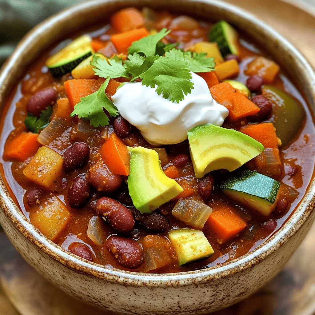 Für meinen Veggie-Packed Chili brauche ich einige frische Zutaten. Diese machen den Chili lecker und gesund. Hier sind die Hauptzutaten: - 1 Esslöffel Olivenöl - 1 große Zwiebel, gehackt - 2 Knoblauchzehen, fein gehackt - 1 Paprika (rot oder gelb), gewürfelt - 2 Karotten, gewürfelt - 1 Zucchini, gewürfelt - 1 Dose (425 g) Kidneybohnen, abgetropft und gespült - 1 Dose (425 g) schwarze Bohnen, abgetropft und gespült - 1 Dose (400 g) gewürfelte Tomaten - 2 Esslöffel Tomatenmark - 240 ml Gemüsebrühe Diese Zutaten geben dem Chili viel Geschmack und Nährstoffe. Die Gewürze machen den Chili besonders. Ich verwende: - 1 Esslöffel Chili-Pulver - 1 Teelöffel Kreuzkümmel - 1 Teelöffel geräuchertes Paprika-Pulver - Salz und Pfeffer nach Geschmack Diese Gewürze bringen Hitze und Tiefe in jedes Bisschen. Um dem Chili mehr Textur zu geben, kann ich einige Zutaten hinzufügen: - Mais, für Süße und Knusprigkeit - Paprika, für mehr Farbe und Geschmack - Frische Kräuter, wie Koriander oder Petersilie Diese Ergänzungen machen das Gericht noch interessanter. Du kannst auch weitere Gemüse ausprobieren oder deine eigenen Lieblingszutaten hinzufügen. Das ist der Reiz beim Kochen! Für das vollständige Rezept schaue dir den Abschnitt "Full Recipe" an. Zuerst musst du alle Zutaten bereitstellen. Das macht das Kochen leichter und schneller. Du benötigst: - 1 Esslöffel Olivenöl - 1 große Zwiebel, gehackt - 2 Knoblauchzehen, fein gehackt - 1 Paprika (rot oder gelb), gewürfelt - 2 Karotten, gewürfelt - 1 Zucchini, gewürfelt - 1 Dose (425 g) Kidneybohnen, abgetropft und gespült - 1 Dose (425 g) schwarze Bohnen, abgetropft und gespült - 1 Dose (400 g) gewürfelte Tomaten - 2 Esslöffel Tomatenmark - 240 ml Gemüsebrühe - 1 Esslöffel Chili-Pulver - 1 Teelöffel Kreuzkümmel - 1 Teelöffel geräuchertes Paprika-Pulver - Salz und Pfeffer nach Geschmack - Frische Korianderblätter, zur Garnierung - Avocado, in Scheiben, zum Servieren - Sauerrahm (oder pflanzliche Alternative), zum Garnieren Die Vorbereitung ist wichtig. Schneide das Gemüse in gleichmäßige Stücke. So garen sie gleichmäßig. Erhitze das Olivenöl in einem großen Topf bei mittlerer Hitze. Gib die Zwiebel in den Topf und brate sie 5 Minuten an, bis sie weich ist. Füge den Knoblauch hinzu und koche alles eine weitere Minute. Der Duft wird köstlich sein! Jetzt kommen die Paprika, Karotten und Zucchini. Koche alles 5-7 Minuten, bis das Gemüse leicht weich wird. Mische die Bohnen, gewürfelten Tomaten, Tomatenmark und Gemüsebrühe hinzu. Streue die Gewürze über das Gemüse. Chili-Pulver, Kreuzkümmel und geräuchertes Paprika-Pulver geben dem Chili tollen Geschmack. Rühre gut um, damit sich alles verbindet. Bringe die Mischung zum Kochen. Reduziere dann die Hitze und lasse das Chili 20-25 Minuten köcheln. Rühre gelegentlich um. Schmecke das Chili ab. Füge bei Bedarf mehr Salz oder Pfeffer hinzu. Wenn es gut schmeckt, ist es Zeit zum Servieren! Nimm eine Schüssel und fülle das Chili hinein. Garniere es mit frischem Koriander und Avocado-Scheiben. Ein Klecks Sauerrahm macht es noch besser. Wenn du mehr Details möchtest, schau dir das Full Recipe an. Viel Spaß beim Kochen! Um den Geschmack deines Chili zu verbessern, nutze frisches Gemüse. Frische Zwiebeln und Knoblauch geben viel Aroma. Röste die Gewürze kurz an, bevor du sie hinzufügst. Das bringt die Aromen besser zur Geltung. Verwende auch Gemüsebrühe mit viel Geschmack. Ein Spritzer Limettensaft kurz vor dem Servieren hebt die Frische und den Geschmack. Ein häufiger Fehler ist es, nicht genug Gemüse zu nutzen. Auch die Wahl der Bohnen ist wichtig. Mische verschiedene Bohnensorten für mehr Textur. Achte darauf, dass du das Chili nicht zu lange kochst. Dadurch wird das Gemüse matschig. Zu wenig Salz kann ebenfalls den Geschmack mindern. Probiere deinen Chili immer und passe die Gewürze an. Die Schärfe deines Chilis kannst du leicht anpassen. Beginne mit einem Teelöffel Chili-Pulver. Wenn du es schärfer magst, füge mehr hinzu. Alternativ kannst du frische Jalapeños oder andere Chilis verwenden. Wenn dein Chili zu scharf wird, füge etwas Zucker oder Schmand hinzu. Das bringt eine schöne Balance in die Schärfe. {{image_4}} Du kannst deinem Chili mehr Protein hinzufügen. Eine gute Wahl sind Linsen oder Quinoa. Diese Zutaten sind nahrhaft und einfach zu kochen. Linsen füge ich einfach zu den Bohnen hinzu. Quinoa kannst du vorher kochen und dann untermischen. Beide Optionen machen das Chili sättigender. Das Rezept ist bereits vegetarisch. Um es vegan zu machen, verwende einfach pflanzliche Alternativen. Zum Beispiel kannst du Sauerrahm durch einen veganen Joghurt ersetzen. Auch Käse lässt sich durch Hefeflocken ersetzen. Diese Anpassungen bewahren den tollen Geschmack, ohne tierische Produkte zu nutzen. Für eine glutenfreie Variante achte auf die Brühe. Stelle sicher, dass sie glutenfrei ist. Du kannst auch Gluten-freie Bohnen verwenden. Alle anderen Zutaten sind in der Regel glutenfrei. Mit diesen einfachen Anpassungen bleibt dein Chili lecker und sicher für alle. Für das vollständige Rezept schaue dir das Rezept für gemüsereicher Chili an. Du kannst Veggie-Packed Chili nach dem Kochen leicht im Kühlschrank lagern. Lass das Chili zuerst abkühlen. Gib es dann in einen luftdichten Behälter. Im Kühlschrank bleibt es bis zu einer Woche frisch. Achte darauf, dass du das Chili gut abdeckst, um Gerüche zu vermeiden. Das Einfrieren ist eine tolle Option. Teile dein Chili in kleine Portionen auf. Verwende gefriergeeignete Behälter oder Beutel. Achte darauf, etwas Platz für die Ausdehnung zu lassen. So bleibt das Chili bis zu drei Monate haltbar. Wenn du es auftauen möchtest, stelle es einfach über Nacht in den Kühlschrank. Um dein Chili wieder warm zu machen, gibt es verschiedene Methoden. Du kannst es in einem Topf auf dem Herd erhitzen. Rühre es häufig um, damit es gleichmäßig warm wird. Alternativ kannst du die Mikrowelle nutzen. Erhitze das Chili in einer mikrowellengeeigneten Schüssel. Decke es ab und wärme es in Intervallen von 1-2 Minuten auf. So bleibt der Geschmack frisch und lecker. Für mehr Details, schaue dir das [Full Recipe] an. Du kannst Veggie-Packed Chili im Kühlschrank bis zu fünf Tage aufbewahren. Stelle sicher, dass du es in einem luftdichten Behälter lagerst. Wenn du es länger aufbewahren möchtest, friere es ein. Im Gefrierschrank hält es bis zu drei Monate. Achte darauf, es gut zu verpacken, damit es nicht gefriert. Wenn du es wieder aufwärmst, erhitze es gut, bis es dampfend heiß ist. Ja, du kannst dieses Rezept ohne Bohnen zubereiten. Ersetze die Bohnen durch extra Gemüse oder Linsen. Das gibt deinem Chili weiterhin eine gute Textur und Nährstoffe. Du kannst zum Beispiel mehr Karotten oder Zucchini hinzufügen. Auch Kichererbsen passen gut. Wenn du es proteinreicher machen möchtest, füge Tofu oder Tempeh hinzu. Zu Veggie-Packed Chili passen viele Beilagen. Probiere frisches Brot oder Tortillas. Sie helfen, die leckere Soße aufzunehmen. Auch Reis oder Quinoa sind tolle Optionen. Wenn du es cremig magst, serviere etwas Sauerrahm oder Guacamole dazu. Frischer Koriander bringt einen tollen Geschmack. Du kannst auch etwas Käse darüber streuen, wenn du magst. Für das komplette Rezept, schau dir die [Full Recipe] an. Veggie-Packed Chili bietet viele Vorteile. Wir haben die Hauptzutaten, Gewürze und sogar Texturen angeschaut. Ich habe eine Schritt-für-Schritt-Anleitung gegeben, um es einfach zu machen. Tipps helfen, den Geschmack zu verbessern und Fehler zu vermeiden. Variationen erlauben Anpassungen für jeden Geschmack. Auch die Lagerung ist klar erklärt. Probiere dieses Rezept aus. Es ist einfach, lecker und gesund. Du wirst es lieben, dein eigenes Chili zu machen!