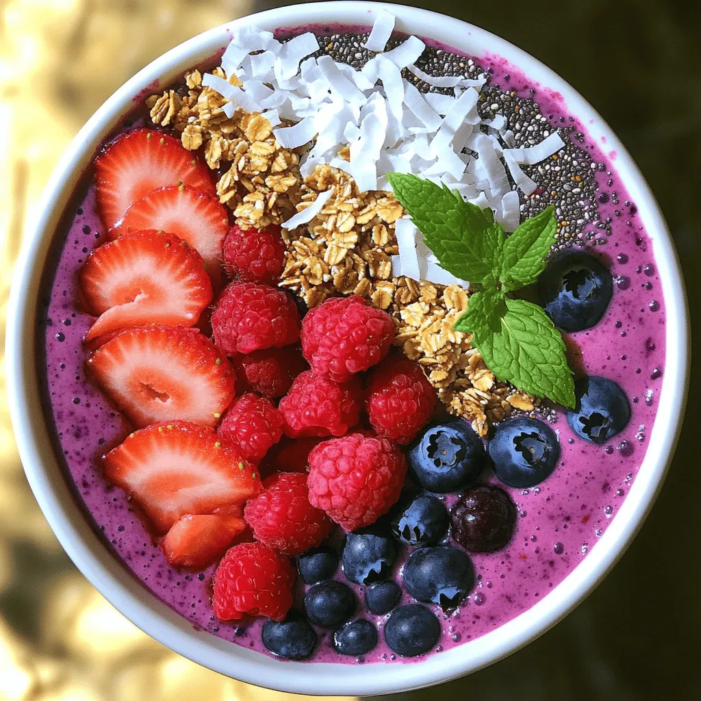 Für eine leckere Beeren-Smoothie-Bowl brauchst du: - 1 Tasse gemischte gefrorene Beeren (Erdbeeren, Heidelbeeren, Himbeeren) - 1 Banane, in Scheiben geschnitten - 1/2 Tasse griechischer Joghurt (oder pflanzliche Alternative) - 1/2 Tasse Mandelmilch (oder Milch nach Wahl) - 1 Esslöffel Honig oder Ahornsirup (optional) Diese Zutaten sind einfach zu finden. Gefrorene Beeren geben dir den besten Geschmack. Die Banane macht alles schön cremig. Der Joghurt sorgt für einen tollen Eiweißgehalt. Wenn du eine pflanzliche Option suchst, ist Joghurt auf Kokosbasis eine gute Wahl. Soja-Joghurt kann auch gut schmecken. Bei der Milch kannst du Hafer- oder Sojamilch verwenden. Diese Alternativen sind nahrhaft und lecker. Die Toppings machen die Bowl noch besser. Hier sind einige gute Ideen: - Frische Beeren für mehr Farbe und Geschmack - Granola für einen knusprigen Biss - Kokosraspeln für tropisches Flair - Chiasamen für extra Nährstoffe - Frische Minzblätter für einen frischen Kick Diese Toppings sind nicht nur lecker, sondern auch gesund. Sie geben deiner Smoothie-Bowl den letzten Schliff. Du kannst die Toppings mixen, um verschiedene Geschmäcker zu probieren. Schau dir das vollständige Rezept an, um mehr Inspiration zu bekommen! Zuerst sammeln Sie alle Zutaten. Für die Beeren-Smoothie-Bowl brauchen Sie: - 1 Tasse gemischte gefrorene Beeren (Erdbeeren, Heidelbeeren, Himbeeren) - 1 Banane, in Scheiben geschnitten - 1/2 Tasse griechischer Joghurt (oder pflanzliche Alternative) - 1/2 Tasse Mandelmilch (oder Milch nach Wahl) - 1 Esslöffel Honig oder Ahornsirup (optional) - Toppings: frische Beeren, Granola, Kokosraspeln, Chiasamen und Minzblätter Stellen Sie sicher, dass die gefrorenen Beeren gut gemischt sind. Dies sorgt für einen tollen Geschmack. Geben Sie die gefrorenen Beeren, die Bananenscheiben, den griechischen Joghurt und die Mandelmilch in einen Mixer. Wenn Sie es süßer mögen, fügen Sie den Honig oder Ahornsirup hinzu. Mixen Sie die Mischung auf hoher Stufe, bis sie glatt und cremig ist. Hören Sie auf, um die Seiten des Mixers abzukratzen. Wenn die Mischung zu dick ist, fügen Sie einen Spritzer mehr Milch hinzu. Gießen Sie den Smoothie vorsichtig in eine Schüssel. Arrangieren Sie die Toppings künstlerisch auf der Smoothie-Schicht. Beginnen Sie mit den geschnittenen frischen Beeren. Fügen Sie eine Handvoll Granola hinzu, gefolgt von einer Prise Kokosraspeln und Chiasamen für zusätzlichen Biss. Dekorieren Sie die Bowl mit frischen Minzblättern. Diese geben Frische und machen die Bowl ansprechend. Für das vollständige Rezept schauen Sie sich die Beerenzauber Smoothie-Bowl an. Um die perfekte Konsistenz für Ihre Beeren-Smoothie-Bowl zu erzielen, nutzen Sie gefrorene Beeren. Diese geben Ihnen eine dicke, cremige Basis. Verwenden Sie auch griechischen Joghurt. Er sorgt für eine reichhaltige Textur. Wenn die Mischung zu dick ist, fügen Sie einen Spritzer Mandelmilch hinzu. Mixen Sie die Zutaten gut, bis die Mischung glatt ist. Vermeiden Sie es, zu viel Milch hinzuzufügen, da dies die Konsistenz beeinflussen kann. Eine schöne, dicke Mischung bleibt besser auf dem Löffel. Die Präsentation ist wichtig für den Genuss. Beginnen Sie mit einer schönen Schicht der Smoothie-Mischung. Legen Sie frische Beeren in verschiedenen Farben obenauf. Das sieht nicht nur gut aus, sondern schmeckt auch frisch. Streuen Sie Granola für einen knusprigen Biss. Kokosraspel und Chiasamen fügen Textur hinzu. Verwenden Sie frische Minzblätter als Garnitur. Die grünen Blätter bringen Farbe ins Spiel. Arrangieren Sie alles kunstvoll für den Wow-Faktor. Das Rezept ist vielseitig und leicht anpassbar. Möchten Sie eine vegane Option? Verwenden Sie pflanzlichen Joghurt und Milch. Sie können auch die Beeren variieren. Probieren Sie exotische Früchte wie Mango oder Ananas. Fügen Sie Superfoods wie Spirulina oder Proteinpulver hinzu. Diese bringen zusätzliche Nährstoffe. Wenn Sie es süßer mögen, erhöhen Sie den Honig oder Sirup. Experimentieren Sie mit verschiedenen Toppings, um Ihren Geschmack zu treffen. Die Möglichkeiten sind endlos! {{image_4}} Du kannst viele Früchte in deine Smoothie-Bowl geben. Probiere Mango, Kiwi oder Ananas aus. Diese Früchte geben deinem Gericht eine fruchtige Note. Du kannst auch unterschiedliche Beeren verwenden. Himbeeren und Brombeeren sind ebenfalls lecker. Kombiniere verschiedene Früchte für mehr Geschmack und Farbe. Das macht jede Bowl einzigartig. Wenn du Allergien hast, gibt es gute Alternativen. Statt Joghurt kannst du Kokosjoghurt verwenden. Das ist laktosefrei und lecker. Für Nussallergiker gibt es Hafermilch oder Reisdrink. Diese Alternativen passen gut in dein Rezept. Achte darauf, dass deine Toppings auch allergiefrei sind. Zum Beispiel kannst du Sonnenblumenkerne statt Nüssen nutzen. Für mehr Protein kannst du Erdnuss- oder Mandelbutter hinzufügen. Diese machen die Bowl nahrhafter. Auch Proteinpulver ist eine gute Option. Du kannst es einfach im Mixer hinzufügen. Quark ist eine weitere tolle Möglichkeit. Er gibt der Bowl eine cremige Konsistenz und ist gesund. Probiere diese Ideen, um deine Smoothie-Bowl zu verbessern. Vergiss nicht das [Full Recipe] für weitere Tipps! Frische Toppings sind der Schlüssel zu einer leckeren Beeren-Smoothie-Bowl. Verwahre die Beeren im Kühlschrank. So bleiben sie frisch und saftig. Achte darauf, die Beeren nicht zu quetschen. Granola solltest du in einem luftdichten Behälter lagern. So bleibt es knusprig. Kokosraspeln und Chiasamen halten sich gut in einem trockenen Ort. Minzblätter verwelken schnell. Lagere sie am besten in Wasser im Kühlschrank. Du kannst die fertige Beeren-Smoothie-Bowl im Kühlschrank aufbewahren. Decke die Schüssel mit Frischhaltefolie ab. So bleibt die Bowl frisch für bis zu zwei Tage. Wenn du die Bowl länger aufbewahren willst, friere sie ein. Achte darauf, die Toppings vorher zu entfernen. Die Textur kann sich ändern, wenn du sie wieder auftaut. Du kannst die Zutaten für die Beeren-Smoothie-Bowl im Voraus vorbereiten. Mische die gefrorenen Beeren und die Banane in einem Behälter. Am Morgen kannst du einfach die Mischung mit Joghurt und Milch mixen. So sparst du Zeit. Du kannst auch die Toppings bereitstellen. Das macht es einfach, eine gesunde Mahlzeit schnell zuzubereiten. Probiere es aus, um mehr Zeit für andere Dinge zu haben! Eine Berry Smoothie Bowl bleibt frisch, wenn du sie richtig lagerst. Du kannst sie bis zu zwei Tage im Kühlschrank aufbewahren. Stelle sicher, dass die Schüssel gut abgedeckt ist. Das hilft, den Geschmack zu bewahren. Du kannst die Bowl auch einfrieren. Im Gefrierfach hält sie bis zu einem Monat. Wenn du sie essen möchtest, lasse sie über Nacht im Kühlschrank auftauen. Ja, du kannst frische Beeren anstelle von gefrorenen verwenden. Frische Beeren geben deiner Smoothie Bowl einen tollen Geschmack. Sie sind jedoch weniger dickflüssig als gefrorene Beeren. Wenn du frische Beeren nimmst, füge etwas mehr Eis hinzu. So bleibt die Bowl schön kühl und cremig. Achte darauf, die frischen Beeren gut zu waschen, bevor du sie verwendest. Die besten Entsafter für Smoothie-Bowls sind Mixer mit hoher Leistung. Ein Hochleistungsmixer macht die Mischung ganz glatt. Du kannst auch einen Standmixer verwenden, der für dicke Konsistenzen geeignet ist. Marken wie Vitamix oder Ninja sind sehr beliebt. Sie bieten die Leistung, die du brauchst. Wenn du einen Handmixer hast, kann das auch funktionieren, aber es dauert länger. Achte darauf, die Mischung gut zu bearbeiten, damit alles gleichmäßig ist. Wenn du mehr wissen möchtest, schau dir das Rezept für die Beerenzauber Smoothie-Bowl an. Eine Beeren-Smoothie-Bowl ist frisch, lecker und gesund. Du hast gelernt, welche Zutaten wichtig sind und welche Toppings den Geschmack verbessern. Wir haben einen einfachen Schritt-für-Schritt-Plan zur Zubereitung besprochen. Tipps zur Konsistenz helfen dir, die perfekte Bowl zu machen. Variationen bieten dir viele Optionen, und die Lagerung der Zutaten bleibt einfach. Denke daran, flexibel zu sein und deinen Geschmack einzubringen. Genieße deine kreative Smoothie-Bowl mit all den frischen Möglichkeiten!