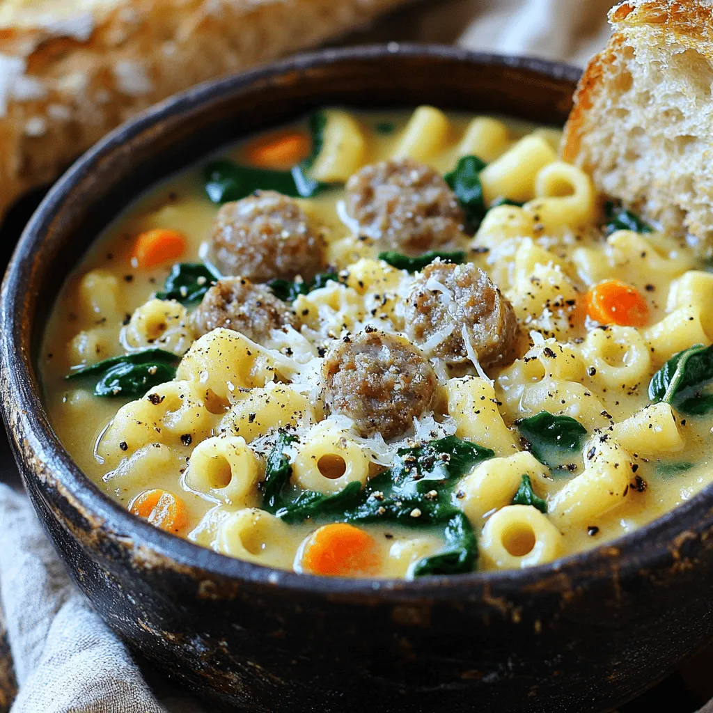 Für meine cremige Parmesan-Wurst Ditalini-Suppe brauchst du: - 450 g italienische Wurst (mild oder scharf, ohne Haut) - 1 mittlere Zwiebel, gewürfelt - 2 Knoblauchzehen, fein gehackt - 3 mittlere Karotten, gewürfelt - 2 Stangen Sellerie, gewürfelt - 1,5 Liter Hühnerbrühe - 250 g Ditalini-Nudeln - 1 Dose (425 g) gewürfelte Tomaten, ungespannt - 240 ml Sahne - 100 g geriebener Parmesan + extra zum Garnieren - 100 g Babyspinat - 1 Teelöffel italienische Gewürzmischung - Salz und Pfeffer nach Geschmack - 2 Esslöffel Olivenöl Die italienische Wurst ist der Star dieser Suppe. Sie verleiht dem Gericht viel Geschmack. Du kannst zwischen milder oder scharfer Wurst wählen. Wenn du eine Alternative suchst, probiere Hähnchenwurst oder vegane Wurst. Diese Optionen sind lecker und passen gut zu den anderen Zutaten. Ein weiterer wichtiger Punkt sind die Ditalini-Nudeln. Diese kleinen Röhrennudeln sind ideal für die Suppe. Sie nehmen die Aromen gut auf und geben der Suppe eine schöne Textur. Wenn du keine Ditalini findest, kannst du kleine Muschelnudeln oder Farfalle verwenden. Falls du Allergien hast, achte auf die Zutaten. Die Suppe enthält Milchprodukte durch die Sahne und den Parmesan. Du kannst die Sahne durch Kokosmilch ersetzen, wenn du eine milchfreie Option möchtest. Verwende einen veganen Parmesan, um das Gericht komplett pflanzlich zu halten. Für glutenfreie Optionen gibt es spezielle glutenfreie Ditalini. Achte darauf, dass auch die Hühnerbrühe glutenfrei ist. Diese Anpassungen helfen, die Suppe für verschiedene Ernährungsbedürfnisse zugänglich zu machen. Für die vollständige Anleitung und Zubereitung, schau dir das [Full Recipe] an. Die Vorbereitungszeit für diese Suppe beträgt nur 15 Minuten. Die gesamte Kochzeit liegt bei etwa 25 Minuten. In nur 40 Minuten kannst du eine köstliche Suppe für sechs Personen zubereiten. Perfekt für ein schnelles Abendessen! 1. Erhitze in einem großen Topf das Olivenöl bei mittlerer Hitze. 2. Füge die gewürfelte Zwiebel, Karotten und Sellerie hinzu. Brate sie 5-7 Minuten lang, bis das Gemüse weich ist. 3. Gib den gehackten Knoblauch dazu und brate ihn für 1-2 Minuten. Rühre häufig, um ein Anbrennen zu vermeiden. 4. Füge die italienische Wurst hinzu. Zerbrösele sie mit einem Holzlöffel und brate sie 5-8 Minuten, bis sie braun und durchgegart ist. 5. Gieße die Hühnerbrühe in den Topf und bringe die Mischung zum Kochen. 6. Füge die gewürfelten Tomaten und die italienische Gewürzmischung hinzu. Rühre alles gut um. 7. Sobald die Suppe kocht, füge die Ditalini-Nudeln hinzu. Reduziere die Hitze und lasse die Suppe 8-10 Minuten köcheln, bis die Nudeln al dente sind. 8. Rühre die Sahne und den geriebenen Parmesan ein, damit sie schmelzen und die Suppe cremig wird. 9. Gib den Babyspinat in die Suppe und lasse ihn 2-3 Minuten zusammenfallen. 10. Schmecke die Suppe mit Salz und Pfeffer ab. 11. Nimm die Suppe vom Herd und lasse sie einige Minuten stehen, damit sie dicker wird. Achte darauf, die Suppe während des Kochens nicht zu stark zu kochen, um die Zutaten nicht zu zerkochen. Die richtige Temperatur hält die Nudeln al dente und bewahrt den frischen Geschmack des Spinats. Lass die Suppe nach dem Kochen kurz stehen, damit sich die Aromen gut vermischen. So erhältst du die perfekte cremige Konsistenz. Für das vollständige Rezept, schau dir die [Full Recipe] an. Um die beste Konsistenz zu erreichen, koche die Ditalini-Nudeln nur bis sie al dente sind. So bleiben sie bissfest und matschen nicht in der Suppe. Füge die Sahne und den Parmesan erst kurz vor dem Servieren hinzu. Das macht die Suppe schön cremig, ohne dass sie zu dick wird. Wenn die Suppe zu dick ist, einfach etwas mehr Brühe hinzufügen. Frische Kräuter bringen den Geschmack auf die nächste Stufe. Basilikum oder Thymian passen gut zu dieser Suppe. Füge sie am Ende der Kochzeit hinzu. So bleibt der frische Geschmack erhalten. Ein Spritzer Zitronensaft wirkt Wunder und hebt die Aromen. Du kannst auch frische Petersilie zum Garnieren verwenden. Ein häufiger Fehler ist, die Suppe zu lange zu kochen. Dadurch wird das Gemüse matschig und die Nudeln zerfallen. Achte darauf, die Hitze rechtzeitig zu reduzieren. Ein weiterer Fehler ist, die Gewürze nicht richtig abzustimmen. Probiere die Suppe während des Kochens und passe den Geschmack an. Zu viel Salz kann die Aromen überdecken, also vorsichtig dosieren. Nutze die [Full Recipe] für eine klare Anleitung und mehr Tipps. {{image_4}} Für eine vegetarische oder vegane Version der cremigen Parmesan-Wurst Ditalini-Suppe können Sie die Wurst weglassen. Stattdessen nutzen Sie eine Mischung aus Pilzen und geräuchertem Paprika. Diese Zutaten geben einen herzhaften Geschmack. Für die Sahne verwenden Sie einfach eine pflanzliche Alternative, wie Kokos- oder Hafercreme. So bleibt die Suppe cremig und lecker. Wenn Sie es gerne würzig mögen, fügen Sie Chili-Flocken oder frische Jalapeños hinzu. Diese bringen eine schöne Schärfe in die Suppe. Auch frische Kräuter wie Basilikum oder Thymian können die Aromen verstärken. Experimentieren Sie mit verschiedenen Gewürzen, um die perfekte Balance zu finden. Nutzen Sie saisonales Gemüse für mehr Geschmack und Frische. Im Frühling können Sie Spargel oder Erbsen hinzufügen. Im Herbst sind Kürbis oder Süßkartoffeln eine tolle Wahl. Diese Zutaten passen gut zu der cremigen Basis und machen die Suppe noch nahrhafter. Denken Sie daran, die Kochzeit bei dickeren Gemüsesorten anzupassen. Um deine cremige Parmesan-Wurst Ditalini-Suppe frisch zu halten, lass sie zuerst abkühlen. Fülle die Suppe dann in einen luftdichten Behälter. Du kannst sie auch in Portionen aufteilen. So hast du immer eine schnelle Mahlzeit bereit. Stelle sicher, dass der Behälter gut verschlossen ist. So vermeidest du, dass die Suppe Gerüche aus dem Kühlschrank aufnimmt. Wenn du die Suppe aufwärmen willst, benutze einen Topf auf mittlerer Hitze. Rühre die Suppe gut um, damit sie gleichmäßig warm wird. Du kannst auch einen Schuss Brühe oder Wasser hinzufügen, um die Suppe etwas dünner zu machen. So bleibt sie cremig und lecker. Du kannst die Suppe auch in der Mikrowelle aufwärmen. Stelle sie in eine mikrowellengeeignete Schüssel und decke sie ab. Erhitze sie in kurzen Intervallen und rühre zwischendurch um. Im Kühlschrank hält die Suppe bis zu fünf Tage. Achte darauf, sie gut abzudecken. Wenn du länger etwas davon aufbewahren willst, kannst du die Suppe einfrieren. Fülle sie in Gefrierbeutel oder -behälter. So bleibt sie bis zu drei Monate frisch. Wenn du die Suppe wieder auftauen möchtest, lege sie über Nacht in den Kühlschrank. So bleibt der Geschmack und die Konsistenz erhalten. Um die Suppe dicker zu machen, probiere Folgendes: - Füge mehr Ditalini-Nudeln hinzu. Sie saugen die Flüssigkeit auf und machen die Suppe fester. - Püriere einen Teil der Suppe. Nimm eine Schöpfkelle, püriere sie und gib sie zurück in den Topf. - Verwende weniger Brühe als im Rezept. Reduziere die Menge auf 1 Liter, wenn du eine dickere Basis willst. Diese Methoden helfen dir, die perfekte Konsistenz zu erreichen. Ja, du kannst die Wurst ganz einfach ersetzen. Hier sind einige Optionen: - Verwende Hähnchen oder Pute für eine leichtere Variante. - Für eine vegetarische Option, nutze gebratene Pilze oder Tofu. - Füge Linsen hinzu, um einen herzhaften Geschmack zu erhalten. - Vegane Wurst ist auch eine gute Wahl für den gleichen Geschmack ohne Fleisch. Diese Alternativen machen die Suppe flexibel und schmackhaft. Zu dieser Suppe passen viele Beilagen gut: - Serviere knuspriges Brot oder Baguette zum Dippen. - Ein einfacher grüner Salat ergänzt die Suppe perfekt. - Probiere auch Käsecracker oder geröstete Brötchen. - Für etwas mehr Fülle sind gegrillte Sandwiches eine tolle Wahl. Diese Beilagen machen dein Essen noch besser. Diese Anleitung hat Ihnen viele Aspekte der Suppe erklärt. Wir haben Zutaten, Kochschritte und Tipps behandelt. Denken Sie an die Variationen für besondere Geschmäcker. Lagern Sie Reste richtig, um die Haltbarkeit zu verlängern. Beantworten Sie häufige Fragen, um Missverständnisse zu vermeiden. Kochen Sie mit Freude und experimentieren Sie. Schmecken Sie das Gericht an und genießen Sie! Kochen macht Spaß und bringt alle zusammen.