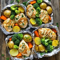 - Hähnchenbrustfilets: Du brauchst vier saftige Filets. Sie sind die Hauptzutat und liefern viel Protein. - Babykartoffeln und Babykarotten: Diese kleinen Kartoffeln und Karotten sind perfekt für diese Packungen. Sie kochen schnell und machen das Gericht bunt. - Ranch-Gewürzmischung: Ein Päckchen dieser Mischung bringt tollen Geschmack. Es ist einfach zu benutzen und passt gut zu Hähnchen und Gemüse. - Brokkoli und Olivenöl: Füge eine Tasse frische Brokkoliröschen hinzu. Das Olivenöl sorgt für einen schönen Glanz und hilft beim Garen. - Salz, Pfeffer und frische Petersilie: Diese Gewürze machen das Gericht frisch. Die Petersilie ist auch eine schöne Deko für dein Essen. Diese Zutaten machen deine Ranch Chicken Foil Packets einfach und lecker. Du kannst alle Zutaten in einem Satz vermischen. Wenn du mehr über die Zubereitung erfahren möchtest, schau dir das Full Recipe an. Heize deinen Ofen auf 200 °C vor oder bereite deinen Grill vor. Nimm eine große Schüssel und vermenge die Hähnchenbrustfilets, die halbierten Babykartoffeln und die grob gehackten Babykarotten. Diese Mischung macht das Gericht bunt und lecker. Beträufle die Mischung mit Olivenöl und streue die Ranch-Gewürzmischung gleichmäßig darüber. Mische alles gut, bis das Hähnchen und das Gemüse schön bedeckt sind. Schneide vier große Stücke Aluminiumfolie ab, etwa 30x45 cm groß. Diese Größe hilft, die Zutaten gut zu umschließen. Lege eine Portion der Hähnchen- und Gemüsemischung in die Mitte jedes Folienstücks. Kröne jede Portion mit ein paar Brokkoliröschen. Falte die Seiten der Folie hoch, um Pakete zu bilden. Achte darauf, dass du sie gut versiegelst, damit keine Flüssigkeit ausläuft. Lege die Folienpakete auf ein Backblech oder direkt auf den Grill. Backe sie im Ofen oder grille sie für etwa 25-30 Minuten. Das Hähnchen sollte durchgegart sein und das Gemüse schön zart. Öffne die Pakete vorsichtig, denn heißer Dampf kann entweichen. Serviere das Gericht heiß und garniere es mit frisch gehackter Petersilie. So sieht dein Essen nicht nur toll aus, sondern schmeckt auch fantastisch! Um sicherzustellen, dass Ihr Hähnchen perfekt zubereitet ist, sollten Sie die Garzeit genau beachten. Hähnchenbrustfilets sind nach etwa 25 bis 30 Minuten im Ofen oder Grill durchgegart. Um sicher zu gehen, verwenden Sie ein Fleischthermometer. Das Innere sollte 75 °C erreichen. Gemüse sollte zart und lecker sein. Die Babykartoffeln und Karotten brauchen die gleiche Zeit, um weich zu werden. Achten Sie darauf, dass alles gleichmäßig gar wird. Um den Geschmack zu verbessern, können Sie weitere Gewürze hinzufügen. Zum Beispiel Paprikapulver oder Knoblauchpulver passen gut dazu. Diese Gewürze bringen eine zusätzliche Schicht Aroma. Sie können die Aromen auch anpassen. Wenn Sie es schärfer mögen, fügen Sie etwas Cayennepfeffer hinzu. Für eine frischere Note sind Kräuter wie Rosmarin oder Thymian ideal. Experimentieren Sie ruhig und finden Sie Ihre perfekte Mischung. Die Präsentation Ihres Gerichts ist wichtig. Servieren Sie die Folienpakete direkt in der Folie, um ein rustikales Flair zu zeigen. Das sieht nicht nur gut aus, sondern spart auch Geschirr. Wenn Sie es moderner anrichten wollen, nehmen Sie den Inhalt und richten Sie ihn auf Tellern an. Ein Spritzer frischer Zitrone kann die Aromen intensivieren und die Farben hervorheben. So wird Ihr Gericht noch ansprechender. {{image_4}} Ihre Ranch Chicken Foil Packets können Sie leicht an die Saison anpassen. Zucchini und Paprika sind großartige Optionen. Diese Gemüse bringen Farbe und Textur in das Gericht. Sie sind auch einfach zu schneiden und zu mischen. Versuchen Sie, frisches Gemüse zu verwenden. Es hat mehr Geschmack und Nährstoffe. Für den Herbst können Sie Kürbis oder Rosenkohl hinzufügen. Diese Gemüse geben einen herzhaften Geschmack. Neben Hähnchen können Sie auch Putenbrust oder Fisch verwenden. Beide Optionen sind leicht und gesund. Putenbrust hat einen ähnlichen Geschmack wie Hähnchen. Fisch wie Lachs bringt eine feine Note. Vegane Alternativen sind auch möglich. Tofu oder Kichererbsen sind gute Optionen. Sie nehmen die Gewürze gut auf und machen das Gericht nahrhaft. Das Dressing ist entscheidend für den Geschmack Ihrer Pakete. Neben der Ranch-Gewürzmischung können Sie auch andere Dressings ausprobieren. Italienisches Dressing oder Balsamico sind lecker. Experimentieren Sie mit Kräutern und Gewürzen. Frischer Thymian oder Rosmarin bringt einen tollen Duft. Auch etwas Paprika oder Knoblauchpulver kann den Geschmack vertiefen. Seien Sie kreativ und finden Sie Ihre Lieblingskombination! Bewahre die Ranch Chicken Foil Packets im Kühlschrank auf. Stelle sicher, dass sie gut abgedeckt sind. So bleiben sie frisch und lecker. Du solltest sie innerhalb von drei Tagen essen. Das hält den Geschmack und die Textur optimal. Wenn du die Folienpakete für später aufbewahren möchtest, friere sie ein. Wickele sie gut in Frischhaltefolie und dann in Aluminiumfolie. So bleibt alles frisch. Zum Auftauen lege die Pakete einfach in den Kühlschrank. Nach ein paar Stunden sind sie bereit zum Kochen. Du kannst sie dann wie gewohnt backen oder grillen. Meal Prep ist eine tolle Idee für schnelle Abendessen. Bereite die Zutaten am Sonntag vor. Mische Hähnchen und Gemüse und packe sie in Folie. So hast du jeden Abend ein schnelles Essen. Wenn du wenig Zeit hast, helfen dir diese vorbereiteten Pakete sehr. Sie sind einfach und schmackhaft. Die Zubereitungszeit beträgt nur 10 Minuten. Das Kochen dauert 25 bis 30 Minuten. Insgesamt sind es also etwa 40 Minuten für ein leckeres Gericht. Ich finde es toll, wie schnell man diese Pakete macht. Du kannst sie sogar im Voraus vorbereiten! Ja, du kannst die Folienpakete auf dem Grill zubereiten. Stelle sicher, dass dein Grill heiß genug ist. Lege die Pakete direkt auf den Grillrost. So bekommst du ein rauchiges Aroma. Achte darauf, die Pakete gut zu versiegeln, damit die Säfte nicht auslaufen. Für Beilagen empfehle ich frischen Salat oder Brot. Ein knuspriges Baguette passt gut dazu. Auch Reis oder Quinoa sind tolle Optionen. Wenn du ein Getränk suchst, probiere ein kaltes Limonade oder Eistee. Diese Getränke ergänzen den Geschmack der Ranch Chicken Foil Packets perfekt. Du kannst die Reste in einer Wrap oder einem Sandwich verwenden. Füge etwas frischen Salat und eine Sauce hinzu. Eine andere Idee ist, die Reste in einer Suppe zu verwenden. Das gibt der Suppe mehr Geschmack und Fülle. So schaffst du neue und leckere Gerichte aus deinen Resten. Das Rezept ist von Natur aus glutenfrei. Achte darauf, eine glutenfreie Ranch-Gewürzmischung zu verwenden. Die meisten dieser Mischungen sind glutenfrei, aber es ist gut, die Zutaten zu prüfen. So kannst du sicher sein, dass dein Gericht für alle geeignet ist. Diese Anleitung zeigt, wie man Ranch Chicken Foil Packets zubereitet. Wir haben die besten Zutaten gewählt, die Zubereitung Schritt für Schritt erklärt und Tipps für die perfekte Präsentation gegeben. Denk daran, dass du das Rezept nach deinem Geschmack anpassen kannst. Die Variationen machen es einfach, Neues zu probieren. Lagerungshinweise helfen dir, Reste zu nutzen und zukünftige Mahlzeiten vorzubereiten. Mit diesem Wissen wirst du viele schmackhafte Abende genießen können.