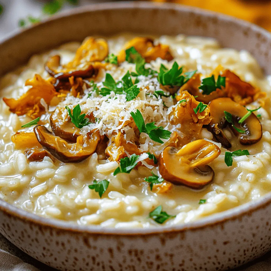 - 1 ½ Tassen Arborio-Reis - 5 Tassen Gemüsebrühe - 1 Tasse frische Pilze (Shiittake oder Cremini), in Scheiben geschnitten Die Hauptzutaten sind der Schlüssel zu einem großartigen Risotto. Arborio-Reis ist der beste Reis für dieses Gericht. Er hat eine hohe Stärke, die das Risotto cremig macht. Gemüsebrühe gibt dem Gericht viel Geschmack. Ich bevorzuge frische Pilze, da sie eine tolle Textur bieten. Shiittake oder Cremini sind perfekt. - 1 mittelgroße Zwiebel, fein gehackt - 2 Knoblauchzehen, gehackt - 1 Tasse Sahne - ½ Tasse geriebener Parmesan - 3 Esslöffel Olivenöl - 2 Esslöffel Butter Aromazutaten bringen Tiefe in das Risotto. Zwiebeln und Knoblauch geben einen tollen Duft. Die Sahne macht das Gericht extra cremig. Parmesan bringt einen würzigen Geschmack. Öl und Butter helfen, alles gut zu vermischen und geben einen schönen Glanz. - Salz und Pfeffer nach Geschmack - Frische Petersilie, gehackt, zum Garnieren Die Gewürze sind einfach, aber wichtig. Salz und Pfeffer heben den Geschmack hervor. Frische Petersilie als Garnierung bringt Farbe und Frische. Es ist ein schöner Kontrast zum cremigen Risotto. Für das vollständige Rezept und die Zubereitung schaue dir die [Full Recipe] an. Heize die Gemüsebrühe in einem kleinen Topf bei niedriger Hitze. Halte die Brühe warm während des Kochens. Das hilft, den Reis gleichmäßig zu garen. Erhitze das Olivenöl und die Butter in einer großen Pfanne. Füge die fein gehackte Zwiebel hinzu und brate sie weich, etwa 3-4 Minuten. Dann gib die geschnittenen Pilze dazu. Koche sie 5-6 Minuten lang, bis sie zart und goldbraun sind. Dies gibt dem Gericht einen tollen Geschmack. Gib den Arborio-Reis in die Pfanne. Rühre um, bis der Reis mit dem Öl und der Butter bedeckt ist. Röste den Reis 2-3 Minuten, bis er leicht durchsichtig wird. Beginne dann, die warme Brühe mit einer Kelle nach und nach hinzuzufügen. Rühre vorsichtig um, bis die Flüssigkeit fast ganz absorbiert ist. Wiederhole dies etwa 20-25 Minuten lang. Der Reis sollte cremig und al dente sein. Sobald der Reis fertig ist, reduziere die Hitze. Rühre die Sahne und den geriebenen Parmesan ein, bis alles gut vermischt ist. Schmecke das Risotto mit Salz und Pfeffer ab. Lass das Risotto eine Minute ruhen, damit es leicht eindickt. So bleibt es schön cremig. Für die vollständige Anleitung und die genauen Schritte schaue dir das [Full Recipe] an. Um die perfekte Cremigkeit zu erreichen, ist richtiges Rühren wichtig. Rühren Sie den Reis oft, während Sie die Brühe hinzufügen. So geben Sie dem Risotto Luft und verhindern ein Ankleben. Passen Sie auch die Verdünnung der Brühe an. Wenn das Risotto zu dick ist, fügen Sie mehr Brühe hinzu. Denken Sie daran, die Brühe warm zu halten, so bleibt das Risotto gleichmäßig cremig. Ein Spritzer Zitronensaft bringt zusätzliche Frische in Ihr Risotto. Er hebt den Geschmack der Pilze hervor. Verwenden Sie auch Zitronenschalen für mehr Aroma. Reiben Sie die Schale direkt über das fertige Risotto. So bekommt das Gericht eine schöne, zitrusartige Note. Die Wahl des richtigen Geschirrs ist entscheidend. Nutzen Sie eine breite, flache Pfanne für das Risotto. So kann die Flüssigkeit gleichmäßig verdampfen. Vermeiden Sie es, die Pfanne zu überfüllen. Ein zu voller Topf sorgt dafür, dass das Risotto nicht gleichmäßig gar wird. Für die beste Textur und den besten Geschmack, folgen Sie diesen Tipps. Sie helfen Ihnen, ein cremiges Pilzrisotto zu zaubern. Für das vollständige Rezept, schauen Sie sich das [Full Recipe] an. {{image_4}} Du kannst die Pilze im Risotto mit anderem Gemüse ersetzen. Zum Beispiel eignen sich Erbsen oder Spargel gut. Diese Gemüse verleihen dem Gericht frische Farben und einen leckeren Geschmack. Erbsen bringen Süße, während Spargel eine zarte Knackigkeit hinzufügt. Beide Optionen sind eine gute Wahl für dein cremiges Pilzrisotto. Wenn du Fleisch magst, kannst du Hähnchen oder Speck hinzufügen. Hähnchenbrust passt gut, da sie während des Kochens zart wird. Speck gibt dem Risotto einen rauchigen Geschmack. Brate das Fleisch einfach zusammen mit der Zwiebel an, bevor du die Pilze hinzufügst. So erhält das Gericht einen herzhaften Kick. Experimentiere mit verschiedenen Käsesorten, um den Geschmack zu variieren. Neben Parmesan kannst du auch Pecorino oder Gouda verwenden. Diese Käsesorten bringen unterschiedliche Aromen mit sich. Darüber hinaus kannst du frische Kräuter wie Thymian oder Basilikum hinzufügen. Gewürze wie Muskatnuss oder Pfeffer können ebenfalls das Aroma verbessern. Du wirst staunen, wie viele Variationen möglich sind! Für das vollständige Rezept und weitere Tipps schaue dir das [Full Recipe] an. Wenn Sie Risotto übrig haben, lagern Sie es richtig. Kühlen Sie das Risotto in einem luftdichten Behälter. Es hält sich bis zu drei Tage im Kühlschrank. Möchten Sie es länger aufbewahren? Dann frieren Sie es ein. In einem gefrierfesten Behälter bleibt es bis zu drei Monate frisch. Beim Wiedererwärmen von Risotto ist die Konsistenz wichtig. Sie können es in der Mikrowelle oder auf dem Herd aufwärmen. Um die beste Textur zu erreichen, fügen Sie etwas Brühe oder Sahne hinzu. So bleibt es cremig. In der Mikrowelle dauert es etwa zwei bis drei Minuten. Auf dem Herd sollten Sie es bei schwacher Hitze erwärmen, während Sie rühren. Wenn Sie mehrere Portionen vorbereiten, denken Sie an Meal-Prep. Kochen Sie eine große Menge und teilen Sie das Risotto in Portionen auf. Verwenden Sie kleine Behälter für die Aufbewahrung. So haben Sie schnelle Mahlzeiten zur Hand. Passen Sie die Portionsgrößen nach Ihrem Bedarf an. So vermeiden Sie, dass etwas übrig bleibt. Für das vollständige Rezept, schauen Sie sich das [Full Recipe] an. Die Gesamtzeit für die Zubereitung von Risotto beträgt etwa 40 Minuten. Die Vorbereitungszeit liegt bei 10 Minuten. In diesen 10 Minuten schneiden Sie die Zwiebel und Pilze. Danach kochen Sie das Risotto für etwa 30 Minuten. Während dieser Zeit müssen Sie die Brühe nach und nach hinzufügen. Ja, Sie können Risotto im Voraus zubereiten. Kochen Sie es bis zu einem Punkt, an dem es fast fertig ist. Kühlen Sie es dann schnell ab und lagern Sie es im Kühlschrank. Wenn Sie das Risotto aufwärmen, fügen Sie etwas Brühe oder Sahne hinzu. So bleibt die Konsistenz cremig. Ein häufiger Fehler ist, die Brühe zu schnell hinzuzufügen. Fügen Sie immer nur eine Kelle Brühe hinzu. Warten Sie, bis die Flüssigkeit fast vollständig eingezogen ist, bevor Sie mehr hinzufügen. Ein anderer Fehler ist, das Risotto nicht oft genug zu rühren. Regelmäßiges Rühren hilft, die cremige Textur zu erreichen. Um Ihr Risotto cremiger zu machen, können Sie mehr Sahne hinzufügen. Rühren Sie sie am Ende unter und lassen Sie das Risotto kurz ruhen. Eine andere Möglichkeit ist, mehr Butter und Parmesan zu verwenden. Diese Zutaten helfen, eine reiche und cremige Textur zu erreichen. Risotto ist ein einfaches, aber köstliches Gericht, das viel Freude macht. Wir haben die Hauptzutaten, Aromazutaten und Gewürze besprochen. Du weißt jetzt, wie du die Brühe vorbereitest, Zwiebel und Pilze anbrätst und den Reis richtig garst. Abgerundet mit Sahne, Parmesan und frischen Kräutern erhältst du die ideale Cremigkeit. Experimentiere mit Variationen für neue Geschmäcker. Lagere Reste sinnvoll und erlerne einfache Aufwärmmethoden. Mit diesen Tipps wird dein Risotto immer ein Erfolg. Mach es zu deinem eigenen, und genieße jede Bissen!
