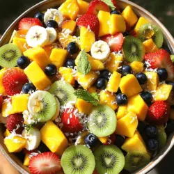 Um einen leckeren tropischen Obstsalat zu machen, brauchen wir frische Früchte. Hier ist die Liste der Zutaten: - 1 reife Ananas, gewürfelt - 2 reife Kiwis, geschält und in Scheiben geschnitten - 1 Mango, gewürfelt - 1 Tasse Erdbeeren, halbiert - 1 Tasse Heidelbeeren - 1 Banane, in Scheiben geschnitten - 1/4 Tasse geriebene Kokosnuss (zuckerhaltig oder ungesüßt) - 1 Esslöffel Honig (optional) - Saft von 1 Limette - Frische Minzblätter zum Garnieren Wenn du deinem Obstsalat etwas mehr Geschmack geben möchtest, gibt es viele Optionen. Du kannst Nüsse für Crunch hinzufügen, wie Mandeln oder Cashews. Auch Joghurt passt gut dazu. Wenn du es süßer magst, füge mehr Honig hinzu. Ein Spritzer Orangensaft kann auch die Frische erhöhen. Du kannst auch andere Früchte wie Papaya oder Granatapfelkerne verwenden. Sei kreativ und probiere aus, was dir gefällt! Reife Früchte sind der Schlüssel zu einem guten Obstsalat. Achte darauf, dass die Ananas eine goldene Farbe hat und leicht nach Ananas riecht. Kiwis sollten weich, aber nicht matschig sein. Die Mango sollte leicht nachgeben, wenn du sie drückst. Erdbeeren sollten rot und fest sein. Heidelbeeren sind am besten, wenn sie tiefblau sind. Bananen sollten gelb mit ein paar braunen Flecken sein. Wenn du diese Tipps beachtest, wirst du die besten Früchte für deinen Tropischen Obstsalat finden. Zuerst sammeln wir alle Zutaten. Wir brauchen eine Ananas, Kiwis, eine Mango, Erdbeeren, Heidelbeeren, eine Banane, Kokosnuss, Limettensaft und Honig. Bereiten Sie ein großes Schneidebrett und ein scharfes Messer vor. Beginnen Sie mit der Ananas. Schneiden Sie die Schale ab und würfeln Sie das Fruchtfleisch in kleine Stücke. Nun nehmen Sie die Kiwis. Schälen Sie sie und schneiden Sie sie in Scheiben. Dann ist die Mango an der Reihe. Schneiden Sie sie in Würfel. Halbieren Sie die Erdbeeren und schneiden Sie die Banane in Scheiben. Die Heidelbeeren können Sie gleich lassen. Jetzt fügen wir alle geschnittenen Früchte in eine große Schüssel zusammen. Beginnen Sie mit der Ananas, dann die Kiwis, gefolgt von der Mango. Fügen Sie die Erdbeeren und Heidelbeeren hinzu. Zum Schluss kommen die Bananenscheiben dazu. Mischen Sie die Früchte vorsichtig. So bleiben die Stücke ganz und sehen schön aus. In einer kleinen Schüssel drücken Sie den Limettensaft aus. Wenn Sie möchten, fügen Sie einen Esslöffel Honig hinzu. Vermischen Sie alles gut. Träufeln Sie das Dressing über den Obstsalat. Streuen Sie die geriebene Kokosnuss darüber. Mischen Sie den Salat vorsichtig, damit alle Früchte gut bedeckt sind. Lassen Sie den Salat 10-15 Minuten stehen. So können die Aromen zusammenkommen. Servieren Sie den Salat in schönen Schalen. Garnieren Sie ihn mit frischen Minzblättern für einen besonderen Touch. Genießen Sie diesen frischen und leckeren tropischen Obstsalat! Der Schnitt der Früchte beeinflusst den Geschmack und das Aussehen des Obstsalats. Schneide die Ananas in kleine Würfel. So passen sie gut zu anderen Früchten. Kiwis in Runden sind eine gute Wahl. Sie bringen Farbe und Frische. Mango sollte auch gewürfelt werden, ähnlich wie die Ananas. Erdbeeren halbieren wir für einen schönen Kontrast. Heidelbeeren können ganz bleiben. Bei der Banane ist es wichtig, sie erst kurz vor dem Servieren zu schneiden. So bleibt sie frisch. Um braune Bananen zu vermeiden, schneide sie erst kurz vor dem Servieren. Wenn du sie früh hinzufügst, werden sie schnell braun. Eine andere Möglichkeit ist, die Banane in Zitronensaft zu tauchen. Das hilft, die Farbe zu halten. Wenn du den Obstsalat vorbereitest, halte die Banane getrennt. So bleibt sie frisch und lecker. Die Präsentation macht den Obstsalat besonders. Verwende eine große, bunte Schüssel. Das hebt die Farben der Früchte hervor. Du kannst frische Minzblätter als Garnitur nutzen. Sie geben einen frischen Duft und sehen toll aus. Streue etwas Kokosnuss obenauf für einen zusätzlichen Crunch. Lasse den Salat vor dem Servieren kurz stehen. So vermischen sich die Aromen gut. Für die perfekte Präsentation ist es wichtig, den Obstsalat kühl zu servieren. Ein kalter Obstsalat schmeckt am besten! {{image_4}} Um deinen tropischen Obstsalat aufregender zu machen, füge weitere Früchte hinzu. Du kannst Papaya, Mango oder sogar Granatapfelkerne verwenden. Diese Früchte bringen neue Texturen und Aromen. Wenn du nach etwas Crunch suchst, probiere Äpfel oder Birnen. Sie machen den Salat knackig und frisch. Ein einfaches Dressing kann deinen Obstsalat aufpeppen. Neben Limettensaft kannst du auch Orangensaft verwenden. Ein Spritzer Ananassaft gibt einen süßen Kick. Probiere auch Joghurt oder Quark für eine cremige Variante. Du kannst einen Hauch von Zimt oder Vanille hinzufügen, um mehr Tiefe zu erreichen. Saisonale Früchte sind immer besser. Im Sommer sind Wassermelonen und Pfirsiche ideal. Im Herbst kannst du Äpfel und Birnen nutzen. Diese Früchte sind frisch und schmecken am besten. Achte darauf, die Früchte gut zu schneiden, damit sie gleichmäßig im Salat verteilt sind. Experimentiere mit verschiedenen Kombinationen, um deinen perfekten Obstsalat zu finden. Um den Obstsalat frisch zu halten, lagere ihn im Kühlschrank. Verwende eine luftdichte Schüssel. So bleibt der Salat knackig und lecker. Decke die Schüssel mit einem Deckel oder Frischhaltefolie ab. Dies verhindert, dass der Salat Gerüche aus dem Kühlschrank aufnimmt. Der Obstsalat hält sich gut im Kühlschrank. Er bleibt bis zu drei Tage frisch. Nach dieser Zeit können die Früchte matschig werden. Achte darauf, den Salat vor dem Essen zu prüfen. Wenn er unangenehm riecht oder die Farben verblassen, verwende ihn nicht mehr. Hast du Reste? Du kannst sie kreativ wiederverwenden. Mixe die Reste in einen Smoothie. Füge etwas Joghurt oder Milch hinzu. Das gibt dir ein frisches Getränk. Du kannst auch die Früchte in Pfannkuchen oder Muffins einarbeiten. So gibst du deinen Gerichten einen tropischen Touch. Um den Obstsalat frisch zu halten, sollten Sie einige einfache Schritte befolgen. Lagern Sie den Salat in einem luftdichten Behälter. Dies schützt ihn vor Luft und Feuchtigkeit. Nutzen Sie frische Früchte und schneiden Sie sie nicht zu früh. Wenn Sie den Salat zubereiten, fügen Sie das Dressing erst kurz vor dem Servieren hinzu. So bleibt alles knackig und frisch. Eine zusätzliche Schicht von Frischhaltefolie auf dem Behälter hilft auch, die Frische zu bewahren. Sie können viele Früchte hinzufügen oder ersetzen. Wenn Sie keine Kiwis mögen, probieren Sie Pfirsiche oder Nektarinen. Ananas kann durch Papaya ersetzt werden. Mango ist vielseitig und kann durch Pflaumen oder Trauben ergänzt werden. Für mehr Farbe und Geschmack sind Himbeeren oder Granatapfelkerne eine tolle Wahl. Sehen Sie sich die saisonalen Früchte an, um die besten Optionen zu finden. Diese sind oft reifer und schmackhafter. Ja, dieser Obstsalat kann an verschiedene Diäten angepasst werden. Er ist vegan und glutenfrei. Wenn Sie auf Zucker achten, lassen Sie den Honig weg oder verwenden Sie einen Zuckeralternativstoff. Für eine proteinreiche Option können Sie griechischen Joghurt hinzufügen. Wenn Sie low-carb essen, reduzieren Sie die Menge an Bananen oder verwenden Sie mehr Beeren. So bleibt der Genuss ohne Verzicht möglich. Der Obstsalat bietet eine bunte Mischung aus frischen, reifen Früchten und tollen Dressings. Wir haben viele Tipps zur Vorbereitung und Lagerung besprochen. Du weißt jetzt, wie du die besten Früchte auswählst und die Haltbarkeit erhöhst. Experimentiere mit verschiedenen Variationen, um deinen persönlichen Geschmack zu treffen. Denke daran, kreativ zu sein und Spaß beim Zubereiten zu haben. Eine wohlschmeckende Auswahl kann deine Gäste beeindrucken. Jetzt liegt es an dir, diesen fruchtigen Genuss in deiner Küche zu erleben!