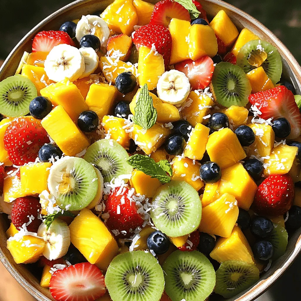 Um einen leckeren tropischen Obstsalat zu machen, brauchen wir frische Früchte. Hier ist die Liste der Zutaten: - 1 reife Ananas, gewürfelt - 2 reife Kiwis, geschält und in Scheiben geschnitten - 1 Mango, gewürfelt - 1 Tasse Erdbeeren, halbiert - 1 Tasse Heidelbeeren - 1 Banane, in Scheiben geschnitten - 1/4 Tasse geriebene Kokosnuss (zuckerhaltig oder ungesüßt) - 1 Esslöffel Honig (optional) - Saft von 1 Limette - Frische Minzblätter zum Garnieren Wenn du deinem Obstsalat etwas mehr Geschmack geben möchtest, gibt es viele Optionen. Du kannst Nüsse für Crunch hinzufügen, wie Mandeln oder Cashews. Auch Joghurt passt gut dazu. Wenn du es süßer magst, füge mehr Honig hinzu. Ein Spritzer Orangensaft kann auch die Frische erhöhen. Du kannst auch andere Früchte wie Papaya oder Granatapfelkerne verwenden. Sei kreativ und probiere aus, was dir gefällt! Reife Früchte sind der Schlüssel zu einem guten Obstsalat. Achte darauf, dass die Ananas eine goldene Farbe hat und leicht nach Ananas riecht. Kiwis sollten weich, aber nicht matschig sein. Die Mango sollte leicht nachgeben, wenn du sie drückst. Erdbeeren sollten rot und fest sein. Heidelbeeren sind am besten, wenn sie tiefblau sind. Bananen sollten gelb mit ein paar braunen Flecken sein. Wenn du diese Tipps beachtest, wirst du die besten Früchte für deinen Tropischen Obstsalat finden. Zuerst sammeln wir alle Zutaten. Wir brauchen eine Ananas, Kiwis, eine Mango, Erdbeeren, Heidelbeeren, eine Banane, Kokosnuss, Limettensaft und Honig. Bereiten Sie ein großes Schneidebrett und ein scharfes Messer vor. Beginnen Sie mit der Ananas. Schneiden Sie die Schale ab und würfeln Sie das Fruchtfleisch in kleine Stücke. Nun nehmen Sie die Kiwis. Schälen Sie sie und schneiden Sie sie in Scheiben. Dann ist die Mango an der Reihe. Schneiden Sie sie in Würfel. Halbieren Sie die Erdbeeren und schneiden Sie die Banane in Scheiben. Die Heidelbeeren können Sie gleich lassen. Jetzt fügen wir alle geschnittenen Früchte in eine große Schüssel zusammen. Beginnen Sie mit der Ananas, dann die Kiwis, gefolgt von der Mango. Fügen Sie die Erdbeeren und Heidelbeeren hinzu. Zum Schluss kommen die Bananenscheiben dazu. Mischen Sie die Früchte vorsichtig. So bleiben die Stücke ganz und sehen schön aus. In einer kleinen Schüssel drücken Sie den Limettensaft aus. Wenn Sie möchten, fügen Sie einen Esslöffel Honig hinzu. Vermischen Sie alles gut. Träufeln Sie das Dressing über den Obstsalat. Streuen Sie die geriebene Kokosnuss darüber. Mischen Sie den Salat vorsichtig, damit alle Früchte gut bedeckt sind. Lassen Sie den Salat 10-15 Minuten stehen. So können die Aromen zusammenkommen. Servieren Sie den Salat in schönen Schalen. Garnieren Sie ihn mit frischen Minzblättern für einen besonderen Touch. Genießen Sie diesen frischen und leckeren tropischen Obstsalat! Der Schnitt der Früchte beeinflusst den Geschmack und das Aussehen des Obstsalats. Schneide die Ananas in kleine Würfel. So passen sie gut zu anderen Früchten. Kiwis in Runden sind eine gute Wahl. Sie bringen Farbe und Frische. Mango sollte auch gewürfelt werden, ähnlich wie die Ananas. Erdbeeren halbieren wir für einen schönen Kontrast. Heidelbeeren können ganz bleiben. Bei der Banane ist es wichtig, sie erst kurz vor dem Servieren zu schneiden. So bleibt sie frisch. Um braune Bananen zu vermeiden, schneide sie erst kurz vor dem Servieren. Wenn du sie früh hinzufügst, werden sie schnell braun. Eine andere Möglichkeit ist, die Banane in Zitronensaft zu tauchen. Das hilft, die Farbe zu halten. Wenn du den Obstsalat vorbereitest, halte die Banane getrennt. So bleibt sie frisch und lecker. Die Präsentation macht den Obstsalat besonders. Verwende eine große, bunte Schüssel. Das hebt die Farben der Früchte hervor. Du kannst frische Minzblätter als Garnitur nutzen. Sie geben einen frischen Duft und sehen toll aus. Streue etwas Kokosnuss obenauf für einen zusätzlichen Crunch. Lasse den Salat vor dem Servieren kurz stehen. So vermischen sich die Aromen gut. Für die perfekte Präsentation ist es wichtig, den Obstsalat kühl zu servieren. Ein kalter Obstsalat schmeckt am besten! {{image_4}} Um deinen tropischen Obstsalat aufregender zu machen, füge weitere Früchte hinzu. Du kannst Papaya, Mango oder sogar Granatapfelkerne verwenden. Diese Früchte bringen neue Texturen und Aromen. Wenn du nach etwas Crunch suchst, probiere Äpfel oder Birnen. Sie machen den Salat knackig und frisch. Ein einfaches Dressing kann deinen Obstsalat aufpeppen. Neben Limettensaft kannst du auch Orangensaft verwenden. Ein Spritzer Ananassaft gibt einen süßen Kick. Probiere auch Joghurt oder Quark für eine cremige Variante. Du kannst einen Hauch von Zimt oder Vanille hinzufügen, um mehr Tiefe zu erreichen. Saisonale Früchte sind immer besser. Im Sommer sind Wassermelonen und Pfirsiche ideal. Im Herbst kannst du Äpfel und Birnen nutzen. Diese Früchte sind frisch und schmecken am besten. Achte darauf, die Früchte gut zu schneiden, damit sie gleichmäßig im Salat verteilt sind. Experimentiere mit verschiedenen Kombinationen, um deinen perfekten Obstsalat zu finden. Um den Obstsalat frisch zu halten, lagere ihn im Kühlschrank. Verwende eine luftdichte Schüssel. So bleibt der Salat knackig und lecker. Decke die Schüssel mit einem Deckel oder Frischhaltefolie ab. Dies verhindert, dass der Salat Gerüche aus dem Kühlschrank aufnimmt. Der Obstsalat hält sich gut im Kühlschrank. Er bleibt bis zu drei Tage frisch. Nach dieser Zeit können die Früchte matschig werden. Achte darauf, den Salat vor dem Essen zu prüfen. Wenn er unangenehm riecht oder die Farben verblassen, verwende ihn nicht mehr. Hast du Reste? Du kannst sie kreativ wiederverwenden. Mixe die Reste in einen Smoothie. Füge etwas Joghurt oder Milch hinzu. Das gibt dir ein frisches Getränk. Du kannst auch die Früchte in Pfannkuchen oder Muffins einarbeiten. So gibst du deinen Gerichten einen tropischen Touch. Um den Obstsalat frisch zu halten, sollten Sie einige einfache Schritte befolgen. Lagern Sie den Salat in einem luftdichten Behälter. Dies schützt ihn vor Luft und Feuchtigkeit. Nutzen Sie frische Früchte und schneiden Sie sie nicht zu früh. Wenn Sie den Salat zubereiten, fügen Sie das Dressing erst kurz vor dem Servieren hinzu. So bleibt alles knackig und frisch. Eine zusätzliche Schicht von Frischhaltefolie auf dem Behälter hilft auch, die Frische zu bewahren. Sie können viele Früchte hinzufügen oder ersetzen. Wenn Sie keine Kiwis mögen, probieren Sie Pfirsiche oder Nektarinen. Ananas kann durch Papaya ersetzt werden. Mango ist vielseitig und kann durch Pflaumen oder Trauben ergänzt werden. Für mehr Farbe und Geschmack sind Himbeeren oder Granatapfelkerne eine tolle Wahl. Sehen Sie sich die saisonalen Früchte an, um die besten Optionen zu finden. Diese sind oft reifer und schmackhafter. Ja, dieser Obstsalat kann an verschiedene Diäten angepasst werden. Er ist vegan und glutenfrei. Wenn Sie auf Zucker achten, lassen Sie den Honig weg oder verwenden Sie einen Zuckeralternativstoff. Für eine proteinreiche Option können Sie griechischen Joghurt hinzufügen. Wenn Sie low-carb essen, reduzieren Sie die Menge an Bananen oder verwenden Sie mehr Beeren. So bleibt der Genuss ohne Verzicht möglich. Der Obstsalat bietet eine bunte Mischung aus frischen, reifen Früchten und tollen Dressings. Wir haben viele Tipps zur Vorbereitung und Lagerung besprochen. Du weißt jetzt, wie du die besten Früchte auswählst und die Haltbarkeit erhöhst. Experimentiere mit verschiedenen Variationen, um deinen persönlichen Geschmack zu treffen. Denke daran, kreativ zu sein und Spaß beim Zubereiten zu haben. Eine wohlschmeckende Auswahl kann deine Gäste beeindrucken. Jetzt liegt es an dir, diesen fruchtigen Genuss in deiner Küche zu erleben!