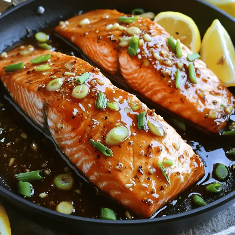 - 4 Lachsfilets (je 170 g) - 60 ml Honig - 4 Knoblauchzehen, fein gehackt - 30 ml Sojasauce (low-sodium empfohlen) - 15 ml frisch geriebener Ingwer - 30 ml Olivenöl - Salz und Pfeffer nach Geschmack - 2 Frühlingszwiebeln, in Ringe geschnitten, zum Garnieren - Zitronenschnitze, zum Servieren Die Hauptzutaten sind einfach zu finden. Lachsfilets bringen zarten Geschmack und viele Nährstoffe. Honig und Sojasauce geben dem Gericht eine köstliche Süße und Tiefe. Knoblauch bringt einen tollen, kräftigen Geschmack. Ingwer fügt eine leichte Schärfe hinzu, die die Aromen perfekt ergänzt. Olivenöl sorgt für eine schöne Bräunung und einen feinen Geschmack. Frische Frühlingszwiebeln und Zitronenschnitze verleihen dem Gericht eine frische Note. - Gemüse zum Dämpfen - Reis oder Quinoa als Beilage - Salate zur Ergänzung Neben dem Lachs kannst du frisches Gemüse dämpfen. Brokkoli und Karotten passen wunderbar. Reis oder Quinoa sind große Beilagen und nehmen die köstliche Sauce gut auf. Ein leichter Salat mit frischen Kräutern rundet das Gericht ab. Diese Beilagen sorgen für eine ausgewogene Mahlzeit und bringen noch mehr Farbe auf den Teller. Schau dir das Full Recipe an, um alles zusammen zu bringen! Um die Marinade für den Honig-Knoblauch-Lachs zu machen, nimm eine kleine Schüssel. Vermenge dort 60 ml Honig, 4 fein gehackte Knoblauchzehen, 30 ml Sojasauce und 15 ml frisch geriebenen Ingwer. Rühre alles gut um, bis die Zutaten gleichmäßig vermischt sind. Ein guter Tipp: Wenn du den Geschmack intensiver möchtest, lasse die Marinade länger ziehen. Du kannst auch mehr Knoblauch oder Ingwer hinzufügen, um die Aromen zu verstärken. Für die Vorbereitung der Lachsfilets lege sie in eine flache Schale oder einen wiederverschließbaren Beutel. Gieße die Marinade gleichmäßig über die Filets. Achte darauf, dass jedes Stück gut bedeckt ist. Lasse den Lachs mindestens 30 Minuten im Kühlschrank marinieren. Du kannst ihn bis zu 2 Stunden marinieren. Je länger der Lachs mariniert, desto mehr Geschmack nimmt er auf. Erhitze eine große Pfanne bei mittelhoher Hitze und füge 30 ml Olivenöl hinzu. Die ideale Pfannentemperatur liegt zwischen 180 und 200 Grad Celsius. Nimm die Lachsfilets aus der Marinade und würze sie mit Salz und Pfeffer. Lege die Filets mit der Hautseite nach unten in die Pfanne. Brate sie etwa 4 bis 5 Minuten. Wende die Filets, sobald die Unterseite goldbraun ist. Jetzt kommt der spannende Teil: Gieße die aufbewahrte Marinade in die Pfanne, nachdem du die Filets gewendet hast. Lass alles 2 bis 3 Minuten köcheln. Dadurch wird die Sauce leicht dick und der Lachs gar. Überkochen des Lachses: Achte darauf, den Lachs nicht zu lange zu garen. Ein paar Minuten zu viel können ihn trocken machen. Eine gute Regel ist, den Lachs bei mittlerer Hitze zu braten. Die ideale Garzeit ist etwa 4-5 Minuten pro Seite. Du erkennst, dass er fertig ist, wenn er leicht flockig wird. Die richtige Marinierzeit: Marinieren ist wichtig, um Geschmack zu bekommen. Zu kurze Marinierzeiten machen den Lachs weniger aromatisch. Marinier den Lachs mindestens 30 Minuten. Du kannst ihn aber auch bis zu 2 Stunden ziehen lassen. So wird der Geschmack intensiver. Haut knusprig braten: Wenn du die Haut des Lachses hast, brate sie zuerst nach unten. Das macht die Haut knusprig und lecker. Wenn die Haut knusprig ist, bleibt der Lachs saftig. Du musst die Lachsfilets vorsichtig wenden, um die Haut nicht zu beschädigen. Lachs zart und saftig halten: Um den Lachs saftig zu halten, achte auf die Temperatur. Vermeide hohe Hitze, da sie den Lachs austrocknen kann. Bei mittlerer Hitze bleibt der Lachs zart. Die Marinade hilft auch, die Feuchtigkeit zu bewahren. Sauce eindicken: Nutze die Marinade, um eine leckere Sauce zu machen. Gieße die Marinade nach dem Wenden des Lachses in die Pfanne. Lass sie ein paar Minuten köcheln. So wird die Sauce dick und aromatisch. Verwertung im Nachgang: Du kannst die Marinade auch für andere Gerichte nutzen. Sie passt gut zu Gemüse oder Reis. So sparst du Zeit und gibst deinen Gerichten einen besonderen Geschmack. {{image_4}} Für diese köstliche Honig-Knoblauch-Lachs-Variante kann ich mit verschiedenen Aromen spielen. - Mit Zitrusfrüchten experimentieren: Fügen Sie frisch gepressten Zitronen- oder Limettensaft hinzu. Die Säure gibt einen frischen Kick. Sie können auch etwas Zesten von Zitrusfrüchten verwenden. So entsteht ein noch fruchtigerer Geschmack. - Verleihung anderer Geschmäcker mit Kräutern: Frische Kräuter wie Rosmarin oder Thymian passen wunderbar. Mischen Sie sie in die Marinade. So wird der Lachs noch aromatischer und interessanter. Ich liebe es, mit verschiedenen Kräutern zu experimentieren, um neue Geschmäcker zu entdecken. Wenn Sie auf Ihre Gesundheit achten, gibt es einfache Alternativen für den Honig-Knoblauch-Lachs. - Verwendung von magerem Lachs: Wählen Sie Wildlachs oder andere magere Sorten. Diese sind gesünder und enthalten weniger Fett. Magerer Lachs hat oft einen feinen Geschmack. - Reduzierung des Zuckergehalts: Sie können den Honig reduzieren. Versuchen Sie, einen Teil durch Agavendicksaft zu ersetzen. So bleibt der Geschmack süß, aber gesünder. Diese Variationen machen das Gericht spannend und passen zu verschiedenen Vorlieben. Entdecken Sie die Möglichkeiten und finden Sie Ihre Lieblingskombination! Um die Frische deiner marinierten Lachsfilets zu sichern, lege sie in den Kühlschrank. Decke die Schale mit Frischhaltefolie ab oder benutze einen luftdichten Behälter. So bleiben sie bis zu zwei Tage frisch. Wenn du mehr Zeit hast, friere die Lachsfilets ein. Wickel sie in Frischhaltefolie und lege sie in einen Gefrierbeutel. So halten sie bis zu drei Monate. Vergiss nicht, das Datum aufzuschreiben, um die Frische zu kontrollieren. Wenn du Reste von deinem Honig-Knoblauch-Lachs hast, sei kreativ! Du kannst ihn in einem einfachen Rezept verwenden. Mische ihn zum Beispiel in einem Salat. Ein frischer grüner Salat mit dem Lachs, etwas Avocado und einem Spritzer Zitrone ist köstlich. Auch Sandwiches sind eine tolle Idee. Lege den Lachs in ein Brötchen mit etwas Frischkäse und Gemüse. So genießt du den Rest lecker und schnell. Weitere Ideen findest du in der [Full Recipe]. Du kannst Honig-Knoblauch-Lachs bis zu drei Tage im Kühlschrank aufbewahren. Wichtig ist, dass du ihn in einem luftdichten Behälter lagerst. So bleibt er frisch und behält seinen tollen Geschmack. Ja, du kannst den Lachs auch grillen. Stelle sicher, dass der Grill gut vorgeheizt ist. Lege die Lachsfilets auf ein Stück Aluminiumfolie, um ein Anhaften zu verhindern. Grille sie etwa 5-7 Minuten pro Seite. Überprüfe, ob der Lachs durch ist, indem du ihn leicht mit einer Gabel drückst. Um trockenen Lachs zu vermeiden, achte auf die Garzeit. Brate oder grille ihn nicht zu lange. Eine Marinade hilft ebenfalls, den Lachs saftig zu halten. Du kannst auch etwas Zitronensaft auf den Lachs geben, um die Feuchtigkeit zu bewahren. Honig-Knoblauch-Lachs ist einfach und lecker. Wir haben die besten Zutaten besprochen, von Lachsfilets über Gewürze bis zu frischen Beilagen. Du hast gelernt, wie man die Marinade richtig zubereitet und den Lachs perfekt brät. Vermeide Fehler und erreiche die beste Textur. Probiere verschiedene Marinaden und lagere Reste clever. Egal, ob du den Lachs grillst oder anders zubereitest, er wird immer gut schmecken. Lange Haltbarkeit und kreative Resteverwertung sind ebenfalls leicht. Genieße dein Gericht!