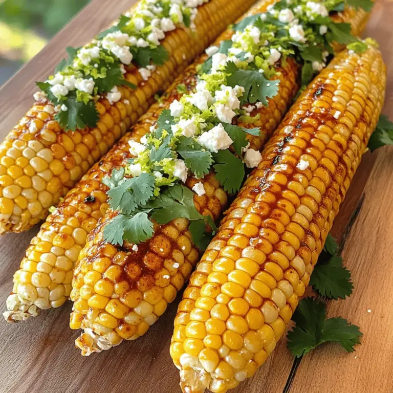 Für Chili Lime Corn on the Cob brauchst du folgende Zutaten: - 4 frische Maiskolben, enthüllt - 2 Esslöffel Olivenöl - 1 Teelöffel Chilipulver - 1 Teelöffel geräuchertes Paprikapulver - 1/2 Teelöffel Knoblauchpulver - Abrieb von 1 Limette - 2 Esslöffel Limettensaft - Salz nach Geschmack - Zerbröckelter Feta-Käse (optional, zur Garnitur) - Frischer Koriander, gehackt (zur Garnitur) Wähle frische, grüne Maiskolben aus. Die Blätter sollten fest und knusprig sein. Achte darauf, dass die Körner prall und glänzend sind. Drücke leicht auf die Körner. Sie sollten saftig sein. Wenn sie trocken oder schlaff wirken, suche nach anderen. Wenn du keinen Feta-Käse magst, kannst du auch Parmesan verwenden. Er gibt einen tollen Geschmack. Für eine milde Option nimm einfach Frischkäse. Wenn dir Koriander nicht zusagt, probiere frische Petersilie oder Schnittlauch. Beide geben einen frischen Kick. Um die Marinade zu machen, brauche ich ein paar einfache Zutaten. Ich nehme 2 Esslöffel Olivenöl, 1 Teelöffel Chilipulver, 1 Teelöffel geräuchertes Paprikapulver und 1/2 Teelöffel Knoblauchpulver. Dann füge ich den Abrieb von 1 Limette und 2 Esslöffel Limettensaft hinzu. Diese Mischung bringt viel Geschmack. Ich rühre alles in einer kleinen Schüssel gut um. Die Marinade sollte gut vermischt sein. Ich heize den Grill auf mittelhohe Hitze vor. Wenn ich eine Grillpfanne benutze, stelle ich sie ebenfalls auf mittlere Hitze. Ich nehme die vorbereiteten Maiskolben und bestreiche sie großzügig mit der Chili-Limetten-Marinade. Dann lege ich die Maiskolben direkt auf den Grill. Ich grille sie für 10 bis 15 Minuten. Dabei wende ich sie gelegentlich. So werden sie gleichmäßig braun und zart. Nach dem Grillen nehme ich die Maiskolben vom Grill. Ich bestreue sie mit Salz, um den Geschmack zu verstärken. Manchmal gebe ich auch zerbröckelten Feta-Käse und frisch gehackten Koriander oben drauf. Das sieht toll aus und schmeckt noch besser. Ich serviere die heißen Maiskolben auf einem großen Teller. Manchmal träufle ich die übrig gebliebene Marinade drüber. So wird jeder Bissen noch leckerer. Um die besten Ergebnisse zu erzielen, heizen Sie den Grill richtig vor. Stellen Sie den Grill auf mittlere Hitze ein. Ein gut vorgeheizter Grill sorgt für schöne Grillstreifen und gleichmäßiges Garen. Überprüfen Sie, ob der Grill sauber ist. Reste vom letzten Grillen können den Geschmack beeinträchtigen. Ein häufiger Fehler ist es, die Maiskolben zu früh auf den Grill zu legen. Lassen Sie die Marinade Zeit, um in den Mais einzuziehen. Ein weiterer Fehler ist das Überwenden des Mais. Wenden Sie ihn nur alle paar Minuten. Das gibt den Körnern die Chance, gleichmäßig zu garen. Achten Sie auch darauf, dass der Grill nicht zu heiß ist. Zu hohe Temperaturen können den Mais verbrennen. Die Präsentation ist wichtig, um das Gericht ansprechend zu gestalten. Servieren Sie die Maiskolben auf einem großen, schönen Teller. Garnieren Sie die Kolben mit frischen Limettenscheiben und Koriander. Der Kontrast von Farben macht das Gericht lebendig. Verwenden Sie die übrig gebliebene Marinade, um eine glänzende Schicht zu erzielen. Ein wenig Feta obendrauf kann das Gericht noch schöner machen. {{image_4}} Um eine vegane Version von Chili Lime Corn on the Cob zu machen, können wir einige Anpassungen vornehmen. Lassen Sie einfach den Feta-Käse weg. Stattdessen können Sie Nusskäse oder eine Avocado-Creme verwenden. Diese Alternativen bringen eine cremige Textur, die das Gericht bereichert. Die Marinade bleibt gleich und sorgt für den gleichen tollen Geschmack. Es gibt viele Möglichkeiten, die Gewürze in dieser Rezeptur zu variieren. Hier sind einige Vorschläge: - Verwenden Sie statt Chilipulver Cayennepfeffer für mehr Schärfe. - Fügen Sie Kreuzkümmel hinzu, um einen erdigen Geschmack zu erzielen. - Probieren Sie italienische Kräuter wie Oregano oder Basilikum für eine andere Note. - Für eine süßere Variante können Sie etwas Zucker oder Honig in die Marinade geben. Chili Lime Corn on the Cob passt perfekt zu vielen Beilagen. Einige meiner Favoriten sind: - Gegrilltes Gemüse, wie Zucchini oder Paprika. - Ein frischer grüner Salat mit Limetten-Dressing. - Tortillas oder Nachos, die die Aromen gut ergänzen. - Reis mit Limette und Koriander für eine zusätzliche Geschmacksebene. Diese Variationen und Beilagen machen Ihr Grillfest noch aufregender. Probieren Sie auch die vollständige Rezeptur für Chili Lime Corn on the Cob aus! Um den Grillgenuss zu bewahren, lassen Sie den gegrillten Mais zuerst abkühlen. Wickeln Sie ihn dann in Frischhaltefolie oder Aluminiumfolie ein. So bleibt der Geschmack erhalten. Lagern Sie den eingewickelten Mais im Kühlschrank. Er bleibt so bis zu drei Tage frisch. Wenn Sie mehr Mais haben, als Sie essen können, frieren Sie ihn ein. Wickeln Sie jeden Kolben in Frischhaltefolie. Legen Sie die eingewickelten Kolben in einen gefrierfesten Beutel. So bleibt der Mais bis zu drei Monate haltbar. Achten Sie darauf, die Luft aus den Beuteln zu drücken. Das schützt vor Gefrierbrand. Um Chili Lime Corn aufzuwärmen, gibt es viele Möglichkeiten. - Mikrowelle: Wickeln Sie den Mais in ein feuchtes Papiertuch. Erwärmen Sie ihn für 30 Sekunden. Überprüfen Sie die Temperatur und wiederholen Sie dies nach Bedarf. - Grill: Legen Sie den Mais auf den Grill. Erwärmen Sie ihn bei mittlerer Hitze für 5-7 Minuten. Drehen Sie den Kolben regelmäßig, damit er gleichmäßig warm wird. - Ofen: Heizen Sie den Ofen auf 180 Grad vor. Wickeln Sie den Mais in Aluminiumfolie und backen Sie ihn für etwa 10-15 Minuten. Jede Methode bringt den leckeren Geschmack zurück. Genießen Sie Ihre Reste! Für das vollständige Rezept schauen Sie in die [Full Recipe]. Es dauert etwa 10 bis 15 Minuten, um Chili Lime Corn auf dem Grill zuzubereiten. Die Zeit kann je nach Grillhitze variieren. Achte darauf, die Maiskolben regelmäßig zu wenden. So garen sie gleichmäßig und bekommen eine schöne Farbe. Ja, du kannst Chili Lime Corn auch in einer Grillpfanne oder im Backofen zubereiten. Bei der Grillpfanne solltest du sie bei mittlerer Hitze grillen, ähnlich wie auf dem Grill. Wenn du den Backofen verwendest, stelle ihn auf 200 Grad und grille die Maiskolben etwa 20 Minuten lang. Auf jeden Fall! Die Marinade aus Olivenöl, Limette und Gewürzen passt gut zu vielen anderen Gemüsesorten. Du kannst sie auch für Hähnchen oder Fisch verwenden. Experimentiere mit den Gewürzen, um neue Aromen zu entdecken. Im heutigen Blogbeitrag haben wir die besten Zutaten und eine Schritt-für-Schritt-Anleitung für Chili Lime Corn on the Cob behandelt. Wir haben Tipps gegeben, wie man die besten Maiskolben auswählt und alternative Zutaten nutzt. Zudem lernst du, wie man den Grill perfekt vorbereitet und häufige Fehler vermeidet. Denk auch an die zahlreichen Variationen und die besten Aufbewahrungstipps. Wenn du diese Schritte befolgst, wirst du ein leckeres Gericht zaubern, das jede Grillparty bereichert. Genieße den Grillgenuss!