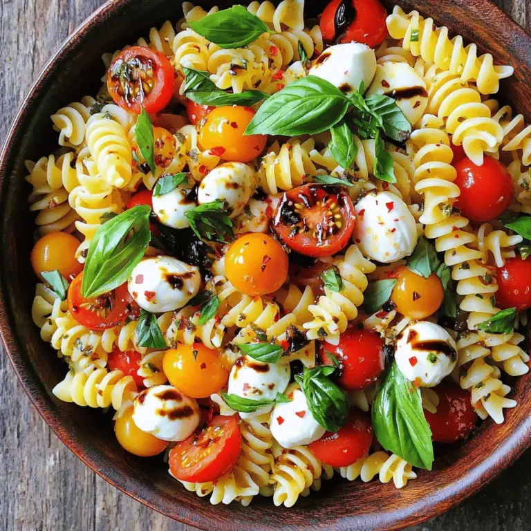 Für einen frischen Caprese Pasta Salad benötigen Sie folgende Hauptzutaten: - 225 g Fusilli oder Rotini Pasta - 240 ml Kirschtomaten, halbiert - 240 ml frische Mozzarellakugeln (Bocconcini), halbiert - 120 ml frische Basilikumblätter, grob zerrissen Diese Zutaten bilden die Basis des Salats. Die Pasta sorgt für den herzhaften Teil, während die Tomaten und der Mozzarella den Geschmack abrunden. Basilikum bringt frische Aromen in das Gericht. Die richtigen Gewürze und Öle machen den Salat noch besser. Hier sind die wichtigsten: - 60 ml Balsamico-Glasur - 30 ml Olivenöl - Salz und Pfeffer nach Geschmack - 1/4 Teelöffel zerdrückte rote Pfefferflocken (optional) Balsamico-Glasur und Olivenöl geben dem Salat Tiefe und Geschmack. Die Gewürze sorgen für eine perfekte Balance. Um den Salat noch leckerer zu machen, können Sie folgende optionale Zutaten hinzufügen: - Gegrilltes Gemüse wie Zucchini oder Paprika - Avocado für Cremigkeit - Oliven für mehr Geschmack Diese Zutaten sind nicht nötig, aber sie bringen zusätzliche Texturen und Aromen. Experimentieren Sie und finden Sie Ihre Lieblingskombination! Wenn Sie die vollständige Rezeptanleitung möchten, sehen Sie sich die [Full Recipe] an. Zuerst bringst du in einem großen Topf gesalzenes Wasser zum Kochen. Füge die Fusilli oder Rotini Pasta hinzu. Koche sie nach den Anweisungen auf der Verpackung, bis sie al dente sind. Dies dauert normalerweise etwa 8 bis 10 Minuten. Wenn die Pasta fertig ist, gieße sie ab und spüle sie unter kaltem Wasser ab. So stoppst du den Kochprozess und die Pasta kühlt schnell ab. Während die Pasta abkühlt, wasche die Kirschtomaten und die frischen Basilikumblätter. Halbiere die Kirschtomaten und zerrisse die Basilikumblätter in kleinere Stücke. So geben sie mehr Geschmack ab und sehen schön aus. Nimm eine große Rührschüssel und füge die abgekühlte Pasta hinzu. Gib die halbierten Kirschtomaten, die Mozzarellakugeln und die zerrissenen Basilikumblätter dazu. Träufle das Olivenöl und die Balsamico-Glasur über die Mischung. Streue nach Geschmack Salz, Pfeffer und die zerdrückten roten Pfefferflocken darüber. Mische alle Zutaten vorsichtig. Achte darauf, dass die Pasta gut mit dem Dressing bedeckt ist. Lass den Salat für etwa 30 Minuten im Kühlschrank kühlen. Durch die Kühlung verbinden sich die Aromen gut. Vor dem Servieren, mische den Salat erneut und füge bei Bedarf noch einen Spritzer Balsamico-Glasur hinzu. Serviere ihn in einer großen Schüssel oder auf einem Platter, garniert mit zusätzlichen Basilikumblättern. Diese Schritte machen deinen Caprese Pasta Salad frisch und lecker. Für die vollständige Anleitung, schau dir das [Full Recipe] an. Für deinen Caprese Pasta Salad kannst du verschiedene Pasta verwenden. Fusilli oder Rotini sind ideal, weil sie die Soße gut halten. Du kannst auch Farfalle oder Penne wählen, wenn du etwas anderes möchtest. Achte darauf, die Pasta al dente zu kochen. So bleibt sie bissfest und lecker. Das Dressing macht den Salat besonders. Neben Balsamico-Glasur und Olivenöl kannst du Zitronensaft hinzufügen. Das bringt Frische. Auch Senf oder Honig können dem Dressing Tiefe geben. Experimentiere mit Kräutern wie Oregano oder Thymian für neuen Geschmack. Um Zeit zu sparen, bereite die Zutaten im Voraus vor. Koche die Pasta und schneide das Gemüse, während die Pasta kocht. So bleibt alles frisch und schnell. Ein Tipp: Mische die Zutaten erst kurz vor dem Servieren, damit der Salat knackig bleibt. Wenn du alles gut planst, wird das Kochen zum Vergnügen! {{image_4}} Wenn du deinem Caprese Pasta Salad mehr Protein hinzufügen möchtest, sind Hähnchen und Garnelen tolle Optionen. Du kannst gekochtes Hähnchenbrustfilet oder gebratene Garnelen verwenden. Einfach in Stücke schneiden und hinzufügen, bevor du die anderen Zutaten mischst. Das macht den Salat sättigender und gibt ihm einen herzhaften Geschmack. Für eine vegane Version kannst du die Mozzarella-Kugeln durch pflanzliche Alternativen ersetzen. Es gibt viele Produkte aus Cashew oder Soja, die gut funktionieren. Zusätzlich kannst du Nüsse oder Samen wie Pinienkerne oder Sonnenblumenkerne hinzufügen. Diese bringen einen schönen Crunch und gesunde Fette in den Salat. Um den Geschmack zu intensivieren, füge Avocado oder Oliven hinzu. Avocado macht den Salat cremiger und voller Geschmack. Oliven bieten eine salzige Note und passen gut zu den Tomaten. Du kannst auch geröstete Paprika oder Artischockenherzen hinzufügen. Diese Zutaten bringen mehr Vielfalt und Textur in deinen Salat. Für das volle Rezept schau dir die [Full Recipe] an. Um die Frische der Caprese Pasta Salad zu bewahren, lege ihn in einen luftdichten Behälter. Im Kühlschrank bleibt der Salat bis zu drei Tage frisch. Nach dieser Zeit können die Zutaten ihre Textur ändern. Der Salat könnte auch an Geschmack verlieren. Achte darauf, den Salat vor dem Servieren gut durchzumischen. Du kannst die einzelnen Zutaten im Voraus vorbereiten. Koche die Pasta und lasse sie abkühlen. Halbiere die Kirschtomaten und zupfe die Basilikumblätter. Bewahre alles getrennt im Kühlschrank auf. Mische die Zutaten erst kurz vor dem Servieren, um die Frische zu erhalten. So sparst du Zeit und der Salat bleibt knackig. Falls du Reste hast, verwandle sie in eine neue Mahlzeit. Füge zum Beispiel gegrilltes Hähnchen oder Garnelen hinzu, um mehr Protein zu bekommen. Du kannst auch Tortilla-Wraps verwenden, um einen leckeren Wrap zu machen. Ein wenig frischer Spinat oder Rucola bringt zusätzlichen Geschmack. Experimentiere mit deinen Resten und genieße neue Gerichte! Ja, du kannst die Pasta aufbewahren. Koche die Pasta und lasse sie abkühlen. Bewahre sie in einem luftdichten Behälter auf. Die Pasta bleibt so frisch für bis zu drei Tage. Achte darauf, dass du sie gut abdeckst, um ein Austrocknen zu vermeiden. Der Caprese Pasta Salad hält sich im Kühlschrank etwa drei bis fünf Tage. Stelle sicher, dass der Salat gut abgedeckt ist. Die Aromen ziehen besser durch, wenn du ihn einige Stunden kühlst. Überprüfe immer den Geruch und das Aussehen, bevor du ihn isst. Die Caprese Pasta ist vegetarisch, da sie Käse enthält. Mozzarella ist ein Milchprodukt. Wenn du eine vegane Option suchst, kannst du den Käse einfach weglassen oder durch pflanzliche Alternativen ersetzen. Das verändert den Geschmack, bleibt aber lecker. Zu Caprese Pasta Salad passen viele Beilagen. Hier sind einige Ideen: - Gegrilltes Gemüse - Knoblauchbrot - Rucola-Salat - Antipasti-Platte Du kannst auch frisches Obst als Dessert servieren. So schaffst du ein rundes Menü. Für mehr Ideen, schau dir den Full Recipe an. Zusammenfassend haben wir die Hauptzutaten und die Zubereitung des Caprese Pasta Salats besprochen. Wir haben auch Tipps für eine perfekte Zubereitung und hilfreiche Variationen für jeden Geschmack gegeben. Der Salat ist einfach, frisch und macht jede Mahlzeit besser. Denke daran, ihn gut zu kühlen und kreativ mit Resten umzugehen. Mit diesen Tipps bereitest du schnell ein leckeres Gericht zu. Du wirst es lieben!