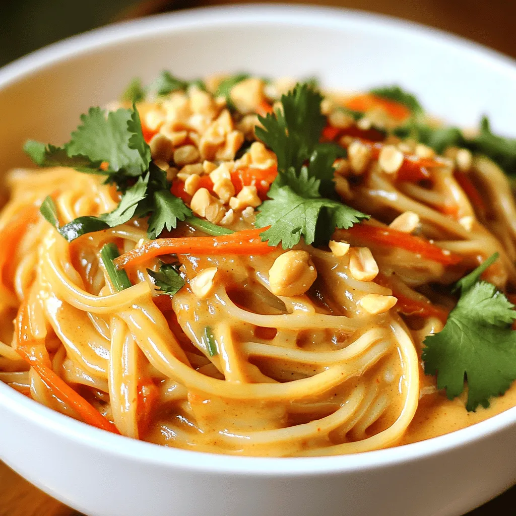 Die Zutaten für Spicy Thai Erdnussnudeln sind einfach und frisch. Hier ist, was du brauchst: - 225 g Reisnudeln - 120 ml cremige Erdnussbutter - 30 ml Sojasauce - 30 ml Limettensaft - 15 ml Sriracha (nach Geschmack anpassen) - 15 ml Honig oder Ahornsirup - 2 Knoblauchzehen, fein gehackt - 1 Teelöffel frisch geriebener Ingwer - 1 Tasse geraspelte Karotten - 1 rote Paprika, dünn geschnitten - ½ Tasse gehackte Frühlingszwiebeln - ¼ Tasse gehackter Koriander (zur Garnitur) - Zerstoßene Erdnüsse (zur Garnitur) Jede Zutat bringt ihren eigenen Geschmack. Die Erdnussbutter macht die Sauce cremig. Limettensaft sorgt für Frische. Sriracha fügt die Schärfe hinzu. Wenn du auf spezielle Diäten achtest, gibt es viele Alternativen. Zum Beispiel: - Verwende glutenfreie Sojasauce für eine glutenfreie Option. - Für vegane Alternativen nimm Ahornsirup statt Honig. - Du kannst Erdnussbutter durch Mandelbutter ersetzen. Diese Alternativen passen gut zu den anderen Zutaten. So kannst du das Rezept leicht anpassen. Frische Zutaten schmecken besser, aber gefrorene sind praktisch. Wenn du frische Zutaten hast, nutze sie. Sie bieten mehr Geschmack und Nährstoffe. Gekaufte gefrorene Gemüse sind gut, wenn du Zeit sparen willst. Sie sind oft bereits gewaschen und geschnitten. Achte darauf, dass sie keinen Zucker oder Zusatzstoffe enthalten. Für das beste Ergebnis, wähle frische, knackige Gemüse. Sie machen deine Erdnussnudeln bunter und schmackhafter. Und so bereitest du ein tolles Gericht zu. Vergiss nicht, die Full Recipe für die gesamte Anleitung und Tipps zu nutzen! Um die Nudeln perfekt zu kochen, bringe zuerst einen großen Topf Wasser zum Kochen. Füge die Reisnudeln hinzu und koche sie nach den Anweisungen auf der Verpackung. Das dauert meist nur ein paar Minuten. Wenn sie fertig sind, gieße die Nudeln ab und spüle sie unter kaltem Wasser ab. So stoppst du den Garprozess. Lass die Nudeln beiseite, während du die Sauce zubereitest. Für die cremige Erdnusssauce benötigst du eine mittelgroße Schüssel. Dort vermengst du die Erdnussbutter, Sojasauce, Limettensaft, Sriracha, Honig oder Ahornsirup, Knoblauch und Ingwer. Nutze einen Schneebesen, um alles glatt und cremig zu vermengen. Falls die Sauce zu dick wird, füge einen Esslöffel warmes Wasser hinzu. So erhältst du die perfekte Konsistenz. Jetzt kommt der spannende Teil! Nimm eine große Schüssel und gib die gekochten Nudeln hinein. Füge die geraspelten Karotten, die geschnittene Paprika und die Hälfte der gehackten Frühlingszwiebeln hinzu. Mische alles gut durch. Gieße dann die Erdnusssauce über die Nudeln und das Gemüse. Rühre vorsichtig, bis alles gleichmäßig mit Sauce bedeckt ist. Serviere die pikanten Erdnussnudeln auf Tellern und garniere sie mit den restlichen Frühlingszwiebeln, dem Koriander und den zerstoßenen Erdnüssen. Jetzt ist deine Mahlzeit bereit! Du kannst das gesamte Rezept [Full Recipe] finden, um alles nachzukochen. Beim Kochen der Reisnudeln ist Timing entscheidend. Wenn du sie zu lange kochst, werden sie matschig. Achte darauf, die Nudeln nach den Anweisungen auf der Verpackung zu garen. Spüle sie dann gleich mit kaltem Wasser ab. So stoppst du den Garprozess. Das verhindert, dass sie kleben bleiben. Ein weiterer häufiger Fehler ist das Übersehen der Sauce. Mische alle Zutaten gut, damit die Aromen sich entfalten. Wenn die Sauce zu dick ist, füge einen Esslöffel warmes Wasser hinzu. Dies hilft, die richtige Konsistenz zu erreichen. Für die Sauce ist es wichtig, frische Zutaten zu nutzen. Frisch gehackter Knoblauch und geriebener Ingwer verleihen der Sauce einen tollen Geschmack. Ich empfehle, die Erdnussbutter zuerst in einer Schüssel zu vermengen. Dann füge langsam die anderen Zutaten hinzu. So bleibt die Sauce glatt und cremig. Wenn du den Geschmack intensivieren möchtest, lass die Sauce einige Minuten ruhen. Die Aromen ziehen dann besser ein. Die Präsentation macht viel aus. Verwende große, flache Teller, um die Nudeln zu servieren. Das sieht schöner aus. Garniere die Nudeln mit frischen Frühlingszwiebeln und Koriander. Zerstoßene Erdnüsse geben einen tollen Crunch. Stelle die bunten Zutaten gut zur Schau. Die orangefarbenen Karotten und die rote Paprika bringen Farbe ins Spiel. So machen deine Spicy Thai Erdnussnudeln nicht nur satt, sondern sehen auch noch lecker aus. Wenn du mehr Tipps brauchst, schau dir das [Full Recipe] an. {{image_4}} Wenn du eine vegetarische oder vegane Mahlzeit suchst, ist dieses Rezept perfekt. Du kannst die Erdnussnudeln einfach anpassen. Verwende statt Honig Ahornsirup. Alle anderen Zutaten bleiben gleich. So bleibt der Geschmack stark und lecker. Auch das Gemüse kannst du variieren. Füge Brokkoli, Zucchini oder Erbsen hinzu. So erhältst du mehr Farben und Nährstoffe. Möchtest du mehr Proteine? Das ist einfach! Du kannst Tofu, Tempeh oder Hühnchen hinzufügen. Brate die Proteine in einer Pfanne an, bevor du sie zu den Nudeln gibst. So erhältst du einen tollen Geschmack und eine schöne Textur. Wenn du Meeresfrüchte magst, versuche Garnelen. Sie passen super zu den Erdnussnudeln. Liebst du es scharf? Du kannst die Sriracha ganz nach deinem Geschmack anpassen. Füge mehr hinzu, um es schärfer zu machen. Wenn du es mild magst, nimm weniger. Eine weitere Option ist, frische Chilischoten hinzuzufügen. So kannst du die Schärfe auf deine Weise einstellen. Mit diesen Tipps wird jede Schüssel perfekt für dich. Für die komplette Anleitung, schau dir das Full Recipe an. Um Reste deiner Spicy Thai Erdnussnudeln aufzubewahren, benutze einen luftdichten Behälter. Lass die Nudeln zuerst auf Raumtemperatur abkühlen. Danach kannst du sie abdecken und in den Kühlschrank stellen. Sie halten sich so bis zu drei Tage frisch. Wenn du die Nudeln wieder aufwärmen möchtest, kannst du das in der Mikrowelle oder in einer Pfanne tun. Füge einen kleinen Spritzer Wasser hinzu, um die Nudeln feucht zu halten. Erhitze sie langsam, damit sie nicht austrocknen. Die Nudeln sind am besten, wenn du sie innerhalb von drei Tagen isst. Nach dieser Zeit können sie an Geschmack verlieren. Um matschige Nudeln zu vermeiden, koche die Nudeln nicht zu lange. Spüle sie danach sofort mit kaltem Wasser ab. Dadurch stoppe ich den Garprozess. Achte darauf, die Sauce separat aufzubewahren, wenn du die Nudeln lagerst. So bleiben sie knackig und frisch und matschen nicht zusammen. Um deine Spicy Thai Erdnussnudeln noch würziger zu machen, kannst du mehr Sriracha hinzufügen. Du kannst auch frischen, fein gehackten Chili verwenden oder rote Pfefferflocken streuen. Diese Zutaten bringen mehr Hitze. Ein Spritzer Limettensaft kann den Geschmack ebenfalls intensivieren. Probiere es aus und finde deine perfekte Schärfe! Ja, du kannst Erdnussbutter durch Mandel- oder Cashewbutter ersetzen. Diese Nussbutter haben einen anderen Geschmack, aber sie funktionieren gut. Achte darauf, dass die Konsistenz ähnlich ist. So bleibt die Sauce cremig. Du kannst auch Sonnenblumenbutter verwenden, wenn du eine Nussallergie hast. Es wird zwar anders schmecken, aber trotzdem lecker sein. Spicy Thai Erdnussnudeln stammen aus Thailand. Dieses Gericht verbindet die Aromen der thailändischen Küche. Reisnudeln sind in vielen asiatischen Gerichten beliebt. Die Erdnusssauce hat ihren Ursprung in der thailändischen und indonesischen Küche. Es wurde weltweit beliebt, weil es einfach und schmackhaft ist. Du kannst die volle Rezeptur hier finden: [Full Recipe]. Spicy Thai Erdnussnudeln sind einfach und lecker. Wir haben die wichtigsten Zutaten, die Zubereitung und die besten Tipps besprochen. Achte auf frische Zutaten und die richtige Technik beim Kochen. Variationen wie vegetarische Optionen oder zusätzliche Proteine bieten mehr Vielfalt. Reste lassen sich leicht lagern und wieder aufwärmen, wenn du ein paar einfache Tricks befolgst. Lass dich von dieser schmackhaften Option inspirieren und genieße dein nächstes Gericht!