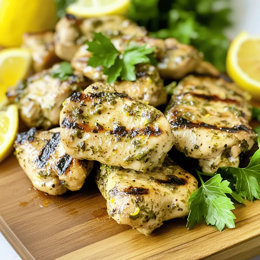 Die Hauptzutaten machen dieses Gericht frisch und lecker. Hier sind sie: - 4 Hähnchenbrustfilets ohne Haut und Knochen - 60 ml Olivenöl - 2 Zitronen (Schale und Saft) - 4 Zehen Knoblauch, fein gehackt - 1 Esslöffel frischer Rosmarin, gehackt - 1 Esslöffel frischer Thymian, gehackt - 1 Esslöffel frische Petersilie, gehackt - 1 Teelöffel Salz - 1/2 Teelöffel schwarzer Pfeffer - Zitronenschnitze (zum Servieren) - Frische Petersilienblätter (zum Garnieren) Die Marinade bringt viel Geschmack. Ich mixe Olivenöl mit Zitronensaft und -schale. Dann füge ich Knoblauch, Rosmarin, Thymian, Petersilie, Salz und Pfeffer hinzu. Das gibt dem Hühnchen einen tollen Kick. Lass das Hühnchen in der Marinade ruhen. So zieht der Geschmack ein. Beilagen machen das Gericht noch besser. Du kannst dazu einen frischen grünen Salat servieren. Gegrilltes Gemüse passt auch gut. Reis oder Quinoa sind tolle Optionen für mehr Füllung. Diese Beilagen ergänzen das Hühnchen perfekt. Für das vollständige Rezept, schau dir die [Full Recipe] an. Zuerst bereiten wir die Marinade vor. Nehmen Sie eine Schüssel und geben Sie das Olivenöl, die Zitronenschale, den Zitronensaft, den gehackten Knoblauch und die frischen Kräuter hinein. Mischen Sie alles gut. Diese Marinade gibt dem Hähnchen viel Geschmack. Legen Sie die Hähnchenbrustfilets in einen großen Plastikbeutel oder eine flache Schüssel. Gießen Sie die Marinade darüber und verschließen Sie den Beutel oder decken Sie die Schüssel ab. Lassen Sie das Hähnchen mindestens eine Stunde im Kühlschrank marinieren. Noch besser ist es, wenn Sie es über Nacht lassen. So wird das Hähnchen noch saftiger. Heizen Sie Ihren Grill auf mittelhohe Hitze vor. Das bedeutet etwa 200°C. Während der Grill aufheizt, nehmen Sie die Hähnchenbrustfilets aus der Marinade. Lassen Sie die überschüssige Marinade abtropfen. Entsorgen Sie die Marinade, da wir sie nicht erneut verwenden. Wenn der Grill heiß ist, ist das Hähnchen bereit für das Grillen. Legen Sie die Hähnchenbrustfilets auf den Grill. Grillen Sie sie für etwa 6-7 Minuten pro Seite. Verwenden Sie eine Grillzange, um das Hähnchen zu wenden. Das Hühnchen ist fertig, wenn die Innentemperatur 75°C erreicht. Es sollte auch schöne Grillstreifen haben. Nach dem Grillen nehmen Sie das Hähnchen vom Grill und lassen es etwa 5 Minuten ruhen. Das hilft, die Säfte im Hähnchen zu halten. Servieren Sie das gegrillte Hähnchen mit Zitronenschnitzen und frischen Petersilienblättern. Für das komplette Rezept, schauen Sie sich die [Full Recipe] an. Um zartes Hühnchen zu erhalten, marinieren Sie es gut. Die Marinade aus Zitronensaft und Olivenöl wirkt wie ein Zauber. Sie macht das Fleisch weich und gibt Geschmack. Lassen Sie das Hühnchen mindestens eine Stunde marinieren. Noch besser ist es, wenn Sie es über Nacht im Kühlschrank lassen. So ziehen die Aromen richtig ein. Die Grilltemperatur spielt eine große Rolle. Sie sollten den Grill auf mittelhohe Hitze bringen, etwa 200°C. Verwenden Sie ein Grillthermometer, um sicherzustellen, dass die Temperatur stimmt. Ein gut vorgeheizter Grill sorgt für schöne Grillstreifen und verhindert, dass das Hühnchen trocken wird. Wenn die Innentemperatur 75°C erreicht, ist das Fleisch perfekt durchgegart. Variieren Sie die Kräuter, um neue Geschmäcker zu entdecken. Zum Beispiel können Sie Basilikum oder Oregano hinzufügen. Diese Kräuter bringen frische Noten in das Gericht. Auch das Hinzufügen von Chili oder Paprika gibt dem Hühnchen eine leichte Schärfe. Experimentieren Sie mit verschiedenen Kombinationen, um Ihr Lieblingsrezept zu finden. Für das vollständige Rezept, schauen Sie sich bitte die *Full Recipe* an. {{image_4}} Für eine süße Note probiere gegrilltes Zitronen-Hühnchen mit Honig. Mische Honig in die Marinade. Die Süße des Honigs passt perfekt zur Säure der Zitrone. Das Hühnchen wird schön karamellisiert und hat einen tollen Glanz. Du kannst 2 Esslöffel Honig zu deiner Marinade hinzufügen. Das Ergebnis ist ein leckeres, saftiges Gericht, das jedem schmeckt. Für ein mediterranes Flair kombiniere das Hühnchen mit buntem Gemüse. Zucchini, Paprika und rote Zwiebeln passen hervorragend. Schneide das Gemüse in Stücke und mariniere es zusammen mit dem Hühnchen. Das Grillen bringt die Aromen zusammen. Du kannst auch Feta-Käse darüber streuen, um einen zusätzlichen Geschmackskick zu erhalten. Dieses Gericht sieht nicht nur gut aus, es schmeckt auch fantastisch. Wenn das Wetter nicht zum Grillen einlädt, versuche Zitronen-Kräuter-Hühnchen im Ofen. Lege die marinierten Hähnchenbrustfilets in eine Auflaufform. Backe sie bei 200°C für etwa 25-30 Minuten. Du erhältst ein zartes Hühnchen mit einem wunderbar aromatischen Geschmack. Serviere es mit Reis oder einem frischen Salat. So hast du ein einfaches, schmackhaftes Gericht, das die ganze Familie lieben wird. Für eine detaillierte Zubereitung, schau dir das Full Recipe an. Um übrig gebliebenes Hühnchen richtig zu lagern, legen Sie es in einen luftdichten Behälter. Dies verhindert, dass es austrocknet. Stellen Sie sicher, dass das Hühnchen bei Raumtemperatur nicht länger als zwei Stunden steht. Für die beste Frische sollten Sie das Hühnchen so schnell wie möglich im Kühlschrank aufbewahren. Wenn Sie das Hühnchen wieder aufwärmen, nutzen Sie den Ofen oder die Mikrowelle. Im Ofen bleibt das Hühnchen saftig. Heizen Sie den Ofen auf 180°C vor. Legen Sie das Hühnchen in eine Auflaufform und decken Sie es mit Folie ab. So bleibt die Feuchtigkeit erhalten. In der Mikrowelle können Sie das Hühnchen in kurzen Intervallen aufwärmen. Decken Sie es mit einem feuchten Papiertuch ab. Dies verhindert, dass es zäh wird. Im Kühlschrank hält sich gegrilltes Hühnchen etwa drei bis vier Tage. Achten Sie darauf, es gut verpackt zu lagern. Wenn Sie länger aufbewahren möchten, frieren Sie das Hühnchen ein. Im Gefrierfach bleibt es bis zu sechs Monate frisch. Am besten portionieren Sie das Hühnchen vor dem Einfrieren. So können Sie immer die richtige Menge auftauen. Die vollständige Anleitung finden Sie in dem Full Recipe. Das Hähnchen sollte mindestens eine Stunde mariniert werden. Für den besten Geschmack empfehle ich, es über Nacht im Kühlschrank zu lassen. So ziehen die Aromen gut ein. Eine längere Marinierzeit macht das Hühnchen zarter und schmackhafter. Ja, du kannst das Hühnchen auch in der Pfanne zubereiten. Erhitze etwas Olivenöl in einer großen Pfanne. Brate die Hähnchenbrustfilets bei mittlerer Hitze für etwa 6-7 Minuten pro Seite. Achte darauf, dass das Hühnchen gut durchgegart ist. Die Innentemperatur sollte 75°C betragen. Zu gegrilltem Zitronen-Kräuter-Hühnchen passen viele Beilagen. Hier sind einige gute Optionen: - Gegrilltes Gemüse - Ein frischer Salat - Reis oder Quinoa - Kartoffeln in verschiedenen Zubereitungen - Knoblauchbrot Diese Beilagen ergänzen den frischen Geschmack des Hühnchens perfekt. Du kannst auch mit verschiedenen Kräutern und Gewürzen spielen, um das Gericht zu variieren. Das gegrillte Zitronen-Kräuter-Hühnchen ist ein einfaches und schmackhaftes Gericht. Wir haben die besten Zutaten und Marinaden besprochen, damit das Hühnchen zart bleibt. Ich habe auch Tipps für die richtige Grilltechnik und die passenden Beilagen gegeben. Variationen wie das mediterrane Hühnchen bieten neue Geschmackserlebnisse. Lagerungshinweise helfen dir, Reste richtig aufzubewahren. Denke daran, dass die richtige Marinierzeit wichtig ist, um das beste Ergebnis zu erzielen. Probiere es aus und genieße das wunderbare Aroma!