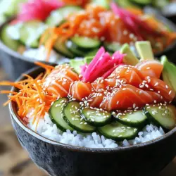 Für deine Sushi Roll Bowls brauchst du einige wichtige Zutaten. Diese geben deinem Gericht den vollen Geschmack. - 1 Tasse Sushi-Reis - 1 1/4 Tassen Wasser - 2 Esslöffel Reisessig - 1 Esslöffel Zucker - 1/2 Teelöffel Salz - 1/2 Pfund Sushi-Qualität roher Lachs, in dünne Streifen geschnitten - 1/2 Pfund Gurke, in feine Streifen geschnitten (julienned) - 1 Avocado, in Scheiben geschnitten - 1/2 Tasse geraspelte Karotten - 1/4 Tasse eingelegter Ingwer - 2 Blätter Nori-Algen, in Streifen geschnitten - Sojasauce zum Beträufeln - Sesamsamen zur Garnierung Diese Zutaten sind die Basis für dein Gericht und bringen den echten Sushi-Geschmack. Du kannst auch optionale Zutaten hinzufügen, um deinen Sushi Roll Bowls mehr Flair zu geben. Hier sind einige Ideen: - Frischkäse für eine cremige Textur - Radieschen für einen knackigen Biss - Mango für eine süße Note - Edamame für einen zusätzlichen Nährstoffkick Diese Zutaten machen dein Gericht vielseitig und spannend. Die Qualität des Rohfischs ist sehr wichtig für den Geschmack. Hier sind einige Tipps, um die beste Wahl zu treffen: - Kaufe Fisch bei einem vertrauenswürdigen Händler. - Achte auf das Zeichen „Sushi-Qualität“. - Frischer Fisch sollte klar und glänzend aussehen. - Rieche am Fisch. Er sollte frisch und nicht fischig riechen. Mit diesen Tipps kannst du sicherstellen, dass deine Sushi Roll Bowls köstlich und sicher sind. Das vollständige Rezept findest du im Abschnitt „Full Recipe“. Um deinen Sushi-Reis perfekt zuzubereiten, beginne mit einer Tasse Sushi-Reis. Spüle den Reis gut unter kaltem Wasser. Dies hilft, die Stärke zu entfernen. Das Wasser sollte klar sein, bevor du fortfährst. Danach gibst du die gewaschene Reis in einen mittleren Topf und fügst 1 1/4 Tassen Wasser hinzu. Bring das Wasser bei mittlerer Hitze zum Kochen. Reduziere die Hitze dann auf niedrig, decke den Topf ab und lass den Reis 15 Minuten köcheln. Nach dieser Zeit nimm den Topf vom Herd. Lass den Reis weitere 10 Minuten abgedeckt stehen, damit er gut durchziehen kann. Jetzt bereitest du die Reisessig-Mischung vor. In einer kleinen Schüssel vermische 2 Esslöffel Reisessig, 1 Esslöffel Zucker und 1/2 Teelöffel Salz. Rühre die Mischung gut um, bis sich Zucker und Salz auflösen. Diese Mischung wird dem Reis einen tollen Geschmack geben. Hebe die Mischung vorsichtig unter den gekochten Reis. Achte darauf, dass sie gleichmäßig verteilt wird. Lass den Reis dann abkühlen, während du die anderen Zutaten vorbereitest. Jetzt wird es spannend! Nimm deine Servierschalen und gib eine großzügige Portion Reis in jede Schale. Arrangiere dann die anderen Zutaten schön auf dem Reis. Verwende 1/2 Pfund rohen Lachs, 1/2 Pfund Gurke in feinen Streifen, eine geschnittene Avocado und 1/2 Tasse geraspelte Karotten. Vergiss nicht den eingelegten Ingwer! Das sieht nicht nur gut aus, sondern schmeckt auch fantastisch. Zum Schluss garniere die Bowls mit Nori-Streifen und Sesamsamen. Ein Spritzer Sojasauce gibt den letzten Schliff. Wenn du magst, füge Wasabi und scharfe Mayo an die Seite hinzu. Deine Sushi Roll Bowls sind jetzt bereit zum Genießen! Schau dir die vollständige Rezeptanleitung an, um alle Schritte zu sehen. Die Zubereitung von Sushi-Reis ist entscheidend. Beginne mit der richtigen Menge Reis. Nutze 1 Tasse Sushi-Reis für 1 1/4 Tassen Wasser. Spüle den Reis gut ab, bis das Wasser klar ist. Das entfernt die Stärke und macht den Reis fluffig. Koche den Reis bei mittlerer Hitze. Sobald er kocht, decke den Topf ab und reduziere die Hitze. Lass ihn 15 Minuten köcheln und ruhen dann für 10 Minuten. Diese Schritte sorgen für den perfekten Reis. Die Präsentation macht einen großen Unterschied. Beginne mit einer Basis aus Sushi-Reis in der Schale. Achte darauf, dass der Reis gleichmäßig verteilt ist. Lege die Lachs- und Gemüsestreifen kunstvoll darauf. Nutze Farben und Texturen, um die Schalen lebendig zu machen. Füge die Nori-Streifen und Sesamsamen hinzu, um etwas Crunch zu bieten. Ein Spritzer Sojasauce sorgt für den letzten Schliff. Eine schöne Präsentation macht das Essen noch besser. Viele machen Fehler bei der Zubereitung von Sushi-Rollen. Ein häufiger Fehler ist, den Reis nicht gut abzuspülen. Das sorgt für klebrigen Reis. Ein weiterer Fehler ist, den Reis zu lange zu kochen. Das macht ihn matschig. Stelle sicher, dass der Reis nach dem Kochen richtig ruht. Eine falsche Menge an Reisessig kann den Geschmack ruinieren. Achte darauf, die Mischung gut zu vermengen. Diese Tipps helfen dir, häufige Fehler zu vermeiden. Für detaillierte Anweisungen, schau dir das Full Recipe an. {{image_4}} Vegetarische Sushi Roll Bowls sind eine tolle Option. Sie sind leicht und frisch. Du kannst viele gesunde Zutaten nutzen. Hier sind einige Vorschläge: - Tofu: Würfeln und anbraten für tollen Geschmack. - Avocado: Cremig und nahrhaft, sie gibt gute Fette. - Karotten: Raspeln für eine knackige Textur. - Paprika: Bunte Streifen bringen Farbe und Süße. Du kannst auch andere Gemüse wie Zucchini oder Spargel verwenden. Nutze deine Lieblingsgemüse für den besten Geschmack. Meeresfrüchte bringen einen tollen Geschmack in deine Sushi Roll Bowls. Hier sind einige Ideen für frische Variationen: - Garnelen: Diese süßen Meeresfrüchte sind einfach zuzubereiten. Du kannst sie grillen oder dämpfen. - Thunfisch: In dünne Scheiben geschnitten, ist er lecker und zart. - Krabbenfleisch: Es bringt eine süße Note und passt gut zu Reis. Kombiniere verschiedene Meeresfrüchte für mehr Geschmack. Achte darauf, frische Zutaten zu wählen. Saucen und Gewürze machen den Unterschied. Du kannst die Aromen nach deinem Geschmack anpassen. Hier sind einige Ideen: - Sojasauce: Klassisch und salzig, perfekt für den Reis. - Wasabi: Für einen scharfen Kick, verwende ihn sparsam. - Scharfe Mayo: Diese cremige Sauce gibt einen tollen Geschmack. Experimentiere mit verschiedenen Kräutern und Gewürzen. Zum Beispiel, Frischkoriander oder Sesamsamen für zusätzlichen Geschmack. Du findest viele Kombinationen, die dir gefallen könnten. Für das vollständige Rezept, schaue dir die Anleitung an. Wenn du Reste von deinen Sushi Roll Bowls hast, lagere sie in einem luftdichten Behälter. Das hält die Frische und den Geschmack. Verwende am besten Glasbehälter oder hochwertige Plastiktüten. Stelle sicher, dass der Reis und die anderen Zutaten getrennt sind. So bleiben sie frisch und lecker. Sushi Roll Bowls sind im Kühlschrank etwa zwei Tage haltbar. Der Reis kann austrocknen, also achte darauf, die Schalen gut abzudecken. Wenn du die Schalen länger aufbewahren möchtest, friere die Zutaten getrennt ein. So kannst du sie bis zu einem Monat genießen. Hast du noch Zutaten übrig? Nutze sie kreativ! Die Lachsstreifen kannst du in einem Salat verwenden. Die Gurken und Avocados eignen sich gut für Sandwiches oder Wraps. Auch der Reis kann in einer Pfanne mit Gemüse gebraten werden. So vermeidest du Lebensmittelverschwendung und schaffst neue Gerichte. Du kannst Sushi Roll Bowls in vielen Sushi-Restaurants und asiatischen Bistros finden. Viele Orte bieten sie als spezielle Gerichte an. Achte auf lokale Sushi-Läden oder Ketten. Oft findest du sie auch in Apps für Essenslieferungen. Das macht es leicht, deine Lieblingsschalen direkt nach Hause zu holen. Ja, Sushi Roll Bowls sind oft gesund. Sie enthalten frische Zutaten wie Gemüse, Fisch und Reis. Diese Schalen bieten viele Nährstoffe. Fisch liefert wichtige Omega-3-Fettsäuren. Gemüse ist voll von Vitaminen und Ballaststoffen. Achte jedoch auf die Sojasauce, da sie salzig sein kann. Eine moderate Menge ist der Schlüssel. Ja, du kannst Sushi Roll Bowls ohne rohen Fisch zubereiten. Es gibt viele leckere Optionen. Du kannst gebratenen Tofu oder gekochtes Hühnchen verwenden. Auch Gemüse wie Avocado und Gurken sind großartig. Diese Alternativen machen die Schalen weiterhin bunt und schmackhaft. Lass deiner Kreativität freien Lauf und finde deinen Favoriten! Für das vollständige Rezept besuche den Abschnitt mit dem Titel "Full Recipe". Sushi Roll Bowls sind eine schmackhafte und kreative Mahlzeit. Wir haben die Hauptzutaten, die Zubereitung und tolle Tipps besprochen. Ich habe auch Variationen und Aufbewahrungshinweise geteilt. Denke daran, mit den Zutaten zu experimentieren. So kannst du deine perfekte Bowl kreieren. Halte die Schalen frisch und lecker, um Verschwendung zu vermeiden. Genieße das Kochen und teile deine Kreationen mit Freunden!