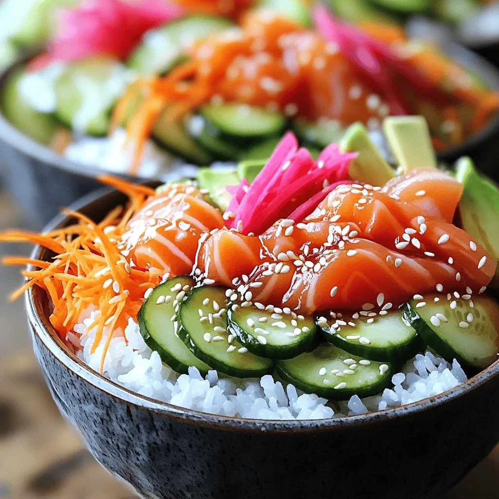Für deine Sushi Roll Bowls brauchst du einige wichtige Zutaten. Diese geben deinem Gericht den vollen Geschmack. - 1 Tasse Sushi-Reis - 1 1/4 Tassen Wasser - 2 Esslöffel Reisessig - 1 Esslöffel Zucker - 1/2 Teelöffel Salz - 1/2 Pfund Sushi-Qualität roher Lachs, in dünne Streifen geschnitten - 1/2 Pfund Gurke, in feine Streifen geschnitten (julienned) - 1 Avocado, in Scheiben geschnitten - 1/2 Tasse geraspelte Karotten - 1/4 Tasse eingelegter Ingwer - 2 Blätter Nori-Algen, in Streifen geschnitten - Sojasauce zum Beträufeln - Sesamsamen zur Garnierung Diese Zutaten sind die Basis für dein Gericht und bringen den echten Sushi-Geschmack. Du kannst auch optionale Zutaten hinzufügen, um deinen Sushi Roll Bowls mehr Flair zu geben. Hier sind einige Ideen: - Frischkäse für eine cremige Textur - Radieschen für einen knackigen Biss - Mango für eine süße Note - Edamame für einen zusätzlichen Nährstoffkick Diese Zutaten machen dein Gericht vielseitig und spannend. Die Qualität des Rohfischs ist sehr wichtig für den Geschmack. Hier sind einige Tipps, um die beste Wahl zu treffen: - Kaufe Fisch bei einem vertrauenswürdigen Händler. - Achte auf das Zeichen „Sushi-Qualität“. - Frischer Fisch sollte klar und glänzend aussehen. - Rieche am Fisch. Er sollte frisch und nicht fischig riechen. Mit diesen Tipps kannst du sicherstellen, dass deine Sushi Roll Bowls köstlich und sicher sind. Das vollständige Rezept findest du im Abschnitt „Full Recipe“. Um deinen Sushi-Reis perfekt zuzubereiten, beginne mit einer Tasse Sushi-Reis. Spüle den Reis gut unter kaltem Wasser. Dies hilft, die Stärke zu entfernen. Das Wasser sollte klar sein, bevor du fortfährst. Danach gibst du die gewaschene Reis in einen mittleren Topf und fügst 1 1/4 Tassen Wasser hinzu. Bring das Wasser bei mittlerer Hitze zum Kochen. Reduziere die Hitze dann auf niedrig, decke den Topf ab und lass den Reis 15 Minuten köcheln. Nach dieser Zeit nimm den Topf vom Herd. Lass den Reis weitere 10 Minuten abgedeckt stehen, damit er gut durchziehen kann. Jetzt bereitest du die Reisessig-Mischung vor. In einer kleinen Schüssel vermische 2 Esslöffel Reisessig, 1 Esslöffel Zucker und 1/2 Teelöffel Salz. Rühre die Mischung gut um, bis sich Zucker und Salz auflösen. Diese Mischung wird dem Reis einen tollen Geschmack geben. Hebe die Mischung vorsichtig unter den gekochten Reis. Achte darauf, dass sie gleichmäßig verteilt wird. Lass den Reis dann abkühlen, während du die anderen Zutaten vorbereitest. Jetzt wird es spannend! Nimm deine Servierschalen und gib eine großzügige Portion Reis in jede Schale. Arrangiere dann die anderen Zutaten schön auf dem Reis. Verwende 1/2 Pfund rohen Lachs, 1/2 Pfund Gurke in feinen Streifen, eine geschnittene Avocado und 1/2 Tasse geraspelte Karotten. Vergiss nicht den eingelegten Ingwer! Das sieht nicht nur gut aus, sondern schmeckt auch fantastisch. Zum Schluss garniere die Bowls mit Nori-Streifen und Sesamsamen. Ein Spritzer Sojasauce gibt den letzten Schliff. Wenn du magst, füge Wasabi und scharfe Mayo an die Seite hinzu. Deine Sushi Roll Bowls sind jetzt bereit zum Genießen! Schau dir die vollständige Rezeptanleitung an, um alle Schritte zu sehen. Die Zubereitung von Sushi-Reis ist entscheidend. Beginne mit der richtigen Menge Reis. Nutze 1 Tasse Sushi-Reis für 1 1/4 Tassen Wasser. Spüle den Reis gut ab, bis das Wasser klar ist. Das entfernt die Stärke und macht den Reis fluffig. Koche den Reis bei mittlerer Hitze. Sobald er kocht, decke den Topf ab und reduziere die Hitze. Lass ihn 15 Minuten köcheln und ruhen dann für 10 Minuten. Diese Schritte sorgen für den perfekten Reis. Die Präsentation macht einen großen Unterschied. Beginne mit einer Basis aus Sushi-Reis in der Schale. Achte darauf, dass der Reis gleichmäßig verteilt ist. Lege die Lachs- und Gemüsestreifen kunstvoll darauf. Nutze Farben und Texturen, um die Schalen lebendig zu machen. Füge die Nori-Streifen und Sesamsamen hinzu, um etwas Crunch zu bieten. Ein Spritzer Sojasauce sorgt für den letzten Schliff. Eine schöne Präsentation macht das Essen noch besser. Viele machen Fehler bei der Zubereitung von Sushi-Rollen. Ein häufiger Fehler ist, den Reis nicht gut abzuspülen. Das sorgt für klebrigen Reis. Ein weiterer Fehler ist, den Reis zu lange zu kochen. Das macht ihn matschig. Stelle sicher, dass der Reis nach dem Kochen richtig ruht. Eine falsche Menge an Reisessig kann den Geschmack ruinieren. Achte darauf, die Mischung gut zu vermengen. Diese Tipps helfen dir, häufige Fehler zu vermeiden. Für detaillierte Anweisungen, schau dir das Full Recipe an. {{image_4}} Vegetarische Sushi Roll Bowls sind eine tolle Option. Sie sind leicht und frisch. Du kannst viele gesunde Zutaten nutzen. Hier sind einige Vorschläge: - Tofu: Würfeln und anbraten für tollen Geschmack. - Avocado: Cremig und nahrhaft, sie gibt gute Fette. - Karotten: Raspeln für eine knackige Textur. - Paprika: Bunte Streifen bringen Farbe und Süße. Du kannst auch andere Gemüse wie Zucchini oder Spargel verwenden. Nutze deine Lieblingsgemüse für den besten Geschmack. Meeresfrüchte bringen einen tollen Geschmack in deine Sushi Roll Bowls. Hier sind einige Ideen für frische Variationen: - Garnelen: Diese süßen Meeresfrüchte sind einfach zuzubereiten. Du kannst sie grillen oder dämpfen. - Thunfisch: In dünne Scheiben geschnitten, ist er lecker und zart. - Krabbenfleisch: Es bringt eine süße Note und passt gut zu Reis. Kombiniere verschiedene Meeresfrüchte für mehr Geschmack. Achte darauf, frische Zutaten zu wählen. Saucen und Gewürze machen den Unterschied. Du kannst die Aromen nach deinem Geschmack anpassen. Hier sind einige Ideen: - Sojasauce: Klassisch und salzig, perfekt für den Reis. - Wasabi: Für einen scharfen Kick, verwende ihn sparsam. - Scharfe Mayo: Diese cremige Sauce gibt einen tollen Geschmack. Experimentiere mit verschiedenen Kräutern und Gewürzen. Zum Beispiel, Frischkoriander oder Sesamsamen für zusätzlichen Geschmack. Du findest viele Kombinationen, die dir gefallen könnten. Für das vollständige Rezept, schaue dir die Anleitung an. Wenn du Reste von deinen Sushi Roll Bowls hast, lagere sie in einem luftdichten Behälter. Das hält die Frische und den Geschmack. Verwende am besten Glasbehälter oder hochwertige Plastiktüten. Stelle sicher, dass der Reis und die anderen Zutaten getrennt sind. So bleiben sie frisch und lecker. Sushi Roll Bowls sind im Kühlschrank etwa zwei Tage haltbar. Der Reis kann austrocknen, also achte darauf, die Schalen gut abzudecken. Wenn du die Schalen länger aufbewahren möchtest, friere die Zutaten getrennt ein. So kannst du sie bis zu einem Monat genießen. Hast du noch Zutaten übrig? Nutze sie kreativ! Die Lachsstreifen kannst du in einem Salat verwenden. Die Gurken und Avocados eignen sich gut für Sandwiches oder Wraps. Auch der Reis kann in einer Pfanne mit Gemüse gebraten werden. So vermeidest du Lebensmittelverschwendung und schaffst neue Gerichte. Du kannst Sushi Roll Bowls in vielen Sushi-Restaurants und asiatischen Bistros finden. Viele Orte bieten sie als spezielle Gerichte an. Achte auf lokale Sushi-Läden oder Ketten. Oft findest du sie auch in Apps für Essenslieferungen. Das macht es leicht, deine Lieblingsschalen direkt nach Hause zu holen. Ja, Sushi Roll Bowls sind oft gesund. Sie enthalten frische Zutaten wie Gemüse, Fisch und Reis. Diese Schalen bieten viele Nährstoffe. Fisch liefert wichtige Omega-3-Fettsäuren. Gemüse ist voll von Vitaminen und Ballaststoffen. Achte jedoch auf die Sojasauce, da sie salzig sein kann. Eine moderate Menge ist der Schlüssel. Ja, du kannst Sushi Roll Bowls ohne rohen Fisch zubereiten. Es gibt viele leckere Optionen. Du kannst gebratenen Tofu oder gekochtes Hühnchen verwenden. Auch Gemüse wie Avocado und Gurken sind großartig. Diese Alternativen machen die Schalen weiterhin bunt und schmackhaft. Lass deiner Kreativität freien Lauf und finde deinen Favoriten! Für das vollständige Rezept besuche den Abschnitt mit dem Titel "Full Recipe". Sushi Roll Bowls sind eine schmackhafte und kreative Mahlzeit. Wir haben die Hauptzutaten, die Zubereitung und tolle Tipps besprochen. Ich habe auch Variationen und Aufbewahrungshinweise geteilt. Denke daran, mit den Zutaten zu experimentieren. So kannst du deine perfekte Bowl kreieren. Halte die Schalen frisch und lecker, um Verschwendung zu vermeiden. Genieße das Kochen und teile deine Kreationen mit Freunden!