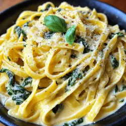 - 225 g Fettuccine oder Spaghetti - 240 ml Schlagsahne - 200 g frischer Spinat, grob gehackt Die Hauptzutaten sind wichtig. Sie geben der Pasta ihren Geschmack. Fettuccine oder Spaghetti sind die besten Nudeln für dieses Rezept. Schlagsahne macht die Sauce cremig und reichhaltig. Frischer Spinat bringt Farbe und Nährstoffe in das Gericht. - 2 Esslöffel Olivenöl - 4 Knoblauchzehen, fein gehackt - Salz und Pfeffer nach Geschmack Olivenöl sorgt für einen guten Geschmack und hilft beim Braten. Der Knoblauch gibt der Sauce ein tolles Aroma. Salz und Pfeffer machen die Aromen lebendig. Diese Gewürze sind einfach, aber wichtig für dein Gericht. - 50 g frisch geriebener Parmesan - 1 Teelöffel rote Pfefferflocken (optional) - Frisches Basilikum zur Garnierung Parmesan macht die Sauce noch besser. Er fügt Tiefe und Geschmack hinzu. Rote Pfefferflocken bringen etwas Schärfe, wenn du das magst. Frisches Basilikum sieht nicht nur gut aus, sondern schmeckt auch frisch. Wenn du mehr über die Zubereitung erfahren möchtest, schaue dir das Full Recipe an. - Bring in einem großen Topf gesalzenes Wasser zum Kochen. - Koche die Fettuccine oder Spaghetti al dente. Das dauert etwa 8-10 Minuten. Achte darauf, sie nicht zu lange zu kochen. Abgießen, aber etwas Nudelwasser aufbewahren. - Erhitze 2 Esslöffel Olivenöl in einer großen Pfanne. - Füge die fein gehackten Knoblauchzehen hinzu. Brate sie 1-2 Minuten, bis sie duften und goldbraun sind. Pass auf, dass der Knoblauch nicht verbrennt. - Gieße 240 ml Schlagsahne in die Pfanne. Rühre gut um und lass die Mischung 3-5 Minuten köcheln. Sie sollte leicht eindicken. - Rühre 50 g frisch geriebenen Parmesan in die Sauce. - Mische 200 g grob gehackten Spinat unter die Sauce. Koche weitere 2-3 Minuten, bis der Spinat zusammenfällt. - Würze die Sauce mit roten Pfefferflocken, Salz und Pfeffer. - Gib die abgetropfte Pasta in die Pfanne. Wende sie vorsichtig in der Sauce, bis alle Nudeln gleichmäßig überzogen sind. Für mehr Details, schau dir das [Full Recipe] an. - Wie man die perfekte Al-Dente-Pasta kocht Um die perfekte Al-Dente-Pasta zu kochen, bringe einen großen Topf mit gesalzenem Wasser zum Kochen. Füge die Nudeln hinzu und koche sie nach den Anweisungen auf der Verpackung. Probiere die Nudeln ein oder zwei Minuten vor dem Ende der Kochzeit. Sie sollten weich, aber noch bissfest sein. - Das richtige Aufbewahren von Nudelwasser Bewahre immer etwas Nudelwasser auf, bevor du die Pasta abgießt. Dieses Wasser enthält Stärke. Es hilft, die Sauce zu binden und gibt ihr eine cremige Textur. Fülle etwa 240 ml in einen Becher, bevor du die Nudeln abgießt. - Warum die Reihenfolge der Zutaten wichtig ist Die Reihenfolge der Zutaten ist entscheidend für den Geschmack. Brate zuerst den Knoblauch an, um sein Aroma freizusetzen. Dann füge die Schlagsahne hinzu und lasse sie köcheln, bevor du den Parmesan einrührst. Diese Schritte sorgen für eine harmonische Sauce. - Möglichkeiten zur Anpassung der Konsistenz Du kannst die Sauce anpassen, indem du mehr Nudelwasser hinzufügst. Wenn die Sauce zu dick ist, füge nach und nach das aufbewahrte Nudelwasser hinzu. Rühre gut um, bis die gewünschte Konsistenz erreicht ist. Wenn du es cremiger magst, füge mehr Schlagsahne hinzu. - Beilagen, die gut zu Pasta passen Zu cremiger Knoblauch-Pasta passen frische Salate gut. Ein einfacher grüner Salat mit einem leichten Dressing ist eine gute Wahl. Auch geröstetes Gemüse ergänzt die Pasta sehr gut. - Anrichten für besondere Anlässe Um die Pasta schön anzurichten, verwende eine große Schüssel. Garniere die Pasta mit frischem Basilikum und etwas Parmesan. Ein Spritzer Olivenöl macht das Gericht noch leckerer. So wird deine Pasta zum Hingucker auf jedem Tisch. {{image_4}} Für eine leckere vegetarische Pasta können Sie zusätzliche Gemüsesorten hinzufügen. Zucchini, Paprika oder Pilze passen gut. Diese Gemüse geben mehr Geschmack und Farbe. Sie können auch alternative Saucen ausprobieren. Zum Beispiel eine Tomatensauce oder eine Pesto-Sauce. Dies bringt neue Aromen in Ihr Gericht. Experimentieren Sie mit verschiedenen Kräutern für mehr Vielfalt. Wenn Sie mehr Protein wünschen, integrieren Sie Hähnchen oder Garnelen in Ihr Rezept. Braten Sie das Hähnchen in der Pfanne, bis es goldbraun ist. Fügen Sie es dann zur Sauce hinzu. Für Garnelen, braten Sie sie kurz an, bis sie rosa sind. Wenn Sie eine vegane Variante wollen, verwenden Sie Tofu. Schneiden Sie den Tofu in kleine Stücke und braten Sie ihn. Er passt gut zur cremigen Sauce und gibt einen guten Biss. Für glutenfreie Alternativen benutzen Sie glutenfreie Pasta. Diese Pasta gibt es in vielen Sorten, wie Reis- oder Linsennudeln. Sie schmecken genauso gut wie normale Pasta. Auch können Sie Low-Carb Optionen erkunden. Zucchini-Nudeln oder Blumenkohlreis sind tolle Alternativen und sehr gesund. So können alle bei Ihrem Gericht genießen, egal welche Diät sie verfolgen. Für das vollständige Rezept, schauen Sie sich [Full Recipe] an. Um die Pasta richtig zu lagern, lege sie in einen luftdichten Behälter. Achte darauf, die Reste vollständig abkühlen zu lassen. So vermeidest du, dass sich Kondenswasser bildet. Für die Sauce ist es am besten, sie separat zu kühlen. Das verhindert, dass die Pasta matschig wird. Bewahre die Sauce ebenfalls in einem luftdichten Behälter auf. Die besten Methoden zum Aufwärmen sind die Mikrowelle oder eine Pfanne. Wenn du die Mikrowelle nutzt, gib die Pasta auf einen Teller und decke sie mit einem feuchten Tuch ab. So bleibt sie saftig. In einer Pfanne kannst du etwas Wasser dazugeben und die Pasta bei mittlerer Hitze erwärmen. Um die Sauce cremig zu halten, füge einen Schuss Milch oder Sahne hinzu. Rühre gut um, während du die Sauce erhitzt. So bleibt sie geschmeidig und lecker. Die Reste sind im Kühlschrank etwa drei bis vier Tage haltbar. Achte darauf, dass sie gut verpackt sind. Anzeichen von Verderb sind ein unangenehmer Geruch oder Schimmel. Wenn du merkst, dass die Pasta komisch riecht, wirf sie weg. Das ist besser für deine Gesundheit. Für mehr Details und eine Schritt-für-Schritt-Anleitung schau dir das [Full Recipe] an. Die Zubereitung dauert etwa 10 Minuten. Das Kochen der Pasta braucht rund 15 Minuten. Ingesamt sind es also 25 Minuten von Start bis zum Servieren. Ja, du kannst die Sauce leicht vegetarisch machen. Verwende einfach Gemüsebrühe anstatt von Sahne. Du kannst auch mehr Gemüse wie Zucchini oder Paprika hinzufügen. Ja, das Gericht ist sehr einfach zuzubereiten. In weniger als 30 Minuten hast du ein leckeres Essen. Die Schritte sind klar und schnell. Zu dieser Pasta passen viele Beilagen. Ein frischer Salat ist eine gute Wahl. Auch knuspriges Brot oder ein leichtes Getränk wie Weißwein sind ideal. Diese cremige Knoblauch-Spinat-Pasta ist leicht zuzubereiten und schmeckt großartig. Sie brauchen nur einfache Zutaten wie Pasta, Sahne und Spinat. Mit unseren Tipps kochen Sie perfekte Nudeln und eine leckere Sauce. Variieren Sie das Rezept nach Ihrem Geschmack, indem Sie Gemüse, Hühnchen oder Garnelen hinzufügen. Lagern Sie Reste richtig und genießen Sie sie später. Kochen kann einfach und lecker sein. Experimentieren Sie und finden Sie Ihre Lieblingsversion!