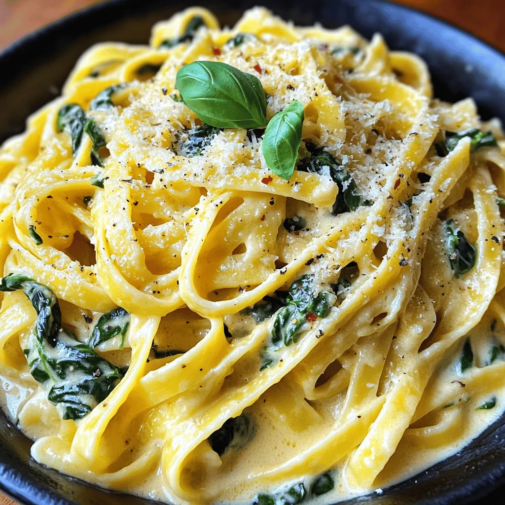 - 225 g Fettuccine oder Spaghetti - 240 ml Schlagsahne - 200 g frischer Spinat, grob gehackt Die Hauptzutaten sind wichtig. Sie geben der Pasta ihren Geschmack. Fettuccine oder Spaghetti sind die besten Nudeln für dieses Rezept. Schlagsahne macht die Sauce cremig und reichhaltig. Frischer Spinat bringt Farbe und Nährstoffe in das Gericht. - 2 Esslöffel Olivenöl - 4 Knoblauchzehen, fein gehackt - Salz und Pfeffer nach Geschmack Olivenöl sorgt für einen guten Geschmack und hilft beim Braten. Der Knoblauch gibt der Sauce ein tolles Aroma. Salz und Pfeffer machen die Aromen lebendig. Diese Gewürze sind einfach, aber wichtig für dein Gericht. - 50 g frisch geriebener Parmesan - 1 Teelöffel rote Pfefferflocken (optional) - Frisches Basilikum zur Garnierung Parmesan macht die Sauce noch besser. Er fügt Tiefe und Geschmack hinzu. Rote Pfefferflocken bringen etwas Schärfe, wenn du das magst. Frisches Basilikum sieht nicht nur gut aus, sondern schmeckt auch frisch. Wenn du mehr über die Zubereitung erfahren möchtest, schaue dir das Full Recipe an. - Bring in einem großen Topf gesalzenes Wasser zum Kochen. - Koche die Fettuccine oder Spaghetti al dente. Das dauert etwa 8-10 Minuten. Achte darauf, sie nicht zu lange zu kochen. Abgießen, aber etwas Nudelwasser aufbewahren. - Erhitze 2 Esslöffel Olivenöl in einer großen Pfanne. - Füge die fein gehackten Knoblauchzehen hinzu. Brate sie 1-2 Minuten, bis sie duften und goldbraun sind. Pass auf, dass der Knoblauch nicht verbrennt. - Gieße 240 ml Schlagsahne in die Pfanne. Rühre gut um und lass die Mischung 3-5 Minuten köcheln. Sie sollte leicht eindicken. - Rühre 50 g frisch geriebenen Parmesan in die Sauce. - Mische 200 g grob gehackten Spinat unter die Sauce. Koche weitere 2-3 Minuten, bis der Spinat zusammenfällt. - Würze die Sauce mit roten Pfefferflocken, Salz und Pfeffer. - Gib die abgetropfte Pasta in die Pfanne. Wende sie vorsichtig in der Sauce, bis alle Nudeln gleichmäßig überzogen sind. Für mehr Details, schau dir das [Full Recipe] an. - Wie man die perfekte Al-Dente-Pasta kocht Um die perfekte Al-Dente-Pasta zu kochen, bringe einen großen Topf mit gesalzenem Wasser zum Kochen. Füge die Nudeln hinzu und koche sie nach den Anweisungen auf der Verpackung. Probiere die Nudeln ein oder zwei Minuten vor dem Ende der Kochzeit. Sie sollten weich, aber noch bissfest sein. - Das richtige Aufbewahren von Nudelwasser Bewahre immer etwas Nudelwasser auf, bevor du die Pasta abgießt. Dieses Wasser enthält Stärke. Es hilft, die Sauce zu binden und gibt ihr eine cremige Textur. Fülle etwa 240 ml in einen Becher, bevor du die Nudeln abgießt. - Warum die Reihenfolge der Zutaten wichtig ist Die Reihenfolge der Zutaten ist entscheidend für den Geschmack. Brate zuerst den Knoblauch an, um sein Aroma freizusetzen. Dann füge die Schlagsahne hinzu und lasse sie köcheln, bevor du den Parmesan einrührst. Diese Schritte sorgen für eine harmonische Sauce. - Möglichkeiten zur Anpassung der Konsistenz Du kannst die Sauce anpassen, indem du mehr Nudelwasser hinzufügst. Wenn die Sauce zu dick ist, füge nach und nach das aufbewahrte Nudelwasser hinzu. Rühre gut um, bis die gewünschte Konsistenz erreicht ist. Wenn du es cremiger magst, füge mehr Schlagsahne hinzu. - Beilagen, die gut zu Pasta passen Zu cremiger Knoblauch-Pasta passen frische Salate gut. Ein einfacher grüner Salat mit einem leichten Dressing ist eine gute Wahl. Auch geröstetes Gemüse ergänzt die Pasta sehr gut. - Anrichten für besondere Anlässe Um die Pasta schön anzurichten, verwende eine große Schüssel. Garniere die Pasta mit frischem Basilikum und etwas Parmesan. Ein Spritzer Olivenöl macht das Gericht noch leckerer. So wird deine Pasta zum Hingucker auf jedem Tisch. {{image_4}} Für eine leckere vegetarische Pasta können Sie zusätzliche Gemüsesorten hinzufügen. Zucchini, Paprika oder Pilze passen gut. Diese Gemüse geben mehr Geschmack und Farbe. Sie können auch alternative Saucen ausprobieren. Zum Beispiel eine Tomatensauce oder eine Pesto-Sauce. Dies bringt neue Aromen in Ihr Gericht. Experimentieren Sie mit verschiedenen Kräutern für mehr Vielfalt. Wenn Sie mehr Protein wünschen, integrieren Sie Hähnchen oder Garnelen in Ihr Rezept. Braten Sie das Hähnchen in der Pfanne, bis es goldbraun ist. Fügen Sie es dann zur Sauce hinzu. Für Garnelen, braten Sie sie kurz an, bis sie rosa sind. Wenn Sie eine vegane Variante wollen, verwenden Sie Tofu. Schneiden Sie den Tofu in kleine Stücke und braten Sie ihn. Er passt gut zur cremigen Sauce und gibt einen guten Biss. Für glutenfreie Alternativen benutzen Sie glutenfreie Pasta. Diese Pasta gibt es in vielen Sorten, wie Reis- oder Linsennudeln. Sie schmecken genauso gut wie normale Pasta. Auch können Sie Low-Carb Optionen erkunden. Zucchini-Nudeln oder Blumenkohlreis sind tolle Alternativen und sehr gesund. So können alle bei Ihrem Gericht genießen, egal welche Diät sie verfolgen. Für das vollständige Rezept, schauen Sie sich [Full Recipe] an. Um die Pasta richtig zu lagern, lege sie in einen luftdichten Behälter. Achte darauf, die Reste vollständig abkühlen zu lassen. So vermeidest du, dass sich Kondenswasser bildet. Für die Sauce ist es am besten, sie separat zu kühlen. Das verhindert, dass die Pasta matschig wird. Bewahre die Sauce ebenfalls in einem luftdichten Behälter auf. Die besten Methoden zum Aufwärmen sind die Mikrowelle oder eine Pfanne. Wenn du die Mikrowelle nutzt, gib die Pasta auf einen Teller und decke sie mit einem feuchten Tuch ab. So bleibt sie saftig. In einer Pfanne kannst du etwas Wasser dazugeben und die Pasta bei mittlerer Hitze erwärmen. Um die Sauce cremig zu halten, füge einen Schuss Milch oder Sahne hinzu. Rühre gut um, während du die Sauce erhitzt. So bleibt sie geschmeidig und lecker. Die Reste sind im Kühlschrank etwa drei bis vier Tage haltbar. Achte darauf, dass sie gut verpackt sind. Anzeichen von Verderb sind ein unangenehmer Geruch oder Schimmel. Wenn du merkst, dass die Pasta komisch riecht, wirf sie weg. Das ist besser für deine Gesundheit. Für mehr Details und eine Schritt-für-Schritt-Anleitung schau dir das [Full Recipe] an. Die Zubereitung dauert etwa 10 Minuten. Das Kochen der Pasta braucht rund 15 Minuten. Ingesamt sind es also 25 Minuten von Start bis zum Servieren. Ja, du kannst die Sauce leicht vegetarisch machen. Verwende einfach Gemüsebrühe anstatt von Sahne. Du kannst auch mehr Gemüse wie Zucchini oder Paprika hinzufügen. Ja, das Gericht ist sehr einfach zuzubereiten. In weniger als 30 Minuten hast du ein leckeres Essen. Die Schritte sind klar und schnell. Zu dieser Pasta passen viele Beilagen. Ein frischer Salat ist eine gute Wahl. Auch knuspriges Brot oder ein leichtes Getränk wie Weißwein sind ideal. Diese cremige Knoblauch-Spinat-Pasta ist leicht zuzubereiten und schmeckt großartig. Sie brauchen nur einfache Zutaten wie Pasta, Sahne und Spinat. Mit unseren Tipps kochen Sie perfekte Nudeln und eine leckere Sauce. Variieren Sie das Rezept nach Ihrem Geschmack, indem Sie Gemüse, Hühnchen oder Garnelen hinzufügen. Lagern Sie Reste richtig und genießen Sie sie später. Kochen kann einfach und lecker sein. Experimentieren Sie und finden Sie Ihre Lieblingsversion!