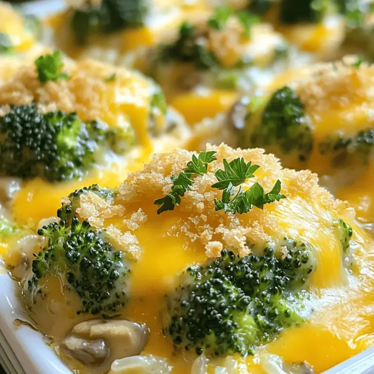 Für diesen leckeren Käse-Brokkoli-Reis-Auflauf brauche ich einige einfache Zutaten. Sie sind leicht zu finden und machen das Gericht besonders schmackhaft. Hier sind die Hauptzutaten: - 2 Tassen gekochter Naturreis - 2 Tassen frische Brokkoliröschen - 1 Tasse geriebener kräftiger Cheddar-Käse - 1 Tasse geriebener Mozzarella-Käse - 1 Dose (300 g) Champignon-Cremesuppe - 1/2 Tasse Milch - 1 kleine Zwiebel, fein gehackt - 1 Knoblauchzehe, gehackt - 1/2 Teelöffel schwarzer Pfeffer - 1/2 Teelöffel Knoblauchpulver - 1/2 Tasse Semmelbrösel (für den Belag) - 2 Esslöffel Olivenöl - Salz nach Geschmack Diese Zutaten sorgen für einen tollen Geschmack und eine cremige Textur. Zusätzlich zu den Hauptzutaten gibt es ein paar weitere Dinge, die das Gericht noch besser machen. Zum Beispiel: - Frische Petersilie für die Garnitur - Frühlingszwiebeln, gehackt, für mehr Geschmack - Ein Beilagensalat, um das Essen zu ergänzen Diese Extras geben dem Auflauf einen frischen Kick. Die Auswahl der richtigen Zutaten macht einen großen Unterschied. Hier sind einige Tipps: - Wählen Sie frischen Brokkoli, der fest und grün ist. - Achten Sie auf hochwertigen Käse. Er sorgt für einen besseren Geschmack. - Verwenden Sie Naturreis, der gesund und nahrhaft ist. - Frische Zwiebeln und Knoblauch geben einen tollen Duft und Geschmack. Mit diesen Tipps stelle ich sicher, dass mein Käse-Brokkoli-Reis-Auflauf immer lecker wird. Für die vollständige Rezeptur besuche bitte den Abschnitt "Full Recipe". Zuerst heizen Sie den Ofen auf 175°C vor. Nehmen Sie eine Backform von 30x23 cm und fetten Sie sie leicht ein. Dies hilft, dass der Käse nicht kleben bleibt. Kochen Sie 2 Tassen Naturreis, wenn Sie es noch nicht getan haben. Frischer Brokkoli ist wichtig, also schneiden Sie 2 Tassen Brokkoliröschen klein. Hacken Sie eine kleine Zwiebel fein und eine Knoblauchzehe. Diese geben einen tollen Geschmack. In einer Pfanne erhitzen Sie 2 Esslöffel Olivenöl bei mittlerer Hitze. Fügen Sie die Zwiebel hinzu und dünsten Sie sie 3-4 Minuten, bis sie glasig ist. Dann kommt der Knoblauch für eine weitere Minute dazu. In einer großen Schüssel mischen Sie den gekochten Reis, die Zwiebel, den Knoblauch, die Brokkoliröschen, eine Dose Champignon-Cremesuppe, 1/2 Tasse Milch, 1/2 Teelöffel schwarzen Pfeffer und 1/2 Teelöffel Knoblauchpulver. Geben Sie auch je 1/2 Tasse Cheddar und Mozzarella dazu. Rühren Sie alles gut um, bis es gleichmäßig vermischt ist. Übertragen Sie diese Mischung in die Backform und verteilen Sie sie gleichmäßig. In einer kleinen Schüssel mischen Sie die restlichen Semmelbrösel mit dem Käse. Streuen Sie diese Mischung über den Auflauf. Decken Sie die Form mit Aluminiumfolie ab. Backen Sie den Auflauf 25 Minuten lang im Ofen. Entfernen Sie die Folie und backen Sie für 10-15 Minuten weiter, bis die Oberseite goldbraun ist. Lassen Sie den Auflauf nach dem Backen einige Minuten ruhen. Servieren Sie ihn warm, vielleicht mit frischer Petersilie oder Frühlingszwiebeln. Ein Beilagensalat passt gut dazu. Für das komplette Rezept schauen Sie sich die [Full Recipe] an. Ein paar Fehler können den Käse-Brokkoli-Reis-Auflauf ruinieren. Achten Sie darauf, den Reis vorher gut zu kochen. Wenn der Reis nicht gar ist, bleibt der Auflauf hart. Verwenden Sie frischen Brokkoli. Er hat mehr Geschmack und eine bessere Textur. Überladen Sie den Auflauf nicht mit zu viel Käse. Zu viel Käse kann den Auflauf schwer machen. Außerdem kann es länger dauern, bis er gar ist. Die Konsistenz ist wichtig. Sie wollen einen cremigen, aber festen Auflauf. Mischen Sie die Zutaten gut, aber nicht zu lange. Zu viel Rühren kann den Reis zerdrücken. Die Champignon-Cremesuppe sorgt für die Cremigkeit. Achten Sie darauf, dass die Mischung nicht zu flüssig wird. Wenn nötig, fügen Sie etwas mehr Reis hinzu. Die Garnierung macht viel aus. Verwenden Sie frische Petersilie oder Frühlingszwiebeln. Diese bringen Farbe und Frische. Ein Spritzer Zitrone kann den Geschmack heben. Servieren Sie den Auflauf in kleinen Portionen. Das sieht schön aus und macht das Essen einfacher. Für zusätzliche Knusprigkeit können Sie geröstete Nüsse darüber streuen. So wird Ihr Käse-Brokkoli-Reis-Auflauf noch interessanter! {{image_4}} Der Käse-Brokkoli-Reis-Auflauf ist sehr anpassbar. Du kannst verschiedene Gemüsesorten nutzen. Zum Beispiel eignen sich Erbsen, Blumenkohl oder Spinat gut. Diese Varianten bieten neue Geschmäcker und Farben. Wenn du frisches Gemüse verwendest, achte darauf, es vorher zu blanchieren. So bleibt die Knackigkeit erhalten. Die Käsesorten sind wichtig für den Geschmack. Du kannst auch andere Käse nutzen, wenn du magst. Gouda oder Monterrey Jack geben einen schönen, cremigen Geschmack. Für eine schärfere Note kannst du Pepper Jack wählen. Mischst du verschiedene Käsesorten, bekommst du mehr Tiefe in deinem Auflauf. Füge etwas Protein hinzu, um den Auflauf nahrhafter zu machen. Hühnerbrust, die in Würfel geschnitten ist, passt gut dazu. Auch gekochte Linsen oder Kichererbsen sind lecker und gesund. Diese Zusätze machen den Auflauf sättigender. So wird er zur Hauptspeise für eine Familie. Für das vollständige Rezept schaue dir bitte die Sektion mit dem Titel Full Recipe an. Um den Käse-Brokkoli-Reis-Auflauf frisch zu halten, lassen Sie ihn zuerst abkühlen. Danach decken Sie den Auflauf gut ab oder legen ihn in einen luftdichten Behälter. So bleibt er bis zu fünf Tage im Kühlschrank. Wenn Sie ihn in Portionen aufteilen, erleichtert das das Servieren. Sie können diesen Auflauf auch einfrieren. Lassen Sie ihn vollständig abkühlen und schneiden Sie ihn in Stücke. Wickeln Sie jede Portion in Frischhaltefolie und legen Sie sie in einen Gefrierbeutel. So bleibt der Auflauf bis zu drei Monate frisch. Achten Sie darauf, das Datum auf den Beuteln zu notieren. Zum Aufwärmen nehmen Sie den Auflauf aus dem Kühlschrank oder Gefrierfach. Bei einer Kühlschrank-Temperatur heizen Sie den Ofen auf 175°C vor. Decken Sie den Auflauf mit Folie ab. Backen Sie ihn etwa 20 Minuten. Wenn er gefroren ist, backen Sie ihn 30-40 Minuten. So bleibt der Käse schön schmelzend und der Geschmack bleibt erhalten. Um den Käse-Brokkoli-Reis-Auflauf zu würzen, können Sie verschiedene Kräuter und Gewürze nutzen. Salz und Pfeffer sind die Grundlagen. Ich empfehle auch Petersilie oder Thymian für mehr Geschmack. Fügen Sie etwas Paprika oder Chili hinzu, wenn Sie es schärfer mögen. Diese Gewürze heben den Käse und das Gemüse hervor. Experimentieren Sie ruhig mit den Mengen. So finden Sie die perfekte Mischung für Ihren Geschmack. Ja, Sie können die Champignon-Cremesuppe ersetzen. Verwenden Sie eine andere Cremesuppe wie Brokkoli oder Blumenkohl. Sie können auch eine hausgemachte Sauce aus Sahne und Pilzen machen. Dies gibt Ihnen mehr Kontrolle über den Geschmack. Kochen Sie die Pilze zuerst an, um ihren Geschmack zu intensivieren. Wenn Sie eine milde Option wählen, bleibt der Käsegeschmack stark. Sie können den Käse-Brokkoli-Reis-Auflauf bis zu fünf Tage im Kühlschrank aufbewahren. Stellen Sie sicher, dass er in einem luftdichten Behälter ist. So bleibt er frisch. Wenn Sie ihn länger aufbewahren möchten, frieren Sie ihn ein. In einem geeigneten Behälter hält er bis zu drei Monate. Zum Aufwärmen legen Sie ihn einfach in den Ofen. So bleibt der Käse schön geschmolzen. Für das beste Ergebnis, verwenden Sie die [Full Recipe]. Der Käse-Brokkoli-Reis-Auflauf ist ein einfaches und schmackhaftes Gericht. Wir haben die Hauptzutaten, Tipps zur Auswahl und eine Schritt-für-Schritt-Anleitung behandelt. Zudem vermittelte ich, wie man häufige Fehler vermeidet und den Auflauf optimal lagert. Variationen mit Gemüse oder Käse bieten neue Geschmackserlebnisse. Denke daran, beim Würzen kreativ zu sein. Mit diesen Tricks und Tipps gelingt dir der Auflauf garantiert. Genieße das Kochen und die köstlichen Ergebnisse!