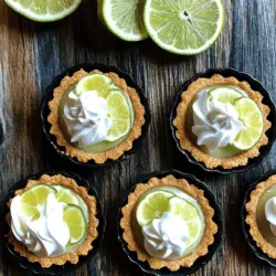 - 1 Tasse Graham-Cracker-Brösel - 1/4 Tasse ungesalzene Butter, geschmolzen - 1/4 Tasse kristalliner Zucker Die Kruste ist der Grundbaustein für unsere Mini-Key-Lime-Pies. Ich verwende Graham-Cracker-Brösel. Diese geben der Kruste einen tollen Geschmack. Manchmal verwende ich auch Kekse für eine andere Note. Die geschmolzene Butter macht die Brösel schön klebrig. Kristallzucker fügt die nötige Süße hinzu. Mische alles gut, bis die Brösel feucht sind. Dann drücke die Mischung fest in die Mini-Tartformen. - 1 Tasse Frischkäse, weich - 1/2 Tasse gesüßte gezielte Milch - 1/2 Tasse frischer Key-Limettensaft - 1 Teelöffel Limettenzesten Die Füllung ist der Star dieses Rezepts. Ich nehme weichen Frischkäse, um eine cremige Basis zu schaffen. Gesüßte gezielte Milch bringt die Süße und die richtige Textur. Der frische Key-Limettensaft sorgt für den tollen, spritzigen Geschmack. Limettenzesten fügen ein wenig Extra-Aroma hinzu. Mische alles gut, bis die Füllung glatt ist. - 1 Tasse Schlagsahne - 2 Esslöffel Puderzucker - Frische Limettenscheiben Die Garnierung macht die Mini-Pies besonders. Ich schlage die Sahne mit Puderzucker, bis sie weich ist. Dann gebe ich einen Klecks Sahne auf jede Mini-Pie. Das sieht nicht nur gut aus, sondern schmeckt auch toll. Frische Limettenscheiben machen die Pies noch schöner. Diese Zutaten bringen die Mini-Pies zum Strahlen. Für das komplette Rezept schaue dir die Full Recipe an! Zuerst musst du die Kruste machen. Nimm eine mittelgroße Schüssel. Vermenge die Graham-Cracker-Brösel, geschmolzene Butter und den kristallinen Zucker. Rühre alles gut um. Die Brösel sollten jetzt feucht sein. Danach fülle die Mischung gleichmäßig in die Mini-Tartformen. Drücke die Brösel fest an, damit die Kruste stabil wird. Lege die Formen dann für eine Weile in den Kühlschrank. So bleibt die Kruste schön fest, während du die Füllung machst. Jetzt kommen wir zur Füllung. Nimm eine Rührschüssel und lege den weichen Frischkäse hinein. Füge die gesüßte gezielte Milch hinzu. Schlage die Mischung mit dem Mixer cremig. Achte darauf, dass keine Klumpen bleiben. Jetzt ist es Zeit für die Aromen. Gib den frischen Key-Limettensaft und die Limettenzesten zur Frischkäsemischung. Rühre alles gut um, bis die Masse samtig und gleichmäßig aussieht. Jetzt schlagen wir die Sahne. Nimm eine separate Schüssel und gib die Schlagsahne hinein. Füge den Puderzucker hinzu und schlage die Sahne, bis sich weiche Spitzen bilden. Deine Sahne sollte leicht und luftig sein. Jetzt kommt der spannende Teil: Hebe die geschlagene Sahne vorsichtig unter die Key-Lime-Füllung. Sei sanft, damit die Luftigkeit der Sahne bleibt. Die Mischung sollte jetzt leicht und fluffig sein. Nimm die Krusten aus dem Kühlschrank. Fülle die Key-Lime-Füllung gleichmäßig in jede Kruste. Verwende einen Spatel, um die Oberflächen glatt zu streichen. Jetzt ist es wichtig, die Mini-Key-Lime-Pies wieder in den Kühlschrank zu stellen. Lass sie mindestens zwei Stunden kühl werden, damit sie fest werden. So hast du die perfekte Basis für einen erfrischenden Genuss. Tipps zur perfekten Kruste Um eine gute Kruste zu bekommen, ist das Mischen wichtig. Mische die Graham-Cracker-Brösel, die geschmolzene Butter und den Zucker gut. Achte darauf, dass die Brösel gleichmäßig feucht sind. Wenn die Kruste zu krümelig ist, wird sie nicht fest. Drücke die Mischung fest in die Formen. Das sorgt für Halt. So wird die Füllung fluffiger Die Füllung wird fluffiger, wenn du die Sahne richtig schlägst. Schlage die Sahne mit Puderzucker, bis sich weiche Spitzen bilden. Füge die geschlagene Sahne dann vorsichtig zur Füllung hinzu. Mische alles langsam, um die Luftigkeit zu erhalten. Vermeide es, die Füllung zu stark zu rühren. Ideale Kombinationsmöglichkeiten Diese Mini-Pies passen gut zu frischem Obst. Beeren wie Erdbeeren oder Himbeeren sind eine tolle Wahl. Auch ein leichtes Minzblatt kann frische bringen. Du kannst sie auch mit anderen Desserts kombinieren. Serviere sie mit einem Kaffee oder einem frischen Minztee. Präsentationstipps für besondere Anlässe Für eine schöne Präsentation lege die Mini-Pies auf einen großen Teller. Garniere sie mit frischen Limettenscheiben und einem Klecks Schlagsahne. Nutze bunte Teller oder Servietten, die die Farben der Limetten betonen. So wirken sie festlich und einladend. Empfohlene Werkzeuge für die Zubereitung Für die Zubereitung benötigst du einige nützliche Werkzeuge. Eine große Schüssel hilft beim Mischen. Ein Handmixer sorgt für die cremige Füllung. Verwende auch einen Spatel, um die Füllung gleichmäßig zu verteilen. Mini-Tartformen sind ideal, aber Muffinformen funktionieren auch gut. Alternativen zu speziellen Formen Wenn du keine Mini-Tartformen hast, nimm einfach eine Muffinform. Diese sind weit verbreitet und einfach zu finden. Du kannst sogar kleine Gläser verwenden. So kannst du die Pies direkt darin servieren. Das sieht schön aus und spart Zeit beim Abwasch. {{image_4}} Du kannst die Mini-Key-Lime-Pies leicht abwandeln. Probiere Erdbeer-Schlüssel-Limetten-Pies. Mische frische Erdbeeren mit der Füllung. Der süße Geschmack passt gut zur Säure der Limette. Eine weitere Option sind Mango-Key-Limetten-Pies. Püriere frische Mangos und füge sie zur Füllung hinzu. Diese Variationen bringen neue Aromen und Farben auf den Tisch. Wenn du spezielle Bedürfnisse hast, gibt es tolle Alternativen. Für eine glutenfreie Version verwende glutenfreie Keksbrösel. Sie funktionieren genauso gut wie die normalen. Wenn du vegane Optionen suchst, kannst du pflanzliche Sahne verwenden. So bleibt der Geschmack lecker und die Textur cremig. Diese Anpassungen machen das Rezept für jeden zugänglich. Um den Geschmack zu verfeinern, füge frische Kräuter wie Minze hinzu. Die Minze gibt einen erfrischenden Kick. Du kannst sie auch zur Dekoration verwenden. Außerdem kannst du Zitrusfrüchte wie Orangen oder Grapefruits in die Deko einbeziehen. Diese kleinen Extras machen deine Pies noch ansprechender. Probiere verschiedene Kombinationen aus und finde deine Lieblingsversion! Um die Mini-Pies frisch zu halten, lege sie in einen luftdichten Behälter. Stelle sicher, dass die Oberseite mit Frischhaltefolie bedeckt ist. Diese Methode schützt sie vor Gerüchen und Feuchtigkeit. Du kannst die Pies bis zu vier Tage im Kühlschrank aufbewahren. Wenn du die Pies länger lagern möchtest, friere sie ein. Achte darauf, sie gut in Folie einzuwickeln, um Gefrierbrand zu vermeiden. Du kannst die Mini-Pies leicht im Voraus zubereiten. Bereite die Krusten und Füllungen am Tag zuvor vor. Kühl die Pies über Nacht. Dies spart Zeit, besonders wenn du Gäste hast. Der Nachteil ist, dass sie weniger frisch schmecken können. Achte darauf, sie nicht zu lange im Kühlschrank zu lassen. Die empfohlenen Verzehrfristen für die Mini-Pies sind bis zu vier Tage im Kühlschrank. Anzeichen von Verderb sind ein unangenehmer Geruch oder eine veränderte Textur. Wenn die Füllung wässrig wird oder die Kruste weich aussieht, ist es besser, sie wegzuwerfen. Achte auf diese Zeichen, um sicherzustellen, dass du nur die besten Pies genießt. Die Mini Key Lime Pies sollten mindestens zwei Stunden im Kühlschrank gekühlt werden. So wird die Füllung fest und erhält die richtige Konsistenz. Ich empfehle, sie über Nacht zu kühlen, wenn du Zeit hast. Dann schmecken sie noch besser. Ja, du kannst die Füllung leicht anpassen. Hier sind einige Ideen: - Fruchtpüree: Füge pürierte Erdbeeren oder Mango hinzu. - Joghurt: Verwende griechischen Joghurt für einen cremigeren Geschmack. - Gewürze: Ein Hauch von Zimt oder Vanille kann neue Aromen bringen. Sei kreativ und probiere neue Kombinationen aus. Sie haben einige gesunde Zutaten, aber auch Zucker und Sahne. Eine Portion hat etwa 200 Kalorien. Du kannst gesunde Alternativen nutzen: - Honig: Ersetze Zucker durch Honig oder Agavendicksaft. - Vollkornkekse: Verwende Vollkorn-Graham-Cracker für mehr Ballaststoffe. - Pflanzliche Sahne: Nutze Kokos- oder Sojasahne für eine vegane Option. Mit diesen Tipps kannst du deinen Genuss gesünder gestalten. Für die genaue Rezeptur schau dir das [Full Recipe] an. Die No-Bake Mini Key Lime Pies sind einfach zuzubereiten und voller Geschmack. Wir haben die Hauptzutaten wie Graham-Cracker-Brösel und Frischkäse besprochen. Auch die Schritt-für-Schritt-Anleitungen helfen dir, alles richtig zu machen. Mit Tipps zur perfekten Kruste und kreativen Variationen findest du immer etwas Neues. Denk daran, die Pies gut zu lagern und auf die Haltbarkeit zu achten. Diese kleinen Leckerbissen sind perfekt für jeden Anlass und bringen frischen Wind auf deinen Tisch. Viel Spaß beim Ausprobieren und Genießen!