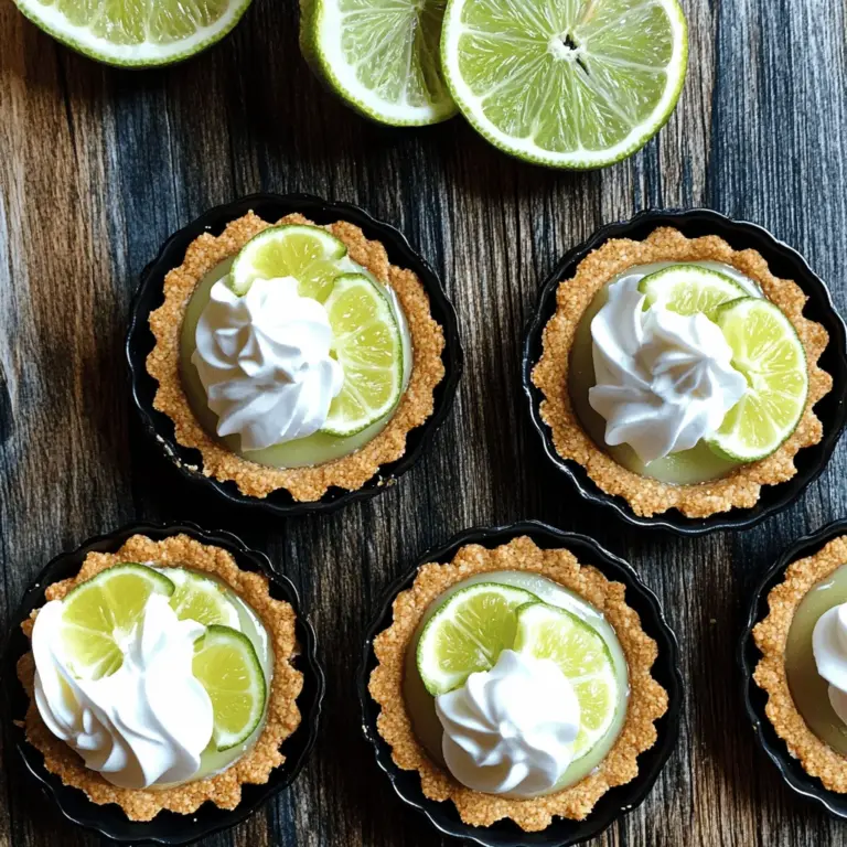 - 1 Tasse Graham-Cracker-Brösel - 1/4 Tasse ungesalzene Butter, geschmolzen - 1/4 Tasse kristalliner Zucker Die Kruste ist der Grundbaustein für unsere Mini-Key-Lime-Pies. Ich verwende Graham-Cracker-Brösel. Diese geben der Kruste einen tollen Geschmack. Manchmal verwende ich auch Kekse für eine andere Note. Die geschmolzene Butter macht die Brösel schön klebrig. Kristallzucker fügt die nötige Süße hinzu. Mische alles gut, bis die Brösel feucht sind. Dann drücke die Mischung fest in die Mini-Tartformen. - 1 Tasse Frischkäse, weich - 1/2 Tasse gesüßte gezielte Milch - 1/2 Tasse frischer Key-Limettensaft - 1 Teelöffel Limettenzesten Die Füllung ist der Star dieses Rezepts. Ich nehme weichen Frischkäse, um eine cremige Basis zu schaffen. Gesüßte gezielte Milch bringt die Süße und die richtige Textur. Der frische Key-Limettensaft sorgt für den tollen, spritzigen Geschmack. Limettenzesten fügen ein wenig Extra-Aroma hinzu. Mische alles gut, bis die Füllung glatt ist. - 1 Tasse Schlagsahne - 2 Esslöffel Puderzucker - Frische Limettenscheiben Die Garnierung macht die Mini-Pies besonders. Ich schlage die Sahne mit Puderzucker, bis sie weich ist. Dann gebe ich einen Klecks Sahne auf jede Mini-Pie. Das sieht nicht nur gut aus, sondern schmeckt auch toll. Frische Limettenscheiben machen die Pies noch schöner. Diese Zutaten bringen die Mini-Pies zum Strahlen. Für das komplette Rezept schaue dir die Full Recipe an! Zuerst musst du die Kruste machen. Nimm eine mittelgroße Schüssel. Vermenge die Graham-Cracker-Brösel, geschmolzene Butter und den kristallinen Zucker. Rühre alles gut um. Die Brösel sollten jetzt feucht sein. Danach fülle die Mischung gleichmäßig in die Mini-Tartformen. Drücke die Brösel fest an, damit die Kruste stabil wird. Lege die Formen dann für eine Weile in den Kühlschrank. So bleibt die Kruste schön fest, während du die Füllung machst. Jetzt kommen wir zur Füllung. Nimm eine Rührschüssel und lege den weichen Frischkäse hinein. Füge die gesüßte gezielte Milch hinzu. Schlage die Mischung mit dem Mixer cremig. Achte darauf, dass keine Klumpen bleiben. Jetzt ist es Zeit für die Aromen. Gib den frischen Key-Limettensaft und die Limettenzesten zur Frischkäsemischung. Rühre alles gut um, bis die Masse samtig und gleichmäßig aussieht. Jetzt schlagen wir die Sahne. Nimm eine separate Schüssel und gib die Schlagsahne hinein. Füge den Puderzucker hinzu und schlage die Sahne, bis sich weiche Spitzen bilden. Deine Sahne sollte leicht und luftig sein. Jetzt kommt der spannende Teil: Hebe die geschlagene Sahne vorsichtig unter die Key-Lime-Füllung. Sei sanft, damit die Luftigkeit der Sahne bleibt. Die Mischung sollte jetzt leicht und fluffig sein. Nimm die Krusten aus dem Kühlschrank. Fülle die Key-Lime-Füllung gleichmäßig in jede Kruste. Verwende einen Spatel, um die Oberflächen glatt zu streichen. Jetzt ist es wichtig, die Mini-Key-Lime-Pies wieder in den Kühlschrank zu stellen. Lass sie mindestens zwei Stunden kühl werden, damit sie fest werden. So hast du die perfekte Basis für einen erfrischenden Genuss. Tipps zur perfekten Kruste Um eine gute Kruste zu bekommen, ist das Mischen wichtig. Mische die Graham-Cracker-Brösel, die geschmolzene Butter und den Zucker gut. Achte darauf, dass die Brösel gleichmäßig feucht sind. Wenn die Kruste zu krümelig ist, wird sie nicht fest. Drücke die Mischung fest in die Formen. Das sorgt für Halt. So wird die Füllung fluffiger Die Füllung wird fluffiger, wenn du die Sahne richtig schlägst. Schlage die Sahne mit Puderzucker, bis sich weiche Spitzen bilden. Füge die geschlagene Sahne dann vorsichtig zur Füllung hinzu. Mische alles langsam, um die Luftigkeit zu erhalten. Vermeide es, die Füllung zu stark zu rühren. Ideale Kombinationsmöglichkeiten Diese Mini-Pies passen gut zu frischem Obst. Beeren wie Erdbeeren oder Himbeeren sind eine tolle Wahl. Auch ein leichtes Minzblatt kann frische bringen. Du kannst sie auch mit anderen Desserts kombinieren. Serviere sie mit einem Kaffee oder einem frischen Minztee. Präsentationstipps für besondere Anlässe Für eine schöne Präsentation lege die Mini-Pies auf einen großen Teller. Garniere sie mit frischen Limettenscheiben und einem Klecks Schlagsahne. Nutze bunte Teller oder Servietten, die die Farben der Limetten betonen. So wirken sie festlich und einladend. Empfohlene Werkzeuge für die Zubereitung Für die Zubereitung benötigst du einige nützliche Werkzeuge. Eine große Schüssel hilft beim Mischen. Ein Handmixer sorgt für die cremige Füllung. Verwende auch einen Spatel, um die Füllung gleichmäßig zu verteilen. Mini-Tartformen sind ideal, aber Muffinformen funktionieren auch gut. Alternativen zu speziellen Formen Wenn du keine Mini-Tartformen hast, nimm einfach eine Muffinform. Diese sind weit verbreitet und einfach zu finden. Du kannst sogar kleine Gläser verwenden. So kannst du die Pies direkt darin servieren. Das sieht schön aus und spart Zeit beim Abwasch. {{image_4}} Du kannst die Mini-Key-Lime-Pies leicht abwandeln. Probiere Erdbeer-Schlüssel-Limetten-Pies. Mische frische Erdbeeren mit der Füllung. Der süße Geschmack passt gut zur Säure der Limette. Eine weitere Option sind Mango-Key-Limetten-Pies. Püriere frische Mangos und füge sie zur Füllung hinzu. Diese Variationen bringen neue Aromen und Farben auf den Tisch. Wenn du spezielle Bedürfnisse hast, gibt es tolle Alternativen. Für eine glutenfreie Version verwende glutenfreie Keksbrösel. Sie funktionieren genauso gut wie die normalen. Wenn du vegane Optionen suchst, kannst du pflanzliche Sahne verwenden. So bleibt der Geschmack lecker und die Textur cremig. Diese Anpassungen machen das Rezept für jeden zugänglich. Um den Geschmack zu verfeinern, füge frische Kräuter wie Minze hinzu. Die Minze gibt einen erfrischenden Kick. Du kannst sie auch zur Dekoration verwenden. Außerdem kannst du Zitrusfrüchte wie Orangen oder Grapefruits in die Deko einbeziehen. Diese kleinen Extras machen deine Pies noch ansprechender. Probiere verschiedene Kombinationen aus und finde deine Lieblingsversion! Um die Mini-Pies frisch zu halten, lege sie in einen luftdichten Behälter. Stelle sicher, dass die Oberseite mit Frischhaltefolie bedeckt ist. Diese Methode schützt sie vor Gerüchen und Feuchtigkeit. Du kannst die Pies bis zu vier Tage im Kühlschrank aufbewahren. Wenn du die Pies länger lagern möchtest, friere sie ein. Achte darauf, sie gut in Folie einzuwickeln, um Gefrierbrand zu vermeiden. Du kannst die Mini-Pies leicht im Voraus zubereiten. Bereite die Krusten und Füllungen am Tag zuvor vor. Kühl die Pies über Nacht. Dies spart Zeit, besonders wenn du Gäste hast. Der Nachteil ist, dass sie weniger frisch schmecken können. Achte darauf, sie nicht zu lange im Kühlschrank zu lassen. Die empfohlenen Verzehrfristen für die Mini-Pies sind bis zu vier Tage im Kühlschrank. Anzeichen von Verderb sind ein unangenehmer Geruch oder eine veränderte Textur. Wenn die Füllung wässrig wird oder die Kruste weich aussieht, ist es besser, sie wegzuwerfen. Achte auf diese Zeichen, um sicherzustellen, dass du nur die besten Pies genießt. Die Mini Key Lime Pies sollten mindestens zwei Stunden im Kühlschrank gekühlt werden. So wird die Füllung fest und erhält die richtige Konsistenz. Ich empfehle, sie über Nacht zu kühlen, wenn du Zeit hast. Dann schmecken sie noch besser. Ja, du kannst die Füllung leicht anpassen. Hier sind einige Ideen: - Fruchtpüree: Füge pürierte Erdbeeren oder Mango hinzu. - Joghurt: Verwende griechischen Joghurt für einen cremigeren Geschmack. - Gewürze: Ein Hauch von Zimt oder Vanille kann neue Aromen bringen. Sei kreativ und probiere neue Kombinationen aus. Sie haben einige gesunde Zutaten, aber auch Zucker und Sahne. Eine Portion hat etwa 200 Kalorien. Du kannst gesunde Alternativen nutzen: - Honig: Ersetze Zucker durch Honig oder Agavendicksaft. - Vollkornkekse: Verwende Vollkorn-Graham-Cracker für mehr Ballaststoffe. - Pflanzliche Sahne: Nutze Kokos- oder Sojasahne für eine vegane Option. Mit diesen Tipps kannst du deinen Genuss gesünder gestalten. Für die genaue Rezeptur schau dir das [Full Recipe] an. Die No-Bake Mini Key Lime Pies sind einfach zuzubereiten und voller Geschmack. Wir haben die Hauptzutaten wie Graham-Cracker-Brösel und Frischkäse besprochen. Auch die Schritt-für-Schritt-Anleitungen helfen dir, alles richtig zu machen. Mit Tipps zur perfekten Kruste und kreativen Variationen findest du immer etwas Neues. Denk daran, die Pies gut zu lagern und auf die Haltbarkeit zu achten. Diese kleinen Leckerbissen sind perfekt für jeden Anlass und bringen frischen Wind auf deinen Tisch. Viel Spaß beim Ausprobieren und Genießen!