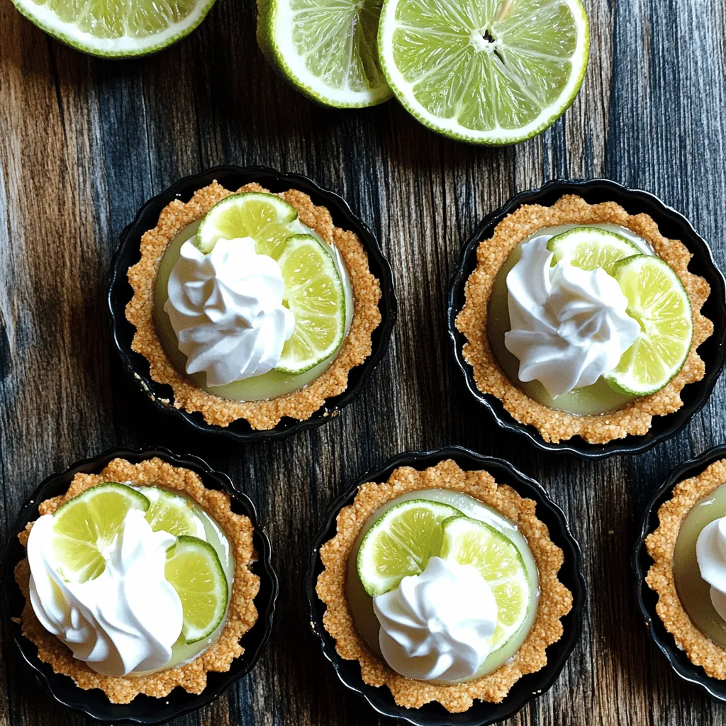 - 1 Tasse Graham-Cracker-Brösel - 1/4 Tasse ungesalzene Butter, geschmolzen - 1/4 Tasse kristalliner Zucker Die Kruste ist der Grundbaustein für unsere Mini-Key-Lime-Pies. Ich verwende Graham-Cracker-Brösel. Diese geben der Kruste einen tollen Geschmack. Manchmal verwende ich auch Kekse für eine andere Note. Die geschmolzene Butter macht die Brösel schön klebrig. Kristallzucker fügt die nötige Süße hinzu. Mische alles gut, bis die Brösel feucht sind. Dann drücke die Mischung fest in die Mini-Tartformen. - 1 Tasse Frischkäse, weich - 1/2 Tasse gesüßte gezielte Milch - 1/2 Tasse frischer Key-Limettensaft - 1 Teelöffel Limettenzesten Die Füllung ist der Star dieses Rezepts. Ich nehme weichen Frischkäse, um eine cremige Basis zu schaffen. Gesüßte gezielte Milch bringt die Süße und die richtige Textur. Der frische Key-Limettensaft sorgt für den tollen, spritzigen Geschmack. Limettenzesten fügen ein wenig Extra-Aroma hinzu. Mische alles gut, bis die Füllung glatt ist. - 1 Tasse Schlagsahne - 2 Esslöffel Puderzucker - Frische Limettenscheiben Die Garnierung macht die Mini-Pies besonders. Ich schlage die Sahne mit Puderzucker, bis sie weich ist. Dann gebe ich einen Klecks Sahne auf jede Mini-Pie. Das sieht nicht nur gut aus, sondern schmeckt auch toll. Frische Limettenscheiben machen die Pies noch schöner. Diese Zutaten bringen die Mini-Pies zum Strahlen. Für das komplette Rezept schaue dir die Full Recipe an! Zuerst musst du die Kruste machen. Nimm eine mittelgroße Schüssel. Vermenge die Graham-Cracker-Brösel, geschmolzene Butter und den kristallinen Zucker. Rühre alles gut um. Die Brösel sollten jetzt feucht sein. Danach fülle die Mischung gleichmäßig in die Mini-Tartformen. Drücke die Brösel fest an, damit die Kruste stabil wird. Lege die Formen dann für eine Weile in den Kühlschrank. So bleibt die Kruste schön fest, während du die Füllung machst. Jetzt kommen wir zur Füllung. Nimm eine Rührschüssel und lege den weichen Frischkäse hinein. Füge die gesüßte gezielte Milch hinzu. Schlage die Mischung mit dem Mixer cremig. Achte darauf, dass keine Klumpen bleiben. Jetzt ist es Zeit für die Aromen. Gib den frischen Key-Limettensaft und die Limettenzesten zur Frischkäsemischung. Rühre alles gut um, bis die Masse samtig und gleichmäßig aussieht. Jetzt schlagen wir die Sahne. Nimm eine separate Schüssel und gib die Schlagsahne hinein. Füge den Puderzucker hinzu und schlage die Sahne, bis sich weiche Spitzen bilden. Deine Sahne sollte leicht und luftig sein. Jetzt kommt der spannende Teil: Hebe die geschlagene Sahne vorsichtig unter die Key-Lime-Füllung. Sei sanft, damit die Luftigkeit der Sahne bleibt. Die Mischung sollte jetzt leicht und fluffig sein. Nimm die Krusten aus dem Kühlschrank. Fülle die Key-Lime-Füllung gleichmäßig in jede Kruste. Verwende einen Spatel, um die Oberflächen glatt zu streichen. Jetzt ist es wichtig, die Mini-Key-Lime-Pies wieder in den Kühlschrank zu stellen. Lass sie mindestens zwei Stunden kühl werden, damit sie fest werden. So hast du die perfekte Basis für einen erfrischenden Genuss. Tipps zur perfekten Kruste Um eine gute Kruste zu bekommen, ist das Mischen wichtig. Mische die Graham-Cracker-Brösel, die geschmolzene Butter und den Zucker gut. Achte darauf, dass die Brösel gleichmäßig feucht sind. Wenn die Kruste zu krümelig ist, wird sie nicht fest. Drücke die Mischung fest in die Formen. Das sorgt für Halt. So wird die Füllung fluffiger Die Füllung wird fluffiger, wenn du die Sahne richtig schlägst. Schlage die Sahne mit Puderzucker, bis sich weiche Spitzen bilden. Füge die geschlagene Sahne dann vorsichtig zur Füllung hinzu. Mische alles langsam, um die Luftigkeit zu erhalten. Vermeide es, die Füllung zu stark zu rühren. Ideale Kombinationsmöglichkeiten Diese Mini-Pies passen gut zu frischem Obst. Beeren wie Erdbeeren oder Himbeeren sind eine tolle Wahl. Auch ein leichtes Minzblatt kann frische bringen. Du kannst sie auch mit anderen Desserts kombinieren. Serviere sie mit einem Kaffee oder einem frischen Minztee. Präsentationstipps für besondere Anlässe Für eine schöne Präsentation lege die Mini-Pies auf einen großen Teller. Garniere sie mit frischen Limettenscheiben und einem Klecks Schlagsahne. Nutze bunte Teller oder Servietten, die die Farben der Limetten betonen. So wirken sie festlich und einladend. Empfohlene Werkzeuge für die Zubereitung Für die Zubereitung benötigst du einige nützliche Werkzeuge. Eine große Schüssel hilft beim Mischen. Ein Handmixer sorgt für die cremige Füllung. Verwende auch einen Spatel, um die Füllung gleichmäßig zu verteilen. Mini-Tartformen sind ideal, aber Muffinformen funktionieren auch gut. Alternativen zu speziellen Formen Wenn du keine Mini-Tartformen hast, nimm einfach eine Muffinform. Diese sind weit verbreitet und einfach zu finden. Du kannst sogar kleine Gläser verwenden. So kannst du die Pies direkt darin servieren. Das sieht schön aus und spart Zeit beim Abwasch. {{image_4}} Du kannst die Mini-Key-Lime-Pies leicht abwandeln. Probiere Erdbeer-Schlüssel-Limetten-Pies. Mische frische Erdbeeren mit der Füllung. Der süße Geschmack passt gut zur Säure der Limette. Eine weitere Option sind Mango-Key-Limetten-Pies. Püriere frische Mangos und füge sie zur Füllung hinzu. Diese Variationen bringen neue Aromen und Farben auf den Tisch. Wenn du spezielle Bedürfnisse hast, gibt es tolle Alternativen. Für eine glutenfreie Version verwende glutenfreie Keksbrösel. Sie funktionieren genauso gut wie die normalen. Wenn du vegane Optionen suchst, kannst du pflanzliche Sahne verwenden. So bleibt der Geschmack lecker und die Textur cremig. Diese Anpassungen machen das Rezept für jeden zugänglich. Um den Geschmack zu verfeinern, füge frische Kräuter wie Minze hinzu. Die Minze gibt einen erfrischenden Kick. Du kannst sie auch zur Dekoration verwenden. Außerdem kannst du Zitrusfrüchte wie Orangen oder Grapefruits in die Deko einbeziehen. Diese kleinen Extras machen deine Pies noch ansprechender. Probiere verschiedene Kombinationen aus und finde deine Lieblingsversion! Um die Mini-Pies frisch zu halten, lege sie in einen luftdichten Behälter. Stelle sicher, dass die Oberseite mit Frischhaltefolie bedeckt ist. Diese Methode schützt sie vor Gerüchen und Feuchtigkeit. Du kannst die Pies bis zu vier Tage im Kühlschrank aufbewahren. Wenn du die Pies länger lagern möchtest, friere sie ein. Achte darauf, sie gut in Folie einzuwickeln, um Gefrierbrand zu vermeiden. Du kannst die Mini-Pies leicht im Voraus zubereiten. Bereite die Krusten und Füllungen am Tag zuvor vor. Kühl die Pies über Nacht. Dies spart Zeit, besonders wenn du Gäste hast. Der Nachteil ist, dass sie weniger frisch schmecken können. Achte darauf, sie nicht zu lange im Kühlschrank zu lassen. Die empfohlenen Verzehrfristen für die Mini-Pies sind bis zu vier Tage im Kühlschrank. Anzeichen von Verderb sind ein unangenehmer Geruch oder eine veränderte Textur. Wenn die Füllung wässrig wird oder die Kruste weich aussieht, ist es besser, sie wegzuwerfen. Achte auf diese Zeichen, um sicherzustellen, dass du nur die besten Pies genießt. Die Mini Key Lime Pies sollten mindestens zwei Stunden im Kühlschrank gekühlt werden. So wird die Füllung fest und erhält die richtige Konsistenz. Ich empfehle, sie über Nacht zu kühlen, wenn du Zeit hast. Dann schmecken sie noch besser. Ja, du kannst die Füllung leicht anpassen. Hier sind einige Ideen: - Fruchtpüree: Füge pürierte Erdbeeren oder Mango hinzu. - Joghurt: Verwende griechischen Joghurt für einen cremigeren Geschmack. - Gewürze: Ein Hauch von Zimt oder Vanille kann neue Aromen bringen. Sei kreativ und probiere neue Kombinationen aus. Sie haben einige gesunde Zutaten, aber auch Zucker und Sahne. Eine Portion hat etwa 200 Kalorien. Du kannst gesunde Alternativen nutzen: - Honig: Ersetze Zucker durch Honig oder Agavendicksaft. - Vollkornkekse: Verwende Vollkorn-Graham-Cracker für mehr Ballaststoffe. - Pflanzliche Sahne: Nutze Kokos- oder Sojasahne für eine vegane Option. Mit diesen Tipps kannst du deinen Genuss gesünder gestalten. Für die genaue Rezeptur schau dir das [Full Recipe] an. Die No-Bake Mini Key Lime Pies sind einfach zuzubereiten und voller Geschmack. Wir haben die Hauptzutaten wie Graham-Cracker-Brösel und Frischkäse besprochen. Auch die Schritt-für-Schritt-Anleitungen helfen dir, alles richtig zu machen. Mit Tipps zur perfekten Kruste und kreativen Variationen findest du immer etwas Neues. Denk daran, die Pies gut zu lagern und auf die Haltbarkeit zu achten. Diese kleinen Leckerbissen sind perfekt für jeden Anlass und bringen frischen Wind auf deinen Tisch. Viel Spaß beim Ausprobieren und Genießen!