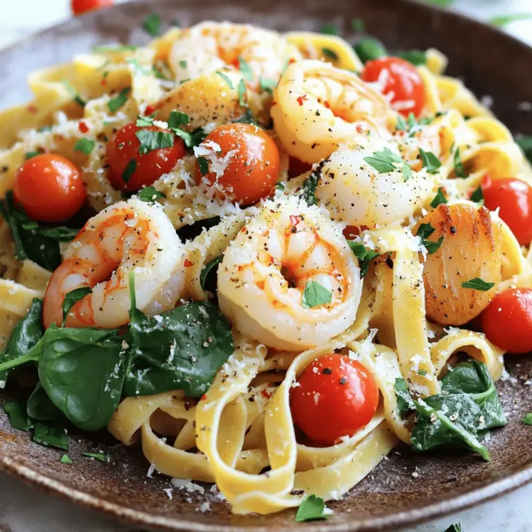 Um eine leckere Shrimp Scallop Pasta zu machen, brauchst du folgende Hauptzutaten: - 225 g Spaghetti oder Fettuccine - 450 g große Garnelen, geschält und entdarmt - 225 g Jakobsmuscheln, gereinigt - 3 Knoblauchzehen, fein gehackt - 250 g Kirschtomaten, halbiert - 100 g frische Spinatblätter Diese Zutaten bringen den Geschmack des Meeres auf deinen Teller. Die Kombination von Garnelen und Jakobsmuscheln sorgt für eine köstliche Textur. Die frischen Tomaten und der Spinat geben Farbe und Nährstoffe. Um das Gericht zu würzen, brauchst du: - 1 Zitrone, ausgepresst und abgerieben - 60 ml Olivenöl - 30 g Parmesan, gerieben - 1 Teelöffel rote Pfefferflocken (optional) - Salz und Pfeffer nach Geschmack - Frische Petersilie, gehackt, zum Garnieren Die Zitrone bringt Frische. Der Parmesan sorgt für eine cremige Note. Rote Pfefferflocken geben einen kleinen Kick, das ist aber optional. Frische Kräuter wie Petersilie machen das Gericht noch schöner. Du kannst das Rezept leicht abändern. Wenn du keine Jakobsmuscheln magst, nimm mehr Garnelen. Du kannst auch andere Pasta wie Penne verwenden. Für eine kräftigere Sauce, probiere Sahne oder Weißwein hinzuzufügen. Diese Tipps helfen dir, die Pasta nach deinem Geschmack zu gestalten. Für mehr Ideen, schau dir das [Full Recipe] an! Koche zunächst die Pasta in einem großen Topf mit gesalzenem Wasser. Bringe das Wasser zum Kochen. Füge die Spaghetti oder Fettuccine hinzu. Halte dich an die Kochzeit auf der Verpackung. Du willst die Pasta al dente, also nicht zu weich. Bevor du die Pasta abgießt, hebe etwas Nudelwasser auf. Das Wasser hilft später bei der Soße. Erhitze in einer großen Pfanne Olivenöl bei mittlerer Hitze. Füge den gehackten Knoblauch hinzu und brate ihn für eine Minute. Er wird dann duften. Jetzt kommen die Garnelen und Jakobsmuscheln in die Pfanne. Brate sie für etwa 2-3 Minuten auf jeder Seite. Sie sollten undurchsichtig und gar sein. Sobald die Meeresfrüchte fertig sind, füge die Kirschtomaten und den frischen Spinat hinzu. Koche alles weitere 2-3 Minuten. Du willst, dass der Spinat zusammenfällt und die Tomaten weich werden. Diese frischen Zutaten bringen Farbe und Geschmack in das Gericht. Gib die gekochte Pasta in die Pfanne. Füge das aufbewahrte Nudelwasser, Zitronensaft und Zitronenschale hinzu. Rühre alles bei niedriger Hitze um. So vermischen sich die Aromen gut. Würze nach Geschmack mit Salz und Pfeffer. Nimm die Pfanne vom Herd und rühre den geriebenen Parmesan ein. Dieser macht die Pasta cremig und lecker. Serviere die Pasta auf Tellern und garniere sie mit frischer Petersilie. Für das vollständige Rezept, besuche die Seite [Full Recipe]. Garnelen und Jakobsmuscheln brauchen nicht viel Zeit zum Garen. Garnelen sind in etwa 2-3 Minuten pro Seite fertig. Sie sollten rosa und undurchsichtig sein. Jakobsmuscheln benötigen auch 2-3 Minuten pro Seite. Achte darauf, sie nicht zu lange zu braten, sonst werden sie zäh. Um den Geschmack deiner Pasta zu verbessern, nutze frische Zutaten. Frische Kräuter wie Petersilie oder Basilikum bringen viel Aroma. Zitronensaft und -schale geben Frische und helfen, die Aromen zu heben. Rote Pfefferflocken fügen eine leichte Schärfe hinzu. Du kannst auch etwas Weißwein beim Braten der Meeresfrüchte hinzufügen. Ein großer Topf für die Pasta ist wichtig. Eine große Pfanne hilft beim Braten der Meeresfrüchte. Ein Sieb ist nützlich, um die Pasta abzugießen. Du brauchst auch einen Holzlöffel zum Mischen der Zutaten. Ein Zester oder eine Reibe ist ideal, um die Zitronenschale abzureiben. Diese Geräte machen das Kochen einfacher und schneller. Für das vollständige Rezept schau dir die Full Recipe an. {{image_4}} Wenn Sie eine vegetarische Option möchten, tauschen Sie die Meeresfrüchte gegen Gemüse aus. Zucchini, Paprika und Brokkoli passen gut. Sie fügen Farbe und Textur hinzu. Achten Sie darauf, das Gemüse leicht anzubraten, bis es weich ist. So bleibt das Gericht frisch und lecker. Sie können die Sauce anpassen, um den Geschmack zu variieren. Fügen Sie etwas Weißwein hinzu, um Tiefe zu schaffen. Ein Spritzer Sahne macht die Sauce cremiger. Für einen scharfen Kick können Sie frische Chili oder mehr rote Pfefferflocken verwenden. Experimentieren Sie mit verschiedenen Kräutern wie Basilikum oder Oregano. Servieren Sie diese Pasta mit einer frischen Beilage. Ein einfacher grüner Salat mit einem leichten Dressing passt gut. Auch Knoblauchbrot ist eine tolle Ergänzung. Es hilft, die köstliche Sauce aufzusaugen. Für etwas mehr Fülle können Sie auch einen Risotto oder Quinoa als Beilage wählen. Wenn du nach dem Essen noch Pasta übrig hast, lagere sie gut. Lass die Pasta zuerst abkühlen. Fülle sie dann in einen luftdichten Behälter. Stelle sicher, dass der Behälter fest verschlossen ist. So bleibt die Pasta frisch. Du kannst die Pasta bis zu drei Tage im Kühlschrank aufbewahren. Möchtest du die Pasta länger aufbewahren? Dann friere sie ein. Teile die Pasta in kleine Portionen auf. Verwende Gefrierbeutel oder luftdichte Behälter. Achte darauf, so viel Luft wie möglich zu entfernen. So bleibt die Qualität erhalten. Die eingefrorene Pasta hält bis zu drei Monate. Wenn du sie essen möchtest, lasse sie im Kühlschrank auftauen. Um die Pasta wieder aufzuwärmen, gibt es einige Tipps. Du kannst sie in der Mikrowelle oder auf dem Herd erwärmen. Wenn du die Mikrowelle benutzt, gib etwas Wasser hinzu. Das hilft, die Pasta feucht zu halten. Auf dem Herd kannst du die Pasta in einer Pfanne bei mittlerer Hitze erwärmen. Rühre sie oft um, damit sie gleichmäßig warm wird. Bei Bedarf füge etwas Olivenöl oder Brühe hinzu. So bleibt der Geschmack frisch. Um Shrimp Scallop Pasta leicht zu machen, folge dem Rezept. Koche die Pasta in gesalzenem Wasser. Während die Pasta kocht, brate die Garnelen und Jakobsmuscheln in Olivenöl. Füge Knoblauch, Kirschtomaten und Spinat hinzu. Mische alles mit der gekochten Pasta. So einfach ist es! Ja, du kannst die Meeresfrüchte im Voraus vorbereiten. Reinige die Garnelen und Jakobsmuscheln und lagere sie im Kühlschrank. Du kannst sie auch einfrieren, wenn du sie länger aufbewahren möchtest. Achte darauf, sie vor dem Kochen gut abzutauen. Die besten Beilagen zu Shrimp Scallop Pasta sind ein frischer Salat oder Knoblauchbrot. Ein einfacher grüner Salat ergänzt das Gericht gut. Knoblauchbrot bringt zusätzlichen Geschmack und Textur. Du kannst auch gedünstetes Gemüse wie Brokkoli oder Zucchini servieren. Du kannst die Rezeptmenge leicht anpassen. Verdopple oder halbiere einfach die Zutaten. Bei der Anpassung der Pasta achte darauf, die Kochzeit entsprechend zu ändern. Bei mehr Portionen kannst du auch mehr Gemüse hinzufügen, um das Gericht zu füllen. Für das komplette Rezept schaue dir das vollständige Rezept an. Das Gericht Shrimp Scallop Pasta ist einfach zuzubereiten und voller Geschmack. Wir haben die Hauptzutaten, Gewürze und Variationen erkundet. In meiner Schritt-für-Schritt-Anleitung habe ich gezeigt, wie du die Pasta perfekt kochst und die Meeresfrüchte zubereitest. Nutze die Tipps, um den Geschmack zu verbessern und die perfekte Garzeit einzuhalten. Denk daran, dass es auch leckere vegetarische Alternativen gibt und du die Reste richtig lagern kannst. Mit diesen Tipps und Informationen kannst du nun ein köstliches Gericht zaubern, das allen schmeckt. Viel Spaß beim Kochen!