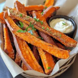 - 2 große Süßkartoffeln - 2 Esslöffel Olivenöl - Gewürze: - 1 Teelöffel Maisstärke - 1 Teelöffel Knoblauchpulver - 1 Teelöffel Paprika - 1/2 Teelöffel schwarzer Pfeffer - 1/2 Teelöffel Salz Die Hauptzutaten sind einfach und leicht zu finden. Süßkartoffeln sind der Star des Gerichts. Sie sind süß und gesund. Olivenöl sorgt für eine goldene Farbe und einen tollen Geschmack. Gewürze bringen das Gericht zum Leben. Maisstärke macht die Pommes besonders knusprig. Knoblauchpulver und Paprika geben einen feinen Aroma-Kick. Pfeffer und Salz runden alles ab. - Frische Kräuter: Petersilie, Koriander - Dipsaucen: würzige Mayonnaise oder Knoblauch-Aioli Frische Kräuter sind eine tolle Ergänzung. Sie bringen Farbe und Geschmack. Petersilie gibt Frische, während Koriander einen besonderen Touch hat. Dipsaucen sind ebenfalls wichtig. Sie machen die Pommes noch leckerer. Probiere verschiedene Dips aus, um dein Erlebnis zu erweitern. Die Kombination aus Süßkartoffeln und Dips wird jeden beeindrucken. Du kannst die Grundrezeptur leicht anpassen, um neue Geschmäcker zu entdecken. Zuerst schälen Sie die Süßkartoffeln. Verwenden Sie einen einfachen Schäler. Dann schneiden Sie die Süßkartoffeln in dünne Stäbchen. Dünne Stäbchen sorgen für mehr Knusprigkeit. Legen Sie die Stäbchen für etwa 30 Minuten in kaltes Wasser. Dies hilft, die Stärke zu entfernen. Weniger Stärke bedeutet knusprigere Pommes. In einer großen Schüssel vermengen Sie die Süßkartoffelstäbchen mit Olivenöl. Fügen Sie Maisstärke, Knoblauchpulver, Paprika, Pfeffer und Salz hinzu. Mischen Sie alles gut durch. Achten Sie darauf, dass jedes Stück gleichmäßig beschichtet ist. Dies sorgt für einen gleichmäßigen Geschmack. Heizen Sie den Ofen auf 220°C vor. Legen Sie ein Backblech mit Backpapier aus. Verteilen Sie die Pommes in einer einzigen Schicht. Überfüllung führt zu weniger Knusprigkeit. Backen Sie die Pommes für 25 bis 30 Minuten. Wenden Sie sie nach der Hälfte der Zeit. Behalten Sie die Pommes im Auge, um sicherzustellen, dass sie nicht verbrennen. Wenn sie goldbraun sind, nehmen Sie sie heraus. Lassen Sie die Pommes kurz abkühlen, bevor Sie sie servieren. Für die vollständige Anleitung und alle Details schauen Sie sich das Full Recipe an. Um die Süßkartoffel-Pommes knusprig zu machen, gibt es ein paar wichtige Schritte. Zuerst solltest du die Süßkartoffeln in kaltem Wasser einweichen. Dies hilft, die Stärke zu entfernen. Weniger Stärke bedeutet mehr Knusprigkeit. Ich empfehle, die Süßkartoffeln mindestens 30 Minuten im Wasser zu lassen. Nach dem Einweichen ist es wichtig, die Pommes gut zu trocknen. Nimm ein Küchentuch und tupfe sie ab. Feuchtigkeit kann die Knusprigkeit beeinträchtigen. Wenn du die Pommes trocken machst, wird das Ergebnis viel besser. Die Gewürze machen den Unterschied. Du kannst verschiedene Kombinationen ausprobieren. Zum Beispiel, füge etwas Cayennepfeffer für Schärfe hinzu. Wenn du es lieber mild magst, bleibt bei Knoblauchpulver und Paprika. Die Menge der Gewürze kannst du nach deinem Geschmack anpassen. Beginne mit den angegebenen Mengen und ändere sie nach Bedarf. Manchmal mag ich es, mehr Paprika für den Raucharoma zu verwenden. Experimentiere und finde deine perfekte Mischung. Die Präsentation ist wichtig, um die Pommes appetitlich aussehen zu lassen. Serviere sie in einem rustikalen Korb oder auf einem weißen Teller. Das macht das Gericht ansprechender. Zusätzlich empfehle ich, Dipsaucen dazu zu reichen. Eine würzige Mayonnaise oder ein selbstgemachter Knoblauch-Aioli passt perfekt zu den Pommes. So hast du nicht nur einen tollen Geschmack, sondern auch eine schöne Optik. {{image_4}} Möchtest du deine Süßkartoffel-Pommes schärfer machen? Füge einfach Cayennepfeffer hinzu. Ein kleiner Löffel reicht oft aus. Du kannst auch eine Mischung aus verschiedenen scharfen Gewürzen verwenden. Paprika, Kreuzkümmel und Chili sorgen für einen tollen Kick. Diese Variationen machen die Pommes aufregend und lecker. Wenn du Käse magst, probiere überbackene Süßkartoffel-Pommes. Streue deinen Lieblingskäse über die Pommes vor dem Backen. Cheddar oder Parmesan sind perfekt. Du kannst auch andere Gemüse wie Paprika oder Zucchini hinzufügen. Das gibt extra Geschmack und Farbe. Für eine vegane Version ersetze das Olivenöl mit einer pflanzlichen Alternative. Du kannst auch Gewürze wie Hefeflocken verwenden, um den Käsegeschmack zu imitieren. Wenn du Allergien hast, achte darauf, glutenfreie Zutaten zu verwenden. Diese Anpassungen machen das Gericht für alle zugänglich. Für das vollständige Rezept siehe [Full Recipe]. Um deine krossen Süßkartoffelpommes frisch zu halten, kühle sie richtig. Lass die Pommes zuerst vollständig abkühlen. Danach lege sie in einen luftdichten Behälter. So bleiben sie knusprig und frisch. Du kannst sie auch einfrieren. Lege sie dafür in einen gefrierfesten Beutel. Vergiss nicht, die Luft herauszudrücken, bevor du ihn verschließt. Behälterempfehlungen: - Luftdichter Behälter - Gefrierbeutel für das Einfrieren - Papiertücher, um Feuchtigkeit zu absorbieren Wenn du die Pommes erneut genießen willst, mache sie wieder knusprig. Der Ofen ist dafür der beste Weg. Heize ihn auf 200°C vor. Lege die Pommes auf ein Backblech und backe sie für etwa 10 Minuten. So werden sie kross und lecker. Mikrowelle ist eine schnelle Option, aber sie macht die Pommes weich. Wenn du keine Zeit hast, ist die Mikrowelle in Ordnung. Für den besten Geschmack empfehle ich jedoch den Ofen. Die Zubereitung von Süßkartoffel-Pommes dauert etwa 1 Stunde. Du benötigst 10 Minuten für die Vorbereitung und 25-30 Minuten zum Backen. Es ist wichtig, die Süßkartoffeln zuerst in kaltem Wasser einzuweichen. So entfernen wir überschüssige Stärke. Diese Technik hilft, die Pommes knusprig zu machen. Häufige Fehler sind zu viel Feuchtigkeit und Überfüllung des Backblechs. Achte darauf, die Süßkartoffeln gut abzutrocknen, bevor du sie würzt. Wenn die Stäbchen zu dicht liegen, können sie dampfen und weich werden. Eine gleichmäßige Schicht auf dem Backblech ist der Schlüssel zur Knusprigkeit. Ja, du kannst die Süßkartoffeln auch frittieren. Frittierte Süßkartoffel-Pommes sind oft knuspriger, haben aber mehr Fett. Beim Backen verwenden wir weniger Öl. Die Textur ist anders, aber beide Methoden sind lecker. Überlege, welche Zubereitung besser zu deinem Gericht passt. Süßkartoffel-Pommes passen gut zu vielen Dips und Beilagen. Probiere sie mit einer würzigen Mayonnaise oder einem Knoblauch-Aioli. Auch Guacamole oder Salsa sind tolle Begleiter. Serviere die Pommes zu Burgern oder als Beilage zu einem Salat für mehr Abwechslung. Ja, du kannst weniger Öl verwenden, um die Pommes gesünder zu machen. Eine andere Methode ist, sie im Airfryer zuzubereiten. So sparst du Öl und erhältst trotzdem eine knusprige Textur. Experimentiere mit Gewürzen, um den Geschmack zu variieren, ohne zusätzliche Kalorien hinzuzufügen. Für das gesamte Rezept schau dir die [Full Recipe] an. Süßkartoffel-Pommes sind einfach und lecker. Wir haben die Hauptzutaten besprochen und die Schritte zum perfekten Ergebnis erklärt. Tipps für Knusprigkeit und köstliche Varianten machen dein Gericht noch besser. Die richtige Lagerung und Aufwärmmethoden helfen dir, Reste gut zu nutzen. Mit diesen Tricks bereitest du immer schmackhafte Pommes zu. Probiere verschiedene Gewürze und Dips aus. So wird jedes Mal etwas Neues. Viel Spaß beim Kochen und Experimentieren!