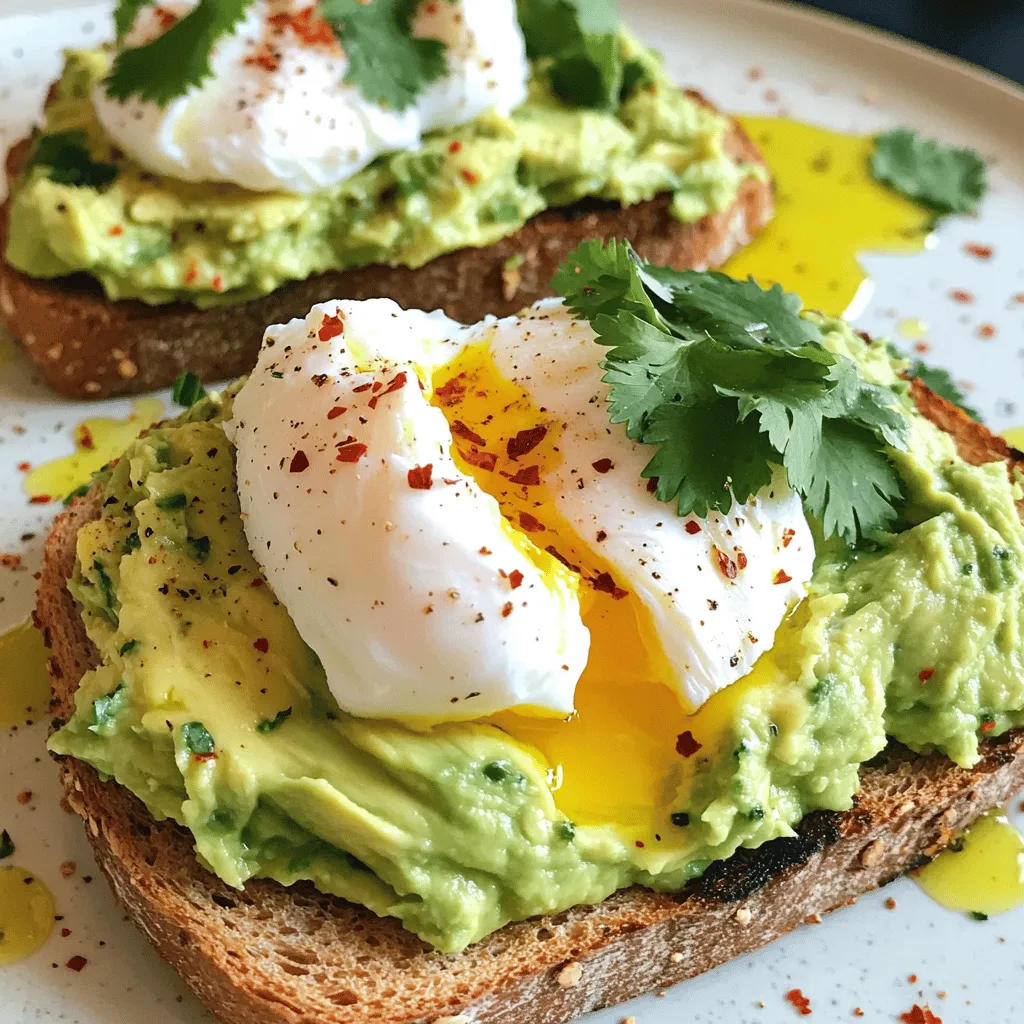 - 2 Scheiben Vollkornbrot - 1 reife Avocado - 2 große Eier Um ein leckeres Avocado Toast zu machen, brauchen wir diese Hauptzutaten. Vollkornbrot gibt dem Toast einen nussigen Geschmack und sorgt für Ballaststoffe. Die reife Avocado bringt Cremigkeit und gesunde Fette. Die großen Eier sind perfekt für das Pochieren, da sie schön rund und dick sind. - 1 Esslöffel Zitronensaft - 1 kleine Knoblauchzehe, fein gehackt - 1 Teelöffel Chiliflocken, Salz und Pfeffer Die Gewürze und Extras sind wichtig für den Geschmack. Der Zitronensaft bringt Frische und hilft, die Avocado grün zu halten. Knoblauch gibt einen tollen Kick. Chiliflocken bringen etwas Schärfe, während Salz und Pfeffer die Aromen verstärken. - Frische Korianderblätter - Extravirgin Olivenöl Für die Garnitur verwenden wir frische Korianderblätter. Sie bringen Farbe und Aromatik. Extravirgin Olivenöl sorgt für zusätzlichen Geschmack und macht das Gericht noch leckerer. Du kannst alle Zutaten im Detail in der [Full Recipe] finden. Beginne damit, die Scheiben Vollkornbrot zu toasten. Du willst sie goldbraun und knusprig haben. Dies dauert etwa 3 bis 5 Minuten. Wenn du einen Toaster verwendest, stelle ihn auf mittlere Stufe ein. Ein Sandwich-Maker funktioniert auch gut. Nimm eine reife Avocado und schneide sie auf. Löffle das Fruchtfleisch in eine Schüssel. Füge die gehackte Knoblauchzehe, Zitronensaft, Salz und Pfeffer hinzu. Zerdrücke alles mit einer Gabel. Du kannst die Mousse ganz glatt oder stückig machen, je nach deinem Geschmack. Die Konsistenz sollte cremig sein. In einem kleinen Topf bringe Wasser zum leichten Köcheln. Verwende nicht zu viel Wasser, es sollte nur leicht sprudeln. Schlage jedes Ei vorsichtig in eine kleine Tasse. Lass das Ei dann behutsam ins Wasser gleiten. Pochiere die Eier für 3 bis 4 Minuten. Wenn du ein festeres Eigelb magst, lasse sie länger im Wasser. Hebe die Eier nach dem Pochieren mit einem Schaumlöffel heraus und lasse sie kurz auf einem Küchenpapier abtropfen. Das ist die Schritt-für-Schritt-Anleitung für dein Avocado Toast mit pochiertem Ei. Du kannst das gesamte Rezept für mehr Details ansehen. Um perfekte pochierte Eier zu machen, ist die Temperatur wichtig. Das Wasser sollte leicht köcheln. Dies bedeutet, dass kleine Blasen am Boden steigen. Pochieren Sie die Eier 3 bis 4 Minuten. So bleibt das Eigelb weich. Ein Trick für bessere Ergebnisse ist die Verwendung von Essig. Fügen Sie einen Esslöffel Essig ins Wasser hinzu. Der Essig hilft, das Eiweiß zusammenzuhalten. Das Resultat sind schön geformte Eier. Die Wahl der Avocado ist entscheidend. Reife Avocados sind weich, aber nicht matschig. Drücken Sie sanft auf die Frucht. Wenn sie leicht nachgibt, ist sie perfekt. Lagern Sie Avocados bei Raumtemperatur. Wenn sie reif sind, bewahren Sie sie im Kühlschrank auf. So bleiben sie länger frisch. Die Präsentation macht viel aus. Verteilen Sie die Avocado-Masse gleichmäßig auf dem Toast. Platzieren Sie das pochierte Ei in der Mitte. Für mehr Geschmack passen Sie die Gewürze an. Fügen Sie mehr Chiliflocken für Schärfe hinzu. Ein Spritzer Zitronensaft bringt Frische. Experimentieren Sie, um Ihren perfekten Avocado Toast zu finden. {{image_4}} Eine tolle Möglichkeit, Avocado Toast zu variieren, ist, zusätzliche Gemüsesorten hinzuzufügen. Du kannst zum Beispiel frische Tomaten, Spinat oder Radieschen verwenden. Diese bringen Farbe und Nährstoffe. Feta oder Hummus als Aufstrich sind ebenfalls großartige Optionen. Feta gibt einen salzigen Geschmack, während Hummus cremig und lecker ist. Wenn du mehr Protein brauchst, füge Lachs oder Hühnchen hinzu. Diese Zutaten machen dein Gericht sättigender. Für vegane Optionen kannst du Kichererbsen oder Tofu verwenden. Diese Optionen sind nahrhaft und geben deinem Toast einen besonderen Twist. Du kannst mit verschiedenen Kräutern und Gewürzen experimentieren. Frischer Basilikum oder Schnittlauch passen gut zur Avocado. Auch Paprika oder Kreuzkümmel können neue Aromen hinzufügen. Probiere auch verschiedene Brottypen aus. Roggenbrot oder Sauerteigbrot bringen einen anderen Geschmack und eine interessante Textur. Mit diesen Variationen wird dein Avocado Toast mit pochiertem Ei immer spannend bleiben. Für das vollständige Rezept klicke hier: [Full Recipe]. Wenn Sie Avocado-Mousse übrig haben, lagern Sie sie in einem luftdichten Behälter. Decken Sie die Oberfläche mit Frischhaltefolie ab. Dies hilft, die Oxidation zu stoppen. Lagern Sie die Mousse im Kühlschrank. So bleibt sie frisch und grün. Für das Brot ist es am besten, es in einem Brotkasten aufzubewahren. Halten Sie das Brot von direkter Sonne fern. Dies bewahrt die Frische. Eier sollten im Karton im Kühlschrank bleiben. So bleiben sie länger frisch. Avocados sind reif, wenn sie leicht drücken. Lagern Sie reife Avocados im Kühlschrank, um die Haltbarkeit zu verlängern. Sie halten dort etwa 3-5 Tage. Unreife Avocados können bei Raumtemperatur gelagert werden. Nach einigen Tagen sind sie zum Essen bereit. Eier bleiben im Kühlschrank etwa 3-5 Wochen frisch. Achten Sie darauf, das Haltbarkeitsdatum zu überprüfen. Lagern Sie sie im Karton, um Gerüche zu vermeiden. So bleibt der Geschmack gut. Vorbereitungsstrategien helfen Ihnen, Zeit zu sparen. Sie können das Brot am Abend vorher toasten und im Kühlschrank aufbewahren. Die Avocado-Mousse lässt sich auch einen Tag im Voraus machen. Denken Sie daran, sie gut abzudecken. Beim Zeitmanagement für Mahlzeiten planen Sie Ihre Kochzeit. Die Zubereitung dauert etwa 20 Minuten. Wenn Sie alles vorbereitet haben, können Sie schnell essen. So genießen Sie Ihr Avocado Toast mit pochiertem Ei ohne Stress. Die optimale Pochierzeit für Eier liegt bei 3 bis 4 Minuten. In dieser Zeit bleibt das Eigelb schön weich. Um das perfekte pochierte Ei zu erreichen, bringe zunächst einen kleinen Topf Wasser zum leichten Köcheln. Schlage jedes Ei vorsichtig in eine Tasse und lasse es dann sanft ins Wasser gleiten. Du kannst die Zeit anpassen, je nach Vorliebe. Für ein festeres Eigelb pochierst du es einfach ein wenig länger. Ja, du kannst Avocado Toast für später aufbewahren. Es ist am besten, die einzelnen Teile getrennt zu lagern. Lagere das Brot in einem luftdichten Behälter. Die Avocado-Mousse sollte in einem anderen Behälter aufbewahrt werden. Du kannst etwas Zitronensaft darauf geben, um die Farbe zu erhalten. In den Kühlschrank stellen, dann bleibt alles frisch. Es ist besser, den Toast erst kurz vor dem Essen zusammenzusetzen. Um Avocado Toast würziger zu machen, gibt es viele tolle Ideen. Du kannst verschiedene Gewürze ausprobieren. Chiliflocken sind eine gute Wahl. Auch etwas Pfeffer und Salz können helfen. Frischer Koriander oder ein Spritzer Limettensaft gibt zusätzlichen Geschmack. Du kannst auch Sriracha oder scharfe Soße hinzufügen. Experimentiere mit verschiedenen Kombinationen, um deinen perfekten Toast zu finden. Das Rezept für Avocado Toast mit pochiertem Ei findest du in der [Full Recipe]. Avocado Toast ist einfach und lecker. Wir haben die Hauptzutaten, wie Vollkornbrot und reife Avocado, besprochen. Du kannst die Mousse leicht zubereiten und perfekt pochierte Eier hinzufügen. Mit frischen Gewürzen und Kräutern machst du das Gericht noch besser. Probiere verschiedene Variationen aus und lagere Reste richtig. Halte deine Zutaten frisch für den besten Geschmack. Experimentiere und finde deinen eigenen Stil. Avocado Toast wird nie langweilig!