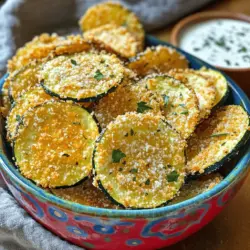 - 2 mittelgroße Zucchini - 1 Tasse Semmelbrösel (Pankomehl für extra Knusprigkeit) - 1/2 Tasse geriebener Parmesan Die Zucchini sind die Hauptzutat. Sie sind leicht und gesund. Sie bringen viel Geschmack. Die Semmelbrösel sorgen für die Knusprigkeit. Pankomehl ist eine gute Wahl, wenn Sie es noch knuspriger mögen. Parmesan gibt den Chips einen tollen, herzhaften Geschmack. - 1 Teelöffel Knoblauchpulver - 1 Teelöffel Zwiebelpulver - 1 Teelöffel getrockneter Oregano - 1/2 Teelöffel Salz - 1/4 Teelöffel schwarzer Pfeffer Die Gewürze machen die Chips besonders lecker. Knoblauch- und Zwiebelpulver bringen Tiefe. Oregano fügt eine schöne Kräuternote hinzu. Salz und Pfeffer runden den Geschmack ab. Sie können die Gewürze nach Ihrem Geschmack anpassen. - 2 große Eier - Olivenöl-Sprühnebel Eier helfen, die Zucchini zu panieren. Sie sorgen dafür, dass die Semmelbrösel gut haften. Der Olivenöl-Sprühnebel sorgt dafür, dass die Chips goldbraun werden. Er macht sie auch gesünder als Frittieren. Für das vollständige Rezept empfehle ich, die Anleitung „Knusprige Ofen-Zucchini-Chips“ zu lesen. Heize deinen Ofen auf 225°F (110°C) vor. Lege ein Backblech mit Backpapier aus. So bleibt das Blech sauber und die Chips kleben nicht fest. Wasche die Zucchini gründlich. Schneide sie in dünne Scheiben, etwa 1/8 Zoll dick. Je gleichmäßiger die Scheiben, desto knuspriger werden die Chips. Nimm eine Schüssel und vermenge die Semmelbrösel mit dem geriebenen Parmesan, Knoblauchpulver, Zwiebelpulver, Oregano, Salz und Pfeffer. In einer anderen Schüssel verquirle die Eier, bis sie schaumig sind. Tauche jede Zucchini-Scheibe zuerst in die Eier. Lass das überschüssige Ei abtropfen. Wälze die Scheibe dann in der Semmelbröselmischung. Lege die panierten Scheiben in einer einzigen Schicht auf das Backblech. Sprühe die Oberseite der Zucchini-Chips leicht mit Olivenöl ein. Backe die Chips etwa 2 Stunden. Nach 1 Stunde solltest du die Chips wenden, damit sie gleichmäßig garen. Achte auf eine goldbraune Farbe. Um die besten Zucchini-Chips zu machen, achte auf die Dicke der Scheiben. Du solltest die Zucchini in gleichmäßige Scheiben schneiden. Ich empfehle eine Dicke von etwa 1/8 Zoll. Wenn die Scheiben gleichmäßig sind, werden die Chips gleichmäßig knusprig. Ungleichmäßige Scheiben können dazu führen, dass einige Chips weich und andere zu hart sind. Die Gewürze kannst du nach deinem Geschmack ändern. Wenn du es scharf magst, füge etwas Chili-Pulver hinzu. Für einen mediterranen Geschmack, probiere getrockneten Thymian oder Basilikum. Wenn du Käse magst, kannst du mehr Parmesan verwenden oder verschiedene Käsesorten ausprobieren. Sei kreativ und finde deine perfekte Mischung! Die Präsentation macht einen großen Unterschied. Serviere die Zucchini-Chips in einer bunten Schüssel. Du kannst auch einen Dip dazu legen, wie hausgemachten Ranch oder Tzatziki. Ein paar frische Kräuter oben drauf machen das Gericht noch ansprechender. So sieht nicht nur gut aus, sondern schmeckt auch besser! {{image_4}} Die Zubereitung von Ofen-Baked Zucchini Chips bietet viele Möglichkeiten zur Anpassung. Hier sind einige meiner Lieblingsvariationen. Fügen Sie einen Hauch von Sojasauce und geröstetem Sesam hinzu. Diese Zutaten geben den Chips einen tollen Umami-Geschmack. Mischen Sie die Sojasauce mit den Eiern, um den Zucchini einen besonderen Kick zu verleihen. Bestreuen Sie die Chips vor dem Backen mit Sesam. Diese Kombination macht die Chips spannend und lecker. Käse bringt einen tollen Geschmack. Versuchen Sie, Cheddar oder Gouda zu verwenden. Sie können den Parmesan in der Panade ersetzen oder ergänzen. Reiben Sie den Käse grob, damit er gut schmilzt und die Chips umhüllt. Diese Käse-Variationen sorgen für einen herzhaften Snack, der einfach unwiderstehlich ist. Für einen scharfen Kick verwenden Sie Chili-Pulver oder Paprika. Fügen Sie diese Gewürze einfach zur Semmelbröselmischung hinzu. Für einen extra Schub an Geschmack, kombinieren Sie Chili mit etwas Knoblauch. Diese Varianten machen die Chips spannend und perfekt für die, die es gerne würzig mögen. Die besten Behälter für Zucchini-Chips sind luftdichte Dosen. Diese halten die Chips frisch. Sie können auch ein Glas verwenden. Achten Sie darauf, dass es gut schließt. Eine Papiertüte kann auch helfen, Feuchtigkeit zu reduzieren. Vermeiden Sie Plastiktüten, da sie Feuchtigkeit speichern können. Zucchini-Chips bleiben bis zu einer Woche frisch. Lagern Sie sie an einem kühlen, trockenen Ort. Nach ein paar Tagen können sie weich werden. Das passiert, wenn sie Luftfeuchtigkeit ausgesetzt sind. In diesem Fall sollten Sie sie schneller essen. Um die Knusprigkeit wiederherzustellen, heizen Sie Ihren Ofen auf 350°F (175°C). Legen Sie die Chips auf ein Backblech. Backen Sie sie für etwa 5 bis 10 Minuten. Achten Sie darauf, dass sie nicht verbrennen. Alternativ können Sie einen Toaster verwenden. Dies macht die Chips ebenfalls knusprig. Zucchini-Chips sind eine gute Wahl für Snacks. Sie sind kalorienarm und voller Nährstoffe. Eine Portion hat etwa 100 Kalorien, wenn Sie sie selbst machen. Im Vergleich zu Kartoffelchips sind sie viel gesünder. Kartoffelchips haben oft mehr Fett und Salz. Zucchini bietet Ballaststoffe, die gut für die Verdauung sind. Sie enthalten auch Vitamine wie A und C. Diese Vitamine stärken das Immunsystem und fördern die Gesundheit der Haut. Ja, Sie können die Chips frittieren, aber es gibt Vor- und Nachteile. Frittierte Chips sind oft knuspriger, aber auch fetter. Sie nehmen viel Öl auf, was die Kalorien erhöht. Im Gegensatz dazu sind gebackene Chips leichter und gesünder. Das Backen bringt den Zucchini-Geschmack besser zur Geltung. Außerdem ist es einfacher und weniger unordentlich als Frittieren. Wenn Sie also auf die Kalorien achten, ist Backen die bessere Wahl. Selbstgemachte Zucchini-Chips halten etwa eine Woche, wenn Sie sie richtig lagern. Bewahren Sie sie in einem luftdichten Behälter auf. Das schützt sie vor Feuchtigkeit und hält sie knusprig. Sie können auch die Chips im Gefrierschrank aufbewahren. Dort halten sie bis zu drei Monate. Wenn Sie sie wieder aufwärmen möchten, legen Sie sie für ein paar Minuten in den Ofen. So werden sie wieder knusprig. Für das vollständige Rezept besuchen Sie bitte den Link zu „Knusprige Ofen-Zucchini-Chips“. Diese Anleitung zeigt, wie man leckere Zucchini-Chips macht. Wir haben die besten Zutaten und Gewürze erwähnt. Die Schritt-für-Schritt-Anleitung hilft dir, sie perfekt zuzubereiten. Mit Tipps zur Knusprigkeit und verschiedenen Variationen kannst du deine Chips anpassen. Denke auch an die Lagerung, damit sie frisch bleiben. Diese gesunde Snack-Option ist einfach und macht Spaß. Also, schnapp dir deine Zucchini und leg los!