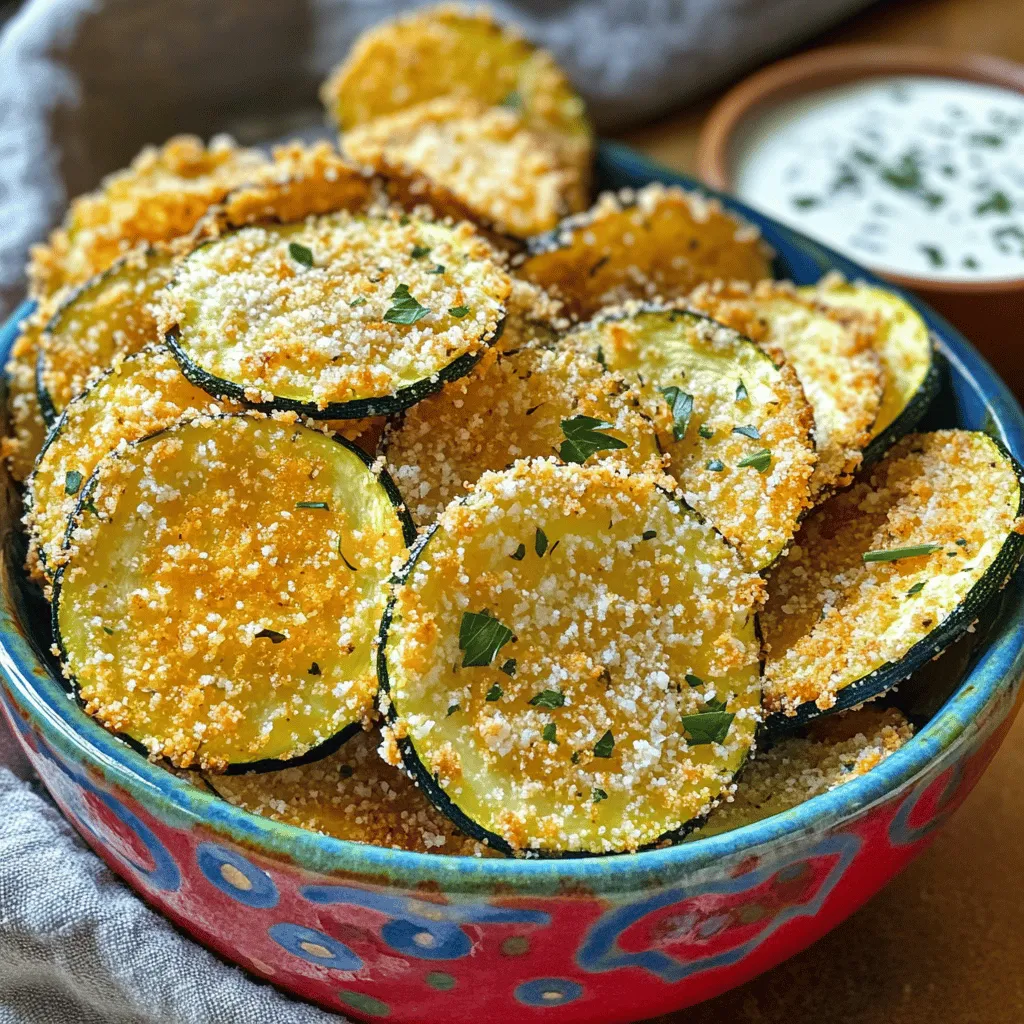 - 2 mittelgroße Zucchini - 1 Tasse Semmelbrösel (Pankomehl für extra Knusprigkeit) - 1/2 Tasse geriebener Parmesan Die Zucchini sind die Hauptzutat. Sie sind leicht und gesund. Sie bringen viel Geschmack. Die Semmelbrösel sorgen für die Knusprigkeit. Pankomehl ist eine gute Wahl, wenn Sie es noch knuspriger mögen. Parmesan gibt den Chips einen tollen, herzhaften Geschmack. - 1 Teelöffel Knoblauchpulver - 1 Teelöffel Zwiebelpulver - 1 Teelöffel getrockneter Oregano - 1/2 Teelöffel Salz - 1/4 Teelöffel schwarzer Pfeffer Die Gewürze machen die Chips besonders lecker. Knoblauch- und Zwiebelpulver bringen Tiefe. Oregano fügt eine schöne Kräuternote hinzu. Salz und Pfeffer runden den Geschmack ab. Sie können die Gewürze nach Ihrem Geschmack anpassen. - 2 große Eier - Olivenöl-Sprühnebel Eier helfen, die Zucchini zu panieren. Sie sorgen dafür, dass die Semmelbrösel gut haften. Der Olivenöl-Sprühnebel sorgt dafür, dass die Chips goldbraun werden. Er macht sie auch gesünder als Frittieren. Für das vollständige Rezept empfehle ich, die Anleitung „Knusprige Ofen-Zucchini-Chips“ zu lesen. Heize deinen Ofen auf 225°F (110°C) vor. Lege ein Backblech mit Backpapier aus. So bleibt das Blech sauber und die Chips kleben nicht fest. Wasche die Zucchini gründlich. Schneide sie in dünne Scheiben, etwa 1/8 Zoll dick. Je gleichmäßiger die Scheiben, desto knuspriger werden die Chips. Nimm eine Schüssel und vermenge die Semmelbrösel mit dem geriebenen Parmesan, Knoblauchpulver, Zwiebelpulver, Oregano, Salz und Pfeffer. In einer anderen Schüssel verquirle die Eier, bis sie schaumig sind. Tauche jede Zucchini-Scheibe zuerst in die Eier. Lass das überschüssige Ei abtropfen. Wälze die Scheibe dann in der Semmelbröselmischung. Lege die panierten Scheiben in einer einzigen Schicht auf das Backblech. Sprühe die Oberseite der Zucchini-Chips leicht mit Olivenöl ein. Backe die Chips etwa 2 Stunden. Nach 1 Stunde solltest du die Chips wenden, damit sie gleichmäßig garen. Achte auf eine goldbraune Farbe. Um die besten Zucchini-Chips zu machen, achte auf die Dicke der Scheiben. Du solltest die Zucchini in gleichmäßige Scheiben schneiden. Ich empfehle eine Dicke von etwa 1/8 Zoll. Wenn die Scheiben gleichmäßig sind, werden die Chips gleichmäßig knusprig. Ungleichmäßige Scheiben können dazu führen, dass einige Chips weich und andere zu hart sind. Die Gewürze kannst du nach deinem Geschmack ändern. Wenn du es scharf magst, füge etwas Chili-Pulver hinzu. Für einen mediterranen Geschmack, probiere getrockneten Thymian oder Basilikum. Wenn du Käse magst, kannst du mehr Parmesan verwenden oder verschiedene Käsesorten ausprobieren. Sei kreativ und finde deine perfekte Mischung! Die Präsentation macht einen großen Unterschied. Serviere die Zucchini-Chips in einer bunten Schüssel. Du kannst auch einen Dip dazu legen, wie hausgemachten Ranch oder Tzatziki. Ein paar frische Kräuter oben drauf machen das Gericht noch ansprechender. So sieht nicht nur gut aus, sondern schmeckt auch besser! {{image_4}} Die Zubereitung von Ofen-Baked Zucchini Chips bietet viele Möglichkeiten zur Anpassung. Hier sind einige meiner Lieblingsvariationen. Fügen Sie einen Hauch von Sojasauce und geröstetem Sesam hinzu. Diese Zutaten geben den Chips einen tollen Umami-Geschmack. Mischen Sie die Sojasauce mit den Eiern, um den Zucchini einen besonderen Kick zu verleihen. Bestreuen Sie die Chips vor dem Backen mit Sesam. Diese Kombination macht die Chips spannend und lecker. Käse bringt einen tollen Geschmack. Versuchen Sie, Cheddar oder Gouda zu verwenden. Sie können den Parmesan in der Panade ersetzen oder ergänzen. Reiben Sie den Käse grob, damit er gut schmilzt und die Chips umhüllt. Diese Käse-Variationen sorgen für einen herzhaften Snack, der einfach unwiderstehlich ist. Für einen scharfen Kick verwenden Sie Chili-Pulver oder Paprika. Fügen Sie diese Gewürze einfach zur Semmelbröselmischung hinzu. Für einen extra Schub an Geschmack, kombinieren Sie Chili mit etwas Knoblauch. Diese Varianten machen die Chips spannend und perfekt für die, die es gerne würzig mögen. Die besten Behälter für Zucchini-Chips sind luftdichte Dosen. Diese halten die Chips frisch. Sie können auch ein Glas verwenden. Achten Sie darauf, dass es gut schließt. Eine Papiertüte kann auch helfen, Feuchtigkeit zu reduzieren. Vermeiden Sie Plastiktüten, da sie Feuchtigkeit speichern können. Zucchini-Chips bleiben bis zu einer Woche frisch. Lagern Sie sie an einem kühlen, trockenen Ort. Nach ein paar Tagen können sie weich werden. Das passiert, wenn sie Luftfeuchtigkeit ausgesetzt sind. In diesem Fall sollten Sie sie schneller essen. Um die Knusprigkeit wiederherzustellen, heizen Sie Ihren Ofen auf 350°F (175°C). Legen Sie die Chips auf ein Backblech. Backen Sie sie für etwa 5 bis 10 Minuten. Achten Sie darauf, dass sie nicht verbrennen. Alternativ können Sie einen Toaster verwenden. Dies macht die Chips ebenfalls knusprig. Zucchini-Chips sind eine gute Wahl für Snacks. Sie sind kalorienarm und voller Nährstoffe. Eine Portion hat etwa 100 Kalorien, wenn Sie sie selbst machen. Im Vergleich zu Kartoffelchips sind sie viel gesünder. Kartoffelchips haben oft mehr Fett und Salz. Zucchini bietet Ballaststoffe, die gut für die Verdauung sind. Sie enthalten auch Vitamine wie A und C. Diese Vitamine stärken das Immunsystem und fördern die Gesundheit der Haut. Ja, Sie können die Chips frittieren, aber es gibt Vor- und Nachteile. Frittierte Chips sind oft knuspriger, aber auch fetter. Sie nehmen viel Öl auf, was die Kalorien erhöht. Im Gegensatz dazu sind gebackene Chips leichter und gesünder. Das Backen bringt den Zucchini-Geschmack besser zur Geltung. Außerdem ist es einfacher und weniger unordentlich als Frittieren. Wenn Sie also auf die Kalorien achten, ist Backen die bessere Wahl. Selbstgemachte Zucchini-Chips halten etwa eine Woche, wenn Sie sie richtig lagern. Bewahren Sie sie in einem luftdichten Behälter auf. Das schützt sie vor Feuchtigkeit und hält sie knusprig. Sie können auch die Chips im Gefrierschrank aufbewahren. Dort halten sie bis zu drei Monate. Wenn Sie sie wieder aufwärmen möchten, legen Sie sie für ein paar Minuten in den Ofen. So werden sie wieder knusprig. Für das vollständige Rezept besuchen Sie bitte den Link zu „Knusprige Ofen-Zucchini-Chips“. Diese Anleitung zeigt, wie man leckere Zucchini-Chips macht. Wir haben die besten Zutaten und Gewürze erwähnt. Die Schritt-für-Schritt-Anleitung hilft dir, sie perfekt zuzubereiten. Mit Tipps zur Knusprigkeit und verschiedenen Variationen kannst du deine Chips anpassen. Denke auch an die Lagerung, damit sie frisch bleiben. Diese gesunde Snack-Option ist einfach und macht Spaß. Also, schnapp dir deine Zucchini und leg los!