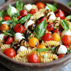 - 2 Tassen gekochte Fusilli-Pasta - 1 Tasse Kirschtomaten, halbiert - 1 Tasse frische Mozzarellabällchen (Bocconcini) - 1 Tasse frische Basilikumblätter, zerrissen - 1/4 Tasse Balsamico-Glasur Die Hauptzutaten machen den Caprese Pasta Salat besonders frisch und lecker. Fusilli-Pasta hat eine tolle Form, die die Soße gut aufnimmt. Kirschtomaten bringen Süße und Farbe. Mozzarellabällchen sind weich und cremig. Frische Basilikumblätter geben einen tollen Duft. Balsamico-Glasur fügt eine süß-saure Note hinzu. - 3 Esslöffel natives Olivenöl extra - 1 Esslöffel Zitronensaft - Salz und Pfeffer nach Geschmack - 1/4 Teelöffel Knoblauchpulver (optional) Die zusätzlichen Zutaten bringen mehr Geschmack. Olivenöl sorgt für eine glatte Textur. Zitronensaft fügt eine frische Säure hinzu. Salz und Pfeffer würzen den Salat perfekt. Knoblauchpulver kann optional für einen zusätzlichen Kick genutzt werden. Mit diesen Zutaten macht dieser Salat Freude und bringt Sommer auf den Tisch. Für das vollständige Rezept, schau dir die [Full Recipe] an. Zuerst koche ich die Fusilli-Pasta. Ich folge den Anweisungen auf der Verpackung. Es ist wichtig, die Pasta al dente zu kochen. So bleibt sie bissfest und lecker. Nach dem Kochen lasse ich die Pasta abtropfen. Dann spüle ich sie unter kaltem Wasser. Das hilft, die Pasta abzukühlen und klebrig zu machen. Jetzt kommt der spaßige Teil! Ich nehme die abgekühlte Pasta und gebe sie in eine große Schüssel. Dann füge ich die halbierten Kirschtomaten hinzu. Diese kleinen, süßen Tomaten machen den Salat frisch. Danach kommen die Mozzarellabällchen in die Schüssel. Diese sind weich und cremig. Ich zerrisse auch ein paar frische Basilikumblätter und mische alles sanft. So verbinden sich die Aromen gut. Für das Dressing nehme ich eine kleine Schüssel. Ich gebe die Balsamico-Glasur und das Olivenöl hinein. Dann füge ich einen Spritzer Zitronensaft hinzu. Das macht das Dressing spritzig. Nach dem Mischen kommen Salz und Pfeffer dazu. Ich mag auch einen Hauch von Knoblauchpulver. Das gibt dem Dressing einen tollen Geschmack. Ich rühre alles gut um, bis es gleichmäßig ist. Dann gieße ich das Dressing über den Pasta-Salat. Ich werfe die Zutaten vorsichtig, damit alles gut bedeckt ist. Wenn ich mag, probiere ich den Salat und passe die Würze an. Für das vollständige Rezept, schaue dir die [Full Recipe] an. - Pasta richtig abkühlen lassen: Nach dem Kochen sollten Sie die Fusilli-Pasta gründlich abspülen. Kaltes Wasser stoppt den Garprozess und hilft, die Pasta al dente zu halten. Lassen Sie sie danach gut abtropfen. So bleibt sie nicht klebrig und nimmt die Aromen besser auf. - Dressing vor dem Servieren anpassen: Vor dem Servieren probieren Sie den Salat. Manchmal braucht er mehr Salz, Pfeffer oder Balsamico-Glasur. Mischen Sie das Dressing gut durch, um sicherzustellen, dass jeder Bissen gut gewürzt ist. - Optische Präsentation: Servieren Sie den Caprese Pasta Salat in einer großen, schönen Schüssel. Ein Spritzer Balsamico-Glasur obenauf macht das Gericht noch ansprechender. Frische Basilikumblätter als Garnitur bringen Farbe und Frische. - Portionierung für Gäste: Teilen Sie den Salat in kleine Portionen auf. So können Ihre Gäste einfach zugreifen. Nutzen Sie kleine Schalen oder Teller, um den Salat stilvoll zu servieren. {{image_4}} Sie können Ihren Caprese Pasta Salat mit mehr Gemüse aufpeppen. Fügen Sie zum Beispiel Paprika, Gurken oder Zucchini hinzu. Diese geben dem Salat mehr Farbe und Frische. Sojaprotein oder Tofu sind auch tolle Ergänzungen. Sie machen den Salat noch nahrhafter und fügen einen köstlichen Geschmack hinzu. Wenn Sie glutenfrei essen, gibt es viele Optionen. Sie können glutenfreie Pasta verwenden, die in jedem Geschäft erhältlich ist. Diese Pasta schmeckt genauso gut wie die normale. Für das Dressing können Sie einfache Rezepte ausprobieren. Verwenden Sie zum Beispiel Olivenöl, Essig und Gewürze. So bleibt der Geschmack frisch und lecker. Möchten Sie etwas Neues probieren? Fügen Sie Avocado oder Rucola hinzu. Diese Zutaten sorgen für einen besonderen Kick. Auch exotische Öle wie Sesamöl oder Korianderöl machen den Salat spannend. Diese Öle bringen neue Aromen und heben das Gericht auf ein neues Level. Nach der Zubereitung sollten Sie den Caprese Pasta Salat sofort kühlen. Lassen Sie ihn nicht lange bei Raumtemperatur stehen. Im Kühlschrank bleibt der Salat frisch für etwa drei Tage. Achten Sie darauf, ihn gut zu kühlen. So bleiben die Zutaten knackig und lecker. Verpacken Sie den Salat in einen luftdichten Behälter. Dies hilft, den Geschmack und die Frische zu bewahren. Vermeiden Sie es, den Salat in eine offene Schüssel zu stellen. So gehen die Aromen verloren. Ein guter Behälter hält alles frisch und schmackhaft. Caprese Pasta Salat hält sich etwa drei bis fünf Tage im Kühlschrank. Die Aromen werden besser, je länger er steht. Nach der Zubereitung sollten Sie den Salat in einem luftdichten Behälter aufbewahren. So bleibt er frisch und lecker. Achten Sie darauf, ihn vor dem Servieren gut umzurühren. Ja, Sie können den Salat im Voraus machen. Bereiten Sie ihn bis zu zwei Tage vorher zu. Lassen Sie ihn im Kühlschrank kühlen. Mischen Sie das Dressing erst kurz vor dem Servieren dazu. So bleibt der Salat frisch und knackig. Wenn Sie frische Zutaten verwenden, schmeckt der Salat am besten. Die Rezeptur für Caprese Pasta Salat ist nicht vegan. Sie enthält Mozzarella, der aus Milch gemacht wird. Um eine vegane Variante zu machen, ersetzen Sie die Mozzarellabällchen durch pflanzliche Alternativen. Es gibt viele vegane Käseoptionen auf dem Markt. Achten Sie darauf, dass alle anderen Zutaten auch vegan sind. Dieser Caprese Pasta Salat vereint frische Zutaten wie Fusilli, Kirschtomaten und Mozzarella. Wir haben die Schritte zur perfekten Zubereitung durchgenommen. Tipps zur Präsentation und Lagerung helfen, das Gericht frisch zu halten. Variationen bringen neue Geschmäcker ins Spiel und machen den Salat anpassbar für alle. Plane deine Vorbereitung gut, um das Beste aus diesem Rezept herauszuholen. Genieße jeden Biss und teile die Freude!