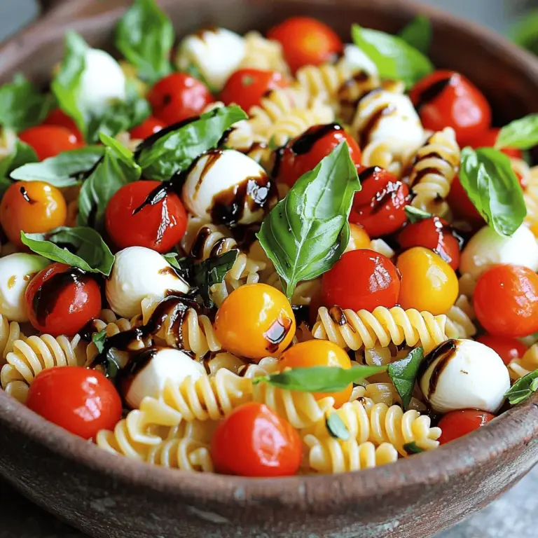 - 2 Tassen gekochte Fusilli-Pasta - 1 Tasse Kirschtomaten, halbiert - 1 Tasse frische Mozzarellabällchen (Bocconcini) - 1 Tasse frische Basilikumblätter, zerrissen - 1/4 Tasse Balsamico-Glasur Die Hauptzutaten machen den Caprese Pasta Salat besonders frisch und lecker. Fusilli-Pasta hat eine tolle Form, die die Soße gut aufnimmt. Kirschtomaten bringen Süße und Farbe. Mozzarellabällchen sind weich und cremig. Frische Basilikumblätter geben einen tollen Duft. Balsamico-Glasur fügt eine süß-saure Note hinzu. - 3 Esslöffel natives Olivenöl extra - 1 Esslöffel Zitronensaft - Salz und Pfeffer nach Geschmack - 1/4 Teelöffel Knoblauchpulver (optional) Die zusätzlichen Zutaten bringen mehr Geschmack. Olivenöl sorgt für eine glatte Textur. Zitronensaft fügt eine frische Säure hinzu. Salz und Pfeffer würzen den Salat perfekt. Knoblauchpulver kann optional für einen zusätzlichen Kick genutzt werden. Mit diesen Zutaten macht dieser Salat Freude und bringt Sommer auf den Tisch. Für das vollständige Rezept, schau dir die [Full Recipe] an. Zuerst koche ich die Fusilli-Pasta. Ich folge den Anweisungen auf der Verpackung. Es ist wichtig, die Pasta al dente zu kochen. So bleibt sie bissfest und lecker. Nach dem Kochen lasse ich die Pasta abtropfen. Dann spüle ich sie unter kaltem Wasser. Das hilft, die Pasta abzukühlen und klebrig zu machen. Jetzt kommt der spaßige Teil! Ich nehme die abgekühlte Pasta und gebe sie in eine große Schüssel. Dann füge ich die halbierten Kirschtomaten hinzu. Diese kleinen, süßen Tomaten machen den Salat frisch. Danach kommen die Mozzarellabällchen in die Schüssel. Diese sind weich und cremig. Ich zerrisse auch ein paar frische Basilikumblätter und mische alles sanft. So verbinden sich die Aromen gut. Für das Dressing nehme ich eine kleine Schüssel. Ich gebe die Balsamico-Glasur und das Olivenöl hinein. Dann füge ich einen Spritzer Zitronensaft hinzu. Das macht das Dressing spritzig. Nach dem Mischen kommen Salz und Pfeffer dazu. Ich mag auch einen Hauch von Knoblauchpulver. Das gibt dem Dressing einen tollen Geschmack. Ich rühre alles gut um, bis es gleichmäßig ist. Dann gieße ich das Dressing über den Pasta-Salat. Ich werfe die Zutaten vorsichtig, damit alles gut bedeckt ist. Wenn ich mag, probiere ich den Salat und passe die Würze an. Für das vollständige Rezept, schaue dir die [Full Recipe] an. - Pasta richtig abkühlen lassen: Nach dem Kochen sollten Sie die Fusilli-Pasta gründlich abspülen. Kaltes Wasser stoppt den Garprozess und hilft, die Pasta al dente zu halten. Lassen Sie sie danach gut abtropfen. So bleibt sie nicht klebrig und nimmt die Aromen besser auf. - Dressing vor dem Servieren anpassen: Vor dem Servieren probieren Sie den Salat. Manchmal braucht er mehr Salz, Pfeffer oder Balsamico-Glasur. Mischen Sie das Dressing gut durch, um sicherzustellen, dass jeder Bissen gut gewürzt ist. - Optische Präsentation: Servieren Sie den Caprese Pasta Salat in einer großen, schönen Schüssel. Ein Spritzer Balsamico-Glasur obenauf macht das Gericht noch ansprechender. Frische Basilikumblätter als Garnitur bringen Farbe und Frische. - Portionierung für Gäste: Teilen Sie den Salat in kleine Portionen auf. So können Ihre Gäste einfach zugreifen. Nutzen Sie kleine Schalen oder Teller, um den Salat stilvoll zu servieren. {{image_4}} Sie können Ihren Caprese Pasta Salat mit mehr Gemüse aufpeppen. Fügen Sie zum Beispiel Paprika, Gurken oder Zucchini hinzu. Diese geben dem Salat mehr Farbe und Frische. Sojaprotein oder Tofu sind auch tolle Ergänzungen. Sie machen den Salat noch nahrhafter und fügen einen köstlichen Geschmack hinzu. Wenn Sie glutenfrei essen, gibt es viele Optionen. Sie können glutenfreie Pasta verwenden, die in jedem Geschäft erhältlich ist. Diese Pasta schmeckt genauso gut wie die normale. Für das Dressing können Sie einfache Rezepte ausprobieren. Verwenden Sie zum Beispiel Olivenöl, Essig und Gewürze. So bleibt der Geschmack frisch und lecker. Möchten Sie etwas Neues probieren? Fügen Sie Avocado oder Rucola hinzu. Diese Zutaten sorgen für einen besonderen Kick. Auch exotische Öle wie Sesamöl oder Korianderöl machen den Salat spannend. Diese Öle bringen neue Aromen und heben das Gericht auf ein neues Level. Nach der Zubereitung sollten Sie den Caprese Pasta Salat sofort kühlen. Lassen Sie ihn nicht lange bei Raumtemperatur stehen. Im Kühlschrank bleibt der Salat frisch für etwa drei Tage. Achten Sie darauf, ihn gut zu kühlen. So bleiben die Zutaten knackig und lecker. Verpacken Sie den Salat in einen luftdichten Behälter. Dies hilft, den Geschmack und die Frische zu bewahren. Vermeiden Sie es, den Salat in eine offene Schüssel zu stellen. So gehen die Aromen verloren. Ein guter Behälter hält alles frisch und schmackhaft. Caprese Pasta Salat hält sich etwa drei bis fünf Tage im Kühlschrank. Die Aromen werden besser, je länger er steht. Nach der Zubereitung sollten Sie den Salat in einem luftdichten Behälter aufbewahren. So bleibt er frisch und lecker. Achten Sie darauf, ihn vor dem Servieren gut umzurühren. Ja, Sie können den Salat im Voraus machen. Bereiten Sie ihn bis zu zwei Tage vorher zu. Lassen Sie ihn im Kühlschrank kühlen. Mischen Sie das Dressing erst kurz vor dem Servieren dazu. So bleibt der Salat frisch und knackig. Wenn Sie frische Zutaten verwenden, schmeckt der Salat am besten. Die Rezeptur für Caprese Pasta Salat ist nicht vegan. Sie enthält Mozzarella, der aus Milch gemacht wird. Um eine vegane Variante zu machen, ersetzen Sie die Mozzarellabällchen durch pflanzliche Alternativen. Es gibt viele vegane Käseoptionen auf dem Markt. Achten Sie darauf, dass alle anderen Zutaten auch vegan sind. Dieser Caprese Pasta Salat vereint frische Zutaten wie Fusilli, Kirschtomaten und Mozzarella. Wir haben die Schritte zur perfekten Zubereitung durchgenommen. Tipps zur Präsentation und Lagerung helfen, das Gericht frisch zu halten. Variationen bringen neue Geschmäcker ins Spiel und machen den Salat anpassbar für alle. Plane deine Vorbereitung gut, um das Beste aus diesem Rezept herauszuholen. Genieße jeden Biss und teile die Freude!