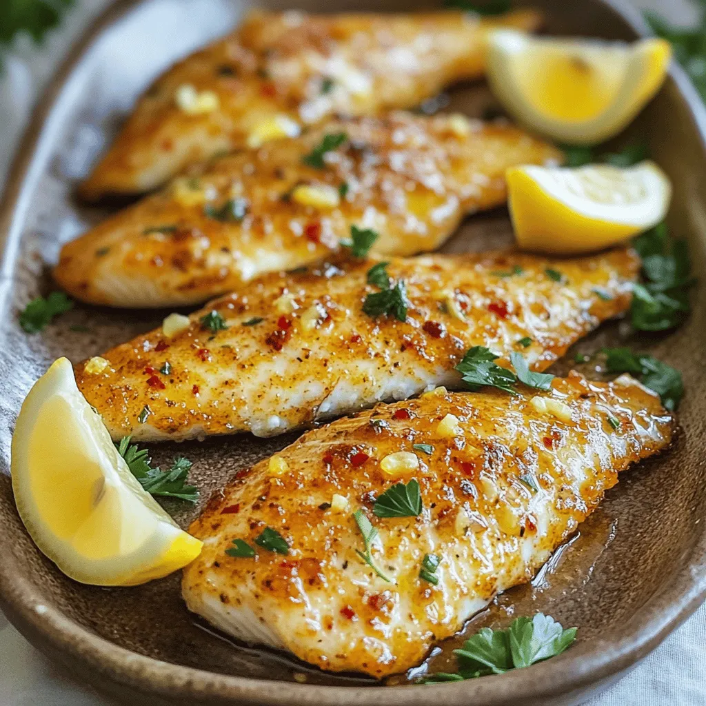 Für dein Gericht brauchst du einige frische Zutaten. Hier sind die Hauptzutaten: - 4 Tilapiafilets - 4 Esslöffel Olivenöl - 4 Knoblauchzehen, fein gehackt - 1 Teelöffel rote Pfefferflocken (nach Geschmack anpassen) - Schale und Saft von 2 Zitronen - 1 Teelöffel geräuchertes Paprikapulver - Salz und Pfeffer nach Geschmack Diese Zutaten sorgen für einen tollen Geschmack und eine schöne Textur. Der Tilapia ist mild und nimmt die Aromen gut auf. Die Gewürze bringen den Geschmack zum Leben. Hier sind die wichtigsten: - Rote Pfefferflocken: Sie geben Schärfe. Du kannst die Menge nach deinem Geschmack anpassen. - Geräuchertes Paprikapulver: Das fügt eine rauchige Note hinzu. Es macht das Gericht interessanter. - Salz und Pfeffer: Diese Grundgewürze sind wichtig. Sie bringen alle Aromen zusammen. Mit diesen Gewürzen wird dein Tilapia lecker und aufregend. Frische Kräuter machen jedes Gericht schöner. Hier sind ein paar gute Optionen: - Petersilie: Sie hat einen milden Geschmack und sieht toll aus. - Koriander: Er gibt einen frischen Touch und passt gut zum Fisch. Garnieren mit frischen Kräutern macht deinen gebackenen Tilapia noch appetitlicher. Wenn du mehr über die Zubereitung erfahren möchtest, schau dir das [Full Recipe] an. Heizen Sie Ihren Ofen auf 200°C vor. Dieser Schritt ist wichtig, um gleichmäßige Hitze zu gewährleisten. Während der Ofen aufheizt, bereiten Sie ein Backblech vor. Legen Sie Backpapier auf das Blech oder fetten Sie es mit etwas Kochspray ein. So bleibt der Fisch nicht kleben und das Aufräumen wird einfacher. Jetzt kommt der spaßige Teil – die Marinade! Nehmen Sie eine kleine Schüssel und geben Sie die folgenden Zutaten hinein: - 4 Esslöffel Olivenöl - 4 fein gehackte Knoblauchzehen - 1 Teelöffel rote Pfefferflocken (nach Geschmack anpassen) - Schale und Saft von 2 Zitronen - 1 Teelöffel geräuchertes Paprikapulver - Salz und Pfeffer nach Geschmack Mischen Sie alles gut. Die Aromen verbinden sich und schaffen eine köstliche Marinade. Diese wird dem Fisch einen tollen Geschmack geben. Legen Sie die Tilapiafilets nun auf das vorbereitete Backblech. Nehmen Sie einen Pinsel oder einen Löffel und tragen Sie die Marinade großzügig auf jedes Filet auf. Sehen Sie, wie das Olivenöl und der Knoblauch eine leckere Schicht bilden. Backen Sie den Tilapia im vorgeheizten Ofen für etwa 15-20 Minuten. Der Fisch ist fertig, wenn er undurchsichtig wird und leicht mit einer Gabel zerteilt werden kann. Überprüfen Sie die Garstärke, um sicherzustellen, dass er perfekt gegart ist. Lassen Sie ihn nach dem Garen ein paar Minuten ruhen. Garnieren Sie ihn dann mit frischer Petersilie oder Koriander. Für das vollständige Rezept besuchen Sie die [Full Recipe]. Die Garzeit für Tilapia liegt meistens zwischen 15 und 20 Minuten. Der Fisch sollte undurchsichtig sein und leicht mit einer Gabel zerfallen. Dickere Filets brauchen mehr Zeit. Prüfen Sie nach 15 Minuten, ob der Fisch fertig ist. Ich bevorzuge frischen Knoblauch für diesen Fisch. Er hat einen kräftigeren Geschmack. Getrockneter Knoblauch ist zwar praktisch, hat aber nicht die gleiche Frische. Wenn Sie frischen Knoblauch verwenden, hacken Sie ihn fein. So verteilt sich der Geschmack besser. Um Überkochen zu vermeiden, verwenden Sie die richtige Temperatur. 200°C ist ideal. Überprüfen Sie den Fisch regelmäßig. Wenn er fest und undurchsichtig ist, nehmen Sie ihn aus dem Ofen. Lassen Sie ihn nach dem Backen kurz ruhen. So bleibt er saftig und zart. Für das komplette Rezept, schauen Sie sich den [Full Recipe] an! {{image_4}} Wenn Sie keinen Tilapia haben, probieren Sie stattdessen andere Fische. Lachs ist eine großartige Wahl. Er hat einen reichen Geschmack und eine feste Textur. Kabeljau ist ebenfalls ein guter Ersatz. Er hat ein mildes Aroma und wird leicht zart. Forelle kann auch funktionieren. Ihr feiner Geschmack passt gut zu Zitrone und Knoblauch. Um die Marinade zu verbessern, können Sie verschiedene Aromen hinzufügen. Versuchen Sie, ein wenig Honig für Süße hinzuzufügen. Ein Spritzer Sojasauce bringt einen salzigen Kick. Frische Kräuter wie Thymian oder Oregano geben der Marinade mehr Tiefe. Wenn Sie es schärfer mögen, fügen Sie mehr rote Pfefferflocken hinzu. Diese kleinen Änderungen machen das Gericht noch spannender. Beilagen können Ihr Gericht komplett machen. Gedämpftes Gemüse ist eine gesunde Wahl. Brokkoli oder grüne Bohnen passen gut dazu. Ein leichter Salat mit Zitronendressing ergänzt die Aromen der Marinade. Auch Reis oder Quinoa sind tolle Optionen. Diese Beilagen machen Ihr Essen nahrhaft und lecker. Wenn Sie noch Tilapia übrig haben, lassen Sie ihn zuerst abkühlen. Wickeln Sie die Filets fest in Frischhaltefolie oder legen Sie sie in einen luftdichten Behälter. Dies hilft, die Feuchtigkeit zu bewahren. Lagern Sie den Tilapia im Kühlschrank. So bleibt der Geschmack frisch und lecker. Um den Tilapia wieder aufzuwärmen, heizen Sie den Ofen auf 180°C. Legen Sie die Filets auf ein Backblech und bedecken Sie sie mit Aluminiumfolie. So bleibt der Fisch saftig. Erwärmen Sie ihn für etwa 10 Minuten oder bis er heiß ist. Vermeiden Sie die Mikrowelle, um ein Austrocknen zu verhindern. Im Kühlschrank hält sich der übrig gebliebene Tilapia etwa 2 bis 3 Tage. Wenn Sie ihn länger aufbewahren möchten, frieren Sie ihn ein. Im Gefrierschrank bleibt er bis zu 3 Monate frisch. Achten Sie darauf, ihn gut verpackt einzufrieren, um Gefrierbrand zu vermeiden. Tilapia sollte 15 bis 20 Minuten gebacken werden. Die genaue Zeit hängt von der Dicke der Filets ab. Der Fisch wird fertig, wenn er undurchsichtig ist und leicht mit einer Gabel zerteilt werden kann. Wenn Sie ihn zu lange backen, wird er trocken. Ich empfehle, nach 15 Minuten zu prüfen, ob er fertig ist. Ja, gefrorenen Tilapia können Sie verwenden. Lassen Sie ihn zuerst auftauen, bevor Sie ihn backen. Das kann im Kühlschrank oder in kaltem Wasser geschehen. Ein schnelleres Auftauen ist möglich, aber vermeiden Sie heißes Wasser. Es kann die Textur des Fisches beeinträchtigen. Verwenden Sie die gleiche Marinade wie im Full Recipe. Gebackener Tilapia harmoniert gut mit vielen Beilagen. Hier sind einige Vorschläge: - Gedämpftes Gemüse wie Brokkoli oder grüne Bohnen - Ein leichter Salat mit frischen Kräutern - Reis oder Quinoa für mehr Fülle - Kartoffeln in jeder Form, ob püriert oder gebacken Diese Beilagen ergänzen die Aromen des würzigen Zitronen-Knoblauch gebackenen Tilapia perfekt. Dieser Artikel hat Ihnen alle wichtigen Elemente für würzigen Zitronen-Knoblauch gebackenen Tilapia präsentiert. Wir haben die Zutaten durchgesprochen, von den Hauptzutaten bis zu frischen Kräutern. Die Schritt-für-Schritt-Anleitung macht die Zubereitung einfach. Sie haben Tipps zur perfekten Garzeit und zur Lagerung gelernt. Experimentieren Sie mit Variationen, um neue Geschmäcker zu entdecken. Nutzen Sie das Wissen, um köstliche Gerichte zu zaubern. Kochen Sie viel und genießen Sie Ihre köstlichen Kreationen!